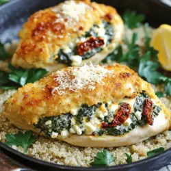 - 4 Hähnchenbrustfilets ohne Knochen und Haut - 2 Tassen frischer Spinat, grob gehackt - 1 Tasse Feta-Käse, zerbröselt - 1 Tasse Frischkäse, zimmerwarm - 2 Knoblauchzehen, fein gehackt - 1 Teelöffel getrockneter Oregano - 1 Teelöffel Salz - 1/2 Teelöffel schwarzer Pfeffer - 2 Esslöffel Olivenöl Die Hauptzutaten sind einfach zu finden. Hähnchenbrustfilets sind das Herzstück. Sie sind zart und lassen sich gut füllen. Die Kombination aus Spinat und Feta bringt viel Geschmack. Feta ist salzig und cremig, perfekt für die Füllung. Frischkäse macht die Mischung noch reichhaltiger. Gewürze wie Oregano, Salz und Pfeffer runden das Gericht ab. - 1/4 Tasse getrocknete Tomaten, gehackt (optional) - 1/4 Tasse geriebener Parmesan (zum Überbacken) Wenn du es etwas bunter magst, füge getrocknete Tomaten hinzu. Sie bringen eine süße Note. Parmesan ist toll, um das Hähnchen zu überbacken. Er gibt dem Gericht eine knusprige Kruste. Diese Zutaten sind nicht notwendig, aber sie machen das Gericht besonders. - Ofenfeste Pfanne - Schüssel zum Vermengen Für die Zubereitung brauchst du eine ofenfeste Pfanne. Sie ist ideal zum Anbraten und Backen. Eine Schüssel zum Vermengen ist ebenfalls nötig. Damit mischst du die Füllung einfach und schnell. Diese Utensilien machen die Zubereitung leicht und effizient. Für das vollständige Rezept, schau dir den [Full Recipe] an. Beginne mit dem Hähnchen. Du brauchst vier Hähnchenbrustfilets. Schneide jedes Filet vorsichtig horizontal ein. Achte darauf, die Filets nicht ganz durchzuschneiden. So kannst du sie gut füllen. Jetzt ist es Zeit, die Füllung vorzubereiten. In einer großen Schüssel vermenge den grob gehackten Spinat, zerbröselten Feta, zimmerwarmen Frischkäse, und den feingehackten Knoblauch. Wenn du magst, füge die getrockneten Tomaten hinzu. Streue Oregano, Salz und Pfeffer hinein. Mische alles gut, bis es eine homogene Füllung ergibt. Erhitze das Olivenöl in einer großen, ofenfesten Pfanne bei mittlerer Hitze. Wenn das Öl heiß ist, lege die gefüllten Hähnchenbrüste in die Pfanne. Brate sie ca. 4-5 Minuten auf jeder Seite an, bis sie goldbraun sind. Jetzt kommt der nächste Schritt. Streue den geriebenen Parmesan gleichmäßig über die Hähnchenbrüste. Übertrage die Pfanne in den vorgeheizten Ofen bei 190 °C (375 °F). Backe das Hähnchen 20-25 Minuten lang, bis es vollständig durchgegart ist. Die Innentemperatur sollte 74 °C (165 °F) erreichen. Nimm das Hähnchen aus dem Ofen und lass es 5 Minuten ruhen. Dies hilft, den Saft zu bewahren. Schneide die Hähnchenbrust auf und serviere sie auf einem Bett aus Quinoa oder Reis. Gib frische Kräuter wie Petersilie darüber oder einen Zitronenschnitz dazu. Das sieht nicht nur gut aus, sondern bringt auch zusätzlichen Geschmack. Wenn du mehr Details brauchst, schau dir das [Full Recipe] an. - Wie man die Füllung optimal zubereitet: Beginne mit frischem Spinat. Zerkleinere ihn grob. Mische ihn dann mit Feta, Frischkäse und Knoblauch. Das macht die Füllung cremig und voller Geschmack. Achte darauf, die Gewürze gut zu verteilen. So wird jede Bissen lecker. - Den perfekten Anbratzeitpunkt erkennen: Du erkennst, dass das Öl heiß ist, wenn es leicht schimmert. Lege die Hähnchenbrüste vorsichtig in die Pfanne. Brate sie etwa 4-5 Minuten pro Seite an. Sie sollten goldbraun sein. Dies gibt dem Hähnchen eine schöne Kruste und einen tollen Geschmack. - Beilagenempfehlungen wie Quinoa oder Reis: Quinoa ist eine tolle, gesunde Beilage. Es passt sehr gut zu Hühnchen. Auch Reis ist eine gute Wahl. Er nimmt die Aromen der Füllung auf und sorgt für eine ausgewogene Mahlzeit. - Garnierungsoptionen: Garnieren kannst du mit frischen Kräutern wie Petersilie oder Basilikum. Ein Zitronenschnitz bringt Frische. Das macht das Gericht nicht nur schön, sondern auch noch schmackhafter. - Tipps zur Vermeidung von Trockenheit im Hühnchen: Um trockenes Hühnchen zu vermeiden, achte auf die Garzeit. Überprüfe die Innentemperatur. Wenn sie 74 °C erreicht, ist das Hähnchen perfekt. Lass es nach dem Backen 5 Minuten ruhen. So bleibt der Saft im Hühnchen. - Gleichmäßige Verteilung der Füllung: Achte darauf, die Füllung gleichmäßig in die Hähnchenbrust zu geben. Drücke die Füllung leicht an, damit sie nicht herausfällt. Eine gleichmäßige Verteilung sorgt für einen tollen Geschmack in jedem Bissen. {{image_4}} Für das Spinatsalat und Feta gefülltes Hühnchen kann man mit verschiedenen Käsesorten experimentieren. Zum Beispiel ist Ziegenkäse eine tolle Wahl. Er hat einen kräftigen Geschmack, der gut zum Spinat passt. Auch Mozzarella kann die Füllung cremig machen und einen milden Geschmack bringen. Zusätzlich kann man andere Gemüsesorten in die Füllung einbeziehen. Paprika, Zucchini oder sogar Artischocken machen das Gericht bunter und gesünder. Diese Zutaten bringen Farbe und neue Aromen in das Gericht. Man kann das Hühnchen auf verschiedene Arten zubereiten. Grillen gibt dem Hühnchen einen rauchigen Geschmack. Es wird auch schön knusprig. Achte darauf, die Hitze nicht zu hoch einzustellen, damit das Hühnchen nicht austrocknet. Das Backen im Ofen ist eine andere gute Option. Diese Methode sorgt dafür, dass das Hühnchen gleichmäßig gart. Man kann das Hühnchen auch in einem Slow Cooker zubereiten. Diese Methode macht das Fleisch sehr zart und saftig. Die Füllung bleibt dabei ebenfalls feucht. Wenn du das Hühnchen etwas schärfer magst, füge Chili oder Paprika hinzu. Diese Gewürze geben dem Gericht einen herzhaften Kick. Für eine mediterrane Note kannst du Kräuter der Provence verwenden. Diese Mischung aus Thymian, Rosmarin und Oregano bringt einen frischen Geschmack. Es gibt viele Möglichkeiten, das Gericht deinen Vorlieben anzupassen. Lass deiner Kreativität freien Lauf! Lagern Sie das gefüllte Hühnchen in einem luftdichten Behälter. Achten Sie darauf, dass die Füllung nicht trocken wird. Stellen Sie den Behälter in den Kühlschrank. So bleibt das Hühnchen frisch und lecker. Ideal sind Temperaturen von 0 bis 4 Grad Celsius. Essen Sie das Hühnchen innerhalb von drei Tagen. Um gefülltes Hühnchen einzufrieren, lassen Sie es zuerst vollständig abkühlen. Wickeln Sie jedes Stück in Frischhaltefolie. Legen Sie die Hühnchenstücke dann in einen Gefrierbeutel. Drücken Sie die Luft heraus und verschließen Sie den Beutel gut. So bleibt das Hühnchen bis zu drei Monate frisch. Zum Auftauen legen Sie das Hühnchen in den Kühlschrank. Warten Sie mindestens acht Stunden. Erwärmen Sie es dann in einem Ofen oder einer Pfanne bei mittlerer Hitze. Gefülltes Hühnchen bleibt im Kühlschrank drei Tage haltbar. Achten Sie auf Anzeichen von Verderb. Wenn das Hühnchen unangenehm riecht oder die Farbe sich verändert, werfen Sie es weg. Auch eine schleimige Textur ist ein Warnzeichen. Vertrauen Sie Ihrem Gefühl. Sicherheit geht vor, auch beim Genuss. Die Gesamtzeit beträgt 50 Minuten. Die Vorbereitungszeit liegt bei 15 Minuten. In dieser Zeit schneiden Sie das Hähnchen und bereiten die Füllung vor. Dann braten Sie das Hühnchen an und backen es im Ofen. Es ist einfach und schnell gemacht. Ja, Sie können die Füllung im Voraus zubereiten. Mischen Sie einfach Spinat, Feta und Frischkäse in einer Schüssel. Sie können die Füllung bis zu zwei Tage im Kühlschrank aufbewahren. Dies spart Zeit, wenn Sie das Hühnchen am Tag der Zubereitung machen. Denken Sie daran, die Füllung vor der Verwendung auf Raumtemperatur zu bringen. Gefülltes Hühnchen ist gesund. Es enthält mageres Hähnchenfleisch, das eine gute Proteinquelle ist. Spinat liefert wichtige Vitamine und Mineralstoffe. Feta-Käse hat weniger Fett als andere Käsesorten. Die Kombination sorgt für ein ausgewogenes Gericht. Achten Sie darauf, frische Zutaten zu verwenden, um die Nährstoffe zu erhalten. Zu gefülltem Hühnchen passen viele gesunde Beilagen. Quinoa ist eine großartige Wahl, da es viel Eiweiß enthält. Auch brauner Reis harmoniert gut. Gemüse wie gedünstete Brokkoli oder Karotten sind ebenfalls lecker. Frischer Salat sorgt für einen knackigen Kontrast. Servieren Sie die Beilagen auf einem schönen Teller, um das Gericht zu präsentieren. Zusammenfassend haben wir die wichtigsten Zutaten sowie die Schritte zur Zubereitung von gefülltem Hühnchen besprochen. Ich habe Ihnen Tipps gegeben, um häufige Fehler zu vermeiden und Variationen zu erkunden. Denken Sie daran, Ihre Füllung frisch und lecker zu halten. Genießen Sie das Gericht mit passenden Beilagen und garnieren Sie es hübsch. So wird Ihr gefülltes Hühnchen nicht nur gut schmecken, sondern auch toll aussehen. Viel Spaß beim Kochen und Ausprobieren!