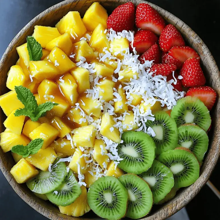 Um einen perfekten tropischen Fruchtsalat zuzubereiten, benötigst du: - 1 reife Ananas, geschält und gewürfelt - 2 reife Mangos, gewürfelt - 2 Kiwis, geschält und in Scheiben geschnitten - 1 Tasse Erdbeeren, entkelcht und halbiert - 1 mittelgroße Papaya, gewürfelt - 1 Banane, in Scheiben geschnitten - 1/2 Tasse ungesüßte Kokosnussflocken - 2 Esslöffel Honig oder Agavensirup - Saft von 1 Limette - Frische Minzblätter zur Dekoration Diese Zutaten machen deinen Salat frisch und lecker. Die Kombination der Früchte sorgt für einen süßen und saftigen Geschmack. Außerdem gibt es viele Vitamine und Mineralstoffe, die gesund sind. Wie erkennst du reife Ananas, Mangos und Papayas? - Ananas: Sie sollte fest sein und einen süßen Duft haben. - Mangos: Sie sollten leicht weich sein, wenn du sie drückst, und eine goldene Farbe haben. - Papayas: Sie sind reif, wenn die Schale gelb-orange ist und sie leicht nachgeben. Für Kiwis und Erdbeeren ist der optimale Reifegrad: - Kiwis: Sie sollten leicht weich sein, aber nicht matschig. - Erdbeeren: Sie sollten rot und glänzend sein, ohne grüne Stellen. Mit diesen Tipps kannst du die besten Früchte für deinen Salat auswählen. Wenn du die richtigen Früchte nimmst, wird der Geschmack deines Salats noch besser! Für das vollständige Rezept, schau dir die Details in der [Full Recipe] an. Beginnen Sie mit der Vorbereitung der Früchte. Schälen Sie die Ananas und würfeln Sie sie in kleine Stücke. Mangos sind süß und saftig. Schneiden Sie sie ebenfalls in Würfel. Kiwis sollten Sie schälen und dann in dünne Scheiben schneiden. Erdbeeren, frisch und rot, müssen entkelcht und halbiert werden. Papaya hat ein weiches Fruchtfleisch. Schneiden Sie sie in kleine Würfel. Die Banane wird zuletzt in Scheiben geschnitten, da sie schnell braun wird. Verwenden Sie ein scharfes Messer, um die Früchte gleichmäßig zu schneiden. So erhalten Sie eine schöne Textur. Jetzt vermengen Sie alle vorbereiteten Früchte in einer großen Schüssel. Sehen Sie sich die Farben an! Das sieht toll aus! In einer kleinen Schüssel mischen Sie den Honig oder Agavensirup mit dem Limettensaft. Rühren Sie die Mischung gut um, bis sie gleichmäßig ist. Gießen Sie diese Mischung über die Früchte. Werfen Sie alles vorsichtig, damit die Früchte nicht zerdrücken. Lassen Sie den Salat etwa 10 Minuten bei Zimmertemperatur ruhen. So können sich die Aromen gut entfalten. Kurz vor dem Servieren streuen Sie die ungesüßten Kokosnussflocken gleichmäßig über den Salat. Mischen Sie sie sanft unter. Garnieren Sie den Fruchtsalat mit frischen Minzblättern. Dies gibt einen schönen Farbkontrast und einen tollen Geschmack. Genießen Sie diesen tropischen Genuss! Um den Fruchtsalat frisch zu halten, sollten Sie einige einfache Schritte beachten. Lagern Sie den Salat in einem luftdichten Behälter. Dies hilft, die Früchte knackig zu halten. Stellen Sie den Behälter in den Kühlschrank. So bleibt der Salat bis zu zwei Tage frisch. Wenn Sie den Salat servieren, mischen Sie die Früchte sanft. Verwenden Sie einen großen Löffel, um die Früchte nicht zu zerdrücken. Gehen Sie vorsichtig vor, damit jede Frucht ihren Platz behält. Das sorgt für eine schöne Präsentation. Sie können die Früchte ganz nach Saison tauschen. Wenn Erdbeeren nicht mehr frisch sind, probieren Sie Himbeeren oder Heidelbeeren. Diese Früchte bringen auch Farbe und Geschmack. Für mehr Crunch fügen Sie Nüsse oder Samen hinzu. Walnüsse oder Mandeln passen perfekt. Auch Chiasamen oder Leinsamen sind tolle Optionen. Diese Zutaten erhöhen den Nährwert und den Geschmack des Salats. Für die vollständige Rezeptanleitung, schauen Sie sich das [Full Recipe] an. {{image_4}} Für einen besonderen Genuss mischen Sie Passionsfrucht oder Papaya in Ihre Salate. Passionsfrucht hat einen süßen, saftigen Geschmack. Sie bringt eine tropische Note, die jeden Salat aufpeppt. Papaya ist ebenfalls eine tolle Wahl. Ihr süßer, frischer Geschmack harmoniert gut mit anderen Früchten. Eine andere Idee ist, fruchtige Salsas zu machen. Diese passen perfekt zu gegrilltem Fleisch oder Fisch. Mischen Sie gewürfelte Ananas, Mangos und Limettensaft. Fügen Sie etwas Chili für einen scharfen Kick hinzu. So entsteht eine tolle Beilage, die jeder liebt. Wenn Sie vegan essen, können Sie den Honig durch Agavensirup ersetzen. Agavensirup ist süß und passt gut zu tropischen Früchten. Diese Variante bleibt vegan und lecker. Für glutenfreie Optionen müssen Sie keine Änderungen vornehmen. Alle Zutaten sind glutenfrei. Wenn Sie Zuckeralternativen suchen, verwenden Sie Stevia oder Kokosblütenzucker. Diese Optionen sind gesünder und geben dem Salat einen besonderen Geschmack. Für eine vollständige Anleitung, schauen Sie sich das [Full Recipe] an. Um Fruchtsalat frisch zu halten, lagere ihn in einem luftdichten Behälter. Stelle sicher, dass der Behälter gut verschlossen ist. So bleibt der Salat knackig und saftig. Halte ihn im Kühlschrank, um die Frische zu bewahren. Der Fruchtsalat hält sich dort etwa 2 bis 3 Tage. Nach dieser Zeit kann er an Geschmack verlieren. Hast du Reste vom Fruchtsalat? Kein Problem! Du kannst sie in Smoothies verwenden. Mische die Reste mit etwas Joghurt oder Saft für einen leckeren Drink. Eine andere Idee ist, die Reste in Desserts zu integrieren. Füge sie zu Joghurt oder Pudding hinzu. So zauberst du schnell einen fruchtigen Snack! Sie können den tropischen Fruchtsalat im Kühlschrank bis zu drei Tage aufbewahren. Um die Frische zu erhalten, decken Sie den Salat gut ab. Verwenden Sie eine luftdichte Schüssel oder Frischhaltefolie. Stellen Sie sicher, dass der Salat nicht in der Nähe von starken Gerüchen gelagert wird. So bleibt er lecker und frisch. Ja, gefrorene Früchte sind eine gute Option. Sie sind oft reif und süß, wenn sie eingefroren werden. Allerdings gibt es Vor- und Nachteile. Vorteile: - Immer verfügbar, unabhängig von der Saison. - Sie sparen Zeit beim Schneiden und Vorbereiten. Nachteile: - Gefrorene Früchte können beim Auftauen matschig werden. - Der Geschmack kann sich leicht ändern. Wenn Sie gefrorene Früchte verwenden, lassen Sie sie zuerst auftauen. Lassen Sie sie gut abtropfen, um überschüssige Flüssigkeit zu vermeiden. Es gibt viele Zutaten, die Sie hinzufügen können, um den Salat zu variieren. Hier sind einige beliebte Optionen: - Zitrusfrüchte: Orangen oder Grapefruits bringen Frische. - Beeren: Himbeeren oder Blaubeeren fügen Farbe und Süße hinzu. - Nüsse: Mandeln oder Cashews geben einen schönen Crunch. - Joghurt: Ein Klecks griechischer Joghurt macht den Salat cremiger. Experimentieren Sie mit verschiedenen Kombinationen, um Ihren perfekten tropischen Fruchtsalat zu finden! Zusammenfassend haben wir die besten Zutaten für einen tropischen Fruchtsalat erkundet. Wir haben gelernt, wie man reife Früchte auswählt und richtig vorbereitet. Die Schritt-für-Schritt-Anleitung hilft dir beim Zusammenstellen des Salats. Tipps zur Frischhaltung und Variationen erhöhen die Vielfalt. Du kannst auch Reste kreativ nutzen. Ein frischer Fruchtsalat ist nicht nur lecker, sondern auch nahrhaft. Ich hoffe, du probierst unsere Ideen aus und genießt die bunten Aromen!
