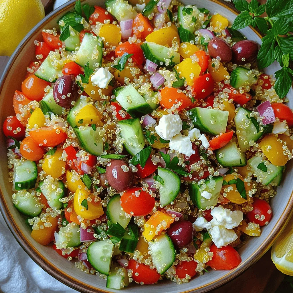 Für einen leckeren mediterranen Quinoa-Salat brauchst du frische und gesunde Zutaten. Hier sind die Hauptzutaten: - 1 Tasse Quinoa, gut abgespült - 2 Tassen Gemüsebrühe oder Wasser - 1 kleine Gurke, gewürfelt - 1 Tasse Kirschtomaten, halbiert - 1 Paprika (rot oder gelb), gewürfelt - 1/4 rote Zwiebel, fein gehackt - 1/2 Tasse Kalamata-Oliven, entsteint und in Scheiben geschnitten - 1/2 Tasse Feta-Käse, zerbröckelt Diese Zutaten machen deinen Salat bunt und nahrhaft. Quinoa ist ein großartiges Getreide und sehr gesund. Die richtigen Gewürze und Öle bringen den Geschmack in deinen Salat. Du benötigst: - 3 Esslöffel Olivenöl - 2 Esslöffel Zitronensaft - Salz und Pfeffer, nach Geschmack Olivenöl gibt dem Salat eine schöne, fruchtige Note. Zitronensaft fügt Frische hinzu und hilft beim Mischen der Aromen. Salz und Pfeffer sind einfach, aber wichtig. Frische Kräuter machen den Salat noch besser. Hier sind die Kräuter, die du brauchst: - 1/4 Tasse frische Petersilie, gehackt - 1/4 Tasse frische Minze, gehackt Petersilie bringt einen tollen Geschmack und viele Nährstoffe. Minze gibt dem Salat eine erfrischende Note. Zusammen machen sie den Salat lebendig. Wenn du magst, kannst du auch andere Kräuter hinzufügen. Für das vollständige Rezept, schau dir den Abschnitt "Full Recipe" an. Um die Quinoa perfekt zuzubereiten, beginne mit einer Tasse Quinoa. Spüle die Quinoa gründlich ab. Das hilft, Bitterstoffe zu entfernen. Danach bringe in einem mittleren Topf zwei Tassen Gemüsebrühe oder Wasser zum Kochen. Gib die gespülte Quinoa hinein. Sobald es kocht, reduziere die Hitze. Decke den Topf ab und lasse die Quinoa 15 Minuten köcheln. Wenn die Flüssigkeit aufgenommen ist, lockere die Quinoa mit einer Gabel auf. Lass sie dann abkühlen. In einer großen Rührschüssel vermenge die frischen Zutaten. Nimm eine kleine Gurke und würfle sie. Halbiere eine Tasse Kirschtomaten. Würfle eine rote oder gelbe Paprika. Hacke eine Viertel rote Zwiebel fein. Füge eine halbe Tasse entsteinte Kalamata-Oliven hinzu. Zerbröckel eine halbe Tasse Feta-Käse. Gib auch eine Viertel Tasse frisch gehackte Petersilie und Minze dazu. Vermenge alles gut, bevor du die abgekühlte Quinoa hinzufügst. Jetzt kommt der spannende Teil! Gib das Olivenöl und den Zitronensaft gleichmäßig über den Salat. Würze mit Salz und Pfeffer nach Geschmack. Mische alle Zutaten vorsichtig. So verteilen sich Quinoa und Gemüse gut. Lass den Salat mindestens 15 Minuten stehen. So können sich die Aromen verbinden. Serviere den Salat in einer großen Schüssel. Dekoriere ihn mit extra Petersilie und einer Zitronenscheibe. Wenn du mehr über die Zutaten und deren Bedeutung erfahren willst, schau dir das [Full Recipe] an. Um Quinoa perfekt zuzubereiten, spülen Sie sie zuerst gut ab. Dies entfernt den bitteren Geschmack. Kochen Sie die Quinoa in einer Gemüsebrühe oder Wasser. Das gibt mehr Geschmack. Lassen Sie die Quinoa nach dem Kochen ruhen. Das macht sie fluffig. Verwenden Sie eine Gabel, um die Körner aufzulockern. So bleibt die Quinoa locker und leicht. Um den Salat gesünder zu machen, fügen Sie mehr Gemüse hinzu. Paprika, Karotten oder Spinat sind tolle Optionen. Sie bringen Farbe und Nährstoffe. Ersetzen Sie Feta durch Avocado für gesunde Fette. Quinoa hat viele Proteine, die mit anderen Zutaten kombiniert werden können. Probieren Sie Nüsse oder Samen für einen zusätzlichen Crunch. Diese machen den Salat nahrhafter und leckerer. Servieren Sie den Salat kalt oder bei Zimmertemperatur. Das macht ihn erfrischend. Dekorieren Sie ihn mit frischer Petersilie oder Minze. Eine Zitronenscheibe an der Seite bringt Frische. Für mehr Geschmack können Sie auch eine Prise Paprika oder Chili hinzufügen. Diese kleinen Details machen einen großen Unterschied. So wird jeder Bissen besonders köstlich. Für das komplette Rezept schauen Sie sich den Full Recipe an. {{image_4}} Ich liebe es, wie vielseitig der Mediterrane Quinoa-Salat ist. Wenn du eine vegetarische Option suchst, sind die Basiszutaten perfekt. Du kannst die Feta-Käse durch einen veganen Käse ersetzen. Das gibt dem Salat einen tollen Geschmack ohne tierische Produkte. Auch Kichererbsen passen super. Sie fügen Protein hinzu und machen den Salat noch nahrhafter. Um dem Salat mehr Geschmack zu verleihen, kannst du zusätzliche Zutaten hinzufügen. Avocado ist eine großartige Wahl. Sie macht den Salat cremig und lecker. Geröstete Nüsse wie Mandeln oder Walnüsse bringen einen tollen Crunch. Auch ein wenig Chili oder Peperoni kann dem Salat einen scharfen Kick geben. Die Mischung aus frischen und gerösteten Zutaten macht jeden Biss spannend. Je nach Saison kannst du deinen Salat variieren. Im Sommer sind frische Erbsen oder Zucchini fantastisch. Im Herbst passen geröstete Kürbiswürfel oder Rote Beete perfekt. Diese Zutaten bringen Farbe und neue Aromen in den Salat. So bleibt er das ganze Jahr über interessant. Probiere verschiedene Kombinationen aus und finde deine Favoriten. Für die vollständige Anleitung und alle Zutaten schau dir das [Full Recipe] an. Wenn Sie Reste vom Mediterranen Quinoa-Salat haben, lagern Sie ihn in einem luftdichten Behälter. So bleibt der Salat frisch. Es ist wichtig, den Salat nicht länger als drei Tage im Kühlschrank zu lassen. Die Aromen bleiben so erhalten, und die Zutaten bleiben knackig. Eingefrorene Quinoa ist eine gute Option, wenn Sie Reste haben. Lassen Sie die Quinoa zuerst abkühlen. Füllen Sie sie dann in einen Gefrierbeutel oder Behälter. So hält die Quinoa bis zu drei Monate. Frisches Gemüse und Feta-Käse sind nicht gut zum Einfrieren geeignet. Diese Zutaten verlieren ihre Textur und Frische. Im Kühlschrank hält sich der Salat etwa zwei bis drei Tage. Achten Sie darauf, ihn gut abzudecken. Wenn Sie die Oliven und den Feta separat lagern, bleibt der Salat noch frischer. Vor dem Servieren einfach alles wieder vermengen. Genießen Sie den frischen Geschmack des Mediterranen Quinoa-Salats! Weitere Tipps finden Sie im [Full Recipe]. Du kannst den Mediterranen Quinoa-Salat bis zu drei Tage im Kühlschrank aufbewahren. Achte darauf, ihn in einem luftdichten Behälter zu lagern. Vor dem Servieren schüttelst du ihn einfach einmal gut durch. So bleibt der Salat frisch und knackig. Ja, du kannst die Quinoa im Voraus zubereiten. Koche sie und lasse sie abkühlen. Danach kannst du sie in einem luftdichten Behälter im Kühlschrank lagern. So sparst du Zeit und kannst den Salat schnell zusammenstellen. Ideal, wenn du Gäste erwartest oder einfach eine gesunde Mahlzeit planst. Zu diesem Salat passen viele Beilagen gut. Hier sind einige Ideen: - Gegrilltes Gemüse für einen herzhaften Geschmack - Gebackene Hähnchenbrust für etwas Protein - Frisches Brot oder Fladenbrot zum Dippen - Eine klare Brühe als leichte Suppe Jede Beilage ergänzt den Salat wunderbar. Du kannst kreativ sein und nach deinem Geschmack kombinieren. Wir haben die wichtigsten Zutaten für einen leckeren mediterranen Quinoa-Salat behandelt. Du kennst jetzt die besten Gewürze und Kräuter, sowie die Schritte zur perfekten Zubereitung. Tipps zu Lagermöglichkeiten helfen dir, Reste richtig zu bewahren. Vergiss nicht, kreativ mit Variationen zu sein, um deinen Salat zu personalisieren. Letztlich ist der mediterrane Quinoa-Salat nahrhaft und einfach zuzubereiten. Genieße ihn als Hauptgericht oder Beilage und bringe frischen Geschmack auf deinen Teller.