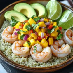 - 450 g Garnelen, geschält und entdarmt - 2 reife Avocados, gewürfelt - 240 ml gekochter Quinoa (oder Reis) Die Garnelen bilden die Hauptzutat. Sie sind zart und voller Geschmack. Ich empfehle, frische oder gefrorene Garnelen zu verwenden. Achte darauf, dass sie geschält und entdarmt sind. Avocados bringen Cremigkeit und gesunde Fette. Wähle reife Avocados, die leicht nachgeben, wenn du sie drückst. Quinoa oder Reis dienen als nahrhafte Basis. Quinoa hat eine nussige Note, während Reis milder ist. - 1 Mango, gewürfelt - 1 kleine rote Zwiebel, fein gehackt - 1 Jalapeño, entkernt und fein gehackt Die Mango sorgt für Süße und Frische. Wähle eine reife Mango, die du leicht eindrücken kannst. Die rote Zwiebel fügt einen scharfen, aber angenehmen Geschmack hinzu. Achte darauf, sie fein zu hacken, damit sie gut vermischt wird. Die Jalapeño bringt eine milde Schärfe. Entferne die Kerne, wenn du es nicht zu scharf magst. - 2 Esslöffel frischer Koriander, grob gehackt - 2 Esslöffel Limettensaft - 2 Esslöffel Olivenöl Koriander verleiht den Schalen Frische. Nutze frischen Koriander für den besten Geschmack. Limettensaft fügt eine spritzige Note hinzu. Er hilft, die Aromen auszugleichen. Olivenöl gibt einen reichen, fruchtigen Geschmack. Es ist auch gut für die Gesundheit. Für das gesamte Rezept kannst du die [Full Recipe] nutzen. Wie mariniere ich die Garnelen? Beginne mit 450 g Garnelen. In einer Schüssel vermische die Garnelen mit 1 Esslöffel Olivenöl, Salz und Pfeffer. Lass die Garnelen 10 Minuten marinieren. So nehmen sie den Geschmack auf. Wie garst du die Garnelen? Erhitze eine beschichtete Pfanne bei mittlerer bis hoher Hitze. Füge die marinierten Garnelen hinzu. Brate sie 2-3 Minuten pro Seite. Sie sind fertig, wenn sie rosa und undurchsichtig sind. Wie koche ich den Quinoa? Koche 240 ml Quinoa nach den Anweisungen auf der Verpackung. Du kannst auch Reis verwenden. Wenn er fertig ist, lockere ihn mit einer Gabel auf. Lass ihn dann zum Abkühlen beiseite. Wie erhalte ich die perfekte Textur? Achte darauf, das Wasser im Quinoa vollständig zu kochen. Überprüfe die Konsistenz. Er sollte fluffig und nicht matschig sein. Wie mische ich die Zutaten? Nimm 1 gewürfelte Mango, 1 kleine rote Zwiebel, 1 kleine rote Paprika und 1 Jalapeño. Füge 2 Esslöffel Limettensaft und 2 Esslöffel Koriander hinzu. Mische alles in einer Schüssel gut durch. Was sind die Geschmacksempfehlungen? Schmecke die Salsa mit einer Prise Salz ab. Für mehr Frische kannst du zusätzlich Limettensaft verwenden. Wie ordne ich die Zutaten an? Beginne mit einer Schicht Quinoa oder Reis in jeder Schüssel. Füge dann die gewürfelten Avocados und die gekochten Garnelen hinzu. Kröne das Ganze mit einem Löffel Mango-Salsa. Was sind die Serviervorschläge? Füge nach Belieben Salatblätter hinzu. Diese geben einen knackigen Biss. Für mehr Geschmack beträufle die Schalen mit restlichem Olivenöl und Limettensaft. Für die komplette Anleitung und alle Details schaue dir das Full Recipe an. - Frische Garnelen auswählen: Achte auf Garnelen mit einer glänzenden, klaren Haut. Sie sollten frisch riechen, nicht fischig. Kaufe sie am besten direkt vom Fischhändler oder in einem guten Supermarkt. - Reife Avocados erkennen: Drücke leicht auf die Avocado. Wenn sie sanft nachgibt, ist sie reif. Eine grüne Haut zeigt an, dass sie frisch ist. Meide dunkle, beschädigte Früchte. - Garen der Garnelen: Brate die Garnelen nur kurz. Zwei bis drei Minuten pro Seite reichen aus. Wenn sie rosa und fest sind, sind sie perfekt. Überkoche sie nicht, sonst werden sie zäh. - Ideal für Meal Prep: Diese Schalen sind einfach vorzubereiten. Du kannst die Garnelen und die Salsa im Voraus zubereiten. Halte die Avocado getrennt, um sie frisch zu halten. - Styling der Schalen: Nutze bunte Schalen, um die Farben der Zutaten zu zeigen. Lege die Garnelen und Salsa hübsch auf die Quinoa-Basis. Das sieht ansprechend aus. - Verwendung von frischen Kräutern: Frischer Koriander oder Petersilie sind tolle Akzente. Streue sie über die Schalen, um mehr Farbe und Geschmack hinzuzufügen. {{image_4}} Mango-Salsa bringt frische und süße Noten in die Schalen. Aber was ist, wenn Sie etwas anderes probieren möchten? Ananas ist eine tolle Alternative. Sie hat den gleichen süßen Kick, aber mit einer leicht anderen Note. Schneiden Sie die Ananas einfach in kleine Stücke und mischen Sie sie wie die Mango. Eine weitere Möglichkeit ist das Hinzufügen von Pellpaprika. Diese Paprika gibt es in vielen Farben. Sie sind knackig und bringen mehr Geschmack. Für eine bunte Salsa verwenden Sie verschiedene Farben. So sieht Ihre Salsa nicht nur gut aus, sondern schmeckt auch toll. Wenn Sie eine vegetarische oder vegane Variante suchen, gibt es viele Möglichkeiten. Tofu ist eine hervorragende Wahl. Er nimmt den Geschmack gut auf. Marinieren Sie den Tofu wie die Garnelen und braten Sie ihn. Eine weitere Option sind andere Meeresfrüchte. Scampi oder Jakobsmuscheln passen gut dazu. Diese Alternativen bringen neue Geschmäcker in Ihre Schalen. Achten Sie darauf, die Garzeiten für jedes Protein anzupassen. Das richtige Zubehör kann Ihre Schalen wunderbar ergänzen. Ein frischer Salat passt gut dazu. Mischen Sie grünen Salat mit einem leichten Dressing. Das gibt einen schönen Kontrast. Brot ist eine weitere Option. Servieren Sie ein knuspriges Baguette oder Tortillas. Sie sind perfekt, um die Salsa aufzutunken. Für eine einfache Beilage können Sie auch mehr Quinoa oder Reis anbieten. Für die vollständige Anleitung schauen Sie sich das [Full Recipe] an. Um die Garnelen-Avocado-Schalen frisch zu halten, lagere sie im Kühlschrank. Verwende einen luftdichten Behälter. So bleiben die Zutaten knackig und schmackhaft. Die Schalen halten sich bis zu zwei Tage. Die Haltbarkeit der Zutaten ist unterschiedlich. Avocados neigen dazu, schnell braun zu werden. Verwende Zitronen- oder Limettensaft, um dies zu verhindern. Garnelen sind im Kühlschrank 1 bis 2 Tage haltbar. Quinoa bleibt bis zu einer Woche frisch. Garnelen lassen sich gut einfrieren. Lege sie in einen Gefrierbeutel. Entferne so viel Luft wie möglich. Garnelen bleiben bis zu drei Monate frisch. Um die Mango-Salsa richtig einzufrieren, fülle sie in einen luftdichten Behälter. Lasse etwas Platz für die Ausdehnung. So bleibt die Salsa bis zu drei Monate haltbar. Wenn du Reste aufwärmst, tue dies vorsichtig. Erhitze die Garnelen in einer Pfanne bei mittlerer Hitze. So bleiben sie zart und saftig. Um Überkochen zu vermeiden, erwärme die Salsa separat. Füge sie erst am Ende hinzu. So bleibt die Frische der Zutaten erhalten. Die Zubereitung der Garnelen-Avocado-Schalen dauert insgesamt 30 Minuten. Du benötigst etwa 15 Minuten, um alle Zutaten vorzubereiten. Das Kochen und Anrichten der Schalen nimmt weitere 15 Minuten in Anspruch. Diese Zeit ist perfekt, um ein schnelles, aber gesundes Gericht zu zaubern. Ja, du kannst die Gewürze nach deinem Geschmack anpassen. Ich empfehle, mehr Limettensaft hinzuzufügen, wenn du es frisch und spritzig magst. Wenn du es schärfer magst, füge mehr Jalapeño hinzu. Auch die Menge an Salz und Pfeffer kannst du nach Belieben verändern. Trau dich, kreativ zu sein! Die Gewürze sind flexibel und passen sich deinem Geschmack an. Ja, Garnelen-Avocado-Schalen sind sehr gesund. Garnelen enthalten viel Protein und wenig Fett. Avocados sind reich an gesunden Fetten, die gut für das Herz sind. Die Mango bringt Vitamine und Antioxidantien. Das Gericht hat auch Ballaststoffe durch Quinoa oder Reis. All diese Zutaten unterstützen eine gesunde Ernährung. Du kannst die Vollwertigkeit der Schalen genießen, während du dich gleichzeitig gut ernährst. Garnelen-Avocado-Schalen sind einfach zuzubereiten und lecker. Wir haben die besten Zutaten, inklusive frischer Garnelen und reifer Avocados, besprochen. Du hast auch gelernt, wie du eine frische Mango-Salsa zubereitest und deine Schalen ansprechend präsentierst. Die Tipps für Lagerung und Variationen helfen dir, kreativ zu sein. Probiere es aus und genieße diese gesunde Wahl. Du wirst sehen, es macht Spaß, neue Rezepte auszuprobieren!