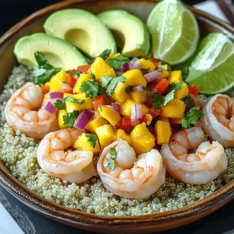 - 450 g Garnelen, geschält und entdarmt - 2 reife Avocados, gewürfelt - 240 ml gekochter Quinoa (oder Reis) Die Garnelen bilden die Hauptzutat. Sie sind zart und voller Geschmack. Ich empfehle, frische oder gefrorene Garnelen zu verwenden. Achte darauf, dass sie geschält und entdarmt sind. Avocados bringen Cremigkeit und gesunde Fette. Wähle reife Avocados, die leicht nachgeben, wenn du sie drückst. Quinoa oder Reis dienen als nahrhafte Basis. Quinoa hat eine nussige Note, während Reis milder ist. - 1 Mango, gewürfelt - 1 kleine rote Zwiebel, fein gehackt - 1 Jalapeño, entkernt und fein gehackt Die Mango sorgt für Süße und Frische. Wähle eine reife Mango, die du leicht eindrücken kannst. Die rote Zwiebel fügt einen scharfen, aber angenehmen Geschmack hinzu. Achte darauf, sie fein zu hacken, damit sie gut vermischt wird. Die Jalapeño bringt eine milde Schärfe. Entferne die Kerne, wenn du es nicht zu scharf magst. - 2 Esslöffel frischer Koriander, grob gehackt - 2 Esslöffel Limettensaft - 2 Esslöffel Olivenöl Koriander verleiht den Schalen Frische. Nutze frischen Koriander für den besten Geschmack. Limettensaft fügt eine spritzige Note hinzu. Er hilft, die Aromen auszugleichen. Olivenöl gibt einen reichen, fruchtigen Geschmack. Es ist auch gut für die Gesundheit. Für das gesamte Rezept kannst du die [Full Recipe] nutzen. Wie mariniere ich die Garnelen? Beginne mit 450 g Garnelen. In einer Schüssel vermische die Garnelen mit 1 Esslöffel Olivenöl, Salz und Pfeffer. Lass die Garnelen 10 Minuten marinieren. So nehmen sie den Geschmack auf. Wie garst du die Garnelen? Erhitze eine beschichtete Pfanne bei mittlerer bis hoher Hitze. Füge die marinierten Garnelen hinzu. Brate sie 2-3 Minuten pro Seite. Sie sind fertig, wenn sie rosa und undurchsichtig sind. Wie koche ich den Quinoa? Koche 240 ml Quinoa nach den Anweisungen auf der Verpackung. Du kannst auch Reis verwenden. Wenn er fertig ist, lockere ihn mit einer Gabel auf. Lass ihn dann zum Abkühlen beiseite. Wie erhalte ich die perfekte Textur? Achte darauf, das Wasser im Quinoa vollständig zu kochen. Überprüfe die Konsistenz. Er sollte fluffig und nicht matschig sein. Wie mische ich die Zutaten? Nimm 1 gewürfelte Mango, 1 kleine rote Zwiebel, 1 kleine rote Paprika und 1 Jalapeño. Füge 2 Esslöffel Limettensaft und 2 Esslöffel Koriander hinzu. Mische alles in einer Schüssel gut durch. Was sind die Geschmacksempfehlungen? Schmecke die Salsa mit einer Prise Salz ab. Für mehr Frische kannst du zusätzlich Limettensaft verwenden. Wie ordne ich die Zutaten an? Beginne mit einer Schicht Quinoa oder Reis in jeder Schüssel. Füge dann die gewürfelten Avocados und die gekochten Garnelen hinzu. Kröne das Ganze mit einem Löffel Mango-Salsa. Was sind die Serviervorschläge? Füge nach Belieben Salatblätter hinzu. Diese geben einen knackigen Biss. Für mehr Geschmack beträufle die Schalen mit restlichem Olivenöl und Limettensaft. Für die komplette Anleitung und alle Details schaue dir das Full Recipe an. - Frische Garnelen auswählen: Achte auf Garnelen mit einer glänzenden, klaren Haut. Sie sollten frisch riechen, nicht fischig. Kaufe sie am besten direkt vom Fischhändler oder in einem guten Supermarkt. - Reife Avocados erkennen: Drücke leicht auf die Avocado. Wenn sie sanft nachgibt, ist sie reif. Eine grüne Haut zeigt an, dass sie frisch ist. Meide dunkle, beschädigte Früchte. - Garen der Garnelen: Brate die Garnelen nur kurz. Zwei bis drei Minuten pro Seite reichen aus. Wenn sie rosa und fest sind, sind sie perfekt. Überkoche sie nicht, sonst werden sie zäh. - Ideal für Meal Prep: Diese Schalen sind einfach vorzubereiten. Du kannst die Garnelen und die Salsa im Voraus zubereiten. Halte die Avocado getrennt, um sie frisch zu halten. - Styling der Schalen: Nutze bunte Schalen, um die Farben der Zutaten zu zeigen. Lege die Garnelen und Salsa hübsch auf die Quinoa-Basis. Das sieht ansprechend aus. - Verwendung von frischen Kräutern: Frischer Koriander oder Petersilie sind tolle Akzente. Streue sie über die Schalen, um mehr Farbe und Geschmack hinzuzufügen. {{image_4}} Mango-Salsa bringt frische und süße Noten in die Schalen. Aber was ist, wenn Sie etwas anderes probieren möchten? Ananas ist eine tolle Alternative. Sie hat den gleichen süßen Kick, aber mit einer leicht anderen Note. Schneiden Sie die Ananas einfach in kleine Stücke und mischen Sie sie wie die Mango. Eine weitere Möglichkeit ist das Hinzufügen von Pellpaprika. Diese Paprika gibt es in vielen Farben. Sie sind knackig und bringen mehr Geschmack. Für eine bunte Salsa verwenden Sie verschiedene Farben. So sieht Ihre Salsa nicht nur gut aus, sondern schmeckt auch toll. Wenn Sie eine vegetarische oder vegane Variante suchen, gibt es viele Möglichkeiten. Tofu ist eine hervorragende Wahl. Er nimmt den Geschmack gut auf. Marinieren Sie den Tofu wie die Garnelen und braten Sie ihn. Eine weitere Option sind andere Meeresfrüchte. Scampi oder Jakobsmuscheln passen gut dazu. Diese Alternativen bringen neue Geschmäcker in Ihre Schalen. Achten Sie darauf, die Garzeiten für jedes Protein anzupassen. Das richtige Zubehör kann Ihre Schalen wunderbar ergänzen. Ein frischer Salat passt gut dazu. Mischen Sie grünen Salat mit einem leichten Dressing. Das gibt einen schönen Kontrast. Brot ist eine weitere Option. Servieren Sie ein knuspriges Baguette oder Tortillas. Sie sind perfekt, um die Salsa aufzutunken. Für eine einfache Beilage können Sie auch mehr Quinoa oder Reis anbieten. Für die vollständige Anleitung schauen Sie sich das [Full Recipe] an. Um die Garnelen-Avocado-Schalen frisch zu halten, lagere sie im Kühlschrank. Verwende einen luftdichten Behälter. So bleiben die Zutaten knackig und schmackhaft. Die Schalen halten sich bis zu zwei Tage. Die Haltbarkeit der Zutaten ist unterschiedlich. Avocados neigen dazu, schnell braun zu werden. Verwende Zitronen- oder Limettensaft, um dies zu verhindern. Garnelen sind im Kühlschrank 1 bis 2 Tage haltbar. Quinoa bleibt bis zu einer Woche frisch. Garnelen lassen sich gut einfrieren. Lege sie in einen Gefrierbeutel. Entferne so viel Luft wie möglich. Garnelen bleiben bis zu drei Monate frisch. Um die Mango-Salsa richtig einzufrieren, fülle sie in einen luftdichten Behälter. Lasse etwas Platz für die Ausdehnung. So bleibt die Salsa bis zu drei Monate haltbar. Wenn du Reste aufwärmst, tue dies vorsichtig. Erhitze die Garnelen in einer Pfanne bei mittlerer Hitze. So bleiben sie zart und saftig. Um Überkochen zu vermeiden, erwärme die Salsa separat. Füge sie erst am Ende hinzu. So bleibt die Frische der Zutaten erhalten. Die Zubereitung der Garnelen-Avocado-Schalen dauert insgesamt 30 Minuten. Du benötigst etwa 15 Minuten, um alle Zutaten vorzubereiten. Das Kochen und Anrichten der Schalen nimmt weitere 15 Minuten in Anspruch. Diese Zeit ist perfekt, um ein schnelles, aber gesundes Gericht zu zaubern. Ja, du kannst die Gewürze nach deinem Geschmack anpassen. Ich empfehle, mehr Limettensaft hinzuzufügen, wenn du es frisch und spritzig magst. Wenn du es schärfer magst, füge mehr Jalapeño hinzu. Auch die Menge an Salz und Pfeffer kannst du nach Belieben verändern. Trau dich, kreativ zu sein! Die Gewürze sind flexibel und passen sich deinem Geschmack an. Ja, Garnelen-Avocado-Schalen sind sehr gesund. Garnelen enthalten viel Protein und wenig Fett. Avocados sind reich an gesunden Fetten, die gut für das Herz sind. Die Mango bringt Vitamine und Antioxidantien. Das Gericht hat auch Ballaststoffe durch Quinoa oder Reis. All diese Zutaten unterstützen eine gesunde Ernährung. Du kannst die Vollwertigkeit der Schalen genießen, während du dich gleichzeitig gut ernährst. Garnelen-Avocado-Schalen sind einfach zuzubereiten und lecker. Wir haben die besten Zutaten, inklusive frischer Garnelen und reifer Avocados, besprochen. Du hast auch gelernt, wie du eine frische Mango-Salsa zubereitest und deine Schalen ansprechend präsentierst. Die Tipps für Lagerung und Variationen helfen dir, kreativ zu sein. Probiere es aus und genieße diese gesunde Wahl. Du wirst sehen, es macht Spaß, neue Rezepte auszuprobieren!
