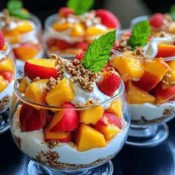 Für unseren Pfirsich-Cobbler-Käsekuchen-Salat brauche ich folgende Hauptzutaten: - 2 reife Pfirsiche, gewürfelt - 1 Tasse frische Erdbeeren, in Scheiben geschnitten - 1 Tasse aufgeschlagener Frischkäse (weich) - 1/2 Tasse griechischer Joghurt (in Vanillegeschmack) - 1/3 Tasse Puderzucker - 1 Teelöffel Vanilleextrakt - 1 Teelöffel Zimt - 1 Tasse Granola (nach Wahl) - Frische Minzblätter zur Garnitur Diese Zutaten machen den Salat frisch und lecker. Die Kombination aus Pfirsichen und Erdbeeren bringt fruchtige Süße. Der Frischkäse und Joghurt sorgen für eine cremige Textur. Zimt und Vanille geben dem Ganzen einen tollen Geschmack. Ich mag es, mit zusätzlichen Aromen zu experimentieren. Hier sind einige optionale Zutaten, die du hinzufügen kannst: - Eine Prise Muskatnuss für eine warme Note - Honig oder Ahornsirup für mehr Süße - Nüsse für einen knusprigen Biss - Kokosraspeln für tropische Frische - Weitere Beeren wie Himbeeren oder Blaubeeren Diese Zutaten bieten dir viele Möglichkeiten, um den Salat zu variieren. Du kannst ihn ganz nach deinem Geschmack anpassen. Die Auswahl der Früchte ist wichtig. Hier sind meine Tipps: - Wähle reife Pfirsiche, die leicht weich sind. Sie sollten süß duften. - Suche nach Erdbeeren, die tiefrot sind. Sie sollten fest und saftig sein. - Wenn du andere Früchte hinzufügst, achte darauf, dass sie frisch und knackig sind. Die Qualität der Früchte macht den Salat lecker. Frische Zutaten bringen den besten Geschmack. Um die Käsekuchenbasis zu machen, nehmen wir eine große Schüssel. Wir vermengen den weichen Frischkäse mit dem griechischen Joghurt. Fügen Sie den Puderzucker, den Vanilleextrakt und den Zimt hinzu. Dann schlagen wir alles mit einem Handmixer. Mischen Sie, bis die Creme glatt und cremig ist. Jetzt kommt der spaßige Teil! Fügen Sie die gewürfelten Pfirsiche und die geschnittenen Erdbeeren zur Käsekuchenmischung hinzu. Heben Sie die Früchte vorsichtig unter, damit sie gleichmäßig verteilt sind. Nehmen Sie eine große Servierschale oder kleine Dessertschalen. Schichten Sie die Käsekuchen-Fruchtmischung und Granola abwechselnd. Wiederholen Sie dies, bis alle Zutaten aufgebraucht sind. Sobald Sie alles geschichtet haben, stellen Sie den Salat für mindestens 30 Minuten in den Kühlschrank. So können sich die Aromen gut vermischen. Vor dem Servieren können Sie noch etwas Granola oben drauf geben. Garnieren Sie den Salat mit frischen Minzblättern. Das sieht schön aus und gibt einen frischen Geschmack. Für das vollständige Rezept schauen Sie sich bitte den Abschnitt "Full Recipe" an. Um die beste Konsistenz zu erreichen, benutze weichen Frischkäse und griechischen Joghurt. Diese Zutaten sorgen für eine cremige Basis. Mische sie gut, bis sie ganz glatt sind. Achte darauf, die Früchte vorsichtig unterzuheben. So bleiben sie ganz und geben Textur. Kühl den Salat mindestens 30 Minuten. Das macht die Mischung fester und die Aromen besser. Ein häufiger Fehler ist, die Früchte zu stark zu zerdrücken. Das führt zu einem matschigen Salat. Vermeide auch, den Salat zu lange im Kühlschrank zu lassen. Dadurch kann er wässrig werden. Ein weiterer Fehler ist, die Granola zu früh hinzuzufügen. Das macht sie weich. Füge die Granola kurz vor dem Servieren hinzu, um den Crunch zu erhalten. Präsentiere den Salat in klaren Schalen. So sieht man die bunten Schichten gut. Verwende frische Minzblätter zur Garnitur. Sie bringen Farbe und einen frischen Geschmack. Du kannst auch kleine Gläser verwenden. Diese sind besonders hübsch und praktisch. Wenn du den Salat schichtest, sorge für eine gleichmäßige Verteilung der Zutaten. So sieht der Salat noch attraktiver aus. {{image_4}} Es gibt viele Früchte, die Sie anstelle von Pfirsichen verwenden können. Erdbeeren, Blaubeeren und Himbeeren passen gut. Auch Äpfel oder Birnen sind lecker. Mischen Sie diese Früchte für einen bunten Salat. Achten Sie darauf, die Früchte frisch und reif zu wählen. So bleibt der Geschmack intensiv und süß. Sie können diesen Salat auch vegan oder glutenfrei machen. Verwenden Sie veganen Frischkäse und pflanzlichen Joghurt. Diese Optionen schmecken auch sehr gut. Für eine glutenfreie Variante wählen Sie glutenfreies Granola. So bleibt der Salat für alle genießbar. Es ist einfach, Alternativen zu finden und den Salat anzupassen. Experimentieren Sie mit verschiedenen Joghurt- und Frischkäse-Sorten. Probieren Sie griechischen Joghurt für mehr Protein. Für einen fruchtigen Geschmack wählen Sie Frischkäse mit Früchten. So erhalten Sie neue Aromen in Ihrem Salat. Diese kleinen Änderungen machen viel aus. Jeder Bissen wird interessant und lecker sein. Schauen Sie sich das [Full Recipe] an, um alle Details zu sehen. Um den Pfirsich-Cobbler-Käsekuchen-Salat frisch zu halten, lege ihn in einen luftdichten Behälter. So bleibt die Creme glatt und die Früchte knackig. Du kannst ihn bis zu drei Tage im Kühlschrank aufbewahren. Stelle sicher, dass der Behälter gut verschlossen ist. Das verhindert Gerüche von anderen Lebensmitteln. Der Salat bleibt bis zu drei Tage frisch, wenn er gekühlt ist. Nach dieser Zeit könnte die Creme wässrig werden und die Früchte könnten matschig werden. Du solltest den Salat bei Zimmertemperatur nicht länger als zwei Stunden stehen lassen. Das ist wichtig, um die Frische und Sicherheit des Salats zu garantieren. Einfrieren ist nicht ideal für diesen Salat. Die Textur der Früchte und der Creme verändert sich beim Auftauen. Wenn du dennoch etwas übrig hast, kannst du den Salat in einem luftdichten Behälter einfrieren. Achte darauf, ihn vor dem Servieren im Kühlschrank langsam auftauen zu lassen. So bleibt er etwas besser in Form, aber die Qualität kann leiden. Wenn Sie keine Pfirsiche haben, probieren Sie andere Früchte. Sie können Nektarinen, Äpfel oder Birnen verwenden. Diese Früchte bringen auch Süße und Geschmack. Wenn Sie Beeren mögen, sind Himbeeren oder Blaubeeren eine tolle Wahl. Sie geben dem Salat eine schöne Farbe und Frische. Seien Sie kreativ und nutzen Sie, was gerade Saison hat. Ja, Sie können diesen Salat im Voraus machen. Bereiten Sie ihn einfach einen Tag vorher zu. Lassen Sie den Salat im Kühlschrank ruhen. Dadurch können die Aromen gut durchziehen. Vergessen Sie nicht, das Granola erst kurz vor dem Servieren hinzuzufügen. So bleibt es knusprig und frisch. Das Rezept ergibt vier Portionen. Wenn Sie mehr Gäste haben, können Sie die Zutaten einfach verdoppeln oder verdreifachen. Achten Sie darauf, genügend Platz in der Schüssel zu haben. Jeder wird diesen leckeren Salat lieben! Für die vollständige Anleitung schauen Sie sich das Full Recipe an. Der Pfirsich-Cobbler-Käsekuchen-Salat ist einfach und lecker. Wir haben die besten Zutaten und deren Auswahl besprochen. Die Schritt-für-Schritt-Anleitung sorgt dafür, dass der Salat gelingt. Tipps und Tricks helfen, Fehler zu vermeiden und die Konsistenz zu optimieren. Variationen bieten kreative Alternativen, und Lagerinformationen zeigen dir, wie lange der Salat hält. Probiere die verschiedenen Optionen aus, um deinen perfekten Salat zu finden. Der Spaß liegt in der Kreativität, also leg los und genieße!