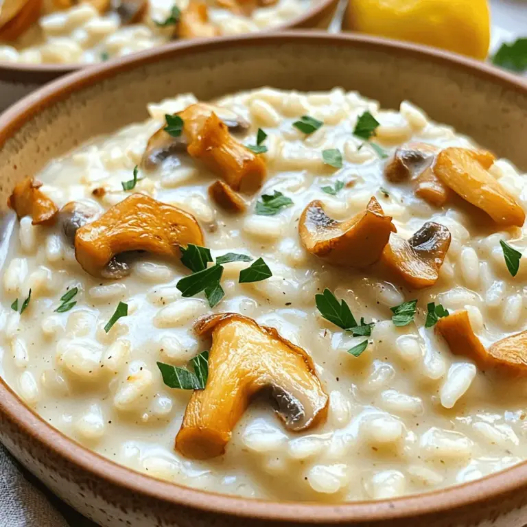 Für ein leckeres Risotto brauchst du einige Hauptzutaten. Hier sind sie: - 1 Tasse Arborio-Reis - 4 Tassen Gemüsebrühe - 1 Tasse Pilze (Champignons oder Cremini), in Scheiben geschnitten - 1 kleine Zwiebel, fein gehackt - 2 Knoblauchzehen, gehackt - 1 Tasse ungesüßte Kokosmilch - 2 Esslöffel Olivenöl - 1 Esslöffel Butter - ½ Tasse geriebener Parmesan (oder Nährhefe für eine milchfreie Option) - Salz und Pfeffer nach Geschmack - Frische Petersilie, gehackt (zum Garnieren) - Ein Spritzer Zitronensaft (optional, für Frische) Um dem Risotto mehr Geschmack zu geben, kannst du verschiedene Gewürze und Kräuter hinzufügen. Hier sind einige Ideen: - Thymian: Er passt gut zu Pilzen und gibt Wärme. - Rosmarin: Ein Hauch von Rosmarin bringt Frische. - Muskatnuss: Ein wenig Muskatnuss gibt Tiefe. - Pfeffer: Frisch gemahlener Pfeffer macht das Gericht würzig. Falls du einige Zutaten nicht hast oder magst, gibt es Alternativen: - Reis: Verwende Carnaroli-Reis für eine cremigere Konsistenz. - Gemüsebrühe: Hühnerbrühe kann auch gut funktionieren. - Pilze: Probiere Shiitake oder Austernpilze für andere Aromen. - Kokosmilch: Ersetze sie durch Sahne für einen reichhaltigeren Geschmack. Für das vollständige Rezept, schau dir die [Full Recipe] an. Zuerst brauchen wir die Gemüsebrühe. Erhitze sie in einem kleinen Topf bei niedriger Hitze. Halte sie warm, während du das Risotto machst. Jetzt bereite die anderen Zutaten vor: Hacke die Zwiebel und den Knoblauch klein. Schneide die Pilze in Scheiben. Lege alles bereit, damit du schnell arbeiten kannst. Erhitze in einer großen Pfanne das Olivenöl und die Butter bei mittlerer Hitze. Gib die Zwiebel in die Pfanne und brate sie für 3-4 Minuten. Sie soll glasig werden. Füge den gehackten Knoblauch hinzu und brate ihn eine Minute lang. Dann kommen die Pilze in die Pfanne. Koche sie, bis sie goldbraun sind. Das dauert etwa 5-7 Minuten. Jetzt ist es Zeit für den Arborio-Reis. Gib ihn in die Pfanne und rühre ihn 1-2 Minuten um. Das gibt ihm einen nussigen Geschmack. Beginne, die warme Brühe löffelweise hinzuzufügen. Rühre ständig, damit der Reis gleichmäßig kocht. Warte, bis der Reis die Brühe fast ganz aufnimmt, bevor du mehr hinzugibst. Das Kochen dauert 15-20 Minuten. Der Reis soll al dente und cremig sein. Sobald der Reis fertig ist, reduziere die Hitze. Rühre die Kokosmilch und den Parmesan ein. Das macht das Risotto sehr cremig. Würze es mit Salz, Pfeffer und einem Spritzer Zitronensaft. Lass das Risotto eine Minute ruhen, bevor du es servierst. Garniere es mit Petersilie. Das gibt Farbe und Frische. Für das komplette Rezept schau dir die [Full Recipe] an. Um die perfekte Risottokonsistenz zu erreichen, ist Geduld wichtig. Achte darauf, die Brühe langsam hinzuzufügen. Nutze eine Schöpfkelle und füge immer nur eine Portion Brühe hinzu. Rühre ständig, bis die Flüssigkeit fast ganz aufgesogen ist. Diese Technik sorgt für eine cremige Textur. Der Arborio-Reis gibt Stärke ab und macht das Risotto schön sämig. Wenn du das Gefühl hast, es ist zu dick, füge einfach etwas mehr Brühe hinzu. Ein häufiger Fehler ist, zu viel Brühe auf einmal hinzuzufügen. Das macht das Risotto nicht cremig. Ein anderer Fehler ist, das Risotto nicht oft genug zu rühren. Rühren hilft, die Stärke zu aktivieren. Achte auch darauf, den Reis nicht zu überkochen. Er sollte al dente sein. Das bedeutet, dass er weich ist, aber noch einen leichten Biss hat. Wenn das Risotto zu trocken ist, füge mehr Flüssigkeit hinzu. Serviere das Risotto in flachen Schalen. Garniere es mit frischen Kräutern wie Petersilie. Du kannst auch einige zusätzliche Pilze oben drauf legen. Ein Spritzer Zitronensaft bringt Frische. Für extra Geschmack kannst du mehr Parmesan darüber streuen. Wenn du magst, serviere dazu einen grünen Salat. Das macht das Gericht noch leckerer. Für den besten Genuss, serviere das Risotto sofort nach dem Kochen. Es schmeckt frisch am besten. Für weitere Anleitungen und Tipps, schau dir das vollständige Rezept an: [Full Recipe]. {{image_4}} Du kannst das cremige Pilz-Risotto leicht anpassen. Für eine vegetarische Option nimm einfach Parmesan. Wenn du eine vegane Variante willst, ersetze den Käse durch Nährhefe. Diese Hefe gibt einen umami Geschmack, der dem Parmesan ähnlich ist. Verwende auch pflanzliche Butter oder ganz einfach Olivenöl. So bleibt das Risotto lecker und vegan. Die Kokosmilch sorgt für eine schöne Cremigkeit. Du kannst viele Zutaten hinzufügen, um dein Risotto zu variieren. Hier sind einige Ideen: - Erbsen: Sie bringen eine süße Note. - Spinat: Für mehr Farbe und Nährstoffe. - Sonnengetrocknete Tomaten: Sie geben einen intensiven Geschmack. - Trüffelöl: Ein Spritzer für Luxus und Aroma. - Geröstete Nüsse: Diese sorgen für Crunch und Protein. Experimentiere mit diesen Zutaten, um deinen eigenen Geschmack zu finden. Risotto gibt es in vielen Regionen Italiens mit eigenen Zutaten. Zum Beispiel: - Risotto alla Milanese: Mit Safran für eine goldene Farbe. - Risotto al Barolo: Mit Rotwein für einen tiefen Geschmack. - Risotto ai Funghi: Mit verschiedenen Pilzen für Vielfalt. Jede Region hat ihre eigene Note. So kannst du die Vielfalt der italienischen Küche genießen. Probiere die regionalen Varianten aus und finde deinen Favoriten. Für das Basisrezept schaue dir das [Full Recipe] an. Wenn Sie Risotto übrig haben, lassen Sie es zuerst abkühlen. Das verhindert, dass sich Bakterien bilden. Legen Sie das Risotto dann in einen luftdichten Behälter. So bleibt es frisch und lecker. Sie können es auch in Portionen aufteilen. So ist es einfacher, nur das zu nehmen, was Sie brauchen. Um Risotto aufzuwärmen, geben Sie es in einen Topf. Fügen Sie etwas Gemüsebrühe oder Wasser hinzu. Dies hilft, das Risotto wieder cremig zu machen. Erhitzen Sie es bei mittlerer Hitze und rühren Sie oft um. So vermeiden Sie, dass es anbrennt. Alternativ können Sie es in der Mikrowelle aufwärmen. Decken Sie die Schüssel mit einem feuchten Küchentuch ab, um die Feuchtigkeit zu halten. Risotto hält sich im Kühlschrank etwa 3 Tage. Achten Sie darauf, dass der Behälter gut verschlossen ist. Wenn Sie das Risotto länger aufbewahren möchten, können Sie es einfrieren. Es hält sich bis zu 2 Monate im Gefrierfach. Denken Sie daran, es vor dem Gefrieren in Portionen zu teilen. So können Sie leicht nur das auftauen, was Sie möchten. Das Risotto braucht insgesamt etwa 30 Minuten. Die Vorbereitung dauert ungefähr 10 Minuten. Das Kochen des Risottos dauert 20 Minuten. In dieser Zeit wird der Reis schön cremig und zart. Achten Sie darauf, die Brühe warm zu halten, während Sie den Reis kochen. Das macht den Prozess schneller und einfacher. Ja, Sie können viele Pilzsorten verwenden. Champignons und Cremini sind großartig, aber auch Shiitake oder Pfifferlinge sind lecker. Experimentieren Sie mit verschiedenen Sorten für neue Aromen. Achten Sie darauf, die Pilze gut zu reinigen und in gleichmäßige Stücke zu schneiden. So kochen sie gleichmäßig und geben ihren Geschmack gut ab. Ja, Risotto ist von Natur aus glutenfrei. Arborio-Reis enthält kein Gluten. Achten Sie jedoch darauf, dass die Brühe ebenfalls glutenfrei ist. Einige Brühen können glutenhaltige Zutaten enthalten. Lesen Sie die Etiketten, um sicherzustellen, dass alles in Ihrem Risotto glutenfrei ist. Wenn Sie keinen Parmesan verwenden möchten, gibt es Alternativen. Nährhefe ist eine gute Option für einen milchfreien Geschmack. Sie können auch veganen Käse verwenden, der gut schmilzt. Für zusätzliche Frische können Sie auch etwas Zitronensaft hinzufügen. Dies gibt dem Risotto einen schönen Geschmack, auch ohne Käse. Risotto ist ein einfaches, aber köstliches Gericht. Wir haben die wichtigsten Zutaten besprochen, wie man sie perfekt zubereitet und was für Variationen möglich sind. Es gibt viele Tipps, um die Konsistenz richtig hinzubekommen und häufige Fehler zu vermeiden. Denke auch daran, wie du übrig gebliebenes Risotto richtig lagerst. Mit diesen Informationen bist du gut gewappnet, um ein schmackhaftes Risotto zu kreieren. Probiere neue Variationen und genieße jedes Bissen!
