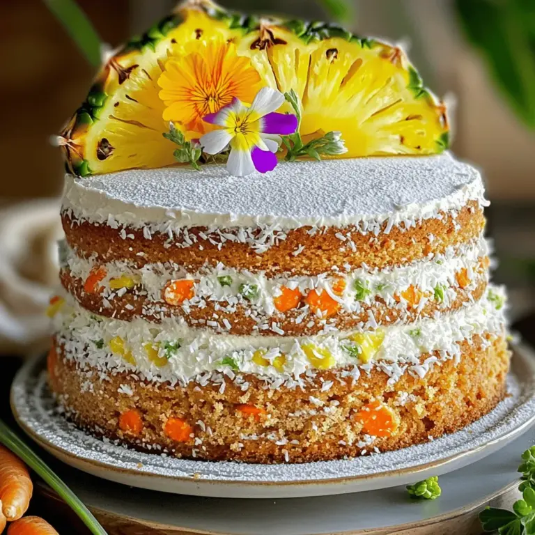 In diesem Rezept für den tropischen Ananas-Möhrenkuchen nutzen wir einige Hauptzutaten. Diese sorgen für den köstlichen Geschmack und die saftige Konsistenz. Hier ist die Liste der wichtigsten Zutaten: - 2 Tassen Allzweckmehl - 1 1/2 Tassen Kristallzucker - 1 Teelöffel Backpulver - 1 Teelöffel Natron - 1 Teelöffel gemahlener Zimt - 1/2 Teelöffel gemahlene Muskatnuss - 1/2 Teelöffel Salz - 4 große Eier - 1 Tasse Pflanzenöl - 2 Tassen geraspelte Karotten - 1 Tasse zerdrückte Ananas, abgetropft Diese Zutaten bilden die Basis für unseren Kuchen. Sie bringen die Süße und die nötige Feuchtigkeit mit. Für etwas mehr Textur und Geschmack können Sie auch einige optionale Zutaten hinzufügen: - 1/2 Tasse gehackte Walnüsse oder Pekannüsse - 1/2 Tasse ungesüßte Kokosraspel Diese Zutaten sind nicht notwendig, machen den Kuchen aber noch interessanter. Frische Zutaten sind der Schlüssel zu einem großartigen Kuchen. Hier sind einige Tipps, um die besten Zutaten auszuwählen: - Karotten: Wählen Sie feste und knusprige Karotten ohne weiche Stellen. - Ananas: Verwenden Sie frische oder gut abgetropfte Dosenananas. Achten Sie darauf, dass sie keinen Zuckerzusatz hat. - Nüsse: Wenn Sie Nüsse verwenden, wählen Sie ungesalzene und frische Sorten. Das gibt dem Kuchen einen tollen Crunch. Frische Zutaten machen den Unterschied. So kommt der volle Geschmack zur Geltung. Weitere Details finden Sie im Full Recipe. Heize deinen Backofen auf 175 °C (350°F) vor. Dies sorgt für ein gleichmäßiges Backen. Fette zwei runde Kuchenformen mit 23 cm (9 Zoll) Durchmesser ein. Bestäube die Formen leicht mit Mehl oder lege sie mit Backpapier aus. So bleibt der Kuchen später nicht kleben. Nimm eine große Rührschüssel. Mische das Allzweckmehl, den Kristallzucker, das Backpulver, das Natron, den Zimt, die Muskatnuss und das Salz mit einem Schneebesen. Rühre alles gut durch. Dadurch werden die trockenen Zutaten gleichmäßig verteilt. Das ist wichtig für den Geschmack und die Textur des Kuchens. In einer anderen Schüssel schlage die vier großen Eier auf. Füge dann das Pflanzenöl und den Vanilleextrakt hinzu. Rühre die Mischung, bis sie glatt ist. Diese Mischung bringt Feuchtigkeit in den Kuchen. Wenn du magst, kannst du auch etwas Limettensaft für zusätzlichen Geschmack hinzufügen. Jetzt ist es Zeit, die Karotten und die Ananas hinzuzufügen. Rühre die geraspelten Karotten, die zerdrückte Ananas, die Nüsse und die Kokosraspel unter die nassen Zutaten. Gieße dann die nassen Zutaten in die Schüssel mit den trockenen Zutaten. Hebe alles vorsichtig unter, bis es gut vermischt ist. Teile den Teig gleichmäßig in die vorbereiteten Formen auf. Backe die Kuchen für 30-35 Minuten. Der Kuchen ist fertig, wenn ein Zahnstocher sauber herauskommt. Nachdem du die Kuchen aus dem Ofen genommen hast, lasse sie 10 Minuten in den Formen abkühlen. Danach lege sie auf ein Kuchengitter, um sie vollständig abkühlen zu lassen. Für das Frosting kannst du eine Frischkäse-Glasur mit Limettensaft zubereiten. So erhältst du eine frische und tropische Note. Wenn du mehr über die Zutaten und die Zubereitung erfahren möchtest, schaue dir das [Full Recipe] an. Um einen perfekten tropischen Ananas-Möhrenkuchen zu backen, gibt es einige einfache Tipps. Achte darauf, die Zutaten genau abzuwiegen. Zu viel oder zu wenig kann den Kuchen trocken oder matschig machen. Stelle sicher, dass alle Zutaten Zimmertemperatur haben. Dies hilft, eine gleichmäßige Mischung zu erzielen. Vermische die trockenen Zutaten gut, bevor du die nassen hinzufügst. Das sorgt für eine bessere Textur. Ein häufiger Fehler ist, den Teig zu lange zu rühren. Rühre nur, bis die Zutaten vermischt sind. So bleibt der Kuchen fluffig. Ein weiterer Fehler ist, den Kuchen zu früh aus dem Ofen zu nehmen. Verwende einen Zahnstocher, um die Garzeit zu überprüfen. Wenn er sauber herauskommt, ist der Kuchen bereit. Vergiss nicht, die Kuchenformen gut einzufetten. So wird das Entformen leicht. Manchmal kann der Teig zu dick oder zu dünn sein. Fühlst du, dass der Teig zu dick ist? Füge einen Esslöffel Wasser oder Ananassaft hinzu. Das macht den Teig geschmeidiger. Ist der Teig zu dünn? Dann füge etwas mehr Mehl hinzu. Achte darauf, die Änderungen schrittweise vorzunehmen. Für genauere Messungen kannst du auch die Full Recipe verwenden. So wird jeder Bissen köstlich und saftig! {{image_4}} Das Frosting macht den Kuchen besonders. Ein einfaches Frischkäse-Frosting passt gut. Füge etwas Limettensaft hinzu für einen frischen Geschmack. Du kannst auch Kokoscreme verwenden. Das bringt mehr tropisches Flair. Ein Schokoladenfrosting ist ebenfalls eine gute Wahl. Es bringt eine süße Note. Probiere verschiedene Kombinationen aus! Die Gewürze machen den Kuchen einzigartig. Du kannst mehr Zimt oder Muskatnuss hinzufügen. Das gibt dem Kuchen einen intensiveren Geschmack. Für eine schärfere Note, füge etwas Ingwer hinzu. Wenn du etwas anderes willst, probiere Kardamom. Es gibt dem Kuchen ein exotisches Aroma. Jeder kann seinen eigenen Twist finden. Für glutenfreien Kuchen benutze Mandelmehl oder Hafermehl. Diese Mehle geben einen anderen, leckeren Geschmack. Du kannst auch eine Mischung aus glutenfreien Mehlen verwenden. Wenn du vegan backen möchtest, ersetze die Eier. Nutze Leinsamen oder Chiasamen mit Wasser. Diese Alternativen helfen beim Binden. Verwende pflanzliches Öl anstelle von Butter. So bleibt der Kuchen saftig und lecker. Wenn du mehr über die Zutaten und Zubereitung erfahren möchtest, schaue dir das Full Recipe an. Um den tropischen Ananas-Möhrenkuchen frisch zu halten, lagere ihn an einem kühlen, trockenen Ort. Wickele ihn gut in Frischhaltefolie oder lege ihn in einen luftdichten Behälter. Dies hilft, die Feuchtigkeit zu bewahren und den Kuchen vor dem Austrocknen zu schützen. Im Kühlschrank bleibt der Kuchen etwa fünf bis sieben Tage frisch. Stelle sicher, dass er gut verpackt ist. Wenn du den Kuchen länger aufbewahren möchtest, kannst du ihn im Gefrierschrank lagern. Dort hält er bis zu drei Monate. Achte darauf, ihn in Frischhaltefolie und dann in Alufolie zu wickeln, um Gefrierbrand zu vermeiden. Wenn du den Kuchen nach der Lagerung wieder genießen möchtest, lasse ihn zuerst auf Raumtemperatur kommen. Du kannst ihn leicht aufwärmen, indem du ihn für einige Minuten in den Ofen bei niedriger Temperatur stellst. Dadurch wird der Kuchen wieder saftig und frisch. Wenn du das Frosting hinzugefügt hast, kannst du auch etwas neuen Zuckerguss obenauf geben, um ihm ein frisches Aussehen zu verleihen. Du kannst den Kuchen bis zu zwei Tage im Voraus backen. Lagere ihn gut verpackt bei Raumtemperatur. So bleibt er frisch und saftig. Wenn du ihn länger aufbewahren möchtest, friere ihn ein. Das ist eine tolle Option für Partys. Ja, du kannst andere Früchte hinzufügen! Bananen oder Mangos passen gut dazu. Achte darauf, dass die Früchte nicht zu nass sind. Zu viel Feuchtigkeit kann den Kuchen matschig machen. Ja, dieser Kuchen ist perfekt für Kinder. Er hat süßen Geschmack und ist sehr saftig. Die Karotten und Ananas machen ihn gesund und lecker. Kinder lieben die fruchtigen Aromen! Um den Kuchen glutenfrei zu machen, ersetze das Allzweckmehl durch glutenfreies Mehl. Achte darauf, ein gutes Gluten-ersetzendes Produkt zu wählen. Du kannst auch eine Mischung aus verschiedenen glutenfreien Mehlen verwenden. Die besten Beilagen sind frische Früchte und Schlagsahne. Du kannst auch ein Stück Kokosnusseis servieren. Diese Optionen ergänzen den tropischen Geschmack perfekt. Ein Spritzer Limette bringt noch mehr Frische! Für das vollständige Rezept, schau dir die [Full Recipe] an. Zusammenfassend haben wir die wichtigsten Zutaten und eine detaillierte Anleitung besprochen. Sie sollten frische Zutaten wählen, um den besten Geschmack zu erzielen. Mit unseren Tipps und Tricks können Sie häufige Fehler vermeiden und den perfekten Kuchen backen. Auch Variationen wie verschiedene Frostings und diätetische Alternativen stehen zur Verfügung. Achten Sie auf die richtige Lagerung, damit der Kuchen lange frisch bleibt. So gelingt Ihnen jedes Mal ein köstliches Backwerk!