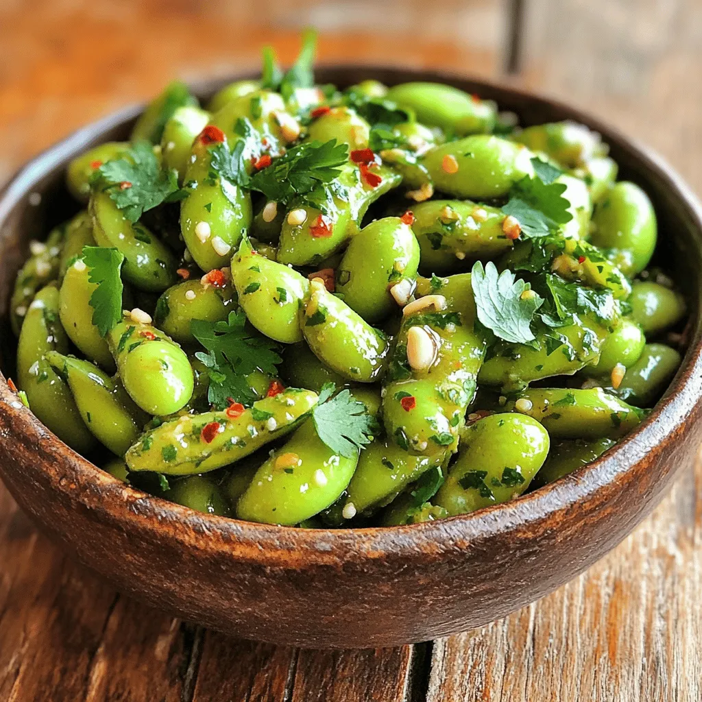 Für die Zubereitung von Spicy Garlic Edamame benötigst du folgende Hauptzutaten: - 2 Tassen frische Edamame in Schoten - 3 Knoblauchzehen, fein gehackt - 2 Esslöffel Sojasauce - 1 Esslöffel Sesamöl - 1 Teelöffel rote Pfefferflocken (nach Geschmack anpassen) - Salz nach Geschmack Diese Zutaten geben dem Gericht seinen tollen Geschmack. Frische Edamame sind knackig und nahrhaft. Der Knoblauch bringt ein besonderes Aroma, während die Sojasauce und das Sesamöl für eine umami Note sorgen. Wenn du gerne experimentierst, probiere diese zusätzlichen Zutaten aus: - Limettensaft für etwas Säure - Ingwer für einen würzigen Kick - Honig oder Agavendicksaft für eine süße Note - Geröstete Sesamsamen für Crunch Mit diesen Optionen kannst du die Geschmäcker anpassen und dein ganz eigenes Rezept kreieren. Frische Edamame sind am besten für dieses Rezept. Achte beim Kauf auf: - Leuchtend grüne Schoten ohne Flecken - Feste, pralle Hülsen - Unbeschädigte Kanten Wenn du frische Edamame nicht findest, sind gefrorene Edamame eine gute Alternative. Achte darauf, sie gut abzutropfen, bevor du sie verwendest. Sie sind schnell zubereitet und halten ihren Geschmack gut. Du findest das vollständige Rezept für diese köstlichen Spicy Garlic Edamame in der [Full Recipe]. Die Vorbereitungszeit beträgt nur 10 Minuten. Die Kochzeit dauert etwa 5 Minuten. Insgesamt sind Sie in 15 Minuten fertig. Dieses Rezept ergibt 4 Portionen köstlicher Snacks. 1. Wasser vorbereiten: Setzen Sie einen großen Topf mit Wasser auf den Herd. Bringen Sie das Wasser zum Kochen. 2. Salz hinzufügen: Geben Sie eine Prise Salz ins Wasser. Das gibt den Edamame Geschmack. 3. Edamame kochen: Fügen Sie die Edamame in Schoten hinzu. Kochen Sie sie 5 Minuten lang. Sie sollen zart und grün bleiben. 4. Abtropfen: Gießen Sie die Edamame über ein Sieb ab. Spülen Sie sie mit kaltem Wasser ab. Das stoppt den Garprozess. 5. Öl erhitzen: Erhitzen Sie das Sesamöl in einer großen Pfanne bei mittlerer Hitze. Warten Sie etwa 1 Minute. 6. Knoblauch braten: Fügen Sie den gehackten Knoblauch hinzu. Braten Sie ihn 1-2 Minuten an. Achten Sie darauf, ihn nicht zu verbrennen. 7. Sojasauce und Gewürze: Geben Sie die Sojasauce und die roten Pfefferflocken in die Pfanne. Rühren Sie alles gut um. 8. Edamame hinzufügen: Geben Sie die gekochten Edamame in die Pfanne. Wenden Sie sie, bis sie gut bedeckt sind. 9. Aromen verbinden: Lassen Sie die Mischung 2-3 Minuten auf dem Herd. Schmecken Sie mit Salz ab. 10. Garnieren: Nehmen Sie die Pfanne vom Herd. Bestreuen Sie die Edamame mit frischem Koriander, bevor Sie sie servieren. Für dieses Rezept benötigen Sie: - 2 Tassen frische Edamame in Schoten - 3 Knoblauchzehen, fein gehackt - 2 Esslöffel Sojasauce - 1 Esslöffel Sesamöl - 1 Teelöffel rote Pfefferflocken (nach Geschmack anpassen) - 1 Esslöffel frischer Koriander, gehackt (zum Garnieren) - Salz nach Geschmack Jede Zutat hat ihren eigenen Zweck. Edamame ist nahrhaft und lecker. Knoblauch bringt einen tollen Geschmack. Sojasauce fügt Umami hinzu. Sesamöl sorgt für ein nussiges Aroma. Rote Pfefferflocken geben die gewünschte Schärfe. Koriander bringt einen frischen, grünen Geschmack. Die Garzeit ist wichtig für den perfekten Biss. Kochen Sie die Edamame für genau 5 Minuten. Sie sollen zart und grün bleiben. Prüfen Sie die Edamame nach 4 Minuten. So stellen Sie sicher, dass sie nicht zu weich werden. Frisches Edamame hat einen besseren Geschmack. Es ist knackiger und voller Nährstoffe. Wenn frisches Edamame nicht verfügbar ist, verwenden Sie gefrorenes. Achten Sie darauf, es gut zu kochen. Es sollte mindestens 6 Minuten kochen, um die perfekte Textur zu erreichen. Rösten Sie den Knoblauch bei mittlerer Hitze. Das bringt die Aromen heraus. Achten Sie darauf, ihn nicht zu verbrennen. Braten Sie ihn für 1-2 Minuten an, bis er goldbraun ist. So wird der Knoblauch süß und aromatisch. Diese Technik hebt den Geschmack Ihrer würzigen Knoblauch-Edamame hervor. {{image_4}} Möchten Sie mehr Hitze? Fügen Sie einfach mehr rote Pfefferflocken hinzu. Sie können auch frische Chilis verwenden. Schneiden Sie sie klein und braten Sie sie mit dem Knoblauch an. Diese kleinen Änderungen bringen mehr Würze und machen Ihr Gericht aufregender. Lust auf neue Aromen? Probieren Sie, Ingwer hinzuzufügen. Er passt gut zu Knoblauch. Eine andere Idee ist, geröstete Erdnüsse oder Sesamsamen hinzuzufügen. Diese Zutaten geben Crunch und zusätzlichen Geschmack. Experimentieren Sie mit verschiedenen Kräutern wie Basilikum oder Petersilie für frische Noten. Das Rezept ist schon vegan. Sie können die Sojasauce durch Tamari ersetzen, um Gluten zu vermeiden. Eine weitere Option ist, die Edamame mit einer Erdnuss- oder Soja-Dip-Sauce zu servieren. Diese Dips geben einen anderen Look und Geschmack. So bleibt das Gericht spannend und lecker. Kochte Edamame sollten in einem luftdichten Behälter aufbewahrt werden. Sie können sie im Kühlschrank lagern. Achten Sie darauf, dass die Schoten gut abgekühlt sind. So bleibt der Geschmack frisch. Diese Edamame sind bis zu drei Tage haltbar. Wenn Sie sie länger aufbewahren möchten, sollten Sie an das Einfrieren denken. Um Edamame einzufrieren, legen Sie die gekochten Schoten in einen Gefrierbeutel. Entfernen Sie so viel Luft wie möglich. So bleibt die Qualität erhalten. Beschriften Sie den Beutel mit dem Datum. Gefrorene Edamame sind bis zu sechs Monate haltbar. Zum Auftauen lassen Sie die Schoten einfach im Kühlschrank über Nacht ruhen. Die frischen Zutaten für Spicy Garlic Edamame haben unterschiedliche Haltbarkeiten. Frische Edamame bleiben bis zu einer Woche im Kühlschrank frisch. Knoblauch kann bis zu zwei Wochen haltbar sein. Sojasauce und Sesamöl halten sich viel länger. Sie können diese Zutaten für Monate lagern. Achten Sie darauf, alles gut verpackt zu halten. So vermeiden Sie, dass sie verderben. Wenn Sie das vollständige Rezept sehen möchten, schauen Sie hier: [Full Recipe]. Rohe Edamame sind im Kühlschrank etwa eine Woche haltbar. Lagern Sie sie in einer Papiertüte. Das hilft, die Feuchtigkeit zu regulieren. Wenn Sie sie länger aufbewahren möchten, können Sie sie einfrieren. Im Gefrierfach bleiben sie bis zu einem Jahr frisch. Edamame sind sehr nahrhaft. Sie sind reich an Proteinen, Ballaststoffen und Vitaminen. Sie enthalten auch Antioxidantien, die gut für das Herz sind. Außerdem helfen sie, den Cholesterinspiegel zu senken. Edamame unterstützen auch die Verdauung. Sie sind eine gesunde Snack-Option. Ja, Sie können Spicy Garlic Edamame im Voraus zubereiten. Kochen Sie die Edamame und bereiten Sie die Sauce vor. Lagern Sie beides getrennt im Kühlschrank. Vor dem Servieren einfach alles zusammen erhitzen. So sparen Sie Zeit und haben einen schnellen Snack bereit. Spicy Garlic Edamame ist einfach zuzubereiten und voller Geschmack. Wir haben die besten Zutaten und eine klare Anleitung geteilt. Außerdem gebe ich Tipps zur perfekten Garzeit und Vorschläge für kreative Variationen. Lagerungshinweise helfen dir, die Edamame frisch zu halten. Denke daran, Edamame bietet viele gesundheitliche Vorteile und kann automatisch in deine Küche integriert werden. Probiere die Rezepte aus, entdecke neue Geschmäcker und genieße die Vielfalt von Edamame in deinen Gerichten!