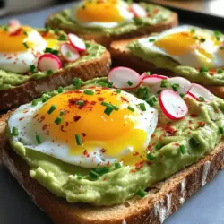 - 2 reife Avocados - 4 Scheiben Vollkornbrot - 4 große Eier Avocados sind der Star dieses Rezepts. Du willst, dass sie reif und cremig sind. Vollkornbrot gibt dem Toast einen nussigen Biss. Große Eier sorgen für das perfekte pochierte Ei auf deinem Toast. - 2 Esslöffel Zitronensaft - 1 Teelöffel Knoblauchpulver - 1 Teelöffel rote Pfefferflocken - Salz und Pfeffer nach Geschmack Mit Zitronensaft bleibt die Avocado frisch und bekommt einen tollen Geschmack. Knoblauchpulver fügt eine leichte Schärfe hinzu. Rote Pfefferflocken bringen einen schönen Kick. Salz und Pfeffer runden alles ab. - Geschnittene Radieschen - Cherrytomaten - Feta-Käse Diese Toppings sind nicht nur lecker, sondern auch bunt. Radieschen geben Knackigkeit. Cherrytomaten fügen Süße hinzu. Feta-Käse bringt eine salzige Note. Du kannst sie nach Belieben hinzufügen, um dein Gericht zu verfeinern. Für das gesamte Rezept schau dir den [Full Recipe] an. Um die Avocado-Creme zu machen, nehme ich zwei reife Avocados. Ich schneide sie in der Mitte auf und entferne den Kern. Dann zerdrücke ich das Fruchtfleisch mit einer Gabel in einer Schüssel, bis es schön cremig ist. Jetzt gebe ich zwei Esslöffel Zitronensaft und einen Teelöffel Knoblauchpulver dazu. Zum Schluss würze ich die Mischung mit Salz und Pfeffer nach Geschmack. Ich rühre alles gut um und stelle es beiseite. Für das Brot nehme ich vier Scheiben Vollkornbrot. Ich röste die Scheiben in einem Toaster oder in einer Pfanne, bis sie goldbraun und knusprig sind. Das gibt dem Toast einen tollen Biss und macht ihn noch schmackhafter. Als nächstes pochieren wir die Eier. Ich fülle einen Topf mit Wasser und bringe es bei mittlerer Hitze zum Simmern. Man kann einen Spritzer Essig hinzufügen, um die Eier besser zu halten. Ich schlage jedes Ei in eine kleine Schüssel auf. Dann lasse ich das Ei vorsichtig in das simmernde Wasser gleiten. Ich pochieren die Eier für etwa drei bis vier Minuten. Das Eiweiß wird fest, während das Eigelb flüssig bleibt. Ich nehme die Eier mit einer Schöpfkelle heraus und lasse sie auf einem Papiertuch abtropfen. Jetzt ist es Zeit, den Toast zusammenzustellen. Ich nehme eine Scheibe des gerösteten Brotes und streiche eine großzügige Schicht der Avocadocreme darauf. Dann platziere ich ein pochiertes Ei noch warm auf dem Avocado-Toast. Um den perfekten Geschmack zu erreichen, streue ich rote Pfefferflocken und gehackten Schnittlauch darüber. Für extra Geschmack kann ich auch geschnittene Radieschen oder Cherrytomaten hinzufügen. Für das vollständige Rezept schaue dir die [Full Recipe] an. - Reifegrad erkennen: Wählen Sie Avocados, die leicht nachgeben, wenn Sie sanft drücken. Der Farbton sollte dunkelgrün bis fast schwarz sein. Vermeiden Sie harte oder überreife Früchte, die braune Stellen haben. - Aufbewahrungstipps: Lagern Sie reife Avocados bei Raumtemperatur. Um den Reifeprozess zu verlangsamen, legen Sie sie in den Kühlschrank. So bleiben sie frisch und lecker. - Vorbereitungen für das Pochieren: Füllen Sie einen Topf mit Wasser und bringen Sie es zum Simmern. Fügen Sie einen Spritzer Essig hinzu, um das Eiweiß zusammenzuhalten. Dies hilft, das Ei perfekt zu pochieren. - Häufige Fehler vermeiden: Achten Sie darauf, das Wasser nicht zu stark kochen zu lassen. Zu viel Bewegung kann das Ei zerreißen. Nutzen Sie frische Eier, da sie besser die Form halten. - Gewürzmischungen: Experimentieren Sie mit verschiedenen Gewürzen wie Kreuzkümmel oder Paprika. Sie geben dem Avocado Toast eine neue Dimension. - Andere Brotvarianten ausprobieren: Nutzen Sie verschiedene Brotsorten wie Sauerteig oder Roggenbrot. Diese geben dem Gericht einen einzigartigen Geschmack und eine andere Textur. Für das vollständige Rezept, schauen Sie sich das [Full Recipe] an. {{image_4}} Für einen anderen Geschmack kann der Avocado-Toast viele Toppings haben. Eine mediterrane Variante nutzt Feta-Käse, Oliven und frische Kräuter. Diese Zutaten geben einen salzigen, herzhaften Geschmack. Du kannst auch geschnittene Tomaten und Gurken hinzufügen. Wenn du vegan bist, kannst du den Pochierten Ei durch gebratene Pilze oder Tofu ersetzen. Diese Optionen sind nahrhaft und lecker. Ein Spritzer Zitronensaft passt perfekt zu jedem Topping. Das Brot, das du wählst, kann den Toast verändern. Vollkornbrot ist nahrhaft, aber du kannst auch Sauerteig oder glutenfreies Brot verwenden. Diese Alternativen bringen neue Texturen und Aromen. Wenn du kein Ei magst, probiere Avocado mit Kichererbsen. Die Mischung ist sättigend und gibt einen tollen Geschmack. Eine andere Option ist gebratene Eier oder Rühreier. Saucen können dem Avocado-Toast das gewisse Extra geben. Eine pikante Sauce aus Sriracha und Mayo bringt Schärfe. Du kannst auch einen fruchtigen Balsamico-Essig für eine süße Note nutzen. Hummus oder Pesto sind tolle Aufstriche, die du hinzufügen kannst. Diese geben zusätzliche Cremigkeit und einen besonderen Geschmack. Experimentiere mit Aromen, um dein perfektes Gericht zu finden. - Tipps zur Frische: Wählen Sie reife Avocados. Drücken Sie sanft auf die Haut. Sie sollten leicht nachgeben. Lagern Sie Avocados bei Raumtemperatur, bis sie reif sind. Danach kühlen Sie sie im Kühlschrank. - Verhindern von Braunfärbung: Schneiden Sie die Avocado erst kurz vor dem Servieren. Um Braunfärbung zu vermeiden, träufeln Sie etwas Zitronensaft auf die Schnittfläche. Wickeln Sie die Avocado in Frischhaltefolie und lagern Sie sie im Kühlschrank. - Brot und Avocadocreme getrennt aufbewahren: Lagern Sie das geröstete Brot in einem luftdichten Behälter. Die Avocadocreme sollte in einem separaten Behälter mit einem Deckel aufbewahrt werden. - Beste Methode zum Wiedererwärmen: Rösten Sie das Brot erneut im Toaster oder in der Pfanne. Verwenden Sie die Mikrowelle nur für kurze Zeit, um die Konsistenz zu erhalten. - Frische von Eiern und Brot: Frische Eier halten sich in der Regel 3-5 Wochen im Kühlschrank. Vollkornbrot bleibt frisch, wenn Sie es kühl und trocken lagern. - Haltbarkeit der Avocados: Reife Avocados sind für etwa 2-3 Tage im Kühlschrank haltbar. Unreife Avocados halten sich länger, oft bis zu einer Woche. Achten Sie darauf, sie regelmäßig zu prüfen. Für das vollständige Rezept, schauen Sie sich den Full Recipe an. Die Zubereitung von Avocado-Toast ist schnell und einfach. Die Vorbereitungszeit beträgt etwa 10 Minuten. Das Kochen dauert weitere 10 Minuten. Insgesamt sind es also etwa 20 Minuten. In dieser Zeit hast du ein leckeres Gericht auf dem Tisch. Eine Portion Avocado-Toast mit einem pochierten Ei hat rund 300 bis 400 Kalorien. Die genauen Angaben hängen von den verwendeten Zutaten ab. Vollkornbrot, Avocado und Ei bieten gesunde Fette und Proteine. Diese Kombination macht das Gericht nahrhaft und sättigend. Ja, du kannst Avocado-Toast im Voraus zubereiten, aber mit Vorsicht. Bereite die Avocadocreme vor und lagere sie in einem luftdichten Behälter. Füge Zitronensaft hinzu, um die Farbe zu erhalten. Röste das Brot erst kurz vor dem Servieren. Das sorgt dafür, dass es knusprig bleibt. Wenn du keine Eier essen möchtest, gibt es viele Alternativen. Du kannst Tofu verwenden, das du anbraten oder würzen kannst. Kichererbsen sind ebenfalls eine gesunde Proteinquelle. Für eine vegane Version nutze Avocado und zusätzlich Hummus oder Quark. Avocado-Toast ist einfach zuzubereiten und lecker. Wir haben die Hauptzutaten wie reife Avocados, Vollkornbrot und große Eier besprochen. Ich habe Schritt-für-Schritt erklärt, wie man die Avocadocreme macht und die Eier richtig pochiert. Dabei gab es auch Tipps zur Auswahl der Zutaten und Variationen. Egal, ob du den klassischen oder kreativen Toast bevorzugst, die Möglichkeiten sind endlos. Probiere verschiedene Toppings und Saucen aus. Genieß dein Avocado-Toast wie ein Profi!