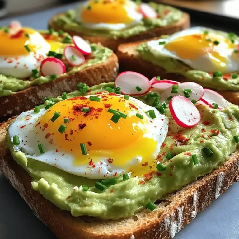 - 2 reife Avocados - 4 Scheiben Vollkornbrot - 4 große Eier Avocados sind der Star dieses Rezepts. Du willst, dass sie reif und cremig sind. Vollkornbrot gibt dem Toast einen nussigen Biss. Große Eier sorgen für das perfekte pochierte Ei auf deinem Toast. - 2 Esslöffel Zitronensaft - 1 Teelöffel Knoblauchpulver - 1 Teelöffel rote Pfefferflocken - Salz und Pfeffer nach Geschmack Mit Zitronensaft bleibt die Avocado frisch und bekommt einen tollen Geschmack. Knoblauchpulver fügt eine leichte Schärfe hinzu. Rote Pfefferflocken bringen einen schönen Kick. Salz und Pfeffer runden alles ab. - Geschnittene Radieschen - Cherrytomaten - Feta-Käse Diese Toppings sind nicht nur lecker, sondern auch bunt. Radieschen geben Knackigkeit. Cherrytomaten fügen Süße hinzu. Feta-Käse bringt eine salzige Note. Du kannst sie nach Belieben hinzufügen, um dein Gericht zu verfeinern. Für das gesamte Rezept schau dir den [Full Recipe] an. Um die Avocado-Creme zu machen, nehme ich zwei reife Avocados. Ich schneide sie in der Mitte auf und entferne den Kern. Dann zerdrücke ich das Fruchtfleisch mit einer Gabel in einer Schüssel, bis es schön cremig ist. Jetzt gebe ich zwei Esslöffel Zitronensaft und einen Teelöffel Knoblauchpulver dazu. Zum Schluss würze ich die Mischung mit Salz und Pfeffer nach Geschmack. Ich rühre alles gut um und stelle es beiseite. Für das Brot nehme ich vier Scheiben Vollkornbrot. Ich röste die Scheiben in einem Toaster oder in einer Pfanne, bis sie goldbraun und knusprig sind. Das gibt dem Toast einen tollen Biss und macht ihn noch schmackhafter. Als nächstes pochieren wir die Eier. Ich fülle einen Topf mit Wasser und bringe es bei mittlerer Hitze zum Simmern. Man kann einen Spritzer Essig hinzufügen, um die Eier besser zu halten. Ich schlage jedes Ei in eine kleine Schüssel auf. Dann lasse ich das Ei vorsichtig in das simmernde Wasser gleiten. Ich pochieren die Eier für etwa drei bis vier Minuten. Das Eiweiß wird fest, während das Eigelb flüssig bleibt. Ich nehme die Eier mit einer Schöpfkelle heraus und lasse sie auf einem Papiertuch abtropfen. Jetzt ist es Zeit, den Toast zusammenzustellen. Ich nehme eine Scheibe des gerösteten Brotes und streiche eine großzügige Schicht der Avocadocreme darauf. Dann platziere ich ein pochiertes Ei noch warm auf dem Avocado-Toast. Um den perfekten Geschmack zu erreichen, streue ich rote Pfefferflocken und gehackten Schnittlauch darüber. Für extra Geschmack kann ich auch geschnittene Radieschen oder Cherrytomaten hinzufügen. Für das vollständige Rezept schaue dir die [Full Recipe] an. - Reifegrad erkennen: Wählen Sie Avocados, die leicht nachgeben, wenn Sie sanft drücken. Der Farbton sollte dunkelgrün bis fast schwarz sein. Vermeiden Sie harte oder überreife Früchte, die braune Stellen haben. - Aufbewahrungstipps: Lagern Sie reife Avocados bei Raumtemperatur. Um den Reifeprozess zu verlangsamen, legen Sie sie in den Kühlschrank. So bleiben sie frisch und lecker. - Vorbereitungen für das Pochieren: Füllen Sie einen Topf mit Wasser und bringen Sie es zum Simmern. Fügen Sie einen Spritzer Essig hinzu, um das Eiweiß zusammenzuhalten. Dies hilft, das Ei perfekt zu pochieren. - Häufige Fehler vermeiden: Achten Sie darauf, das Wasser nicht zu stark kochen zu lassen. Zu viel Bewegung kann das Ei zerreißen. Nutzen Sie frische Eier, da sie besser die Form halten. - Gewürzmischungen: Experimentieren Sie mit verschiedenen Gewürzen wie Kreuzkümmel oder Paprika. Sie geben dem Avocado Toast eine neue Dimension. - Andere Brotvarianten ausprobieren: Nutzen Sie verschiedene Brotsorten wie Sauerteig oder Roggenbrot. Diese geben dem Gericht einen einzigartigen Geschmack und eine andere Textur. Für das vollständige Rezept, schauen Sie sich das [Full Recipe] an. {{image_4}} Für einen anderen Geschmack kann der Avocado-Toast viele Toppings haben. Eine mediterrane Variante nutzt Feta-Käse, Oliven und frische Kräuter. Diese Zutaten geben einen salzigen, herzhaften Geschmack. Du kannst auch geschnittene Tomaten und Gurken hinzufügen. Wenn du vegan bist, kannst du den Pochierten Ei durch gebratene Pilze oder Tofu ersetzen. Diese Optionen sind nahrhaft und lecker. Ein Spritzer Zitronensaft passt perfekt zu jedem Topping. Das Brot, das du wählst, kann den Toast verändern. Vollkornbrot ist nahrhaft, aber du kannst auch Sauerteig oder glutenfreies Brot verwenden. Diese Alternativen bringen neue Texturen und Aromen. Wenn du kein Ei magst, probiere Avocado mit Kichererbsen. Die Mischung ist sättigend und gibt einen tollen Geschmack. Eine andere Option ist gebratene Eier oder Rühreier. Saucen können dem Avocado-Toast das gewisse Extra geben. Eine pikante Sauce aus Sriracha und Mayo bringt Schärfe. Du kannst auch einen fruchtigen Balsamico-Essig für eine süße Note nutzen. Hummus oder Pesto sind tolle Aufstriche, die du hinzufügen kannst. Diese geben zusätzliche Cremigkeit und einen besonderen Geschmack. Experimentiere mit Aromen, um dein perfektes Gericht zu finden. - Tipps zur Frische: Wählen Sie reife Avocados. Drücken Sie sanft auf die Haut. Sie sollten leicht nachgeben. Lagern Sie Avocados bei Raumtemperatur, bis sie reif sind. Danach kühlen Sie sie im Kühlschrank. - Verhindern von Braunfärbung: Schneiden Sie die Avocado erst kurz vor dem Servieren. Um Braunfärbung zu vermeiden, träufeln Sie etwas Zitronensaft auf die Schnittfläche. Wickeln Sie die Avocado in Frischhaltefolie und lagern Sie sie im Kühlschrank. - Brot und Avocadocreme getrennt aufbewahren: Lagern Sie das geröstete Brot in einem luftdichten Behälter. Die Avocadocreme sollte in einem separaten Behälter mit einem Deckel aufbewahrt werden. - Beste Methode zum Wiedererwärmen: Rösten Sie das Brot erneut im Toaster oder in der Pfanne. Verwenden Sie die Mikrowelle nur für kurze Zeit, um die Konsistenz zu erhalten. - Frische von Eiern und Brot: Frische Eier halten sich in der Regel 3-5 Wochen im Kühlschrank. Vollkornbrot bleibt frisch, wenn Sie es kühl und trocken lagern. - Haltbarkeit der Avocados: Reife Avocados sind für etwa 2-3 Tage im Kühlschrank haltbar. Unreife Avocados halten sich länger, oft bis zu einer Woche. Achten Sie darauf, sie regelmäßig zu prüfen. Für das vollständige Rezept, schauen Sie sich den Full Recipe an. Die Zubereitung von Avocado-Toast ist schnell und einfach. Die Vorbereitungszeit beträgt etwa 10 Minuten. Das Kochen dauert weitere 10 Minuten. Insgesamt sind es also etwa 20 Minuten. In dieser Zeit hast du ein leckeres Gericht auf dem Tisch. Eine Portion Avocado-Toast mit einem pochierten Ei hat rund 300 bis 400 Kalorien. Die genauen Angaben hängen von den verwendeten Zutaten ab. Vollkornbrot, Avocado und Ei bieten gesunde Fette und Proteine. Diese Kombination macht das Gericht nahrhaft und sättigend. Ja, du kannst Avocado-Toast im Voraus zubereiten, aber mit Vorsicht. Bereite die Avocadocreme vor und lagere sie in einem luftdichten Behälter. Füge Zitronensaft hinzu, um die Farbe zu erhalten. Röste das Brot erst kurz vor dem Servieren. Das sorgt dafür, dass es knusprig bleibt. Wenn du keine Eier essen möchtest, gibt es viele Alternativen. Du kannst Tofu verwenden, das du anbraten oder würzen kannst. Kichererbsen sind ebenfalls eine gesunde Proteinquelle. Für eine vegane Version nutze Avocado und zusätzlich Hummus oder Quark. Avocado-Toast ist einfach zuzubereiten und lecker. Wir haben die Hauptzutaten wie reife Avocados, Vollkornbrot und große Eier besprochen. Ich habe Schritt-für-Schritt erklärt, wie man die Avocadocreme macht und die Eier richtig pochiert. Dabei gab es auch Tipps zur Auswahl der Zutaten und Variationen. Egal, ob du den klassischen oder kreativen Toast bevorzugst, die Möglichkeiten sind endlos. Probiere verschiedene Toppings und Saucen aus. Genieß dein Avocado-Toast wie ein Profi!
