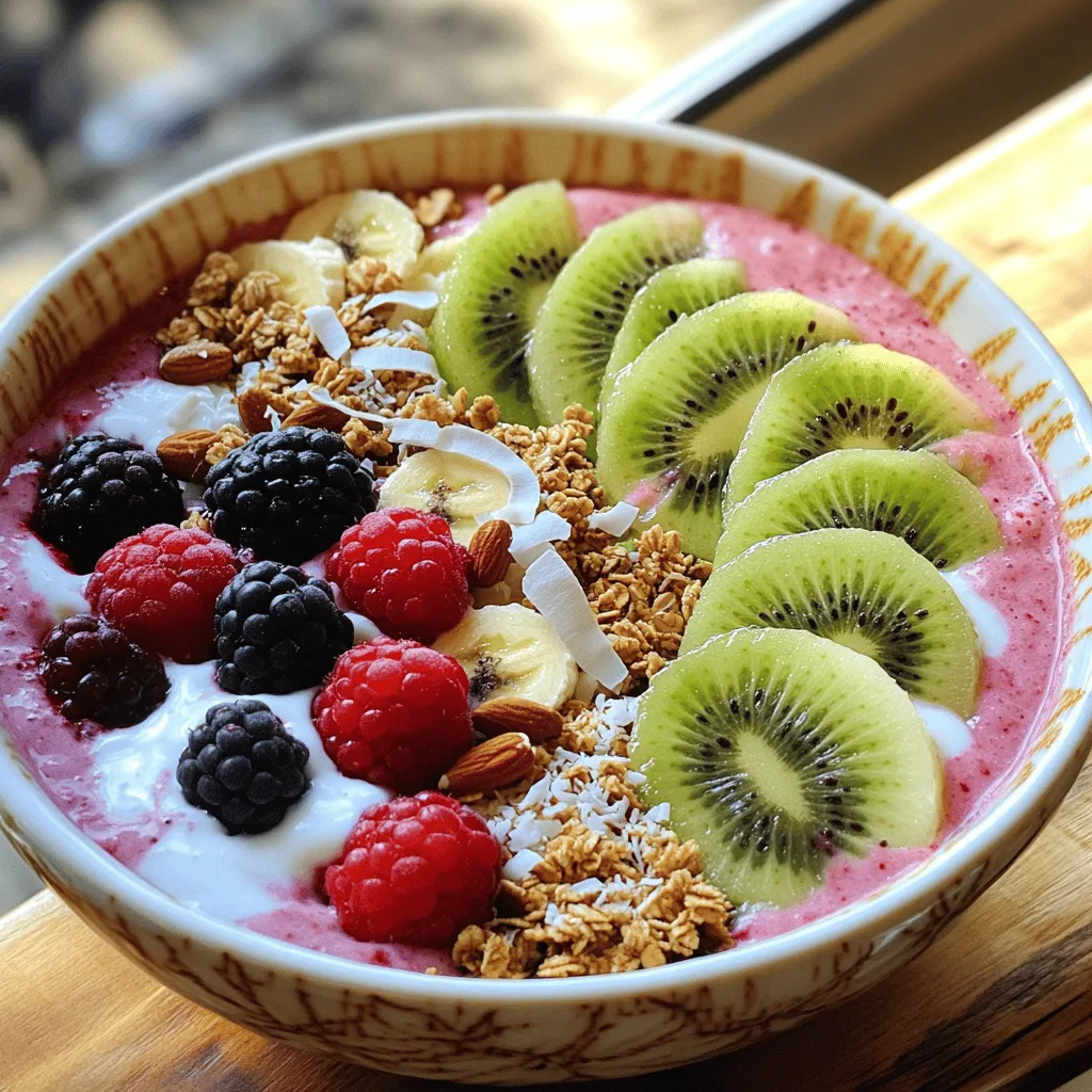 - gefrorene gemischte Beeren - Banane - griechischer Joghurt - Mandelmilch Für eine leckere Berry Smoothie Bowl müssen Sie einige Hauptzutaten haben. Gefrorene gemischte Beeren sind ein Muss. Sie bringen Frische und Geschmack. Ich verwende oft Erdbeeren, Himbeeren und Heidelbeeren. Eine Banane sorgt für Cremigkeit und Süße. Sie hilft, die Mischung schön zu machen. Griechischer Joghurt bringt Proteine und macht den Smoothie dickflüssig. Mandelmilch gibt eine milde Note. Sie ist auch eine gute pflanzliche Option. - Chiasamen - Honig oder Ahornsirup Zusätzliche Zutaten können das Rezept verbessern. Chiasamen sind klein, aber sehr nahrhaft. Sie fügen Ballaststoffe und Omega-3-Fettsäuren hinzu. Honig oder Ahornsirup kann die Bowl süßer machen, wenn Sie es mögen. Diese Zutaten sind auch leicht zu finden. - frische Obstscheiben - Granola - geraspelter Kokosnuss - Nüsse oder Samen Toppings machen die Berry Smoothie Bowl besonders. Frische Obstscheiben bringen Farbe und Geschmack. Ich liebe Kiwi und mehr Banane als Toppings. Granola gibt einen tollen Crunch. Geraspelter Kokosnuss sorgt für einen tropischen Geschmack. Nüsse oder Samen fügen einen knackigen Biss hinzu. Sie können alles nach Ihrem Geschmack anpassen. Wenn Sie mehr Ideen brauchen, schauen Sie sich das [Full Recipe] an. Zuerst bereiten wir die Zutaten vor. Du brauchst gefrorene gemischte Beeren, eine Banane, griechischen Joghurt und Mandelmilch. Nimm eine Tasse gefrorene Beeren und eine Banane, die du in Scheiben schneidest. Das macht das Mixen einfacher. Dann stellst du die Chiasamen und den Honig oder Ahornsirup bereit, falls du Süße hinzufügen möchtest. Wähle auch deine Toppings. Du kannst frische Obstscheiben wie Kiwi und Banane verwenden. Granola gibt einen tollen Crunch. Geraspelter Kokosnuss und Nüsse sorgen für zusätzlichen Geschmack und Textur. Jetzt geht’s ans Mixen. Gib die gefrorenen Beeren, die Banane, den griechischen Joghurt, die Mandelmilch und die Chiasamen in den Mixer. Achte darauf, dass der Mixer gut funktioniert. Mixe die Zutaten bei hoher Geschwindigkeit. Mische sie, bis die Mischung glatt und cremig ist. Wenn die Mischung zu dick ist, füge mehr Mandelmilch hinzu. Wie lange mixen? Mixe für etwa 30 bis 60 Sekunden. Prüfe die Konsistenz. Wenn du es süßer magst, füge jetzt den Honig oder Ahornsirup hinzu. Mixe kurz weiter, um die Süße gut zu vermischen. Gieße den Smoothie in eine Schüssel. Benutze einen Spatel, um die Oberseite glatt zu streichen. Das sieht schön aus und macht das Anrichten einfacher. Jetzt kommt der kreative Teil. Arrangiere deine Toppings kunstvoll auf der Smoothie-Basis. Lege frische Obstscheiben darauf, streue Granola und geraspelte Kokosnuss darüber. Eine Prise Nüsse oder Samen macht das Ganze perfekt. Schau dir deine Smoothie-Schüssel an. Sie sieht toll aus und ist bereit zum Genießen! Um die perfekte Konsistenz für deine Smoothie Bowl zu bekommen, ist die Menge an Mandelmilch wichtig. Beginne mit einer halben Tasse und füge mehr hinzu, wenn die Mischung zu dick ist. Du willst eine cremige, aber nicht flüssige Basis. Wenn du die Süße anpassen möchtest, probiere die Basis nach dem Mixen. Füge Honig oder Ahornsirup hinzu, wenn du es süßer magst. Mixe dann kurz, um die Süße gleichmäßig zu verteilen. Die Präsentation macht viel aus. Verwende bunte Obststücke wie Kiwi, Banane oder Beeren. Diese geben deiner Schüssel ein frisches Aussehen. Wähle eine schöne Schüssel, um die Farben hervorzuheben. Eine helle oder weiße Schüssel lässt die Farben der Zutaten strahlen. Achte darauf, die Toppings kunstvoll anzuordnen. So wird jede Smoothie Bowl ein echter Hingucker. Beeren sind echte Nährstoffbomben. Sie enthalten viele Vitamine und Antioxidantien. Diese helfen dir, gesund zu bleiben. Griechischer Joghurt ist ebenfalls ein toller Zusatz. Er ist reich an Protein und unterstützt die Verdauung. Gemeinsam sorgen die Zutaten für einen gesunden Start in den Tag. Wenn du mehr über die gesundheitlichen Vorteile wissen möchtest, schau dir den Full Recipe an. {{image_4}} Beeren sind bunt und lecker. Sie bringen Geschmack und Farbe in Ihre Smoothie Bowl. Sie können verschiedene Beeren verwenden, um neue Geschmäcker zu entdecken. Erdbeeren sind süß und saftig. Himbeeren fügen eine leichte Säure hinzu. Heidelbeeren sind cremig und voll von Antioxidantien. Diese Kombination macht die Bowl nicht nur schmackhaft, sondern auch gesund. Versuchen Sie, eine Tasse gefrorene gemischte Beeren zu verwenden. Die Mischung aus Erdbeeren, Himbeeren und Heidelbeeren gibt Ihnen eine schöne Basis für die Bowl. Ein wichtiger Bestandteil ist der Joghurt. Er macht die Smoothie Bowl cremig. Wenn Sie pflanzliche Optionen bevorzugen, können Sie Soja- oder Kokosjoghurt nehmen. Diese sind ebenfalls lecker und gesund. Proteinreiche Alternativen sind auch eine gute Wahl. Griechischer Joghurt ist voll von Proteinen. Wenn Sie die Bowl proteinreicher machen möchten, probieren Sie Skyr oder Quark. Diese Optionen geben Ihrer Bowl eine zusätzliche Portion Nährstoffe. Möchten Sie Ihre Smoothie Bowl vegan machen? Das ist ganz einfach! Verwenden Sie pflanzlichen Joghurt und Mandelmilch. So bleibt die Bowl rein pflanzlich und lecker. Zusätzliche Proteine und Superfoods sind ebenfalls eine tolle Idee. Fügen Sie Chiasamen oder Hanfsamen hinzu. Diese kleinen Samen sind reich an Nährstoffen. Sie machen die Bowl noch gesünder und sättigender. Für das perfekte Rezept schauen Sie sich das [Full Recipe] an. Dort finden Sie alle Infos für Ihre Beerenfreude Smoothie-Schüssel! Du kannst deine Smoothie-Basis in zwei verschiedenen Orten lagern: im Kühlschrank oder im Gefrierfach. Wenn du den Smoothie sofort genießen willst, ist der Kühlschrank die beste Wahl. Die Basis bleibt dort etwa ein bis zwei Tage frisch. Achte darauf, sie in einem luftdichten Behälter zu lagern, um den Geschmack zu bewahren. Wenn du sie länger aufbewahren möchtest, ist das Gefrierfach ideal. Dort bleibt die Basis bis zu drei Monate haltbar. Das Einfrieren kann die Beeren und den Geschmack gut erhalten. Um Zeit zu sparen, bereite die Zutaten im Voraus vor. Du kannst die gefrorenen Beeren, die Banane und den Joghurt schon vorab abmessen und in eine Schüssel geben. Decke die Schüssel ab und stelle sie in den Kühlschrank. So sind die Zutaten bereit, wenn du Lust auf einen Smoothie hast. Dies macht das Mixen schnell und einfach. Achte darauf, die Chiasamen nicht zu vergessen, sie sind wichtig für die Konsistenz. Wie lange sind gefrorene Beeren haltbar? Gefrorene Beeren sind sehr lange haltbar. Sie können bis zu einem Jahr im Gefrierfach bleiben, wenn sie gut verpackt sind. Achte darauf, dass sie luftdicht verpackt sind, um Gefrierbrand zu vermeiden. Dieser kann den Geschmack und die Textur beeinträchtigen. Frische Beeren hingegen halten sich nur wenige Tage im Kühlschrank. Nutze sie also schnell, bevor sie schlecht werden. Um eine einfache Berry Smoothie Bowl zu machen, brauchst du nur ein paar Schritte. Hier ist eine schnelle Anleitung: 1. Zutaten in den Mixer geben: Nimm gefrorene Beeren, Banane, griechischen Joghurt und Mandelmilch. 2. Mixen: Mixe alles, bis die Mischung glatt ist. Füge mehr Mandelmilch hinzu, falls nötig. 3. Süßen: Probiere die Mischung und füge nach Geschmack Honig oder Ahornsirup hinzu. 4. In die Schüssel gießen: Gieße den Smoothie in eine schöne Schüssel. 5. Toppings anrichten: Füge frisches Obst, Granola und geraspelte Kokosnüsse hinzu. Diese Schritte machen die Berry Smoothie Bowl einfach und lecker. Du kannst die Details im [Full Recipe] nachlesen. Ja, du kannst viele Früchte verwenden! Beeren sind großartig, aber auch andere Früchte passen gut. Probiere Mango, Ananas oder sogar Spinat für eine grüne Note. Diese Flexibilität macht jede Bowl einzigartig. Eine Smoothie Bowl ist sehr gesund. Sie enthält viele Nährstoffe. Beeren sind reich an Vitaminen und Antioxidantien. Griechischer Joghurt bietet Protein und Kalzium. Zusammen fördern sie die Gesundheit. Du kannst deine Smoothie Bowl leicht anpassen. Hier sind einige Tipps: - Toppings: Wähle deine Lieblingsfrüchte und Nüsse. - Süße: Passe die Süße nach deinem Geschmack an. - Zusätzliche Zutaten: Füge Superfoods wie Chiasamen oder Leinsamen hinzu. So wird deine Berry Smoothie Bowl ganz nach deinem Geschmack! Diese Anleitung zeigt dir, wie du eine leckere Smoothie Bowl machst. Wir haben die Haupt- und Zusatzzutaten sowie Toppings besprochen. Du hast gelernt, die Mischung gut vorzubereiten und zu mixen. Präsentiere deine Bowl schön und genieße die gesundheitlichen Vorteile. Erinnere dich, du kannst die Rezepte anpassen und variieren. Experimentiere mit verschiedenen Früchten und Zutaten für mehr Geschmack. Mit diesen Tipps machst du immer wieder neue, köstliche Smoothie Bowls.