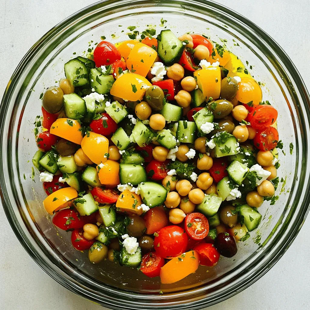 Für den Mediterranen Kichererbsensalat brauchst du frische und nahrhafte Zutaten. Hier ist eine Liste: - 1 Dose (15 oz) Kichererbsen, abgetropft und abgespült - 1 Gurke, gewürfelt - 1 rote Paprika, gewürfelt - 1 Tasse Kirschtomaten, halbiert - 1/4 rote Zwiebel, fein gehackt - 1/2 Tasse Kalamata-Oliven, entsteint und halbiert - 1/4 Tasse Feta-Käse, zerbröselt (optional) - 2 Esslöffel frische Petersilie, gehackt - 2 Esslöffel frische Minze, gehackt - 3 Esslöffel Olivenöl - 1 Esslöffel Zitronensaft - 1 Teelöffel getrockneter Oregano - Salz und Pfeffer nach Geschmack Die Mengen sind wichtig für den Geschmack. Verwende die angegebenen Mengen für beste Ergebnisse. Du kannst die Zutaten nach deinem Geschmack anpassen, aber achte darauf, das Gleichgewicht zu halten. Kichererbsen geben eine gute Basis, während die anderen Zutaten Frische und Textur bringen. Ich empfehle frische Zutaten, wenn möglich. Frisches Gemüse hat mehr Geschmack und Nährstoffe. Konservierte Kichererbsen sind jedoch praktisch und gut für schnelle Gerichte. Achte darauf, sie gut abzuspülen, um den überschüssigen Natriumgehalt zu reduzieren. Wenn du frische Kichererbsen verwenden möchtest, koche sie einfach vorher. So erhältst du den besten Geschmack und die beste Textur für deinen Salat. Zuerst musst du alle Zutaten bereitstellen. Nimm eine große Schüssel und lege sie zur Seite. Öffne eine Dose Kichererbsen und spüle sie gut ab. So entfernst du den Salzwasser-Geschmack. Dann würfelst du die Gurke und die rote Paprika in kleine Stücke. Halbiere die Kirschtomaten und hacke die rote Zwiebel fein. Entsteine die Kalamata-Oliven und schneide sie ebenfalls in Hälften. Diese frischen Zutaten machen den Salat bunt und lecker. Jetzt ist es Zeit für das Dressing! In einer kleinen Schüssel mischst du das Olivenöl, den Zitronensaft und den getrockneten Oregano. Füge Salz und Pfeffer hinzu, um den Geschmack zu verbessern. Nutze einen Schneebesen, um alles gut zu vermengen. Du willst eine glatte Mischung. Das Dressing gibt dem Salat den besonderen Kick. Jetzt kommt der beste Teil: den Salat zusammenstellen! Gib die Kichererbsen und das Gemüse in die große Schüssel. Gieße das Dressing gleichmäßig darüber. Rühre vorsichtig um, damit alle Zutaten gut vermischt sind. Wenn du möchtest, füge den zerbröselten Feta-Käse, die gehackte Petersilie und die Minze hinzu. Sei vorsichtig, damit der Feta nicht zerfällt. Probiere den Salat und schmecke nach. Wenn er mehr Geschmack braucht, füge einen Spritzer Zitronensaft oder zusätzliches Olivenöl hinzu. Decke den Salat ab und lass ihn 30 Minuten im Kühlschrank ruhen. So entfalten sich die Aromen besser. Für die vollständige Zubereitung sieh dir das [Full Recipe]. Die Aromen in einem mediterranen Kichererbsensalat sind wichtig. Frische Kräuter wie Petersilie und Minze bringen Leben in den Salat. Olivenöl und Zitronensaft sorgen für einen tollen Geschmack. Fügen Sie getrockneten Oregano hinzu, um den Salat zu verfeinern. Kombinieren Sie die Zutaten gründlich, damit sich die Aromen gut vermischen. Lassen Sie den Salat vor dem Servieren etwas ruhen. So können sich die Geschmäcker entfalten. Denken Sie daran, den Feta-Käse erst kurz vor dem Servieren hinzuzufügen, damit er nicht zerbricht. Ein häufiger Fehler ist, den Salat zu früh zu dressieren. Wenn Sie das Dressing zu früh hinzufügen, wird der Salat matschig. Auch zu viel Salz kann den Geschmack ruinieren. Seien Sie vorsichtig mit den Oliven, da sie salzig sind. Ein weiterer Fehler ist, die Kichererbsen nicht gut abzutropfen. Das kann den Salat wässrig machen. Schließlich sollten Sie darauf achten, frische Zutaten zu verwenden. Alte oder welke Zutaten bringen keinen guten Geschmack. Um Zeit zu sparen, können Sie einige Zutaten im Voraus vorbereiten. Schneiden Sie das Gemüse am Abend vorher. Bewahren Sie es in einem luftdichten Behälter im Kühlschrank auf. So sind die Zutaten bereit, wenn Sie den Salat zubereiten. Sie können auch das Dressing im Voraus machen. Stellen Sie es in eine separate Flasche oder Schüssel. Am Tag der Zubereitung brauchen Sie nur alles zusammenzusetzen. Dies macht die Zubereitung schnell und einfach. Für die vollständige Anleitung besuchen Sie das [Full Recipe]. {{image_4}} Wenn Sie eine vegane Variante des mediterranen Kichererbsensalats möchten, lassen Sie einfach den Feta-Käse weg. Sie können stattdessen etwas Avocado hinzufügen. Diese macht den Salat cremig und lecker. Auch veganer Käse ist eine gute Option. Für mehr Geschmack können Sie weitere Zutaten hinzufügen. Zum Beispiel passen geröstete Nüsse wie Mandeln oder Pinienkerne gut dazu. Auch eine Handvoll Spinat oder Rucola bringt frische Aromen. Wenn Sie es scharf mögen, fügen Sie etwas Chili oder Paprika hinzu. Je nach Saison können Sie den Salat anpassen. Im Frühling sind frische Erbsen oder Radieschen eine tolle Ergänzung. Im Sommer können Sie Zucchini oder Auberginen grillen und hinzugeben. Im Herbst passen Kürbiswürfel gut dazu. So bleibt der Salat immer spannend und lecker. Für das vollständige Rezept, schauen Sie sich die Details im Full Recipe an. Kühlen Sie den Mediterranen Kichererbsensalat immer im Kühlschrank. Verwenden Sie eine luftdichte Schüssel. So bleiben die Zutaten frisch. Lassen Sie ihn nicht lange bei Raumtemperatur stehen. Das Gemüse könnte schnell schlecht werden. Im Kühlschrank hält der Salat etwa drei bis fünf Tage. Achten Sie darauf, ihn gut abzudecken. Überprüfen Sie die Zutaten regelmäßig auf Frische. Wenn der Salat schlecht riecht, sollten Sie ihn wegwerfen. Das Einfrieren des Salats ist nicht ideal. Kichererbsen und frisches Gemüse verlieren ihre Textur. Wenn Sie Reste einfrieren möchten, trennen Sie das Dressing. So bleiben die Zutaten besser in Form. Auftauen sollten Sie den Salat im Kühlschrank. Verwenden Sie ihn innerhalb von zwei Tagen nach dem Auftauen. Für das volle Rezept, schauen Sie sich den Full Recipe an. Ja, du kannst andere Bohnen verwenden. Schwarze Bohnen oder Kidneybohnen sind tolle Alternativen. Diese Bohnen verleihen dem Salat eine andere Farbe und Textur. Achte darauf, die Bohnen gut abzuspülen, wenn du Konserven verwendest. Das hilft, den Salzgehalt zu reduzieren und macht sie frischer. Ja, der Mediterrane Kichererbsensalat ist glutenfrei. Alle Zutaten in diesem Rezept enthalten kein Gluten. Kichererbsen sind eine gute Proteinquelle und sehr gesund. Du kannst also unbesorgt genießen! Um den Salat schmackhafter zu machen, füge frische Kräuter hinzu. Basilikum oder Dill können den Geschmack verfeinern. Verwende zusätzlich einen Spritzer Zitronensaft oder mehr Olivenöl. Das sorgt für mehr Frische. Du kannst auch geröstete Pinienkerne oder Sonnenblumenkerne für einen crunchigen Effekt hinzufügen. Experimentiere gern mit verschiedenen Gewürzen, um deinen perfekten Geschmack zu finden. Wenn du mehr über die Zubereitung erfahren möchtest, schau dir das Full Recipe an! In diesem Artikel haben wir alle benötigten Zutaten für den Salat besprochen und wie man sie zubereitet. Ich habe auch nützliche Tipps gegeben, um die Aromen perfekt zu kombinieren. Variationen lassen sich leicht einfügen, um das Rezept anzupassen. Zudem habe ich wichtige Informationen zur Aufbewahrung und häufige Fragen beantwortet. Denken Sie daran, dass frische Zutaten besser schmecken. Experimentieren Sie mit verschiedenen Aromen und passen Sie die Rezepte an. So machen Sie jeden Salat einzigartig und lecker.