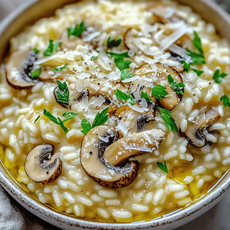 - 1 Tasse Arborio-Reis - 4 Tassen Gemüsebrühe - 2 Esslöffel Olivenöl - 1 mittelgroße Zwiebel, fein gehackt - 3 Knoblauchzehen, gehackt - 1 Tasse gemischte Pilze (Cremini, Shiitake und Champignons), in Scheiben geschnitten - 1/2 Tasse geriebener Parmesan (oder Nährhefe für eine vegane Option) - 2 Esslöffel frische Petersilie, gehackt Für ein gutes Risotto sind die richtigen Zutaten entscheidend. Arborio-Reis ist ideal, weil er viel Stärke hat. Diese Stärke macht das Risotto schön cremig. Gemüsebrühe gibt dem Gericht Geschmack. Frische Pilze bringen umami in die Speise. - Salz und Pfeffer - 1 Teelöffel Trüffelöl (optional) - 2 Esslöffel frische Petersilie Salz und Pfeffer sind wichtig, um den Geschmack zu heben. Trüffelöl kann das Gericht verfeinern. Frische Petersilie sorgt für Farbe und Frische. - Nährhefe als Parmesan-Ersatz - Tipps für pflanzliche Brühe Wenn du eine vegane Variante willst, benutze Nährhefe statt Parmesan. Nährhefe gibt einen herzhaften, käsigen Geschmack. Achte darauf, pflanzliche Brühe zu wählen, um die Speise leicht und gesund zu halten. - Gemüse und Pilze schneiden: Nimm die gemischten Pilze und schneide sie in Scheiben. Hacke die Zwiebel und den Knoblauch fein. Diese Schritte sind wichtig für den Geschmack. - Brühe erhitzen: Stelle einen kleinen Topf mit Gemüsebrühe auf. Erhitze die Brühe bei niedriger Hitze, bis sie warm ist. Halte sie bereit, um sie später hinzuzufügen. - Zwiebel und Knoblauch anbraten: Erhitze das Olivenöl in einer großen Pfanne. Füge die gehackte Zwiebel hinzu und brate sie, bis sie glasig ist. Das dauert etwa 3-4 Minuten. - Pilze hinzufügen: Gib die geschnittenen Pilze dazu und brate sie an. Sie sollten goldbraun und zart werden. Das dauert etwa 5-7 Minuten. Würze sie mit Salz und Pfeffer. - Arborio-Reis rösten: Füge den Arborio-Reis in die Pfanne. Rühre ihn gut um, damit er sich mit dem Öl und den Pilzen vermischt. Röste ihn etwa 2 Minuten, bis er leicht durchsichtig ist. - Brühe schrittweise einrühren: Beginne, die warme Brühe nach und nach hinzuzufügen. Gib immer eine Kelle auf einmal dazu. Rühre gut, bis die Flüssigkeit fast aufgesogen ist. - Rühren für die perfekte Konsistenz: Wiederhole diesen Vorgang für etwa 18-20 Minuten. Rühre ständig, bis der Reis cremig und al dente ist. Du wirst die perfekte Konsistenz erreichen. Das ist die Schritt-für-Schritt-Anleitung für dein köstliches Pilzrisotto. Für das vollständige Rezept, schau dir die [Full Recipe] an. Um die perfekte Konsistenz für dein Risotto zu erreichen, ist es wichtig, den Reis al dente zu kochen. Al dente bedeutet, dass der Reis innen noch etwas fest ist. So bleibt das Risotto cremig und nicht matschig. Kontrolliere die Flüssigkeitsaufnahme gut. Füge immer eine Kelle Brühe hinzu und rühre. Warte, bis die Brühe fast ganz aufgesogen ist, bevor du die nächste Kelle hinzufügst. So erhältst du die gewünschte cremige Textur. Für das beste Ergebnis kannst du eine große Pfanne oder einen speziellen Risotto-Topf verwenden. Eine Pfanne verteilt die Hitze gleichmäßig. Ein Risotto-Topf hat oft dickere Wände und hält die Wärme besser. Ein Holzlöffel ist ein Muss für das Rühren. Holz ist sanft zu den Zutaten und verhindert Kratzer in der Pfanne. Mit einem Holzlöffel kannst du das Risotto gut umrühren und die Konsistenz prüfen. Ein häufiger Fehler ist das Überkochen. Lass das Risotto nicht zu lange kochen. Wenn es zu lange auf dem Herd steht, wird es klebrig. Achte auch auf die Würze. Ungleichmäßige Würze kann das Gericht ruinieren. Schmecke während des Kochens ab und passe die Gewürze nach deinem Geschmack an. So wird dein Risotto immer lecker. Wenn du mehr über die Zubereitung erfahren möchtest, schau dir das Full Recipe an. {{image_4}} Mushroom Risotto kann viele verschiedene Pilze nutzen. Ich empfehle, eine Mischung aus Cremini, Shiitake und Champignons zu verwenden. Diese Pilze bringen tolle Aromen und Texturen. Wenn du saisonale Pilze finden kannst, wie Pfifferlinge im Sommer oder Steinpilze im Herbst, probiere sie aus! Sie geben deinem Risotto einen besonderen Twist. Um mehr Geschmack zu bekommen, füge Gemüse und Kräuter hinzu. Zum Beispiel, Erbsen oder Spinat passen gut dazu. Du kannst auch frische Kräuter wie Thymian oder Basilikum nutzen. Wenn du es herzhaft magst, probiere Meeresfrüchte oder Fleisch. Garnelen oder Hähnchenstücke können das Risotto noch leckerer machen. Für eine scharfe Note kannst du Chili oder Paprika hinzufügen. Diese Gewürze bringen Wärme ins Gericht. Ein Hauch von Safran gibt dem Risotto eine feine, aromatische Note. Es macht das Gericht besonders und farbenfroh. Nutze diese Variationen, um dein Risotto immer wieder neu zu erfinden. Um dein Pilzrisotto frisch zu halten, lagere es in einem luftdichten Behälter. So bleibt der Geschmack erhalten. Du kannst das Risotto bis zu drei Tage im Kühlschrank aufbewahren. Stelle sicher, dass es gut abgekühlt ist, bevor du es in den Kühlschrank stellst. Verwende gleich große Behälter, um die Kühlung zu verbessern. Vermeide es, das Risotto mit weiteren Zutaten zu mischen, solange du es lagerst. So bleibt die Textur besser. Wenn du mehr Risotto gekocht hast, kannst du es auch einfrieren. Fülle es in gefrierfeste Behälter oder Beutel. Achte darauf, etwas Platz zu lassen, da das Risotto beim Gefrieren expandiert. Du kannst es bis zu zwei Monate im Gefrierfach aufbewahren. Um es aufzuwärmen, lasse es über Nacht im Kühlschrank auftauen. Erhitze es dann langsam in einer Pfanne. Füge etwas Brühe oder Wasser hinzu, um die Cremigkeit wiederherzustellen. Hast du Reste vom Pilzrisotto? Nutze sie kreativ! Du kannst Risotto-Bällchen machen, indem du das Risotto mit Eiern und Semmelbröseln vermischt. Forme kleine Bällchen und brate sie goldbraun. Eine andere Option ist ein Auflauf. Gib das Risotto in eine Auflaufform, streue Käse darüber und backe es im Ofen. So wird aus dem Rest ein neues, leckeres Gericht. Um Mushroom Risotto vegan zu machen, passen Sie einige Zutaten an: - Ersetzen Sie den Parmesan durch 1/2 Tasse Nährhefe. - Verwenden Sie Gemüsebrühe ohne tierische Produkte. - Achten Sie darauf, keine Butter oder Sahne zu verwenden. Diese Anpassungen machen das Gericht pflanzenbasiert und lecker. Wenn Ihr Risotto nicht cremig wird, können folgende Ursachen vorliegen: - Sie fügen die Brühe zu schnell hinzu. - Sie rühren nicht oft genug. - Der Arborio-Reis ist nicht von guter Qualität. Um die Konsistenz zu verbessern, fügen Sie die Brühe langsam hinzu und rühren Sie ständig. Das hilft, die Stärke im Reis freizusetzen und das Risotto cremig zu machen. Risotto hält sich im Kühlschrank etwa 3 Tage. - Lagern Sie es in einem luftdichten Behälter. - Kühlen Sie es schnell ab, um Bakterien zu vermeiden. Wenn Sie es einfrieren möchten, kann Risotto bis zu 2 Monate halten. - Achten Sie darauf, es in Portionsgrößen zu verpacken. - Zum Aufwärmen, fügen Sie etwas Brühe hinzu, um die Cremigkeit zu erhalten. Mushroom Risotto ist einfach zuzubereiten und vielfältig. Du hast gelernt, welche Zutaten wichtig sind und wie du sie perfekt kombinierst. Die Zubereitung ist nicht schwer, wenn du Schritt für Schritt vorgehst. Mit den Tipps kannst du das Risotto konsistent und schmackhaft machen. Helle deine Rezepte mit Variationen auf und verwende Reste clever weiter. Nutze das Wissen aus diesen Abschnitten, um dein Risotto zu einem echten Genuss zu machen. Viel Spaß beim Kochen und Experimentieren!