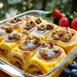 Um einen köstlichen Zimtbrötchen Auflauf zu machen, brauchen Sie: - 2 Dosen küchenfertige Zimtschnecken (inklusive Zuckerguss) - 6 große Eier - 1 Tasse Milch - 1 Teelöffel Vanilleextrakt - 1/2 Teelöffel Zimt - 1/4 Teelöffel Muskatnuss - 1/4 Tasse Ahornsirup (optional für zusätzliche Süße) - 1/2 Tasse gehackte Nüsse (Walnüsse oder Pekannüsse) - 1/4 Tasse Rosinen oder getrocknete Cranberries (optional) - Puderzucker zum Bestäuben (optional) Die Zimtbrötchen sind der Star dieses Gerichts. Sie geben dem Auflauf einen tollen Zimtgeschmack. Die Eier sorgen für die Bindung. Sie machen den Auflauf schön fluffig. Milch bringt Feuchtigkeit und macht alles cremig. Vanilleextrakt fügt eine süße Note hinzu. Zimt und Muskatnuss geben dem Gericht einen warmen, würzigen Geschmack. Nüsse bringen einen knusprigen Biss. Rosinen oder Cranberries fügen eine süße, fruchtige Note hinzu. Ahornsirup ist eine leckere Option, um den Auflauf noch süßer zu machen. Wenn Sie das Rezept anpassen möchten, gibt es viele Möglichkeiten. Sie können mehr Zucker oder Honig hinzufügen, um die Süße zu steigern. Für eine andere Textur können Sie verschiedene Nüsse nutzen, wie Mandeln oder Haselnüsse. Frische Früchte wie Äpfel oder Birnen sind auch eine gute Wahl. Sie bringen Frische und einen tollen Geschmack. Denken Sie daran, alles gut zu mischen, damit jeder Bissen lecker wird. Für das perfekte Ergebnis, schauen Sie sich das [Full Recipe] an. Zuerst heize deinen Ofen auf 190°C vor. Fette eine 23x33 cm große Auflaufform gut ein. So bleibt der Auflauf nicht kleben. Diese Schritte sind einfach und wichtig. Öffne die Dosen mit den Zimtschnecken. Schneide jede Rolle in Viertel. Verteile die Stücke gleichmäßig in der Auflaufform. Achte darauf, dass sie nicht übereinander liegen. Diese Anordnung sorgt für ein gleichmäßiges Backen. Nimm eine große Schüssel. Verquirle die Eier, Milch, Vanilleextrakt, Zimt, Muskatnuss und den Ahornsirup gut. Mische alles gut, bis es gleichmäßig aussieht. Gieße die Mischung über die Zimtschnecken. Stelle sicher, dass jedes Stück gut durchtränkt ist. Backe den Auflauf für 25-30 Minuten im Ofen. Achte darauf, dass die Oberseite goldbraun wird. Teste mit einem Zahnstocher, ob er fertig ist. Nach dem Backen, nimm ihn aus dem Ofen und lasse ihn 5-10 Minuten abkühlen. Gieße den beiliegenden Zuckerguss darüber oder bestäube ihn mit Puderzucker. Jetzt hast du einen köstlichen Zimtbrötchen Auflauf! Folge dem [Full Recipe] für mehr Details und Tipps. Ein häufiger Fehler ist, die Zimtschnecken nicht gleichmäßig zu verteilen. Schneiden Sie sie in gleich große Stücke. So backen sie gleichmäßig. Ein weiterer Fehler ist, die Eiermischung nicht gut zu verquirlen. Das sorgt für eine gleichmäßige Textur. Achten Sie darauf, die Mischung über alle Stücke zu gießen. Für das beste Ergebnis sollte Ihr Ofen gut vorgeheizt sein. Backen Sie den Auflauf bei 190°C. Überprüfen Sie die Backzeit nach 25 Minuten. Der Auflauf sollte goldbraun sein. Ein Zahnstocher sollte sauber herauskommen. Lassen Sie den Auflauf nach dem Backen kurz abkühlen, damit er fest wird. Die Zuckerglasur aus der Packung ist einfach und lecker. Träufeln Sie sie nach dem Backen auf den warmen Auflauf. Für eine andere Note können Sie Puderzucker verwenden. Frische Früchte wie Erdbeeren oder Heidelbeeren sind auch toll. Sie bringen frische Farben und Geschmäcker. Experimentieren Sie mit Nüssen oder Schokoladenstücken für mehr Textur. {{image_4}} Eine einfache Art, die Zimtbrötchen Auflauf zu variieren, ist die Zugabe von frischem Obst. Ich liebe es, Äpfel oder Bananen zu verwenden. Beide Früchte bringen eine süße Note. Schneiden Sie die Äpfel in kleine Stücke und mischen Sie sie unter die Zimtschnecken. Für Bananen einfach in Scheiben schneiden und oben auf den Auflauf legen. Sie können auch Beeren hinzufügen. Heidelbeeren oder Himbeeren geben dem Gericht etwas Frische. Fügen Sie diese einfach vor dem Backen hinzu. Wenn Sie eine glutenfreie oder vegane Version möchten, gibt es tolle Alternativen. Suchen Sie nach glutenfreien Zimtschnecken in Ihrem Geschäft. Diese sind oft in der Kühltheke. Für die vegane Variante ersetzen Sie die Eier durch pflanzliche Alternativen. Apfelmus oder Leinsamen funktionieren gut. Mischen Sie einen Esslöffel Leinsamen mit drei Esslöffeln Wasser und lassen Sie es kurz stehen. Das ergibt eine gute Bindung. Verwenden Sie pflanzliche Milch, wie Mandel- oder Hafermilch, für die gleiche Cremigkeit. Zimt ist großartig, aber auch andere Gewürze können den Geschmack verändern. Muskatnuss bringt eine warme Note. Fügen Sie einfach einen Hauch mehr hinzu. Ingwer oder Kardamom verleihen dem Auflauf einen neuen Twist. Experimentieren Sie mit den Gewürzen, die Sie lieben. Ein wenig Kakao kann auch nicht schaden, wenn Sie einen schokoladigen Geschmack wünschen. Es macht den Auflauf noch interessanter und schmackhafter. Wenn Sie Reste vom Zimtbrötchen Auflauf haben, lagern Sie diese im Kühlschrank. Legen Sie den Auflauf in einen luftdichten Behälter. So bleibt er frisch und lecker. Er hält sich bis zu 3-4 Tage. Wenn Sie ihn wieder aufwärmen, benutzen Sie die Mikrowelle oder den Ofen. So bleibt der Auflauf schön warm und fluffig. Sie können den Zimtbrötchen Auflauf auch einfrieren. Lassen Sie den Auflauf zuerst vollständig abkühlen. Schneiden Sie ihn in Portionen, damit das Auftauen einfacher wird. Wickeln Sie jede Portion in Frischhaltefolie ein und legen Sie sie in einen Gefrierbeutel. Im Gefrierschrank hält er bis zu 3 Monate. Zum Auftauen legen Sie ihn einfach in den Kühlschrank über Nacht. Dann können Sie ihn wie gewohnt aufwärmen. Die Haltbarkeit hängt davon ab, wie gut Sie den Auflauf lagern. Im Kühlschrank bleibt er für 3-4 Tage gut. Im Gefrierfach kann er bis zu 3 Monate halten. Achten Sie immer darauf, den Auflauf gut zu verpacken. So verhindern Sie, dass er austrocknet oder Gerüche aufnimmt. Wenn Sie Reste haben, genießen Sie sie am nächsten Tag. Es ist ein schnelles und leckeres Frühstück! Das Backen dauert etwa 25 bis 30 Minuten. Der Auflauf ist fertig, wenn die Oberseite goldbraun ist. Ein Zahnstocher sollte sauber herauskommen, wenn Sie ihn in die Mitte stecken. So stellen Sie sicher, dass der Auflauf gut durchgebacken ist. Lassen Sie ihn nach dem Backen 5 bis 10 Minuten abkühlen, bevor Sie ihn schneiden. Ja, Sie können frische Zimtschnecken nutzen. Schneiden Sie sie in kleinere Stücke. Diese bringen einen tollen Geschmack und eine weiche Textur. Achten Sie darauf, dass die frischen Zimtschnecken auch Zuckerguss haben. Das macht den Auflauf noch leckerer. Wenn Sie Eier ersetzen möchten, gibt es gute Alternativen. Sie können 1/4 Tasse Apfelmus oder 1/4 Tasse pürierte Banane für jedes Ei nutzen. Diese Optionen sorgen für Feuchtigkeit und helfen, den Auflauf gut zusammenzuhalten. Auch Leinsamen sind eine gute Wahl. Mischen Sie 1 Esslöffel gemahlene Leinsamen mit 2,5 Esslöffeln Wasser und lassen Sie es 5 Minuten quellen. Zusammengefasst haben wir die Zutaten und Schritte für einen leckeren Zimtschneckenauflauf besprochen. Ich habe Ihnen Tipps gegeben, um häufige Fehler zu vermeiden. Zudem erkundeten wir Variationen und Lagerhinweise. Backen kann einfach und kreativ sein. Probieren Sie verschiedene Zutaten und Toppings aus. So bleibt Ihr Zimtschneckenauflauf immer frisch und spannend. Nutzen Sie die Infos, um Ihre Backkünste zu verbessern. Viel Spaß beim Backen!
