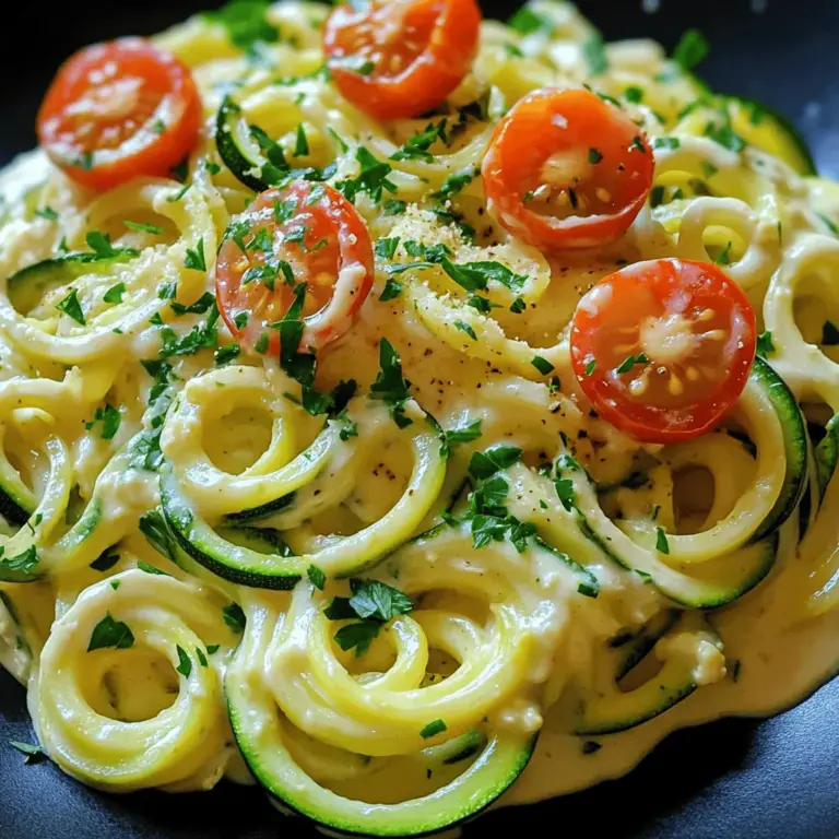 - 4 mittelgroße Zucchini, spiralförmig in Nudeln geschnitten - 1 Tasse Blumenkohlröschen - 1 Tasse ungesüßte Mandelmilch Zucchini sind leicht und frisch. Sie geben dem Gericht eine tolle Textur. Blumenkohl sorgt für eine cremige Sauce, die leicht ist. Mandelmilch macht alles noch sanfter. Diese Zutaten bringen den Geschmack und die Gesundheit zusammen. - 3 Esslöffel Nährhefe - 2 Esslöffel Olivenöl - 2 Knoblauchzehen, gehackt Nährhefe ist eine großartige Quelle für Vitamine. Sie gibt der Sauce einen käsigen Geschmack ohne Käse. Olivenöl bringt gesunde Fette und einen reichhaltigen Geschmack. Knoblauch gibt dem Gericht eine aromatische Note. Diese Gewürze und Extras machen das Gericht noch besser. Wenn du mehr über die Zubereitung erfahren möchtest, schaue dir das [Full Recipe](#) an. - Spiralisiere die Zucchini: Nimm einen Spiralschneider und schneide die Zucchini in lange Nudeln. Achte darauf, dass die Zucchini frisch und fest ist. So bekommst du die besten Zucchininudeln. - Zucchininudeln beiseitelegen: Lege die geschnittenen Nudeln in eine Schüssel und stelle sie für später zur Seite. - Blumenkohl dämpfen: Nimm einen mittleren Topf und bringe Wasser zum Kochen. Gib die Blumenkohlröschen hinein und dämpfe sie für etwa 8-10 Minuten. Sie sollten weich, aber nicht matschig sein. - Zutaten mixen: Gib den gedämpften Blumenkohl, die Mandelmilch, die Nährhefe, das Olivenöl, den gehackten Knoblauch, das Zwiebelpulver, die Muskatnuss sowie Salz und Pfeffer in einen Mixer. Mixe alles gut, bis die Sauce glatt und cremig ist. Probiere sie und passe die Gewürze an. - Zucchininudeln anbraten: Erhitze eine große Pfanne bei mittlerer Hitze und füge die Zucchininudeln hinzu. Brate sie für 2-3 Minuten, bis sie leicht weich sind. Sei vorsichtig, damit sie nicht zu weich werden. - Sauce hinzufügen und vermengen: Gieße die vorbereitete Alfredo-Sauce über die Zucchininudeln. Wende alles vorsichtig, um die Nudeln gleichmäßig zu bedecken. Koche das Gericht für weitere 2-3 Minuten, bis alles warm ist. Achte darauf, dass die Zucchininudeln knackig bleiben. Jetzt kannst du dein Gericht mit frischer Petersilie garnieren und genießen! Wenn du magst, füge halbierte Kirschtomaten hinzu, um mehr Farbe und Geschmack zu bekommen. Für die vollständige Zubereitung schau dir die [Full Recipe] an! - Konsistenz anpassen: Wenn die Sauce zu dick ist, füge einen Spritzer Mandelmilch hinzu. Das hilft, die gewünschte Cremigkeit zu erreichen. Für eine dickere Sauce kannst du mehr Blumenkohl verwenden. Mixe einfach weiter, bis die Mischung schön glatt ist. - Würzen nach Geschmack: Probiere die Sauce während des Mixens. Füge nach Belieben mehr Salz, Pfeffer oder Muskatnuss hinzu. Jeder hat einen anderen Geschmack, also scheue dich nicht, die Gewürze nach deinem Wunsch anzupassen. - Wie man Zucchininudeln richtig kocht: Erhitze etwas Olivenöl in einer großen Pfanne. Brate die Zucchininudeln etwa 2–3 Minuten an. Sie sollen weich, aber nicht matschig werden. Achte darauf, sie nicht zu lange zu garen, sonst verlieren sie ihre Form und Bissfestigkeit. - Alternative Kochmethoden für die Sauce: Du kannst die Sauce auch im Wasserbad erhitzen. Stelle einen Topf mit Wasser auf den Herd und setze eine Schüssel mit der Sauce oben drauf. So wird sie sanft warm, ohne zu kochen. Diese Methode hält die Sauce cremig und geschmeidig. Diese Tipps helfen dir, eine leckere Zucchini Noodle Alfredo zuzubereiten. Probiere sie aus und genieße deine Mahlzeit! Wenn du die vollständige Anleitung suchst, schaue dir das [Full Recipe] an. {{image_4}} Eine einfache Möglichkeit, deinem Zucchini Noodle Alfredo mehr Geschmack zu geben, ist das Hinzufügen von halbierten Kirschtomaten. Diese süßen, saftigen Tomaten bringen eine frische Note. Sie sorgen nicht nur für Farbe, sondern auch für Vitamine. Du kannst sie einfach in die Pfanne geben, wenn die Zucchininudeln garen. Ein weiteres tolles Topping sind geröstete Pinienkerne oder Walnüsse. Sie geben einen knusprigen Biss und einen nussigen Geschmack. Außerdem passen frische Kräuter wie Basilikum oder Oregano gut dazu. Garnieren mit frischer Petersilie rundet das Gericht perfekt ab. Wenn du nach weiteren Ideen suchst, um das Gericht noch gesünder zu machen, probiere verschiedene Gemüsevarianten. Du kannst zum Beispiel Karotten oder Süßkartoffeln verwenden. Diese Gemüsesorten sind ebenfalls lecker und bieten unterschiedliche Nährstoffe. Für eine alternative Calciumquelle kannst du Cashew-Sahne verwenden. Sie ist cremig und hat einen milden Geschmack. So bleibt dein Gericht vegan und glutenfrei. Das Experimentieren mit verschiedenen Zutaten macht das Kochen spannend. Lass deiner Kreativität freien Lauf und finde deine perfekte Kombination! Um die Reste von Zucchini Noodle Alfredo frisch zu halten, lege sie in einen luftdichten Behälter. Kühle sie sofort nach dem Essen. Die Reste sollten innerhalb von drei Tagen verzehrt werden. So bleibt der Geschmack der Sauce und die Zucchininudeln behalten ihre Konsistenz. Wenn du die Alfredo-Sauce aufbewahren möchtest, kannst du sie einfrieren. Fülle die Sauce in einen gefrierfesten Behälter oder in einen Gefrierbeutel. Achte darauf, etwas Platz zu lassen, da sich die Sauce beim Gefrieren ausdehnt. Um die Sauce aufzutauen, lege sie einfach über Nacht in den Kühlschrank. Du kannst sie auch in der Mikrowelle auf niedriger Stufe auftauen. Rühre die Sauce gut um, bevor du sie wieder erhitzt, damit sie gleichmäßig warm wird. Diese Tipps helfen dir, die Zucchini Noodle Alfredo länger zu genießen und nichts zu verschwenden. Zucchininudeln sind eine gesunde Wahl. Sie sind kalorienarm und reich an Nährstoffen. Diese Nudeln enthalten viel Wasser, was gut für die Hydration ist. Sie bieten Ballaststoffe, die die Verdauung unterstützen. Zudem sind sie glutenfrei und perfekt für spezielle Diäten. Zucchininudeln sind auch vielseitig. Du kannst sie in vielen Gerichten einsetzen, nicht nur in Alfredo. Sie sind leicht und lassen sich schnell zubereiten. So kannst du ein gesundes Gericht genießen, ohne auf Geschmack zu verzichten. Ja, du kannst Zucchini im Voraus vorbereiten. Spiralisiere die Zucchini und lege sie in einen Behälter. Bewahre sie im Kühlschrank auf. So bleiben sie frisch für zwei bis drei Tage. Achte darauf, die Zucchini nicht zu lange zu lagern. Sie können matschig werden, wenn sie zu nass sind. Eine gute Methode ist, die Zucchini in ein Küchentuch zu wickeln, um überschüssige Feuchtigkeit zu entfernen. So hast du immer frische Zucchininudeln bereit, wenn du Lust auf ein schnelles Gericht hast. Um die Sauce cremiger zu machen, gibt es einige einfache Tricks. Du kannst mehr Blumenkohl verwenden, um die Basis zu stärken. Auch die Zugabe von mehr Nährhefe hilft, den cremigen Geschmack zu intensivieren. Mixe die Sauce länger, um eine glattere Textur zu erreichen. Wenn du mehr Flüssigkeit möchtest, füge etwas Mandelmilch hinzu. Achte darauf, die Sauce gut abzuschmecken. So stellst du sicher, dass sie deinen Vorlieben entspricht. Mit diesen Tipps wird deine Alfredo-Sauce immer perfekt. Nährhefe ist in vielen Geschäften erhältlich. Du findest sie in Bioläden oder Supermärkten mit einer guten Auswahl an Spezialprodukten. Auch Online-Shops bieten Nährhefe an. Wenn du keine Nährhefe findest, gibt es Alternativen. Parmesan oder andere Käsesorten können einen ähnlichen Geschmack liefern. Wenn du vegan kochst, sind diese Optionen nützlich. Überlege, was am besten zu deinem Gericht passt. So kannst du sicherstellen, dass deine Zucchini-Nudel Alfredo voller Geschmack ist. In diesem Artikel haben wir die Hauptzutaten für die Zubereitung von Zucchininudeln und einer köstlichen Blumenkohlsauce untersucht. Ich habe die Schritte zur Vorbereitung, das Kochen und die Lagerung beschrieben. Die Tipps helfen dir, die perfekten Aromen zu erreichen und deine Variationen zu erkunden. Dabei habe ich auch Wissen über Nährhefe und Haltbarkeit geteilt. Denke daran, deine Reste gut aufzubewahren. Nutze die Vorschläge für kreative Ideen. Mit diesen Informationen wirst du dein Gericht einfach und lecker zubereiten können. Viel Spaß beim Kochen!