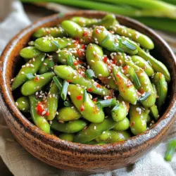 - 2 Tassen Edamame in Schoten (frisch oder gefroren) - 4 Knoblauchzehen, fein gehackt - 2 Esslöffel Olivenöl - 1 Teelöffel rote Pfefferflocken (nach Geschmack anpassen) - 2 Esslöffel Sojasauce - 1 Esslöffel Sesamöl - 1 Teelöffel Honig (optional) - Salz nach Geschmack - Garnituren: Sesamsamen, gehackte Frühlingszwiebeln Für das Rezept "Feurige Knoblauch-Edamame" brauchst du frische oder gefrorene Edamame. Diese kleinen grünen Bohnen sind gesund und lecker. Knoblauch verleiht dem Gericht einen tollen Geschmack. Achte darauf, ihn fein zu hacken. Olivenöl ist wichtig, um die Aromen gut zu verbinden. Die Gewürze machen die Edamame besonders. Rote Pfefferflocken geben die Schärfe, die du magst. Sojasauce fügt einen salzigen, umami Geschmack hinzu. Sesamöl bringt das Gericht auf die nächste Stufe. Wenn du es süßer magst, füge etwas Honig hinzu. Salz kannst du nach deinem Geschmack einstellen. Garnituren wie Sesamsamen und Frühlingszwiebeln sorgen für den perfekten letzten Schliff. Diese Zutaten machen das Gericht nicht nur schmackhaft, sondern auch schön anzusehen. - Kochen oder dämpfen Sie die Edamame. Wenn Sie gefrorene Edamame nutzen, befolgen Sie die Verpackungshinweise. Bei frischen Schoten dämpfen Sie sie etwa 5-7 Minuten. Sie sollten grün und zart sein. - Hacken Sie den Knoblauch fein. Frischer Knoblauch gibt dem Gericht seinen tollen Geschmack. - Erhitzen Sie in einer großen Pfanne das Olivenöl bei mittlerer Hitze. Achten Sie darauf, dass das Öl nicht zu heiß wird. - Fügen Sie den gehackten Knoblauch hinzu. Braten Sie ihn etwa 2 Minuten lang, bis er duftet. Sehen Sie gut nach, dass er nicht anbrennt. - Geben Sie die roten Pfefferflocken, Sojasauce, Sesamöl und eventuell Honig in die Pfanne. Rühren Sie gut um. Lassen Sie die Mischung eine weitere Minute kochen, damit sich die Aromen gut vermischen. - Geben Sie die gekochten Edamame in die Pfanne. Schwenken Sie sie gut, bis sie mit der Knoblauchsoße überzogen sind. Lassen Sie sie 2-3 Minuten weitergaren. So nehmen sie die Aromen auf. - Würzen Sie die Edamame mit Salz nach Ihrem Geschmack. - Nehmen Sie die Pfanne vom Herd. Geben Sie die Edamame in eine Servierschüssel. - Garnieren Sie die Edamame mit Sesamsamen und gehackten Frühlingszwiebeln. Für das vollständige Rezept schauen Sie bitte hier: [Full Recipe]. Um die Edamame perfekt zuzubereiten, achte auf das Timing. Dämpfe die Edamame etwa 5 bis 7 Minuten. Sie sollen leuchtend grün und zart sein. Wenn du die Edamame zu lange dämpfst, werden sie matschig. Die Hitze beim Anbraten ist ebenfalls wichtig. Halte die Temperatur mittlerer Hitze, während du den Knoblauch anbrätst. So bleibt er aromatisch und verbrennt nicht. Ein verbrannter Knoblauch macht das Gericht bitter. Du kannst die Schärfe nach deinem Geschmack anpassen. Füge mehr oder weniger rote Pfefferflocken hinzu. Wenn du es milder magst, starte mit weniger. Eine weitere Möglichkeit ist, zusätzliche Zutaten hinzuzufügen. Ingwer gibt einen tollen Geschmack. Auch ein Spritzer Zitronensaft bringt Frische ins Gericht. Experimentiere mit verschiedenen Zutaten, um deinen eigenen Twist zu finden. Spicy Garlic Edamame sind vielseitig. Sie passen gut zu Reisgerichten. Serviere sie als Beilage zu deinem Hauptgericht. Diese Edamame sind auch ein toller Snack. Du kannst sie einfach so genießen oder als Vorspeise servieren. Die Kombination mit einem kühlen Getränk macht das Erlebnis noch besser. {{image_4}} Edamame ist schon von Natur aus vegetarisch. Du kannst aber noch mehr Gemüse hinzufügen. Probiere Zucchini oder Paprika. Diese Gemüse geben Farbe und Geschmack. Achte darauf, sie klein zu schneiden, damit sie schneller garen. Du kannst auch glutenfreie Sojasauce nutzen. So bleibt das Gericht für alle genießbar. Die Welt der Aromen ist groß. Füge asiatische Einflüsse hinzu, wie ein wenig Ingwer oder Koriander. Diese Zutaten bringen Frische und Tiefe. Du kannst auch mediterane Kräuter nutzen. Rosmarin oder Thymian passen gut zu Edamame. Diese Kräuter verleihen dem Gericht ein neues Flair. Spicy Garlic Edamame ist eine tolle Beilage. Serviere sie zu gegrilltem Fleisch. Sie ergänzen den Geschmack perfekt. Du kannst sie auch in Salate oder Wraps integrieren. Das gibt den Gerichten einen tollen Kick. Sie sind einfach lecker und sehr vielseitig. Edamame liebt kühle Temperaturen. Lagern Sie es im Kühlschrank bei etwa 4 Grad Celsius. So bleibt es frisch und knackig. Wickeln Sie die Schoten in ein feuchtes Tuch, um die Feuchtigkeit zu halten. Das hilft, die Edamame länger frisch zu halten und den Geschmack zu bewahren. Im Kühlschrank bleibt Edamame etwa drei bis fünf Tage frisch. Achten Sie darauf, es in einem luftdichten Behälter zu lagern. Wenn Sie mehr Zeit brauchen, frieren Sie die Edamame ein. Gefrorenes Edamame hält sich bis zu sechs Monate. So haben Sie immer einen Snack bereit! Haben Sie Reste? Machen Sie mehr daraus! Fügen Sie die Edamame zu Salaten oder Pfannengerichten hinzu. Sie passen gut zu Reis oder Nudeln. Sie können auch einen leckeren Dip daraus machen. Mischen Sie die Reste mit etwas Joghurt und Gewürzen. So haben Sie eine neue, schmackhafte Soße. Experimentieren Sie ruhig mit anderen Zutaten. Es gibt viele Möglichkeiten, Reste kreativ zu nutzen. Um Spicy Garlic Edamame schnell zu machen, folgen Sie diesen Schritten: 1. Kochen Sie Edamame in Schoten. Verwenden Sie dazu frische oder gefrorene Edamame. 2. Dämpfen Sie die Edamame für 5-7 Minuten, bis sie grün sind. 3. Erhitzen Sie Olivenöl in einer Pfanne. 4. Fügen Sie fein gehackten Knoblauch hinzu und braten Sie ihn für 2 Minuten an. 5. Geben Sie rote Pfefferflocken, Sojasauce und Sesamöl dazu. 6. Rühren Sie gut um und kochen Sie eine weitere Minute. 7. Mischen Sie die Edamame unter und garen Sie alles zusammen. 8. Würzen Sie mit Salz und servieren Sie die Edamame mit Sesamsamen und Frühlingszwiebeln. Edamame ist sehr gesund. Es hat viele Nährstoffe, die gut für den Körper sind: - Proteine: Edamame enthält viel Eiweiß. Ideal für Vegetarier. - Ballaststoffe: Gut für die Verdauung und das Sättigungsgefühl. - Vitamine: Enthält viele Vitamine wie K, C und einige B-Vitamine. - Mineralien: Bietet Mineralien wie Eisen, Kalzium und Magnesium. - Antioxidantien: Schützen den Körper vor freien Radikalen. Edamame gibt es in vielen Geschäften. Hier sind Tipps, wo Sie es finden: - Supermärkte: Suchen Sie in der Tiefkühlabteilung. - Asiatische Märkte: Diese haben oft frische Edamame. - Online: Viele Websites bieten Edamame zum Kauf an. - Marktplätze: Manchmal finden Sie frische Edamame auf Bauernmärkten. Für das vollständige Rezept für "Feurige Knoblauch-Edamame" besuchen Sie diesen Link: [Feurige Knoblauch-Edamame](#). Einfache und schmackhafte Spicy Garlic Edamame sind leicht zuzubereiten. Mit Edamame, Knoblauch und vielen Gewürzen kannst du Großes schaffen. Achte auf die perfekte Konsistenz und passe die Schärfe nach deinem Geschmack an. Du kannst mit neuen Zutaten experimentieren und verschiedene Beilagen ausprobieren. Aufbewahrungstipps helfen dir, Reste gut zu nutzen. Jetzt bist du bereit, Edamame zu genießen! Mach dein nächstes Gericht zu einem Highlight mit diesem Rezept.