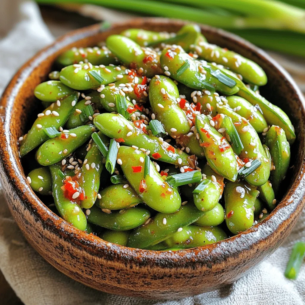 - 2 Tassen Edamame in Schoten (frisch oder gefroren) - 4 Knoblauchzehen, fein gehackt - 2 Esslöffel Olivenöl - 1 Teelöffel rote Pfefferflocken (nach Geschmack anpassen) - 2 Esslöffel Sojasauce - 1 Esslöffel Sesamöl - 1 Teelöffel Honig (optional) - Salz nach Geschmack - Garnituren: Sesamsamen, gehackte Frühlingszwiebeln Für das Rezept "Feurige Knoblauch-Edamame" brauchst du frische oder gefrorene Edamame. Diese kleinen grünen Bohnen sind gesund und lecker. Knoblauch verleiht dem Gericht einen tollen Geschmack. Achte darauf, ihn fein zu hacken. Olivenöl ist wichtig, um die Aromen gut zu verbinden. Die Gewürze machen die Edamame besonders. Rote Pfefferflocken geben die Schärfe, die du magst. Sojasauce fügt einen salzigen, umami Geschmack hinzu. Sesamöl bringt das Gericht auf die nächste Stufe. Wenn du es süßer magst, füge etwas Honig hinzu. Salz kannst du nach deinem Geschmack einstellen. Garnituren wie Sesamsamen und Frühlingszwiebeln sorgen für den perfekten letzten Schliff. Diese Zutaten machen das Gericht nicht nur schmackhaft, sondern auch schön anzusehen. - Kochen oder dämpfen Sie die Edamame. Wenn Sie gefrorene Edamame nutzen, befolgen Sie die Verpackungshinweise. Bei frischen Schoten dämpfen Sie sie etwa 5-7 Minuten. Sie sollten grün und zart sein. - Hacken Sie den Knoblauch fein. Frischer Knoblauch gibt dem Gericht seinen tollen Geschmack. - Erhitzen Sie in einer großen Pfanne das Olivenöl bei mittlerer Hitze. Achten Sie darauf, dass das Öl nicht zu heiß wird. - Fügen Sie den gehackten Knoblauch hinzu. Braten Sie ihn etwa 2 Minuten lang, bis er duftet. Sehen Sie gut nach, dass er nicht anbrennt. - Geben Sie die roten Pfefferflocken, Sojasauce, Sesamöl und eventuell Honig in die Pfanne. Rühren Sie gut um. Lassen Sie die Mischung eine weitere Minute kochen, damit sich die Aromen gut vermischen. - Geben Sie die gekochten Edamame in die Pfanne. Schwenken Sie sie gut, bis sie mit der Knoblauchsoße überzogen sind. Lassen Sie sie 2-3 Minuten weitergaren. So nehmen sie die Aromen auf. - Würzen Sie die Edamame mit Salz nach Ihrem Geschmack. - Nehmen Sie die Pfanne vom Herd. Geben Sie die Edamame in eine Servierschüssel. - Garnieren Sie die Edamame mit Sesamsamen und gehackten Frühlingszwiebeln. Für das vollständige Rezept schauen Sie bitte hier: [Full Recipe]. Um die Edamame perfekt zuzubereiten, achte auf das Timing. Dämpfe die Edamame etwa 5 bis 7 Minuten. Sie sollen leuchtend grün und zart sein. Wenn du die Edamame zu lange dämpfst, werden sie matschig. Die Hitze beim Anbraten ist ebenfalls wichtig. Halte die Temperatur mittlerer Hitze, während du den Knoblauch anbrätst. So bleibt er aromatisch und verbrennt nicht. Ein verbrannter Knoblauch macht das Gericht bitter. Du kannst die Schärfe nach deinem Geschmack anpassen. Füge mehr oder weniger rote Pfefferflocken hinzu. Wenn du es milder magst, starte mit weniger. Eine weitere Möglichkeit ist, zusätzliche Zutaten hinzuzufügen. Ingwer gibt einen tollen Geschmack. Auch ein Spritzer Zitronensaft bringt Frische ins Gericht. Experimentiere mit verschiedenen Zutaten, um deinen eigenen Twist zu finden. Spicy Garlic Edamame sind vielseitig. Sie passen gut zu Reisgerichten. Serviere sie als Beilage zu deinem Hauptgericht. Diese Edamame sind auch ein toller Snack. Du kannst sie einfach so genießen oder als Vorspeise servieren. Die Kombination mit einem kühlen Getränk macht das Erlebnis noch besser. {{image_4}} Edamame ist schon von Natur aus vegetarisch. Du kannst aber noch mehr Gemüse hinzufügen. Probiere Zucchini oder Paprika. Diese Gemüse geben Farbe und Geschmack. Achte darauf, sie klein zu schneiden, damit sie schneller garen. Du kannst auch glutenfreie Sojasauce nutzen. So bleibt das Gericht für alle genießbar. Die Welt der Aromen ist groß. Füge asiatische Einflüsse hinzu, wie ein wenig Ingwer oder Koriander. Diese Zutaten bringen Frische und Tiefe. Du kannst auch mediterane Kräuter nutzen. Rosmarin oder Thymian passen gut zu Edamame. Diese Kräuter verleihen dem Gericht ein neues Flair. Spicy Garlic Edamame ist eine tolle Beilage. Serviere sie zu gegrilltem Fleisch. Sie ergänzen den Geschmack perfekt. Du kannst sie auch in Salate oder Wraps integrieren. Das gibt den Gerichten einen tollen Kick. Sie sind einfach lecker und sehr vielseitig. Edamame liebt kühle Temperaturen. Lagern Sie es im Kühlschrank bei etwa 4 Grad Celsius. So bleibt es frisch und knackig. Wickeln Sie die Schoten in ein feuchtes Tuch, um die Feuchtigkeit zu halten. Das hilft, die Edamame länger frisch zu halten und den Geschmack zu bewahren. Im Kühlschrank bleibt Edamame etwa drei bis fünf Tage frisch. Achten Sie darauf, es in einem luftdichten Behälter zu lagern. Wenn Sie mehr Zeit brauchen, frieren Sie die Edamame ein. Gefrorenes Edamame hält sich bis zu sechs Monate. So haben Sie immer einen Snack bereit! Haben Sie Reste? Machen Sie mehr daraus! Fügen Sie die Edamame zu Salaten oder Pfannengerichten hinzu. Sie passen gut zu Reis oder Nudeln. Sie können auch einen leckeren Dip daraus machen. Mischen Sie die Reste mit etwas Joghurt und Gewürzen. So haben Sie eine neue, schmackhafte Soße. Experimentieren Sie ruhig mit anderen Zutaten. Es gibt viele Möglichkeiten, Reste kreativ zu nutzen. Um Spicy Garlic Edamame schnell zu machen, folgen Sie diesen Schritten: 1. Kochen Sie Edamame in Schoten. Verwenden Sie dazu frische oder gefrorene Edamame. 2. Dämpfen Sie die Edamame für 5-7 Minuten, bis sie grün sind. 3. Erhitzen Sie Olivenöl in einer Pfanne. 4. Fügen Sie fein gehackten Knoblauch hinzu und braten Sie ihn für 2 Minuten an. 5. Geben Sie rote Pfefferflocken, Sojasauce und Sesamöl dazu. 6. Rühren Sie gut um und kochen Sie eine weitere Minute. 7. Mischen Sie die Edamame unter und garen Sie alles zusammen. 8. Würzen Sie mit Salz und servieren Sie die Edamame mit Sesamsamen und Frühlingszwiebeln. Edamame ist sehr gesund. Es hat viele Nährstoffe, die gut für den Körper sind: - Proteine: Edamame enthält viel Eiweiß. Ideal für Vegetarier. - Ballaststoffe: Gut für die Verdauung und das Sättigungsgefühl. - Vitamine: Enthält viele Vitamine wie K, C und einige B-Vitamine. - Mineralien: Bietet Mineralien wie Eisen, Kalzium und Magnesium. - Antioxidantien: Schützen den Körper vor freien Radikalen. Edamame gibt es in vielen Geschäften. Hier sind Tipps, wo Sie es finden: - Supermärkte: Suchen Sie in der Tiefkühlabteilung. - Asiatische Märkte: Diese haben oft frische Edamame. - Online: Viele Websites bieten Edamame zum Kauf an. - Marktplätze: Manchmal finden Sie frische Edamame auf Bauernmärkten. Für das vollständige Rezept für "Feurige Knoblauch-Edamame" besuchen Sie diesen Link: [Feurige Knoblauch-Edamame](#). Einfache und schmackhafte Spicy Garlic Edamame sind leicht zuzubereiten. Mit Edamame, Knoblauch und vielen Gewürzen kannst du Großes schaffen. Achte auf die perfekte Konsistenz und passe die Schärfe nach deinem Geschmack an. Du kannst mit neuen Zutaten experimentieren und verschiedene Beilagen ausprobieren. Aufbewahrungstipps helfen dir, Reste gut zu nutzen. Jetzt bist du bereit, Edamame zu genießen! Mach dein nächstes Gericht zu einem Highlight mit diesem Rezept.