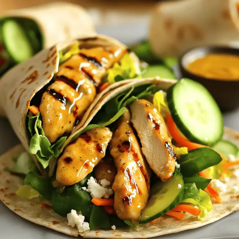 Um leckere Honig-Senf-Hühnchen Wraps zu machen, brauchst du: - 2 Hähnchenbrustfilets, ohne Haut und ohne Knochen - 60 ml Honig - 60 ml Dijon-Senf - 1 Esslöffel Apfelessig - 1 Teelöffel Knoblauchpulver - 1 Teelöffel Paprika - Salz und Pfeffer nach Geschmack - 4 große Vollkorn-Tortillas Die Füllung macht deinen Wrap besonders frisch und bunt. Hier sind die Zutaten: - 100 g gemischte Blattsalate (Spinat, Grünkohl, Rucola) - 50 g geraspelte Karotten - 50 g in Scheiben geschnittene Gurken - 30 g zerbröckelter Feta-Käse (optional) Für mehr Geschmack kannst du auch andere Gewürze nutzen. Hier sind ein paar Ideen: - Thymian oder Oregano für einen Kräutergeschmack - Chili-Pulver für etwas Schärfe - Zitronensaft für eine frische Note Diese Zutaten helfen dir, die Wraps nach deinem Geschmack anzupassen. Du kannst die Hauptzutaten und die Füllung ganz nach deinem Geschmack wählen. Wenn du mehr Details zu den Zubereitungsschritten möchtest, schau dir das [Full Recipe] an. Um den besten Geschmack zu erzielen, marinieren wir das Hähnchen. Mische in einer kleinen Schüssel Honig, Dijon-Senf, Apfelessig, Knoblauchpulver, Paprika, Salz und Pfeffer. Diese Marinade ist der Schlüssel zu saftigem Hühnchen. Lege die Hähnchenbrustfilets in einen Plastikbeutel oder eine flache Schüssel. Gieße die Marinade darüber und schließe den Beutel. Stelle sicher, dass das Hähnchen gut bedeckt ist. Lasse es für mindestens 30 Minuten im Kühlschrank ruhen. Für mehr Geschmack kannst du es bis zu zwei Stunden marinieren. Erhitze einen Esslöffel Olivenöl in einer Pfanne bei mittlerer Hitze. Nimm die Hähnchenbrustfilets aus der Marinade und lege sie in die Pfanne. Brate sie für 6 bis 7 Minuten pro Seite. Achte darauf, dass das Fleisch nicht mehr rosa ist. Während des Bratens bestreiche das Hähnchen mit der restlichen Marinade. Das gibt extra Geschmack. Nach dem Braten nimm das Hühnchen aus der Pfanne und lasse es ein paar Minuten ruhen. Schneide es dann in dünne Streifen. Lege eine Tortilla flach auf eine saubere Fläche. In die Mitte gib eine Schicht gemischter Blattsalate. Dann füge geraspelte Karotten, Gurkenscheiben und die geschnittenen Hähnchenstreifen hinzu. Wenn du magst, streue etwas zerbröckelten Feta-Käse darüber. Falte die Seiten der Tortilla nach innen und rolle sie von unten fest auf. Wiederhole das mit den restlichen Tortillas. Optional kannst du jeden Wrap diagonal halbieren und mit zusätzlicher Honig-Senf-Sauce servieren. So bleibt alles frisch und lecker. Besuche den [Full Recipe] für detailliertere Informationen! Um das Hühnchen saftig zu halten, marinieren Sie es gut. Die Marinade aus Honig und Senf macht das Fleisch zart. Lassen Sie das Hähnchen mindestens 30 Minuten einziehen. Längeres Marinieren, bis zu zwei Stunden, verstärkt den Geschmack. Beim Braten achten Sie darauf, das Hühnchen nicht zu überkochen. Ein Fleischthermometer kann helfen. Ziel ist eine Innentemperatur von 75 Grad Celsius. Das Rollen der Wraps ist einfach, wenn Sie wissen wie. Legen Sie die Tortilla auf eine saubere Fläche. Fügen Sie die Füllung in die Mitte hinzu. Achten Sie darauf, nicht zu viel Füllung zu nehmen. Falten Sie die Seiten der Tortilla nach innen. Beginnen Sie dann von unten und rollen Sie die Tortilla fest auf. Dies hält die Füllung sicher und macht den Wrap leicht zu essen. Sie können die Wraps nach Belieben anpassen. Für einen scharfen Kick fügen Sie Jalapeños hinzu. Mögen Sie es cremig? Ein Löffel Joghurt oder Avocado passt gut. Für einen frischen Geschmack verwenden Sie frische Kräuter wie Koriander oder Petersilie. Auch der Feta ist optional; probieren Sie stattdessen einen anderen Käse. So machen Sie jeden Wrap einzigartig und lecker! {{image_4}} Du kannst die Hähnchenbrust durch gegrillten Tofu ersetzen. Tofu nimmt die Marinade gut auf. Würze den Tofu mit Honig, Senf und deinen Lieblingsgewürzen. Eine andere tolle Option sind gebratene Champignons. Sie geben einen herzhaften Geschmack und sind sehr nahrhaft. Um glutenfreie Wraps zu machen, wähle glutenfreie Tortillas. Diese bekommst du in vielen Läden. Achte darauf, dass die Marinade auch glutenfrei ist. Verwende zum Beispiel Tamari statt normaler Sojasauce. So kannst du sicher sein, dass dein Gericht für alle passt. Wenn du etwas anderes als Honig-Senf-Sauce probieren möchtest, hier sind einige Ideen: - Joghurt-Dressing: Mische Naturjoghurt mit Zitronensaft und Kräutern. - Avocado-Creme: Püriere Avocado mit Limettensaft und Knoblauch für eine cremige Note. - Sriracha-Sauce: Für einen scharfen Kick füge Sriracha zu deiner Marinade hinzu. Jede dieser Optionen bringt neuen Geschmack und macht deine Wraps spannend. Um die Wraps frisch zu halten, lege sie in einen luftdichten Behälter. Du kannst sie auch in Frischhaltefolie wickeln. So bleiben die Wraps bis zu drei Tage frisch. Achte darauf, sie vor dem Lagern abkühlen zu lassen. Das verhindert, dass sich Feuchtigkeit bildet. Wenn du die Wraps länger aufbewahren möchtest, friere sie ein. Wickel jeden Wrap in Frischhaltefolie. Lege sie dann in einen Gefrierbeutel. So bleiben sie bis zu drei Monate genießbar. Achte darauf, die Wraps vor dem Einfrieren vollständig abkühlen zu lassen. Um die Wraps wieder aufzuwärmen, nimm sie aus dem Kühlschrank oder Gefrierfach. Wenn sie gefroren sind, lass sie zuerst im Kühlschrank auftauen. Erwärme sie dann in der Mikrowelle für etwa 30 Sekunden. Du kannst sie auch in einer Pfanne bei mittlerer Hitze für einige Minuten erhitzen. So bleiben sie knusprig und lecker. Die Wraps bleiben im Kühlschrank etwa 2 bis 3 Tage frisch. Stelle sicher, dass du sie in einem luftdichten Behälter lagerst. So bleibt der Geschmack gut. Wenn du sie länger aufbewahren möchtest, friere sie ein. So bleiben sie bis zu 3 Monate haltbar. Achte darauf, sie gut zu verpacken, damit sie nicht austrocknen. Ja, die Marinade passt perfekt für Gemüse! Du kannst zum Beispiel Zucchini, Paprika oder Auberginen marinieren. Schneide das Gemüse in Stücke und lege es in die Marinade. Lass es für etwa 30 Minuten ziehen. Danach grillst oder brätst du das Gemüse, bis es weich ist. Das gibt deinen Wraps einen tollen Geschmack und macht sie noch gesünder. Wenn du keinen Feta magst, gibt es viele Alternativen. Du kannst zum Beispiel Hüttenkäse oder Ziegenkäse verwenden. Diese Käse geben einen ähnlichen Geschmack. Du kannst auch ganz auf Käse verzichten. Stattdessen kannst du Avocado oder geröstete Nüsse hinzufügen. Diese Optionen bringen eine neue Textur und machen die Wraps spannend. Die Zutaten für Honig-Senf-Hühnchen Wraps sind einfach und lecker. Ich habe dir gezeigt, wie du das Hähnchen marinierst und brätst. Du kannst die Wraps flexibel zusammenstellen und viele Varianten ausprobieren. Denke daran, die Tipps für saftiges Hühnchen zu nutzen. Sie helfen dir, das beste Ergebnis zu erzielen. Wenn du die Wraps aufbewahren möchtest, sind die Lagerungstipps nützlich. Mit diesen Informationen wirst du sicherlich köstliche Wraps zaubern, die alle lieben!