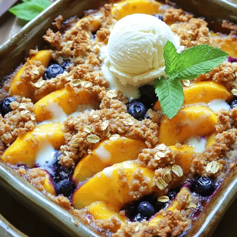 Für einen köstlichen Pfirsich- und Heidelbeer-Crumble benötigen Sie: - 4 reife Pfirsiche, in Scheiben geschnitten - 2 Tassen frische Heidelbeeren - 1 Esslöffel Zitronensaft - 1/2 Tasse Kristallzucker - 1 Teelöffel Vanilleextrakt - 1 Tasse Haferflocken - 1/2 Tasse Weizenmehl - 1/3 Tasse brauner Zucker - 1 Teelöffel Zimt - 1/4 Tasse ungesalzene Butter, geschmolzen - Eine Prise Salz Die Auswahl der richtigen Zutaten macht den Unterschied. Pfirsiche bringen Süße und Saftigkeit. Sie sind auch reich an Vitaminen. Heidelbeeren sind gesund und geben Farbe. Sie haben viele Antioxidantien. Zitronensaft hilft, die Süße auszugleichen und bringt Frische. Haferflocken sind der Star der Streusel. Sie geben eine schöne Textur. Weizenmehl bindet alles zusammen. Brauner Zucker fügt einen tiefen, karamelligen Geschmack hinzu. Zimt bringt Wärme und passt perfekt zu Früchten. Butter sorgt dafür, dass die Streusel knusprig sind. Wenn Sie Pfirsiche kaufen, achten Sie auf die Farbe. Sie sollten tiefgolden sein, ohne grüne Stellen. Drücken Sie leicht auf die Haut. Sie sollte weich sein, aber nicht matschig. Bei Heidelbeeren suchen Sie nach festen, prallen Beeren. Sie sollten dunkelblau sein, ohne weiße Stellen. Vermeiden Sie Beeren, die matschig oder zerdrückt sind. Frische Früchte machen Ihren Crumble noch besser. Wenn Sie die besten Zutaten verwenden, wird das Dessert köstlich. Für das vollständige Rezept schauen Sie sich bitte die Full Recipe an. Zuerst benötigen Sie frische Pfirsiche und Heidelbeeren. Nehmen Sie vier reife Pfirsiche und schneiden Sie sie in dünne Scheiben. Diese Früchte sind süß und saftig, ideal für den Crumble. In einer großen Schüssel mischen Sie die Pfirsiche mit zwei Tassen Heidelbeeren. Fügen Sie einen Esslöffel Zitronensaft hinzu. Dieser gibt den Früchten einen frischen Geschmack. Jetzt kommt der Kristallzucker dazu, etwa eine halbe Tasse. Der Zucker hilft, die Süße zu betonen. Fügen Sie auch einen Teelöffel Vanilleextrakt hinzu. Rühren Sie alles vorsichtig um. Achten Sie darauf, die Früchte gleichmäßig zu beschichten. Übertragen Sie die Mischung in eine gefettete 23x23 cm Backform. Jetzt machen wir die Streuselmischung. Nehmen Sie eine andere Schüssel und geben Sie eine Tasse Haferflocken hinein. Fügen Sie ein halbes Glas Weizenmehl hinzu. Der Hafer sorgt für eine knusprige Textur. Dann kommt der braune Zucker, etwa ein Drittel Tasse. Er verleiht dem Crumble einen reichen Geschmack. Fügen Sie einen Teelöffel Zimt hinzu. Der Zimt bringt Wärme und Tiefe in das Gericht. Jetzt gießen Sie eine viertel Tasse geschmolzene Butter dazu und eine Prise Salz. Mischen Sie alles gut, bis die Mischung die Konsistenz von nassem Sand hat. Diese Streusel werden die oberste Schicht des Crumbles bilden. Heizen Sie Ihren Ofen auf 175°C vor. Das ist die perfekte Temperatur für einen gleichmäßigen Garprozess. Verteilen Sie die Haferflockenmischung gleichmäßig über die Obstschicht in der Backform. Drücken Sie sie leicht an, um eine schöne Kruste zu bilden. Jetzt ist es Zeit, den Crumble in den Ofen zu schieben. Backen Sie ihn für etwa 30 bis 35 Minuten. Die Oberseite sollte goldbraun sein und das Obst sollte sprudeln. Nach dem Backen lassen Sie das Gericht 10 Minuten abkühlen. Servieren Sie es warm mit einer Kugel Vanilleeis. So schmeckt der Crumble am besten. Um die perfekte Kruste zu bekommen, mischen Sie die Zutaten gut. Verwenden Sie kalte Butter und schneiden Sie sie schnell in die trockenen Zutaten. So bleibt die Mischung krümelig. Achten Sie darauf, nicht zu lange zu rühren. Eine gute Kruste hat eine grobe Textur. Wenn die Streusel zu fein sind, wird die Kruste nicht knusprig. Ein häufiger Fehler ist es, zu viel Obst zu verwenden. Das kann den Crumble matschig machen. Halten Sie sich an die Menge in der Full Recipe. Ein weiterer Fehler ist das Überbacken. Achten Sie darauf, dass die Oberseite goldbraun ist, aber nicht verbrannt. Verwenden Sie einen Timer, um den Überblick zu behalten. Backen Sie den Crumble bei 175°C für 30-35 Minuten. Überprüfen Sie nach 25 Minuten die Farbe. Wenn die Oberseite dunkel wird, decken Sie sie mit Folie ab. Lassen Sie den Crumble nach dem Backen 10 Minuten ruhen. So kann die Füllung etwas dicker werden und die Aromen verbinden sich. {{image_4}} Wenn Sie Pfirsiche und Heidelbeeren nicht mögen oder sie nicht zur Hand haben, probieren Sie andere Früchte. Äpfel und Birnen sind tolle Alternativen. Sie können auch Himbeeren oder Kirschen verwenden. Diese Früchte bringen ihre eigene Süße und Textur. Jede Frucht hat ihren eigenen Geschmack, der den Crumble einzigartig macht. Um mehr Geschmack hinzuzufügen, können Sie Nüsse verwenden. Mandeln oder Walnüsse passen gut in den Crumble. Sie geben ein knuspriges Element. Gewürze wie Muskatnuss oder Ingwer können auch hinzugefügt werden. Diese bringen Wärme und Tiefe in das Gericht. Experimentieren Sie ruhig mit verschiedenen Kombinationen! Wenn Sie vegan leben, ersetzen Sie die Butter durch Kokosöl oder pflanzliche Margarine. Verwenden Sie glutenfreie Haferflocken und Mehl. So bleibt der Crumble lecker und für alle geeignet. Achten Sie darauf, dass die verwendeten Zutaten glutenfrei sind. So genießen alle den Crumble ohne Bedenken. Wenn Sie mehr Informationen zu den Zutaten wollen, schauen Sie sich das [Full Recipe](#) an. Um Reste von Pfirsich- und Heidelbeer-Crumble gut zu lagern, benutze einen luftdichten Behälter. Stelle sicher, dass der Crumble vollständig abgekühlt ist, bevor du ihn in den Behälter gibst. So bleibt er frisch und schmackhaft. Lagere ihn im Kühlschrank, wo er bis zu drei Tage haltbar ist. Wenn du ihn länger aufbewahren möchtest, friere ihn ein. 1. Lass den Crumble vollständig abkühlen. 2. Teile ihn in Portionen, damit du nur das auftauen musst, was du brauchst. 3. Wickel jede Portion in Frischhaltefolie. 4. Lege die Portionen in einen gefrierfesten Beutel oder Behälter. 5. Beschrifte den Beutel mit Datum und Inhalt. 6. Friere den Crumble ein. Er hält bis zu drei Monate. Du kannst übrig gebliebenen Crumble in vielen leckeren Gerichten nutzen. Hier sind einige Ideen: - Crumble Joghurt Parfait: Schichte Crumble mit Joghurt und frischem Obst in einem Glas. - Crumble Muffins: Füge Crumble zur Muffin-Mischung hinzu, um einen fruchtigen Geschmack zu erzielen. - Crumble Eis: Streue Crumble über dein Lieblingsspeiseeis für einen knusprigen Kick. Mit diesen Tipps machst du das Beste aus deinem Pfirsich- und Heidelbeer-Crumble! Für das vollständige Rezept besuche die [Full Recipe]. Ja, gefrorenes Obst ist eine gute Wahl für Ihren Crumble. Die Beeren und Pfirsiche behalten ihren Geschmack, auch wenn sie gefroren sind. Achten Sie jedoch darauf, sie gut abzutropfen, bevor Sie sie verwenden. Das verhindert, dass Ihr Crumble zu nass wird. Wenn Sie gefrorenes Obst verwenden, backen Sie den Crumble vielleicht etwas länger. So wird er goldbraun und knusprig. Der Crumble hält sich gut für etwa drei bis fünf Tage im Kühlschrank. Stellen Sie sicher, dass Sie ihn in einem luftdichten Behälter aufbewahren. Wenn Sie Reste haben, können Sie den Crumble auch einfrieren. So bleibt er bis zu drei Monate frisch. Zum Aufwärmen können Sie ihn einfach im Ofen bei 180°C für etwa 10-15 Minuten backen. So wird er wieder knusprig und lecker. Zu Pfirsich- und Heidelbeer-Crumble passen viele Beilagen. Eine Kugel Vanilleeis ist immer eine tolle Wahl. Die Kälte des Eises und die Wärme des Crumbles schaffen eine perfekte Kombination. Auch Schlagsahne schmeckt sehr gut dazu. Für einen frischen Akzent können Sie ein Minzblatt hinzufügen. Wenn Sie es etwas gesünder mögen, probieren Sie griechischen Joghurt. Er gibt eine tolle, cremige Note zu Ihrem Dessert. Für mehr Ideen schauen Sie sich das [Full Recipe] an. Ein Pfirsich- und Heidelbeer-Crumble ist einfach zuzubereiten und lecker. Wir haben die Zutaten, die Zubereitung und Tipps dazu besprochen. Frische Früchte sind wichtig, um den besten Geschmack zu erzielen. Fehler beim Backen sind leicht zu vermeiden, wenn man die richtigen Temperaturen und Zeiten beachtet. Variationen machen das Rezept spannend und flexibel. Reste kann man gut lagern oder in anderen Gerichten verwenden. Mit diesen Tipps wird dein Crumble immer ein Hit. Probiere es aus und genieße!
