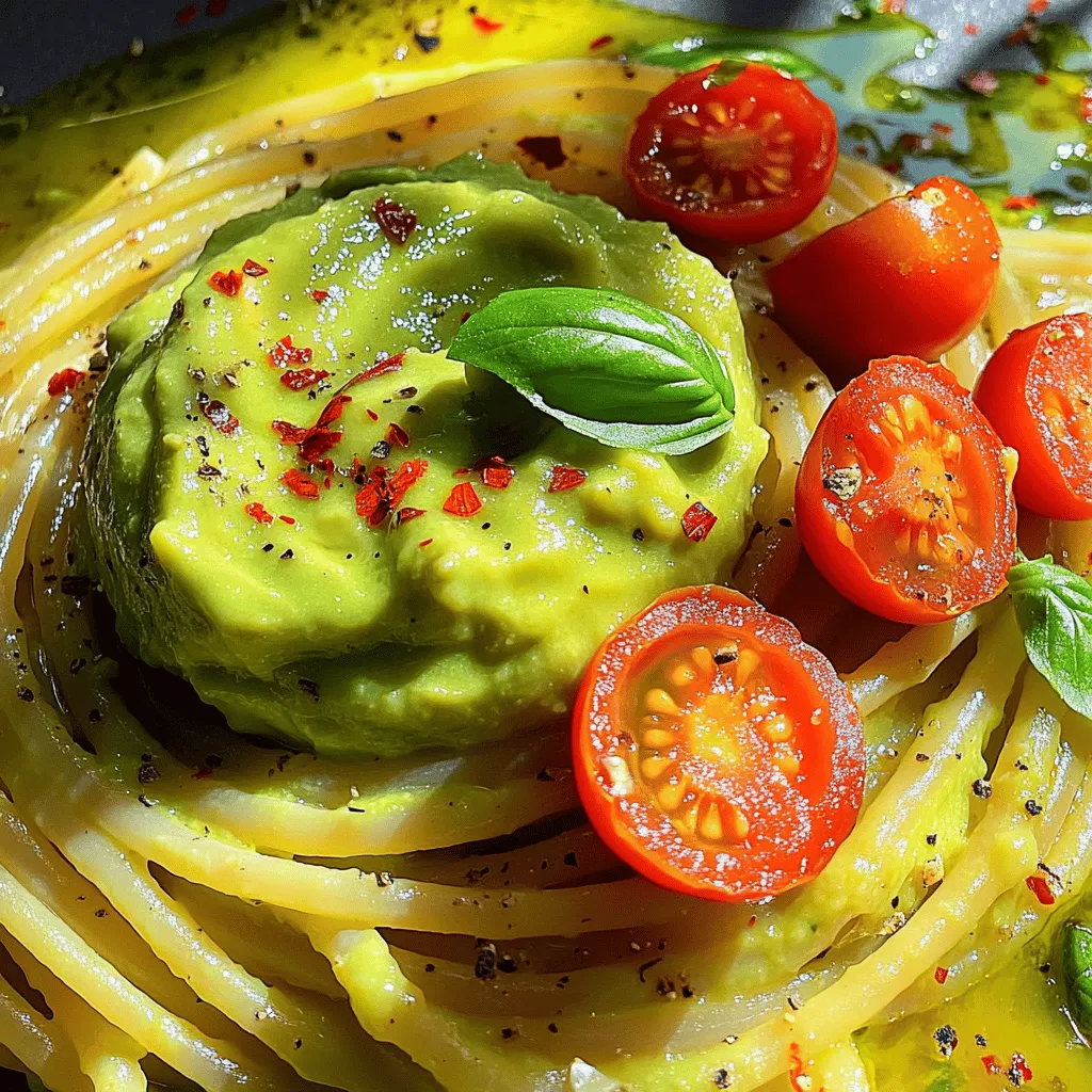Diese Zutaten machen deine cremige Avocado-Pasta besonders lecker: - 2 reife Avocados, entkernt und geschält - 2 Knoblauchzehen, fein gehackt - 1 Esslöffel Zitronensaft - 1/4 Tasse frische Basilikumblätter, plus extra zur Dekoration - 2 Esslöffel Olivenöl - 1/4 Teelöffel rote Pfefferflocken (optional) - Salz und Pfeffer nach Geschmack - 340 g Spaghetti oder deine Lieblingsnudeln - 1/4 Tasse geriebener Parmesan (optional) - Cherry-Tomaten, halbiert (zur Dekoration) Du kannst die Pasta nach deinem Geschmack anpassen. Hier sind ein paar Ideen: - Füge Erbsen oder Spinat für mehr Farbe und Nährstoffe hinzu. - Verwende Vollkornnudeln, um mehr Ballaststoffe zu bekommen. - Probiere andere Kräuter wie Petersilie oder Koriander für einen anderen Geschmack. - Wenn du es schärfer magst, füge mehr rote Pfefferflocken hinzu. Um die cremige Avocado-Pasta zuzubereiten, brauchst du: - Einen großen Topf für die Pasta - Ein Sieb zum Abtropfen der Nudeln - Einen Mixer oder eine Küchenmaschine für die Sauce - Einen großen Löffel oder eine Zange, um die Pasta zu mischen - Ein Schneidebrett und ein Messer zum Hacken der Zutaten Mit diesen Zutaten und Utensilien gelingt dir die cremige Avocado-Pasta sicher. Probiere das Rezept aus, um ein schnelles und gesundes Gericht zu zaubern! Koche die Pasta in einem großen Topf mit gesalzenem Wasser. Bring das Wasser zum Kochen. Füge die Nudeln hinzu und koche sie nach den Anweisungen auf der Verpackung. Sie sollten al dente sein. Hebe eine Tasse Nudelwasser auf, bevor du die Pasta abtropfen lässt. Nimm die Avocados, schäle sie und entferne die Kerne. Gib die Avocados in einen Mixer. Füge den gehackten Knoblauch, den Zitronensaft und die Basilikumblätter hinzu. Gieße das Olivenöl dazu. Optional kannst du rote Pfefferflocken für etwas Schärfe hinzufügen. Würze die Mischung mit Salz und Pfeffer. Mixe alles, bis die Sauce glatt und cremig ist. Füge nach Bedarf etwas von dem reservierten Nudelwasser hinzu. Gib die abgetropfte Pasta zurück in den Topf. Füge die cremige Avocado-Sauce hinzu. Mische alles gut, damit die Pasta gleichmäßig mit der Sauce bedeckt ist. Probiere die Pasta und passe den Geschmack an. Füge mehr Salz, Pfeffer oder Zitronensaft hinzu, wenn nötig. Wenn du Käse magst, kannst du geriebenen Parmesan untermischen. Hol dir das komplette Rezept unter [Full Recipe]. Um die perfekte Konsistenz für die Avocado-Sauce zu erzielen, nutze reife Avocados. Sie sollten leicht eindrückbar sein. Mixe die Avocados mit Knoblauch, Zitronensaft und Olivenöl gut. Wenn die Mischung zu dick ist, füge nach und nach etwas von dem reservierten Nudelwasser hinzu. Das Wasser macht die Sauce schön cremig und hilft, die gewünschte Textur zu erreichen. Du kannst den Geschmack der Sauce leicht anpassen. Füge mehr Zitronensaft für eine frische Note hinzu. Wenn du es schärfer magst, streue mehr rote Pfefferflocken hinein. Du kannst auch frische Kräuter wie Petersilie oder Koriander ausprobieren. Diese geben der Sauce eine neue Dimension. Vergiss nicht, die Sauce vor dem Servieren zu kosten und nach Belieben mit Salz und Pfeffer zu würzen. Die Präsentation macht viel aus! Serviere die cremige Avocado-Pasta in einer großen, schönen Schüssel. Garniere das Gericht mit halbierten Cherry-Tomaten und frischen Basilikumblättern. Ein wenig Olivenöl über die Pasta zu träufeln, macht sie glänzend und appetitlich. Wenn du Parmesan verwendest, streue etwas darüber, um einen schönen Kontrast zu schaffen. Diese kleinen Details machen dein Gericht besonders und einladend. {{image_4}} Für eine vegane Version der cremigen Avocado-Pasta, lass einfach den Parmesan weg. Du kannst auch Hefeflocken verwenden, um einen käsigen Geschmack zu erzielen. Wähle glutenfreie Nudeln, um dieses Gericht glutenfrei zu machen. Viele Marken bieten schmackhafte Alternativen aus Reis oder Linsen an. Möchtest du mehr Geschmack? Füge gebratene Pilze oder Spinat hinzu. Diese Zutaten ergänzen die Avocado gut. Du kannst auch geröstete Pinienkerne oder Walnüsse für einen tollen Crunch verwenden. Ein Spritzer Balsamico-Essig kann ebenfalls eine schöne Tiefe hinzufügen. Serviere die Avocado-Pasta mit einem frischen Salat. Ein einfacher grüner Salat mit Zitronendressing passt perfekt dazu. Du kannst auch knuspriges Brot anbieten, um jede Sauce aufzusaugen. Für eine besondere Note, garniere mit frischen Kräutern oder Chili-Flocken. Wenn du Lust auf eine gehaltvolle Beilage hast, probiere gegrilltes Gemüse oder eine cremige Suppe. Für die Lagerung der Avocado-Pasta ist es wichtig, die Reste schnell zu kühlen. Verwende einen luftdichten Behälter, um den Geschmack zu bewahren. Stelle sicher, dass die Pasta vollständig abgekühlt ist, bevor du sie in den Kühlschrank stellst. So bleibt sie frisch und lecker. Lagere die Pasta nicht länger als drei Tage im Kühlschrank. Wenn du die Avocado-Pasta wieder aufwärmen möchtest, gehe vorsichtig vor. Erhitze sie in einer Pfanne bei schwacher Hitze. Füge einen Spritzer Wasser oder etwas Olivenöl hinzu, um die Konsistenz zu verbessern. Rühre die Pasta gut um, damit sie gleichmäßig warm wird. Vermeide die Mikrowelle, da sie die Avocado-Sauce schnell überhitzen kann. Im Kühlschrank ist die Avocado-Pasta bis zu drei Tage haltbar. Wenn du sie länger aufbewahren möchtest, kannst du die Sauce einfrieren. Fülle die Sauce in einen luftdichten Behälter oder einen Gefrierbeutel. So bleibt sie bis zu drei Monate frisch. Die gekochte Pasta selbst lässt sich nicht gut einfrieren, da sie ihre Textur verliert. Die Sauce kannst du aber problemlos auftauen und frisch mit Pasta kombinieren. Avocado-Pasta bleibt im Kühlschrank etwa 2 bis 3 Tage frisch. Nach dieser Zeit kann die Farbe und der Geschmack leiden. Die Avocado wird braun und die Pasta kann weich werden. Um die Haltbarkeit zu verlängern, lagere die Pasta in einem luftdichten Behälter. Das schützt die Sauce und die Nudeln. Ja, du kannst die Avocado-Sauce im Voraus machen. Bereite die Sauce bis zu 24 Stunden vor dem Servieren zu. Bewahre sie in einem luftdichten Behälter auf. Um eine Braunfärbung zu vermeiden, füge etwas Zitronensaft hinzu. Rühre die Sauce vor dem Servieren gut durch. Falls du keinen Parmesan hast, gibt es gute Alternativen. Du kannst Hefeflocken verwenden, um einen ähnlichen Geschmack zu erreichen. Auch veganer Käse oder Nusskäse sind tolle Optionen. Diese ersetzen den Käse und geben der Pasta eine leckere Note. Die Avocado-Pasta ist einfach, lecker und vielseitig. Wir haben die besten Zutaten, Küchenutensilien und eine klare Schritt-für-Schritt-Anleitung besprochen. Mit Tipps zur perfekten Sauce und Variationen für jeden Geschmack können Sie Ihr Gericht anpassen. Vergessen Sie nicht, die Pasta richtig zu lagern und aufzubewahren. Diese Rezepte sind nicht nur gesund, sie machen auch viel Spaß beim Kochen. Genießen Sie die Zeit in der Küche und das köstliche Ergebnis!