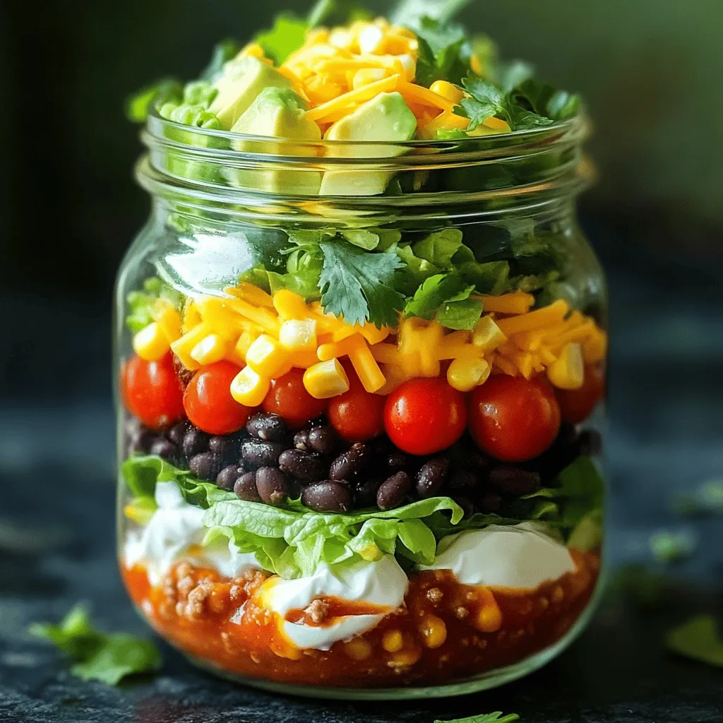 Für einen leckeren Taco-Salat im Glas benötigst du folgende Zutaten: - 1 Tasse gekochte schwarze Bohnen, abgetropft und abgespült - 1 Tasse Mais, gekocht oder aus der Dose - 1 Tasse Cherrytomaten, halbiert - 1 Avocado, gewürfelt - 1 Tasse gerissener Kopfsalat - 1 Tasse gewürztes Rinder- oder Truthahn-Hackfleisch (mit Taco-Gewürz gekocht) - 1/2 Tasse geriebener Cheddarkäse - 1/4 Tasse saure Sahne oder griechischer Joghurt - 1/4 Tasse Salsa - Frischer Koriander, zur Garnitur - 4 große Einmachgläser (500 ml) Diese Zutaten geben deinem Salat die richtige Mischung aus Textur und Geschmack. Du kannst deinen Taco-Salat anpassen. Hier sind einige Ideen: - Schwarze Oliven für mehr Geschmack. - Jalapeños für einen scharfen Kick. - Paprika für mehr Farbe und Crunch. - Quinoa oder Reis für mehr Füllung. Fühle dich frei, kreativ zu sein! Frische Zutaten machen den Unterschied. Hier sind einige Tipps: - Wähle reife Avocados, die leicht drücken. - Achte auf glänzende, feste Cherrytomaten. - Kaufe Bohnen und Mais in Bio-Qualität, wenn möglich. - Frischer Koriander sollte grün und duftend sein. Mit frischen Zutaten schmeckt dein Taco-Salat im Glas noch besser. Für die vollständige Zubereitung schaue dir das [Full Recipe] an. Um die Gläser vorzubereiten, beginne mit sauberem Geschirr. Du kannst Einmachgläser mit einem Fassungsvermögen von 500 ml verwenden. Stelle sicher, dass sie gut gewaschen und trocken sind. Das ist wichtig, um die Frische der Zutaten zu erhalten. Lege die Gläser auf eine saubere Arbeitsfläche. Das erleichtert das Schichten der Zutaten. Jetzt kommt der spaßige Teil – das Schichten! Beginne mit einer Schicht Salsa am Boden des Glases. Diese Schicht sorgt für Geschmack. Danach füge eine Schicht saure Sahne oder griechischen Joghurt hinzu. Diese Schicht bringt Cremigkeit. Fühle dich frei, die Reihenfolge zu variieren, aber ich empfehle diese: - Schicht 1: Salsa - Schicht 2: Saure Sahne oder griechischer Joghurt - Schicht 3: Schwarze Bohnen - Schicht 4: Mais - Schicht 5: Gewürztes Rinder- oder Truthahn-Hackfleisch - Schicht 6: Cherrytomaten und Avocado - Schicht 7: Kopfsalat - Schicht 8: Cheddarkäse - Schicht 9: Frischer Koriander Jede Schicht sollte gleichmäßig verteilt sein. Das sorgt für ein schöneres Aussehen und ein besseres Geschmackserlebnis. Wenn du bereit bist zu servieren, gibt es zwei Methoden. Du kannst das Glas so lassen, wie es ist. Das sieht toll aus und macht Spaß. Du kannst auch den Salat auf einen Teller geben. Das sorgt für eine farbenfrohe Präsentation. Wenn du den Salat im Glas isst, schüttle ihn gut. So vermischst du die Schichten. So erhältst du jede köstliche Note in einem Bissen. Der Taco-Salat im Glas ist auch ideal für unterwegs. Du kannst ihn einfach mitnehmen. Die Zubereitung ist einfach, und es macht Spaß, kreativ zu sein. Das vollständige Rezept findest du [hier](#). Ein häufiger Fehler ist, die Zutaten in der falschen Reihenfolge zu schichten. Beginne immer mit Salsa, gefolgt von saurer Sahne. So bleibt alles frisch. Ein weiterer Fehler ist, zu viel oder zu wenig von den Zutaten zu verwenden. Halte die Mengen genau ein, um eine ausgewogene Mischung zu erreichen. Um die Frische zu bewahren, lagere die Gläser immer im Kühlschrank. Vermeide es, die Gläser zu lange offen zu lassen. Das kann die Qualität der Zutaten mindern. Wenn du den Salat nicht sofort isst, schüttle das Glas sanft vor dem Essen. So vermischst du die Schichten gut. Für die Zubereitung benötigst du einige einfache Werkzeuge. Ein großes Glas oder Einmachglas ist wichtig für die Schichtung. Nutze einen Löffel, um die Zutaten gleichmäßig zu verteilen. Ein scharfes Messer hilft dir, das Gemüse gut zu schneiden. Mit diesen wenigen Dingen bist du bereit, deinen Taco-Salat im Glas zuzubereiten. Wenn du mehr Tipps suchst, sieh dir das [Full Recipe] für spezifische Instruktionen an. {{image_4}} Für einen veganen Taco-Salat im Glas kannst du einige Anpassungen vornehmen. Ersetze das Rinder- oder Truthahn-Hackfleisch durch gewürzte Linsen oder Tofu. Für die cremige Schicht nutze einen veganen Joghurt oder Avocado-Creme. Du kannst auch schwarze Bohnen und Kichererbsen kombinieren. Verwende frische Kräuter wie Koriander oder Petersilie für den Geschmack. Um den Taco-Salat glutenfrei zu machen, achte darauf, dass alle Zutaten glutenfrei sind. Verwende glutenfreie Salsa und überprüfe die Bohnen und den Mais auf Verunreinigungen. Du kannst auch Quinoa als Basis verwenden. Diese Anpassungen machen den Salat sicher für alle, die Gluten meiden. Wenn du es scharf magst, füge Jalapeños oder scharfe Salsa hinzu. Du kannst auch eine Schicht Guacamole hinzufügen, um mehr Geschmack zu bekommen. Für einen zusätzlichen Crunch kannst du Tortilla-Chips in die Schichten einfügen. Diese Zutaten bringen den Taco-Salat im Glas auf ein neues Level. Entdecke den [Full Recipe] für mehr Details! Um den Taco-Salat im Glas frisch zu halten, stelle sicher, dass die Gläser gut verschlossen sind. Lagere sie im Kühlschrank, wo die Kühle die Zutaten frisch hält. Vermeide es, die Gläser direkt neben stark riechenden Lebensmitteln zu stellen. So bleibt der Geschmack rein und lecker. Der Taco-Salat im Glas bleibt bis zu drei Tage frisch. Nach dieser Zeit können die Zutaten an Frische verlieren. Achte darauf, die Gläser vor dem Essen gut zu schütteln. So vermischen sich die Schichten und der Geschmack wird gleichmäßiger. Meal Prep macht das Kochen einfacher und schneller. Bereite die Zutaten im Voraus vor. Du kannst die Bohnen, den Mais und das Hackfleisch in Portionen lagern. Schichte die Zutaten dann in die Gläser. So hast du einen schnellen, gesunden Snack oder eine Mahlzeit bereit. Diese Methode ist ideal für beschäftigte Tage oder wenn du unterwegs bist. Wenn du mehr über die Zubereitung erfahren möchtest, schau dir das vollständige Rezept an! Der Taco-Salat im Glas bleibt frisch für bis zu drei Tage. Achte darauf, die Gläser gut zu verschließen. Lagere sie im Kühlschrank. Dies hilft, die Frische der Zutaten zu erhalten. Nach drei Tagen kann der Salat an Geschmack verlieren. Ja, du kannst den Salat im Voraus zubereiten. Das Schichten macht es einfach. Bereite die Gläser bis zu zwei Tage vorher vor. Halte die frischen Zutaten wie Avocado und Salat getrennt, um ihre Frische zu bewahren. Füge sie kurz vor dem Servieren hinzu. So bleibt der Salat knackig und lecker. Es gibt viele leckere Dressing-Optionen. Ein einfaches Limetten-Dressing passt gut. Mische Limettensaft, Öl, Salz und Pfeffer. Du kannst auch ein cremiges Ranch-Dressing verwenden. Salsa ist eine weitere tolle Wahl für zusätzlichen Geschmack. Experimentiere mit verschiedenen Dressings, um deinen Lieblingsgeschmack zu finden. Ein Taco-Salat im Glas ist einfach und macht Spaß. Du hast gelernt, welche Zutaten wichtig sind und wie du sie schichtest. Wir haben auch Fehler besprochen, die du vermeiden solltest. Variationen wie vegane oder glutenfreie Optionen sind eine tolle Idee. Achte auf die Lagerung, um die Frische zu sichern. Mit diesen Tipps kannst du voller Zuversicht kochen. Probiere es selbst aus und finde deinen eigenen Lieblings-Taco-Salat!