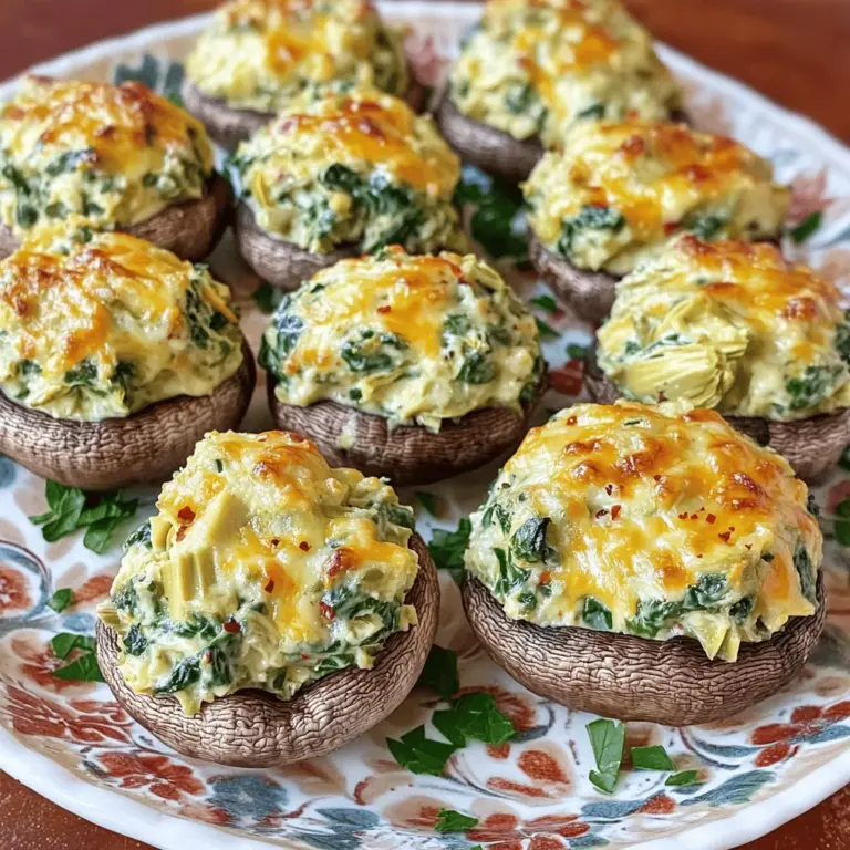 Um großartige Spinach Artichoke Stuffed Mushrooms zu machen, brauchen Sie einige Hauptzutaten: - 16 große Cremini- oder Champignon-Pilze, Stiele entfernt - 1 Tasse frischer Spinat, grob gehackt - 1 Tasse Artischockenherzen, abgetropft und klein gehackt - 1 Tasse Frischkäse, zimmerwarm - 1/2 Tasse geriebener Parmesan-Käse - 1/2 Tasse geriebener Mozzarella-Käse Diese Zutaten geben den Pilzen einen tollen Geschmack und eine cremige Textur. Zusätzlich zu den Hauptzutaten benötigen Sie noch ein paar ergänzende Zutaten: - 2 Knoblauchzehen, fein gehackt - 1 Esslöffel Olivenöl - 1/2 Teelöffel rote Pfefferflocken - Salz und Pfeffer nach Geschmack - Frische Petersilie, gehackt (zur Garnierung) Der Knoblauch bringt ein wunderbares Aroma, und die Pfefferflocken geben einen kleinen Kick. Sie können frische oder gefrorene Artischockenherzen verwenden. Frische Herzen haben einen besseren Geschmack, aber gefrorene sind praktisch und oft einfach zu finden. Wenn Sie frischen Spinat verwenden, ist er voller Nährstoffe und Geschmack. Tiefgefrorener Spinat ist eine einfache und schnelle Option. Achten Sie darauf, ihn vorher gut abzutropfen, damit die Füllung nicht zu nass wird. Für die vollständigen Anweisungen und weitere Details schauen Sie sich das [Full Recipe] an. Zuerst heizst du deinen Ofen auf 190°C vor. Das ist wichtig, damit die Champignons gleichmäßig garen. Während der Ofen aufheizt, nimm die großen Cremini- oder Champignon-Pilze und entferne die Stiele. Achte darauf, die Pilze gut zu reinigen. Du kannst sie leicht mit einem feuchten Tuch abwischen. So sind sie bereit für die leckere Füllung. Jetzt kommt der spannende Teil! Erhitze 1 Esslöffel Olivenöl in einer großen Pfanne bei mittlerer Hitze. Füge 2 fein gehackte Knoblauchzehen hinzu und brate sie für etwa 1 Minute. Der Duft wird dir das Wasser im Mund zusammenlaufen lassen. Dann gib 1 Tasse grob gehackten frischen Spinat und 1 Tasse klein gehackte Artischockenherzen in die Pfanne. Koche alles für 3-4 Minuten, bis der Spinat zusammenfällt. In einer großen Schüssel vermischst du nun 1 Tasse zimmerwarmen Frischkäse, 1/2 Tasse geriebenen Parmesan und 1/2 Tasse geriebenen Mozzarella mit der Spinat-Artischocken-Mischung. Vergiss nicht, 1/2 Teelöffel rote Pfefferflocken sowie Salz und Pfeffer nach Geschmack hinzuzufügen. Rühre alles gut um, bis die Masse schön cremig ist. Jetzt füllst du die Mischung großzügig in die Pilzkappen. Drücke die Füllung leicht an, damit sie gut hält. Lege die gefüllten Champignons auf ein Backblech. Backe sie dann 20-25 Minuten im Ofen. Du wirst sehen, dass die Pilze zart sind und die Füllung goldbraun und blubbernd aussieht. Nachdem du sie aus dem Ofen nimmst, lasse die Champignons kurz abkühlen. Garniere sie mit frisch gehackter Petersilie. Diese Schritte machen deinen Snack nicht nur lecker, sondern auch schön anzusehen. Für das vollständige Rezept kannst du die [Full Recipe] anschauen. Ein häufiger Fehler ist, die Pilze nicht gut vorzubereiten. Entfernen Sie die Stiele und reinigen Sie die Kappen gründlich. So bleibt der Geschmack rein. Ein weiterer Fehler ist, die Füllung zu wenig zu würzen. Probieren Sie die Mischung vor dem Füllen. Schmecken Sie sie ab und fügen Sie mehr Salz oder Pfeffer hinzu, falls nötig. Um die Füllung cremig zu halten, verwenden Sie zimmerwarmen Frischkäse. Kalter Frischkäse lässt sich schwerer vermischen. Achten Sie darauf, die Füllung nicht zu lange zu backen. Überbacken lässt sie trocken werden, was nicht lecker ist. Die Mischung sollte goldbraun und leicht blubbernd aussehen, wenn sie fertig ist. Die Präsentation ist wichtig! Servieren Sie die gefüllten Champignons auf einer schönen Platte. Ordnen Sie sie in einem Kreis an, um einen ansprechenden Look zu schaffen. Garnieren Sie die Pilze mit frischer Petersilie. Das bringt Farbe und Frische ins Gericht. Ein paar Zitronenscheiben daneben machen das Gericht noch einladender. Für das gesamte Rezept schauen Sie sich die [Full Recipe] an. {{image_4}} Wenn du eine vegetarische oder vegane Option möchtest, kannst du den Frischkäse ersetzen. Nutze stattdessen vegane Käsealternativen oder mache deine eigene Mischung aus Nüssen. Cashewkerne sind eine gute Wahl. Weiche sie ein, püriere sie und füge etwas Zitronensaft hinzu. Das gibt eine tolle, cremige Basis. Du kannst auch ein paar Hefeflocken hinzufügen, um einen käsigen Geschmack zu bekommen. Die Wahl des Käses kann viel ausmachen. Parmesan bringt einen herzhaften Geschmack, aber du kannst auch andere Käsesorten ausprobieren. Gouda oder Feta geben der Füllung eine neue Note. Wenn du es würziger magst, versuche, etwas Blauschimmelkäse unterzumischen. Jede Käsesorte verändert den Geschmack der Füllung. Experimentiere und finde deine Lieblingskombination. Du kannst die Füllung auch mit anderen Zutaten erweitern. Füge zum Beispiel geröstete Paprika oder Oliven hinzu. Das gibt extra Geschmack und Textur. Frische Kräuter wie Basilikum oder Thymian machen die Füllung noch aromatischer. Eine Prise Zitrone bringt Frische und hebt die Aromen hervor. Sei kreativ und passe das Rezept an deinen Geschmack an. Diese Variationen machen die gefüllten Champignons zu einem besonderen Snack. Schau dir das [Full Recipe] an, um mehr über die Zubereitung zu erfahren. Nach dem Backen sollten die gefüllten Champignons schnell abgekühlt werden. Legen Sie die Champignons in einen luftdichten Behälter. So bleiben sie frisch. Im Kühlschrank halten sie sich etwa 3 bis 5 Tage. Vor dem Servieren können Sie sie leicht aufwärmen. Wenn Sie mehr gefüllte Champignons zubereiten, können Sie sie einfrieren. Lassen Sie die Champignons vollständig abkühlen. Wickeln Sie jede Portion in Plastikfolie ein und legen Sie sie in einen Gefrierbeutel. So bleiben sie bis zu 3 Monate frisch. Achten Sie darauf, so viel Luft wie möglich zu entfernen. Zum Aufwärmen nehmen Sie die Champignons aus dem Kühlschrank oder Gefrierfach. Wenn gefroren, lassen Sie sie zuerst im Kühlschrank auftauen. Heizen Sie den Ofen auf 180°C vor. Legen Sie die Champignons auf ein Backblech. Backen Sie sie für 10 bis 15 Minuten, bis sie heiß sind. Alternativ können Sie sie auch in der Mikrowelle erwärmen. Achten Sie dabei auf eine mittlere Stufe, um die Füllung nicht zu trocken zu machen. Für die vollständige Rezeptanleitung schauen Sie sich die [Full Recipe] an. Gefüllte Champignons halten sich im Kühlschrank etwa drei bis vier Tage. Bewahren Sie sie in einem luftdichten Behälter auf. Achten Sie darauf, dass sie gut abgedeckt sind. So bleibt der Geschmack frisch. Wenn Sie sie länger aufbewahren möchten, können Sie sie einfrieren. Ja, Sie können die Füllung im Voraus machen. Bereiten Sie die Mischung einfach und kühlen Sie sie dann in einem Behälter. Sie können die Füllung bis zu zwei Tage im Voraus zubereiten. Wenn Sie bereit sind, die Champignons zu füllen, nehmen Sie die Mischung aus dem Kühlschrank. Lassen Sie sie kurz stehen, damit sie Zimmertemperatur erreicht. Zu gefüllten Champignons passen viele Beilagen. Ein frischer Salat bringt Farbe und Knusprigkeit. Auch eine cremige Suppe ist eine tolle Wahl. Wenn Sie etwas Herzhaftes wollen, probieren Sie geröstetes Brot oder Bruschetta. Diese Beilagen ergänzen den reichen Geschmack der gefüllten Pilze gut. Gefüllte Champignons bieten viele geschmackliche Möglichkeiten mit frischen und gefrorenen Zutaten. Wir haben die Hauptzutaten, die Zubereitung und hilfreiche Tipps besprochen. Denke daran, Fehler zu vermeiden und die Füllung gut zu präsentieren. Variiere mit verschiedenen Käsearten oder Kräutern. Achte auf die Aufbewahrung, um den besten Geschmack zu behalten. Genieße sie als köstliche Vorspeise oder Snack. Mit diesen Ideen und Anleitungen wirst du unvergessliche gefüllte Champignons kreieren.