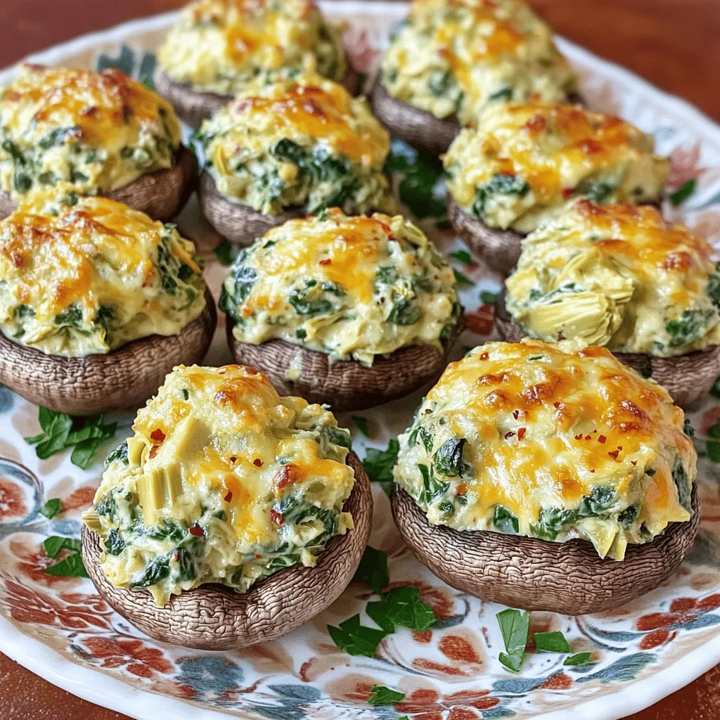 Um großartige Spinach Artichoke Stuffed Mushrooms zu machen, brauchen Sie einige Hauptzutaten: - 16 große Cremini- oder Champignon-Pilze, Stiele entfernt - 1 Tasse frischer Spinat, grob gehackt - 1 Tasse Artischockenherzen, abgetropft und klein gehackt - 1 Tasse Frischkäse, zimmerwarm - 1/2 Tasse geriebener Parmesan-Käse - 1/2 Tasse geriebener Mozzarella-Käse Diese Zutaten geben den Pilzen einen tollen Geschmack und eine cremige Textur. Zusätzlich zu den Hauptzutaten benötigen Sie noch ein paar ergänzende Zutaten: - 2 Knoblauchzehen, fein gehackt - 1 Esslöffel Olivenöl - 1/2 Teelöffel rote Pfefferflocken - Salz und Pfeffer nach Geschmack - Frische Petersilie, gehackt (zur Garnierung) Der Knoblauch bringt ein wunderbares Aroma, und die Pfefferflocken geben einen kleinen Kick. Sie können frische oder gefrorene Artischockenherzen verwenden. Frische Herzen haben einen besseren Geschmack, aber gefrorene sind praktisch und oft einfach zu finden. Wenn Sie frischen Spinat verwenden, ist er voller Nährstoffe und Geschmack. Tiefgefrorener Spinat ist eine einfache und schnelle Option. Achten Sie darauf, ihn vorher gut abzutropfen, damit die Füllung nicht zu nass wird. Für die vollständigen Anweisungen und weitere Details schauen Sie sich das [Full Recipe] an. Zuerst heizst du deinen Ofen auf 190°C vor. Das ist wichtig, damit die Champignons gleichmäßig garen. Während der Ofen aufheizt, nimm die großen Cremini- oder Champignon-Pilze und entferne die Stiele. Achte darauf, die Pilze gut zu reinigen. Du kannst sie leicht mit einem feuchten Tuch abwischen. So sind sie bereit für die leckere Füllung. Jetzt kommt der spannende Teil! Erhitze 1 Esslöffel Olivenöl in einer großen Pfanne bei mittlerer Hitze. Füge 2 fein gehackte Knoblauchzehen hinzu und brate sie für etwa 1 Minute. Der Duft wird dir das Wasser im Mund zusammenlaufen lassen. Dann gib 1 Tasse grob gehackten frischen Spinat und 1 Tasse klein gehackte Artischockenherzen in die Pfanne. Koche alles für 3-4 Minuten, bis der Spinat zusammenfällt. In einer großen Schüssel vermischst du nun 1 Tasse zimmerwarmen Frischkäse, 1/2 Tasse geriebenen Parmesan und 1/2 Tasse geriebenen Mozzarella mit der Spinat-Artischocken-Mischung. Vergiss nicht, 1/2 Teelöffel rote Pfefferflocken sowie Salz und Pfeffer nach Geschmack hinzuzufügen. Rühre alles gut um, bis die Masse schön cremig ist. Jetzt füllst du die Mischung großzügig in die Pilzkappen. Drücke die Füllung leicht an, damit sie gut hält. Lege die gefüllten Champignons auf ein Backblech. Backe sie dann 20-25 Minuten im Ofen. Du wirst sehen, dass die Pilze zart sind und die Füllung goldbraun und blubbernd aussieht. Nachdem du sie aus dem Ofen nimmst, lasse die Champignons kurz abkühlen. Garniere sie mit frisch gehackter Petersilie. Diese Schritte machen deinen Snack nicht nur lecker, sondern auch schön anzusehen. Für das vollständige Rezept kannst du die [Full Recipe] anschauen. Ein häufiger Fehler ist, die Pilze nicht gut vorzubereiten. Entfernen Sie die Stiele und reinigen Sie die Kappen gründlich. So bleibt der Geschmack rein. Ein weiterer Fehler ist, die Füllung zu wenig zu würzen. Probieren Sie die Mischung vor dem Füllen. Schmecken Sie sie ab und fügen Sie mehr Salz oder Pfeffer hinzu, falls nötig. Um die Füllung cremig zu halten, verwenden Sie zimmerwarmen Frischkäse. Kalter Frischkäse lässt sich schwerer vermischen. Achten Sie darauf, die Füllung nicht zu lange zu backen. Überbacken lässt sie trocken werden, was nicht lecker ist. Die Mischung sollte goldbraun und leicht blubbernd aussehen, wenn sie fertig ist. Die Präsentation ist wichtig! Servieren Sie die gefüllten Champignons auf einer schönen Platte. Ordnen Sie sie in einem Kreis an, um einen ansprechenden Look zu schaffen. Garnieren Sie die Pilze mit frischer Petersilie. Das bringt Farbe und Frische ins Gericht. Ein paar Zitronenscheiben daneben machen das Gericht noch einladender. Für das gesamte Rezept schauen Sie sich die [Full Recipe] an. {{image_4}} Wenn du eine vegetarische oder vegane Option möchtest, kannst du den Frischkäse ersetzen. Nutze stattdessen vegane Käsealternativen oder mache deine eigene Mischung aus Nüssen. Cashewkerne sind eine gute Wahl. Weiche sie ein, püriere sie und füge etwas Zitronensaft hinzu. Das gibt eine tolle, cremige Basis. Du kannst auch ein paar Hefeflocken hinzufügen, um einen käsigen Geschmack zu bekommen. Die Wahl des Käses kann viel ausmachen. Parmesan bringt einen herzhaften Geschmack, aber du kannst auch andere Käsesorten ausprobieren. Gouda oder Feta geben der Füllung eine neue Note. Wenn du es würziger magst, versuche, etwas Blauschimmelkäse unterzumischen. Jede Käsesorte verändert den Geschmack der Füllung. Experimentiere und finde deine Lieblingskombination. Du kannst die Füllung auch mit anderen Zutaten erweitern. Füge zum Beispiel geröstete Paprika oder Oliven hinzu. Das gibt extra Geschmack und Textur. Frische Kräuter wie Basilikum oder Thymian machen die Füllung noch aromatischer. Eine Prise Zitrone bringt Frische und hebt die Aromen hervor. Sei kreativ und passe das Rezept an deinen Geschmack an. Diese Variationen machen die gefüllten Champignons zu einem besonderen Snack. Schau dir das [Full Recipe] an, um mehr über die Zubereitung zu erfahren. Nach dem Backen sollten die gefüllten Champignons schnell abgekühlt werden. Legen Sie die Champignons in einen luftdichten Behälter. So bleiben sie frisch. Im Kühlschrank halten sie sich etwa 3 bis 5 Tage. Vor dem Servieren können Sie sie leicht aufwärmen. Wenn Sie mehr gefüllte Champignons zubereiten, können Sie sie einfrieren. Lassen Sie die Champignons vollständig abkühlen. Wickeln Sie jede Portion in Plastikfolie ein und legen Sie sie in einen Gefrierbeutel. So bleiben sie bis zu 3 Monate frisch. Achten Sie darauf, so viel Luft wie möglich zu entfernen. Zum Aufwärmen nehmen Sie die Champignons aus dem Kühlschrank oder Gefrierfach. Wenn gefroren, lassen Sie sie zuerst im Kühlschrank auftauen. Heizen Sie den Ofen auf 180°C vor. Legen Sie die Champignons auf ein Backblech. Backen Sie sie für 10 bis 15 Minuten, bis sie heiß sind. Alternativ können Sie sie auch in der Mikrowelle erwärmen. Achten Sie dabei auf eine mittlere Stufe, um die Füllung nicht zu trocken zu machen. Für die vollständige Rezeptanleitung schauen Sie sich die [Full Recipe] an. Gefüllte Champignons halten sich im Kühlschrank etwa drei bis vier Tage. Bewahren Sie sie in einem luftdichten Behälter auf. Achten Sie darauf, dass sie gut abgedeckt sind. So bleibt der Geschmack frisch. Wenn Sie sie länger aufbewahren möchten, können Sie sie einfrieren. Ja, Sie können die Füllung im Voraus machen. Bereiten Sie die Mischung einfach und kühlen Sie sie dann in einem Behälter. Sie können die Füllung bis zu zwei Tage im Voraus zubereiten. Wenn Sie bereit sind, die Champignons zu füllen, nehmen Sie die Mischung aus dem Kühlschrank. Lassen Sie sie kurz stehen, damit sie Zimmertemperatur erreicht. Zu gefüllten Champignons passen viele Beilagen. Ein frischer Salat bringt Farbe und Knusprigkeit. Auch eine cremige Suppe ist eine tolle Wahl. Wenn Sie etwas Herzhaftes wollen, probieren Sie geröstetes Brot oder Bruschetta. Diese Beilagen ergänzen den reichen Geschmack der gefüllten Pilze gut. Gefüllte Champignons bieten viele geschmackliche Möglichkeiten mit frischen und gefrorenen Zutaten. Wir haben die Hauptzutaten, die Zubereitung und hilfreiche Tipps besprochen. Denke daran, Fehler zu vermeiden und die Füllung gut zu präsentieren. Variiere mit verschiedenen Käsearten oder Kräutern. Achte auf die Aufbewahrung, um den besten Geschmack zu behalten. Genieße sie als köstliche Vorspeise oder Snack. Mit diesen Ideen und Anleitungen wirst du unvergessliche gefüllte Champignons kreieren.