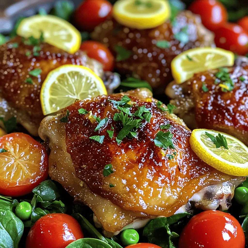 - 4 Hühnchenschenkel, mit Knochen und Haut - 2 Esslöffel Olivenöl - 1 Zitrone (abgeriebene Schale und Saft) Die Hauptzutaten machen das Gericht einfach und lecker. Ich mag Hühnchenschenkel, da sie saftig bleiben. Das Olivenöl bringt gesunde Fette und Geschmack. Die Zitrone sorgt für Frische und eine spritzige Note. - 4 Knoblauchzehen, fein gehackt - 1 Teelöffel getrockneter Thymian - 1 Teelöffel getrockneter Oregano Knoblauch ist ein Muss in diesem Rezept. Er gibt Tiefe und Aroma. Thymian und Oregano sind klassische Kräuter, die gut mit Hühnchen harmonieren. Diese Gewürze bringen die mediterrane Note in dein Gericht. - Salz und Pfeffer nach Geschmack - 1 Tasse Cherrytomaten, halbiert - 1 Tasse Babyspinat - Frische Petersilie, gehackt, zum Garnieren Salz und Pfeffer sind die Basis für jedes Gericht. Cherrytomaten bringen Süße und Farbe. Babyspinat fügt Nährstoffe und eine tolle Textur hinzu. Petersilie macht dein Gericht frisch und schön. Für das gesamte Rezept kannst du die [Full Recipe] anschauen. Um die Marinade zu machen, mische ich zuerst das Olivenöl mit dem Zitronensaft. Dann füge ich die abgeriebene Zitronenschale hinzu. Danach kommt der fein gehackte Knoblauch in die Schüssel. Ich gebe auch den getrockneten Thymian und den Oregano dazu. Schließlich würze ich die Mischung mit Salz und Pfeffer. Diese Marinade ist frisch und voller Geschmack. Jetzt nehme ich die Hühnchenschenkel. Ich lege sie in die Marinade und sorge dafür, dass sie gut bedeckt sind. Für den besten Geschmack lasse ich das Hühnchen mindestens 15 Minuten marinieren. Optimal ist es, wenn ich es bis zu zwei Stunden marinieren lasse. So zieht der Geschmack wirklich gut ein. Ich erhitze etwas Olivenöl in einer großen, ofenfesten Pfanne. Wenn das Öl heiß ist, lege ich die Hühnchenschenkel mit der Hautseite nach unten in die Pfanne. Ich brate sie für 5 bis 7 Minuten an, bis die Haut goldbraun ist. Danach wende ich die Hühnchenschenkel. Ich füge die halbierten Cherrytomaten und den Babyspinat hinzu. Über alles gieße ich die restliche Marinade. Dann kommt die Pfanne in den vorgeheizten Ofen. Dort röste ich das Hühnchen für 25 bis 30 Minuten, bis es durchgegart ist. Die Innentemperatur sollte 75 Grad erreichen. Nach dem Garen lasse ich das Gericht kurz ruhen. Vor dem Servieren garniere ich es mit frischer, gehackter Petersilie. Für das vollständige Rezept, siehe Full Recipe. Die Marinierzeit ist wichtig für den Geschmack. Ich empfehle, das Hühnchen mindestens 15 Minuten marinieren zu lassen. Optimal sind jedoch 2 Stunden. So zieht der Geschmack von Zitrone und Knoblauch tief ins Fleisch ein. Wenn du Zeit hast, lass es über Nacht im Kühlschrank marinieren. Der Geschmack wird dann noch intensiver. Eine knusprige Haut macht das Gericht besonders lecker. Beginne mit einer heißen Pfanne. Das Öl sollte gut erhitzt sein, bevor du das Hühnchen hinzufügst. Lege die Hühnchenschenkel mit der Hautseite nach unten. Brate sie 5-7 Minuten an, bis sie goldbraun sind. Wende sie dann vorsichtig. So bleibt die Haut schön knusprig. Die Präsentation ist wichtig. Serviere das Hühnchen direkt aus der Pfanne. Das sieht rustikal und einladend aus. Füge frische Zitronenscheiben und gehackte Petersilie hinzu. Das bringt Farbe und Frische ins Gericht. So wird dein One-Pan Lemon Garlic Chicken nicht nur gut schmecken, sondern auch toll aussehen. Du kannst das vollständige Rezept [hier] finden. {{image_4}} Für mehr Geschmack und Farbe können Sie zusätzliches Gemüse hinzufügen. Hier sind einige Vorschläge: - Zucchini: Schneiden Sie sie in Scheiben und fügen Sie sie vor dem Backen hinzu. - Paprika: Bunte Paprika sorgen für Süße und knusprige Textur. - Brokkoli: Fügen Sie kleine Röschen hinzu, um mehr Nährstoffe einzubringen. - Karotten: In dünne Scheiben geschnitten, bringen sie eine süße Note. Jedes Gemüse passt gut zu dem Zitronen-Knoblauch-Geschmack. Experimentieren Sie mit verschiedenen Sorten. Gewürze machen das Gericht noch interessanter. Hier sind einige Alternativen: - Italienische Gewürzmischung: Fügen Sie Basilikum und Rosmarin hinzu. Diese Kräuter geben dem Gericht einen italienischen Flair. - Cajun-Gewürz: Für einen scharfen Kick können Sie Cajun-Gewürz verwenden. Es passt gut zu Hühnchen. - Mediterrane Mischung: Mischen Sie Oregano, Rosmarin und Fenchelsamen für einen frischen Geschmack. Verwenden Sie, was Sie mögen oder was Sie zu Hause haben. Gewürze bringen Vielfalt in Ihr Gericht. Sie können auch andere Proteine verwenden. Hier sind einige Ideen: - Lachs: Ersetzen Sie das Hühnchen durch Lachsfilets. Der Zitronengeschmack passt hervorragend. - Tofu: Für eine pflanzliche Option können Sie marinierten Tofu verwenden. Er nimmt den Geschmack der Marinade gut auf. - Schweinefilet: Ein zartes Schweinefilet ist eine weitere leckere Wahl. Achten Sie darauf, die Garzeit anzupassen. Diese Variationen geben Ihnen die Freiheit, kreativ zu sein. Jedes Protein bringt einen eigenen Reiz in das Gericht. Für das vollständige Rezept schauen Sie bitte in die vorherigen Abschnitte. Um One-Pan Lemon Garlic Chicken frisch zu halten, bewahre es in einem luftdichten Behälter auf. Stelle sicher, dass das Hühnchen abgekühlt ist, bevor du es in den Kühlschrank legst. So bleibt der Geschmack erhalten. Das Gericht hält sich bis zu drei Tage im Kühlschrank. Wenn du die Reste in der Pfanne lässt, decke sie mit Folie ab, um das Austrocknen zu vermeiden. Zum Aufwärmen der Reste heize den Ofen auf 175°C vor. Lege das Hühnchen in eine Auflaufform und decke es mit Folie ab. So bleibt das Hühnchen saftig. Erwärme es für etwa 20-25 Minuten, bis es durchgehend heiß ist. Alternativ kannst du die Stücke in einer Pfanne bei mittlerer Hitze ein paar Minuten anbraten. Achte darauf, dass die Haut knusprig bleibt. Um One-Pan Lemon Garlic Chicken einzufrieren, lasse es zuerst abkühlen. Teile die Portionen in geeignete Behälter oder Gefrierbeutel. Achte darauf, die Luft herauszudrücken. So verhinderst du Gefrierbrand. Das Gericht kann bis zu drei Monate eingefroren werden. Zum Auftauen stelle das Hühnchen über Nacht in den Kühlschrank. Erhitze es dann wie oben beschrieben. Die Zubereitung dauert insgesamt 50 Minuten. Die Vorbereitungszeit beträgt nur 15 Minuten. Nach der Marinierzeit von mindestens 15 Minuten, braten Sie das Hühnchen für 5-7 Minuten an. Danach backen Sie es für 25-30 Minuten im Ofen. So erhalten Sie ein köstliches Gericht, das einfach und schnell ist. Ja, Sie können das Rezept im Voraus zubereiten. Marinieren Sie das Hühnchen bis zu zwei Stunden im Voraus. Lagern Sie es im Kühlschrank, bis Sie bereit sind, es zu braten. Wenn Sie Reste haben, bewahren Sie diese in einem luftdichten Behälter auf. So bleibt der Geschmack frisch. Zu One-Pan Lemon Garlic Chicken passen viele Beilagen. Ich empfehle, frischen Salat oder geröstetes Gemüse zu servieren. Auch Reis oder Quinoa sind gute Optionen. Diese Beilagen ergänzen das Gericht und sorgen für eine ausgewogene Mahlzeit. Zusammenfassend haben wir die köstlichen Zutaten und die einfache Zubereitung für One-Pan Lemon Garlic Chicken besprochen. Die Hauptzutaten wie saftige Hühnchenschenkel, frischer Knoblauch und Zitrone bieten tollen Geschmack. Ich habe auch Tipps gegeben, wie Sie die Haut knusprig machen und das Gericht ansprechend präsentieren können. Denken Sie daran, mit verschiedenen Gemüsesorten und Gewürzen zu experimentieren. So bleibt das Gericht spannend. Egal, ob für ein schnelles Abendessen oder ein besonderes Essen, dieses Rezept bringt Freude auf den Tisch.