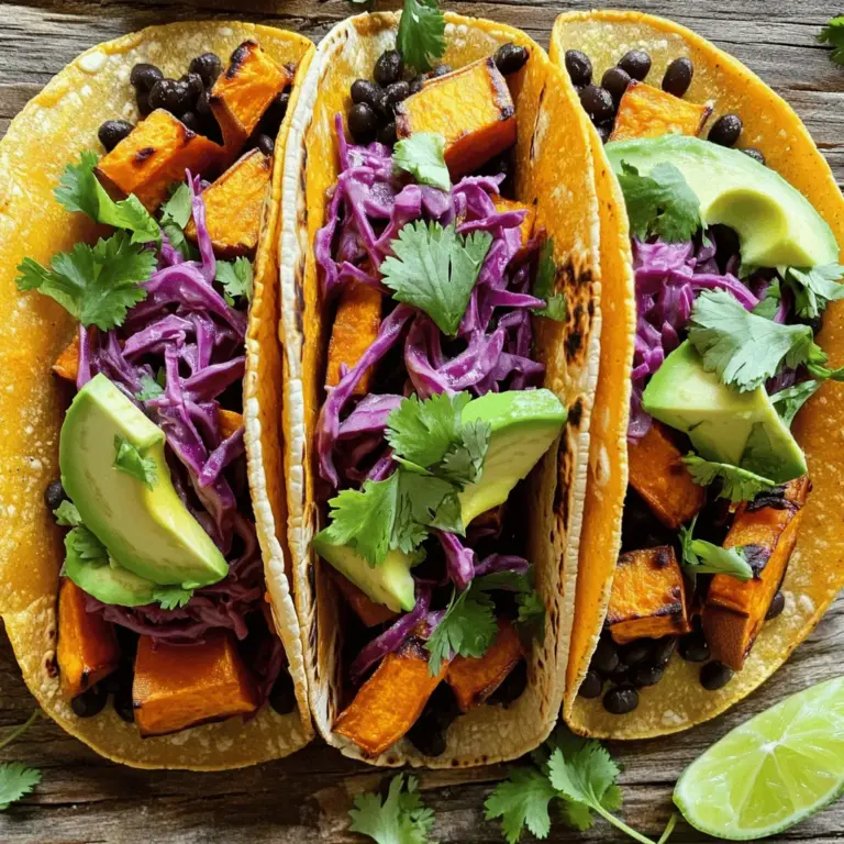 Für die Süßkartoffel und schwarze Bohnen Tacos benötigst du einfache und frische Zutaten. Hier ist, was du brauchst: - 2 mittelgroße Süßkartoffeln, geschält und gewürfelt - 1 Dose (425 g) schwarze Bohnen, abgespült und abgetropft - 8 kleine Maistortillas Diese Zutaten bilden die Basis für die Tacos. Die Süßkartoffeln bringen eine natürliche Süße, während die schwarzen Bohnen viel Protein liefern. Die richtige Würze macht den Unterschied. Hier sind die Gewürze, die du brauchst: - 1 Esslöffel Olivenöl - 1 Teelöffel geräucherter Paprika - 1 Teelöffel Kreuzkümmel - ½ Teelöffel Chilipulver - Salz und Pfeffer nach Geschmack Das Olivenöl sorgt dafür, dass die Süßkartoffeln gut rösten. Die Gewürze fügen einen tollen Geschmack hinzu. Besonders der geräucherte Paprika gibt den Tacos eine rauchige Note. Toppings machen die Tacos noch besser! Hier sind einige leckere Vorschläge: - 1 Tasse rote Kohl, fein gehobelt - 1 Avocado, in Scheiben geschnitten - ¼ Tasse frischer Koriander, gehackt - Limettenspalten zum Servieren Rote Kohl gibt Crunch, während die Avocado Cremigkeit hinzufügt. Frischer Koriander bringt Frische. Limette sorgt für einen spritzigen Geschmack. Wenn du diese Toppings hinzufügst, wird dein Taco extra lecker. Für die vollständige Zubereitung und alle Schritte schaue dir das [Full Recipe](#) an. Zuerst schälen Sie die Süßkartoffeln. Nehmen Sie zwei mittelgroße Süßkartoffeln. Schneiden Sie sie in kleine Würfel. Achten Sie darauf, dass die Stücke gleich groß sind. Das hilft beim Garen. Legen Sie die gewürfelten Süßkartoffeln in eine große Schüssel. Heizen Sie Ihren Ofen auf 200°C vor. Geben Sie 1 Esslöffel Olivenöl zu den Süßkartoffeln. Fügen Sie 1 Teelöffel geräucherten Paprika, 1 Teelöffel Kreuzkümmel, ½ Teelöffel Chilipulver, Salz und Pfeffer hinzu. Mischen Sie alles gut, bis die Würfel gleichmäßig bedeckt sind. Verteilen Sie die gewürzten Süßkartoffeln auf einem Backblech. Rösten Sie sie 25-30 Minuten. Rühren Sie die Stücke nach 15 Minuten um. So werden sie gleichmäßig braun und zart. Während die Süßkartoffeln rösten, öffnen Sie eine Dose schwarze Bohnen. Spülen Sie die Bohnen gut ab und lassen Sie sie abtropfen. Erwärmen Sie die Bohnen in einem kleinen Topf bei niedriger Hitze. Rühren Sie sie gelegentlich um. Fügen Sie etwas Salz und Pfeffer hinzu, um den Geschmack zu verbessern. In einer trockenen Pfanne erhitzen Sie 8 kleine Maistortillas. Machen Sie dies bei mittlerer Hitze für 30 Sekunden auf jeder Seite. Die Tortillas sollten warm und geschmeidig sein. Sie können jetzt die Tacos zusammenstellen. Nutzen Sie das Rezept für eine detaillierte Anleitung: [Full Recipe]. Um die Süßkartoffeln perfekt zu rösten, achte darauf, sie gleichmäßig zu würfeln. So garen sie gleichmäßig. Vermische die Würfel gut mit Olivenöl und Gewürzen in einer Schüssel. Lege sie dann auf ein Backblech in einer einzigen Schicht. Dies hilft, dass die Süßkartoffeln schön braun werden. Rühre sie einmal während des Röstens um, um ein Anbrennen zu vermeiden. Röstzeit beträgt etwa 25 bis 30 Minuten. Sie sollten zart und leicht karamellisiert sein. Die Wahl der Tortillas ist wichtig für den Geschmack. Ich empfehle kleine Maistortillas. Sie sind weich und passen gut zu den Tacos. Erhitze die Tortillas in einer Pfanne ohne Öl. Dies macht sie geschmeidig und warm. So kannst du sie leicht füllen und rollen. Wenn du es lieber magst, kannst du auch Weizentortillas verwenden. Diese sind etwas dicker und halten die Füllung gut. Jeder hat einen anderen Geschmack. Du kannst die Gewürze einfach anpassen. Wenn du es schärfer magst, füge mehr Chilipulver hinzu. Für einen rauchigen Geschmack, erhöhe die Menge an geräuchertem Paprika. Du kannst auch frische Kräuter wie Koriander oder Petersilie hinzufügen. Diese geben den Tacos einen frischen Kick. Experimentiere mit verschiedenen Gewürzen, um deine perfekte Mischung zu finden. Die Gewürze machen den Unterschied in jedem Bissen. Für die vollständige Zubereitung schaue dir das Full Recipe an. {{image_4}} Wenn Sie keine schwarzen Bohnen mögen, gibt es viele tolle Alternativen. Sie können Kidneybohnen oder Pinto-Bohnen verwenden. Beide haben einen ähnlichen Geschmack und Textur. Für eine proteinreiche Option sind Kichererbsen auch eine gute Wahl. Sie verleihen den Tacos einen nussigen Geschmack. Variieren Sie Ihre Tacos mit verschiedenen Toppings! Anstelle von rotem Kohl können Sie grünen Salat oder Rucola verwenden. Für mehr Knusprigkeit sind gehackte Nüsse oder geröstete Samen perfekt. Frischer Mais oder Salsa geben den Tacos eine fruchtige Note. Probieren Sie auch verschiedene Käsesorten wie Feta oder Cotija. Diese Tacos sind von Natur aus vegetarisch und vegan! Sie enthalten keine tierischen Produkte. Um sie noch gesünder zu machen, fügen Sie mehr Gemüse hinzu. Zucchini oder Paprika passen wunderbar. Außerdem können Sie die Tacos mit einer veganen Sour Cream oder Guacamole toppen. Sie können das Rezept auch nach dem [Full Recipe] anpassen, um Ihre Lieblingstoppings zu integrieren. Wenn Sie Tacos übrig haben, lagern Sie sie richtig. Wickeln Sie die Tacos in Folie oder legen Sie sie in einen luftdichten Behälter. So bleiben sie frisch. Bewahren Sie die Tacos im Kühlschrank auf. Idealerweise essen Sie die Reste innerhalb von zwei Tagen. So bleibt der Geschmack am besten. Sie können die Füllungen auch einfrieren. Lassen Sie die Süßkartoffeln und Bohnen zuerst abkühlen. Füllen Sie sie in einen Gefrierbehälter. Achten Sie darauf, die Luft zu entfernen. So verhindern Sie Frostbildung. Gefroren halten die Füllungen bis zu drei Monate. Wenn Sie bereit sind, sie zu nutzen, lassen Sie sie über Nacht im Kühlschrank auftauen. Die Mikrowelle ist eine schnelle Methode zum Aufwärmen. Legen Sie die Tacos auf einen mikrowellenfesten Teller. Decken Sie sie mit einem feuchten Papiertuch ab. So bleiben sie nicht trocken. Erwärmen Sie sie in 30-Sekunden-Intervallen, bis sie warm sind. Alternativ können Sie die Füllung in einer Schüssel aufwärmen und dann frisch gefüllte Tacos machen. Diese Methoden garantieren, dass Ihr Essen lecker bleibt. Um die vollständige Rezeptanleitung zu erhalten, schauen Sie sich die Full Recipe an. Um die Süßkartoffel und schwarze Bohnen Tacos schärfer zu machen, füge einfach mehr Chilipulver oder frische Chilis hinzu. Du kannst auch einige Spritzer scharfer Sauce verwenden. Wenn du es wirklich scharf magst, probiere jalapeños oder serrano Peperoni. Diese bringen nicht nur Schärfe, sondern auch tollen Geschmack. Achte darauf, die Schärfe nach und nach anzupassen, damit es nicht zu viel wird. Ja, du kannst die Tacos vorher zubereiten. Du kannst die Süßkartoffeln und schwarzen Bohnen im Voraus kochen und kühl lagern. Wenn du bereit bist zu essen, erwärmst du sie einfach in der Mikrowelle oder auf dem Herd. Die Tortillas kannst du ebenfalls im Voraus warm halten. Mische die Zutaten kurz vor dem Servieren, damit alles frisch bleibt. Die besten Beilagen für Tacos sind frisch und bunt. Du kannst Guacamole, Salsa oder einen knackigen Salat dazu servieren. Auch Reis oder Bohnen passen gut. Wenn du es ganz einfach magst, schau dir den Full Recipe an. Dort findest du viele Ideen für Beilagen, die deine Tacos ergänzen. Denke daran, dass frische Limetten immer eine tolle Ergänzung sind, um alles aufzupeppen. Im Artikel haben wir gelernt, wie man köstliche Süßkartoffel und schwarze Bohnen Tacos zubereitet. Wir schauten uns die Zutaten, Zubereitung, Tipps und Variationen an. Jeder Schritt hilft dir, die Tacos perfekt zu machen. Denke daran, die Röstaromen gut zu nutzen und mit Gewürzen zu experimentieren. Probiere verschiedene Toppings aus, um deinen Tacos einen neuen Dreh zu geben. Mit diesen Informationen bist du gut gerüstet, um ein leckeres Gericht zu servieren. Viel Spaß beim Kochen!