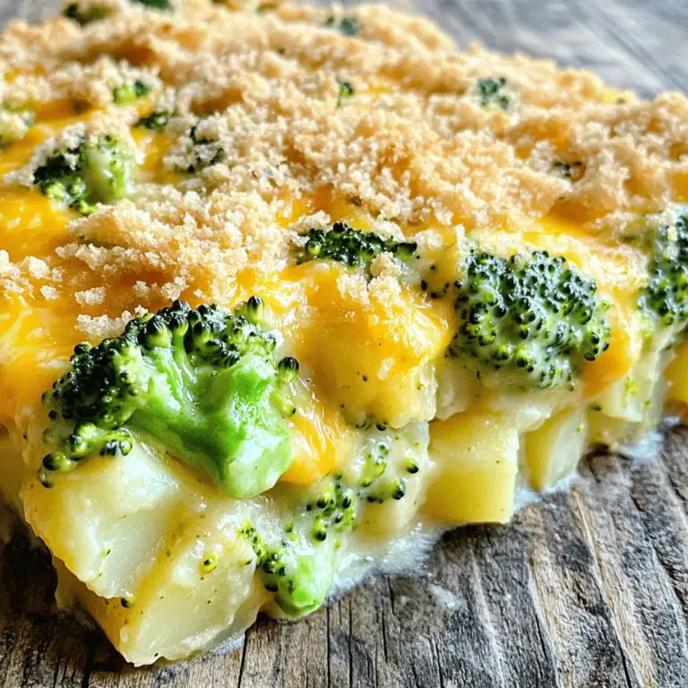 - 4 mittelgroße Kartoffeln, geschält und gewürfelt - 2 Tassen frische Brokkoliröschen - 1 Tasse geriebener Cheddarkäse - 1 Tasse Milch - 1/2 Tasse Sauerrahm - 1 Teelöffel Knoblauchpulver - 1/2 Teelöffel Zwiebelpulver - Salz und Pfeffer nach Geschmack - 1/2 Tasse Semmelbrösel (optional, für die Kruste) - großer Topf - große Rührschüssel - Auflaufform 23x33 cm (9x13 Zoll) - Dämpfeinsatz oder Dampfgarer In diesem Rezept arbeiten wir mit einfachen Zutaten. Die Kartoffeln geben eine gute Basis. Du kannst sie leicht würfeln, um sie gleichmäßig zu kochen. Brokkoli bringt Farbe und viele Nährstoffe. Der Cheddar sorgt für einen tollen Geschmack. Die Gewürze sind wichtig. Knoblauchpulver und Zwiebelpulver bringen Tiefe. Salz und Pfeffer verbessern den Gesamtgeschmack. Die Semmelbrösel sind eine optionale Leckerei. Sie geben eine knusprige Kruste, die das Gericht aufwertet. Für deine Küchenausstattung brauchst du nur ein paar Basics. Ein großer Topf hilft beim Kochen der Kartoffeln. Eine große Rührschüssel ist nötig, um alles zu vermengen. Die Auflaufform ist der Ort, wo die Magie passiert. Ein Dämpfeinsatz oder Dampfgarer hilft beim Dämpfen des Brokkolis. Wenn du mehr über die Zubereitung erfahren möchtest, schau dir das [Full Recipe] an. - Ofen auf 190°C vorheizen - Kartoffeln in einem großen Topf kochen Heize deinen Ofen auf 190°C vor. Das sorgt dafür, dass unser Auflauf gleichmäßig gart. Nimm die Kartoffeln und schäle sie. Schneide sie in kleine Würfel. Gib die gewürfelten Kartoffeln in einen großen Topf. Fülle den Topf mit Wasser und bringe es zum Kochen. Lass die Kartoffeln etwa 10 bis 12 Minuten kochen, bis sie weich sind. Prüfe mit einer Gabel, ob sie zart sind. Dann gieße das Wasser ab und stelle die Kartoffeln beiseite. - Brokkoliröschen dämpfen, bis sie zart sind Während die Kartoffeln kochen, nimm die Brokkoliröschen. Dämpfe sie für etwa 3 bis 4 Minuten. Sie sollten leuchtend grün und leicht zart sein. Achte darauf, dass du sie nicht zu lange dämpfst. So bleiben sie knackig und lecker. - Alle Zutaten in einer Rührschüssel vermengen - Mischung gleichmäßig in die Auflaufform geben Jetzt kommt der spaßige Teil. Nimm eine große Rührschüssel und gib die gekochten Kartoffeln und den gedämpften Brokkoli hinein. Füge den geriebenen Cheddarkäse, die Milch und den Sauerrahm hinzu. Streue das Knoblauchpulver und Zwiebelpulver darüber. Vergiss nicht, mit Salz und Pfeffer zu würzen. Mische alles gut, bis es gleichmäßig verteilt ist. Nimm eine gefettete Auflaufform und gib die Mischung gleichmäßig hinein. - Auflauf im vorgeheizten Ofen für 25-30 Minuten backen - Auflauf vor dem Servieren 5 Minuten abkühlen lassen Schiebe die Auflaufform in den vorgeheizten Ofen. Lass den Auflauf 25 bis 30 Minuten backen. Die Oberseite sollte goldbraun und sprudelnd sein. Wenn die Zeit um ist, nimm den Auflauf heraus. Lass ihn 5 Minuten abkühlen, bevor du ihn servierst. So kann er etwas fester werden. Für das vollständige Rezept, schau dir die [Full Recipe] an. Um matschige Kartoffeln zu vermeiden, kochen Sie die Kartoffeln nicht zu lange. Die perfekte Garzeit liegt bei 10 bis 12 Minuten. Prüfen Sie mit einer Gabel, ob sie zart sind, aber nicht zerfallen. Das Verhältnis von Käse und Creme ist wichtig. Für einen cremigen Auflauf mischen Sie 1 Tasse Milch mit 1/2 Tasse Sauerrahm. So erreichen Sie eine tolle Konsistenz, die nicht zu flüssig ist. Fügen Sie frische Kräuter wie Petersilie oder Schnittlauch hinzu. Diese bringen Farbe und Frische. Auch Gewürze wie Paprika oder Muskatnuss können den Geschmack anheben. Wenn Sie andere Käsesorten verwenden möchten, probieren Sie Gouda oder Mozzarella. Diese Käsesorten schmelzen gut und geben einen anderen Geschmack. Garnieren Sie den Auflauf mit frischer Petersilie für einen farbenfrohen Akzent. Servieren Sie ihn warm auf einem schönen Teller. Beilagen wie einen grünen Salat oder knuspriges Brot passen gut dazu. Diese Kombination macht das Essen noch leckerer. Für das volle Rezept besuchen Sie bitte [Full Recipe]. {{image_4}} Um einen veganen Käse-Brokkoli-Kartoffelauflauf zu machen, ersetzen Sie die Milch und den Sauerrahm durch pflanzliche Alternativen. Mandeldrink oder Hafermilch sind gute Optionen. Für den Käse können Sie veganen Käse verwenden. Diese Produkte schmelzen gut und geben einen tollen Geschmack. So bleibt der Auflauf cremig und lecker. Wenn Sie mehr Protein möchten, fügen Sie gekochtes Huhn oder Tofu hinzu. Schneiden Sie das Huhn in kleine Stücke und mischen Sie es mit den anderen Zutaten. Für Vegetarier ist Tofu eine gute Wahl. Schneiden Sie den Tofu in Würfel und braten Sie ihn kurz an. Dies gibt dem Auflauf einen herzhaften Biss. Sie können viele Gemüsesorten hinzufügen, um den Auflauf bunter zu machen. Karotten, Blumenkohl oder Spinat passen gut dazu. Experimentieren Sie mit verschiedenen Geschmäckern. Vielleicht probieren Sie auch etwas Paprika oder Zucchini. Diese Kombinationen machen Ihr Gericht noch schmackhafter und gesünder. Lagern Sie den Käse-Brokkoli-Kartoffelauflauf in einem luftdichten Behälter. So bleibt er frisch. Er hält sich etwa 3-4 Tage im Kühlschrank. Um ihn aufzuwärmen, nehmen Sie eine Portion heraus. Stellen Sie die Mikrowelle auf mittlere Leistung und erwärmen Sie ihn für 2-3 Minuten. Achten Sie darauf, dass der Auflauf gleichmäßig warm wird. Um den Auflauf einzufrieren, lassen Sie ihn zuerst ganz abkühlen. Schneiden Sie ihn in Portionen. Wickeln Sie jede Portion in Frischhaltefolie und legen Sie sie in einen Gefrierbeutel. So bleibt der Geschmack frisch. Zum Auftauen legen Sie die Portionen über Nacht in den Kühlschrank. Um den besten Geschmack zu erhalten, backen Sie den Auflauf nach dem Auftauen für 20 Minuten bei 180°C. So wird er wieder knusprig und lecker. Die Zubereitung des Käse-Brokkoli-Kartoffelauflaufs dauert etwa 15 Minuten. Danach müssen Sie ihn für 25 bis 30 Minuten backen. Insgesamt brauchen Sie also etwa 50 Minuten von Beginn bis zum Servieren. Diese Zeit macht ihn zu einer schnellen und leckeren Wahl. Sie können ihn gut vorbereiten, wenn Sie wenig Zeit haben. Ja, Sie können andere Käsesorten verwenden. Gouda, Mozzarella oder sogar Feta sind gute Optionen. Jedes bringt einen anderen Geschmack. Experimentieren Sie mit verschiedenen Kombinationen. Mischen Sie zum Beispiel Cheddar mit Gouda für mehr Tiefe. Denken Sie daran, die Menge anzupassen. Zu viel Käse kann den Auflauf zu schwer machen. Ja, dieser Auflauf ist kinderfreundlich. Er enthält nahrhafte Zutaten wie Brokkoli und Kartoffeln. Diese bieten Ballaststoffe und Vitamine. Wenn Ihre Kinder wählerisch sind, können Sie den Brokkoli klein schneiden. So fällt er weniger auf. Sie können auch die Käsemenge erhöhen, um den Geschmack zu verbessern. Das macht das Essen für Kinder attraktiver. Dieser Käse-Brokkoli-Kartoffelauflauf ist einfach und lecker. Sie haben gelernt, welche Zutaten und Geräte Sie brauchen. Die Schritt-für-Schritt-Anleitung macht die Zubereitung leicht. Denken Sie an die Tipps, um die perfekte Konsistenz zu erhalten. Variationen wie vegane oder proteinreiche Optionen bieten Vielfalt. Stellen Sie sicher, dass Sie den Auflauf richtig lagern, um ihn frisch zu halten. Bereiten Sie sich darauf vor, einen Auflauf zu genießen, der allen schmeckt!