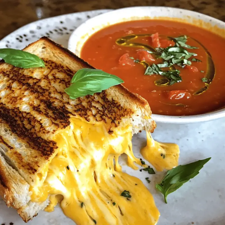Für ein perfektes Sandwich brauchst du: - 4 Scheiben Sauerteigbrot - 170 g scharfen Cheddar, gerieben - 60 g Mozzarella, zerkleinert - 2 Esslöffel ungesalzene Butter Die Suppe ist einfach und schnell gemacht. Du benötigst: - 1 Dose (400 g) feuergeröstete, gewürfelte Tomaten - 240 ml Gemüsebrühe - 1 Teelöffel getrockneter Basilikum - 1 kleine Zwiebel, gehackt - 1 Knoblauchzehe, fein gehackt - 1 Esslöffel Olivenöl - Salz und Pfeffer nach Geschmack - Frische Basilikumblätter zur Garnitur (optional) Wähle frische und hochwertige Zutaten. Der Käse sollte gut schmelzen. Achte darauf, dass das Brot knusprig bleibt. Verwende feuergeröstete Tomaten. Diese geben der Suppe mehr Geschmack. Frische Kräuter bringen das Gericht auf ein neues Level. Ich empfehle, Bioprodukte zu wählen, wenn möglich. So schmeckt es noch besser. Für das gesamte Rezept, schau dir die [Full Recipe] an. Um die Tomatensuppe zu machen, beginne mit einem mittelgroßen Kochtopf. Erhitze das Olivenöl bei mittlerer Hitze. Füge die gehackte Zwiebel hinzu und brate sie etwa fünf Minuten lang. Sie sollte glasig werden. Dann kommt der gehackte Knoblauch dazu. Brate ihn für ein bis zwei Minuten, bis er gut riecht. Gieße die Dose feuergeröstete, gewürfelte Tomaten und die Gemüsebrühe in den Topf. Rühre den getrockneten Basilikum ein und schmecke mit Salz und Pfeffer ab. Lass die Mischung zum Köcheln kommen. Lasse sie 15 bis 20 Minuten sanft köcheln, damit die Aromen gut zusammenkommen. Nimm einen Stabmixer und püriere die Suppe, bis sie glatt ist. Wenn du keinen Stabmixer hast, gehe in kleinen Portionen vor. Halte die Suppe warm, während du den gegrillten Käse machst. Für den gegrillten Käse nehme eine Pfanne und schmelze einen Esslöffel Butter bei mittlerer Hitze. Lege zwei Scheiben Sauerteigbrot in die Pfanne. Streue den geriebenen Cheddar und die zerkleinerte Mozzarella gleichmäßig auf die Brotscheiben. Decke sie mit den restlichen Brotscheiben ab. Brate die Sandwiches, bis die Unterseite goldbraun ist. Das dauert etwa drei bis vier Minuten. Wende die Sandwiches vorsichtig und füge die restliche Butter in die Pfanne. Brate die andere Seite bis sie goldbraun ist und der Käse geschmolzen ist, auch für weitere drei bis vier Minuten. Nimm die Sandwiches aus der Pfanne und lasse sie eine Minute ruhen. Schneide sie dann in der Mitte durch. Serviere die warmen gegrillten Käse-Sandwiches zusammen mit einer Schüssel der cremigen Tomatensuppe. Du kannst die Suppe mit frischen Basilikumblättern garnieren. Das gibt einen frischen Geschmack und sieht toll aus. Für ein volleres Gericht kannst du auch einen kleinen Salat dazu reichen. Für die vollständige Rezeptur, sieh in die [Full Recipe]. Um den perfekten gegrillten Käse zu machen, wähle gutes Brot. Ich empfehle Sauerteigbrot, da es gut röstet. Verwende auch Käse, der gut schmilzt. Eine Mischung aus scharfem Cheddar und Mozzarella sorgt für tollen Geschmack und Textur. - Die Butter sollte weich sein, um gleichmäßig zu schmelzen. - Erhitze die Pfanne nicht zu stark. So brennt das Brot nicht an. - Brate jede Seite etwa drei bis vier Minuten, bis sie goldbraun ist. Für einen reichhaltigen Geschmack kannst du die Suppe mit frischen Kräutern verfeinern. Basilikum passt toll zu Tomaten. Füge auch etwas Zucker hinzu, um die Säure auszugleichen. - Für eine cremigere Suppe benutze etwas Sahne oder Kokosmilch. - Röste die Tomaten vor dem Hinzufügen, um den Geschmack zu intensivieren. - Du kannst auch einen Spritzer Zitronensaft hinzufügen. Das gibt der Suppe Frische. Präsentation macht alles aus! Serviere die Suppe in einer schönen Schüssel. Schneide die gegrillten Käse-Sandwiches diagonal und lege sie auf einen Teller. - Eine Prise frisches Basilikum auf die Suppe macht sie ansprechend. - Nutze eine kleine Schale für die Suppe und stelle das Sandwich daneben. - Achte darauf, dass alles warm ist, wenn du servierst. Diese Tipps helfen dir, den Genuss von gegrilltem Käse mit Tomatensuppe zu maximieren. Für das vollständige Rezept schau dir [Full Recipe] an. {{image_4}} Um eine vegane Version des gegrillten Käses zu machen, ersetze die Käsesorten durch pflanzliche Alternativen. Du kannst veganen Cheddar oder Mozzarella wählen. Statt Butter nimmst du vegane Margarine oder Olivenöl. Die Tomatensuppe lässt sich leicht anpassen. Verwende Gemüsebrühe und achte darauf, dass keine tierischen Produkte enthalten sind. Für eine glutenfreie Mahlzeit, wähle glutenfreies Brot. Viele Marken bieten leckere Optionen, die gut toasten. Achte darauf, dass die anderen Zutaten auch glutenfrei sind, besonders die Brühe. So bleibt das Gericht für alle verträglich und schmackhaft. Um dein Gericht zu verfeinern, kannst du frische Kräuter wie Basilikum oder Petersilie hinzufügen. Ein Spritzer Zitronensaft in der Suppe bringt Frische. Probiere auch knusprige Croutons oder geröstete Kichererbsen als Beilage. Diese sorgen für einen tollen Crunch und zusätzliche Aromen. Für das komplette Rezept, sieh dir die [Full Recipe] an. Es gibt nichts Besseres als Reste von gegrilltem Käse und Tomatensuppe. Du kannst sie in einem luftdichten Behälter aufbewahren. Lass die Sandwiches zuerst abkühlen. So bleibt der Käse cremig und das Brot knusprig. Die Suppe hält sich gut im Kühlschrank. Sie bleibt dort etwa drei Tage frisch. Wenn du mehr Reste hast, kannst du sie auch einfrieren. Wickel die Sandwiches gut in Frischhaltefolie. Lege sie dann in einen Gefrierbeutel. Die Tomatensuppe kannst du ebenfalls einfrieren. Fülle sie in einen gefrierfesten Behälter. So bleibt alles für bis zu drei Monate haltbar. Zum Auftauen stell die Sandwiches einfach in den Kühlschrank. Die Suppe kannst du im Kühlschrank oder in der Mikrowelle auftauen. Um die Reste wieder aufzuwärmen, benutze eine Pfanne. Erhitze die Sandwiches bei mittlerer Hitze. So wird das Brot wieder knusprig. Für die Suppe erwärmst du sie in einem Topf. Rühre gut um, damit sie gleichmäßig warm wird. Du kannst auch etwas frisches Basilikum hinzufügen. Das gibt extra Geschmack und macht die Suppe frisch. Das Rezept ergibt zwei Portionen. Es ist perfekt für ein schnelles Mittagessen oder einen Snack. Wenn du mehr Leute hast, kannst du die Zutaten einfach verdoppeln. So kannst du viele hungrige Mäuler zufriedenstellen! Ja, du kannst frische Tomaten verwenden. Nimm etwa 800 g reife Tomaten. Schäle sie und schneide sie klein. Du musst die Tomaten etwas länger kochen, damit sie weich werden. Sie geben der Suppe einen frischen Geschmack. Um deinen gegrillten Käse noch besser zu machen, füge verschiedene Käsesorten hinzu. Probiere Gouda oder Brie für einen besonderen Geschmack. Du kannst auch etwas Senf oder Pesto auf das Brot streichen. Das gibt extra Aroma und macht dein Sandwich noch spannender. Für einen knusprigen Biss, benutze ein gutes, dickes Brot. Hast du die Neugier geweckt? Schau dir das [Full Recipe] an, um alles zu erfahren! In diesem Blogbeitrag haben wir die wichtigsten Zutaten für Schmelzende Glückseligkeit Toast und Tomatensuppe besprochen. Ich habe eine Schritt-für-Schritt-Anleitung zum Zubereiten dieser leckeren Gerichte gegeben. Außerdem hab ich hilfreiche Tipps und Variationen vorgestellt, um das Essen noch besser zu machen. Denke daran, dass gute Zutaten den Unterschied ausmachen. Bewahre Reste clever auf und genieße die Gerichte nach Bedarf. Kochen sollte Spaß machen, also probiere neue Ideen aus und mache die Rezepte zu deinen eigenen!