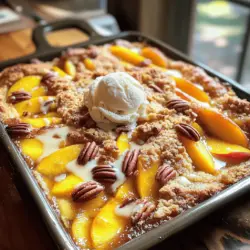 Um einen leckeren Pfirsichtraum-Dump Cake zu machen, brauchen Sie einige einfache Hauptzutaten: - 4 Tassen frische Pfirsiche, in Scheiben geschnitten (oder 2 Dosen Pfirsichscheiben, abgetropft) - 1 Tasse Kristallzucker - 1 Teelöffel Vanilleextrakt - 1 Teelöffel gemahlener Zimt - 1 Packung Gelbe Kuchenteigmischung (ca. 430 g) - 1/2 Tasse ungesalzene Butter, geschmolzen - 1 Tasse gehackte Pekannüsse (optional) - 1 Tasse Pfirsichnektar oder -saft Diese Zutaten sorgen für einen süßen und fruchtigen Geschmack. Die Mischung aus frischen Pfirsichen und Zucker gibt dem Kuchen eine tolle Textur und Süße. Wenn Sie den Dump Cake aufpeppen möchten, können Sie einige zusätzliche Zutaten hinzufügen. Hier sind einige Ideen: - Eine Tasse frische Blaubeeren oder Himbeeren für eine fruchtige Mischung. - Eine Prise Muskatnuss für einen warmen Geschmack. - Eine Handvoll Kokosraspeln für einen tropischen Twist. Diese Variationen geben dem Kuchen mehr Geschmack und machen ihn einzigartig. Die Wahl der richtigen Pfirsiche ist wichtig für diesen Kuchen. Hier sind einige Tipps: - Wählen Sie reife, süße Pfirsiche für den besten Geschmack. - Achten Sie auf die Farbe. Gelbe Pfirsiche sind oft süßer. - Vermeiden Sie Pfirsiche mit Druckstellen oder Flecken. Frische Pfirsiche bringen den besten Geschmack. Wenn Sie Dosenpfirsiche verwenden, wählen Sie die in Saft, nicht in Sirup. So bleibt der Kuchen nicht zu süß. Für das vollständige Rezept schauen Sie sich die Full Recipe an. Zuerst müssen wir alle Zutaten bereitstellen. Hier ist, was du brauchst: - 4 Tassen frische Pfirsiche, in Scheiben geschnitten (oder 2 Dosen Pfirsichscheiben, abgetropft) - 1 Tasse Kristallzucker - 1 Teelöffel Vanilleextrakt - 1 Teelöffel gemahlener Zimt - 1 Packung Gelbe Kuchenteigmischung (ca. 430 g) - 1/2 Tasse ungesalzene Butter, geschmolzen - 1 Tasse gehackte Pekannüsse (optional) - 1 Tasse Pfirsichnektar oder -saft Heize zunächst den Ofen auf 175°C vor. Fette eine große Backform ein. Du kannst 23x33 cm verwenden. Schneide die Pfirsiche in Scheiben. Wenn du Dosenpfirsiche verwendest, achte darauf, sie gut abtropfen zu lassen. Jetzt kommt der Spaß! In einer großen Schüssel vermische die geschnittenen Pfirsiche mit Zucker, Vanille und Zimt. Rühre alles gut um, damit die Pfirsiche gleichmäßig bedeckt sind. Gieße die Mischung in die Backform. Streue die Kuchenteigmischung gleichmäßig über die Pfirsiche. Rühre nicht um! Träufle die geschmolzene Butter darüber. Achte darauf, so viel Fläche wie möglich zu bedecken. Wenn du Pekannüsse magst, streue sie jetzt darüber. Gieße den Pfirsichnektar gleichmäßig über die Oberseite. Backe das Ganze 40 bis 45 Minuten. Der Kuchen ist fertig, wenn die Oberseite goldbraun und sprudelnd ist. Lass ihn nach dem Backen etwa 10 bis 15 Minuten abkühlen. Der Dump Cake sieht toll aus, wenn du ihn servierst! Ich empfehle, ihn warm zu genießen. Eine Kugel Vanilleeis obendrauf macht alles besser. Streue etwas Zimt darüber oder füge ein paar Pfirsichscheiben als Garnitur hinzu. Das sieht nicht nur schön aus, sondern schmeckt auch fantastisch! Ein häufiger Fehler ist, die Zutaten nicht gut zu vermischen. Achten Sie darauf, die Pfirsiche gleichmäßig mit Zucker und Gewürzen zu vermengen. Wenn Sie die Kuchenteigmischung einrühren, wird der Kuchen nicht luftig. Streuen Sie die Mischung einfach gleichmäßig auf die Pfirsiche. Übermäßiges Rühren macht den Dump Cake schwer. Um den perfekten Dump Cake zu erzielen, verwenden Sie frische Pfirsiche. Wenn Sie Dosen verwenden, achten Sie darauf, dass sie gut abgetropft sind. Die Butter sollte gleichmäßig verteilt werden. So sorgt sie für eine goldene Kruste. Überprüfen Sie den Kuchen nach dem Backen. Die Oberseite sollte sprudelnd und goldbraun sein. Wenn er zu lange backt, wird er trocken. Servieren Sie den Dump Cake warm. Er schmeckt am besten, wenn er frisch aus dem Ofen kommt. Eine Kugel Vanilleeis obendrauf macht ihn besonders lecker. Ein Hauch von Zimt oder frische Pfirsichscheiben sorgt für einen tollen Blickfang. Genießen Sie diesen Kuchen zu besonderen Anlässen oder einfach so! {{image_4}} Du kannst viele Früchte für deinen Dump Cake verwenden. Äpfel, Kirschen oder Beeren sind tolle Alternativen. Wenn du Äpfel wählst, schneide sie in dünne Scheiben. Für Kirschen verwende entsteinte Früchte. Beeren wie Himbeeren oder Blaubeeren sind frisch und lecker. Mische verschiedene Früchte, um neue Geschmäcker zu entdecken. So bleibt der Kuchen spannend und lecker. Du brauchst keine Angst zu haben, wenn du glutenfrei leben möchtest. Viele glutenfreie Kuchenteigmischungen sind im Handel erhältlich. Achte darauf, dass sie gut schmecken und die richtige Konsistenz haben. Du kannst auch Mandelmehl oder Kokosmehl verwenden. Diese Mehle bieten einen anderen Geschmack und eine tolle Textur. Probiere sie aus und finde deine Lieblingsversion! Wenn du vegan kochen möchtest, gibt es einfache Wege, den Kuchen anzupassen. Ersetze die Butter durch Pflanzenöl oder vegane Margarine. Auch Apfelmus oder zerdrückte Bananen sind gute Alternativen. Für die Eier kannst du Leinsamen oder Chia-Samen verwenden. Mische einen Esslöffel Samen mit drei Esslöffeln Wasser. Lass es kurz stehen, bis es dick wird. So bleibt dein Dump Cake vegan und lecker. Für das vollständige Rezept schau dir die Zutaten und Schritte an. Wenn Sie Reste Ihres Pfirsichtraum-Dump Cakes haben, lagern Sie ihn einfach im Kühlschrank. Decken Sie die Backform mit Frischhaltefolie oder Aluminiumfolie ab. So bleibt der Kuchen frisch. Er hält sich bis zu fünf Tage im Kühlschrank. Achten Sie darauf, ihn gut abgedeckt zu halten, damit er nicht austrocknet. Einfrieren ist eine tolle Option, um die Haltbarkeit zu verlängern. Lassen Sie den Dump Cake zuerst ganz abkühlen. Schneiden Sie ihn dann in Portionen. Wickeln Sie jede Portion fest in Frischhaltefolie und geben Sie sie in einen Gefrierbeutel. So hält er sich bis zu drei Monate im Gefrierfach. Beschriften Sie den Beutel mit dem Datum, damit Sie wissen, wann Sie ihn gemacht haben. Um den gefrorenen Dump Cake aufzutauen, lassen Sie ihn über Nacht im Kühlschrank. Sie können ihn auch direkt im Ofen aufwärmen. Heizen Sie den Ofen auf 175°C vor. Legen Sie den Kuchen in eine ofenfeste Form und decken Sie ihn mit Aluminiumfolie ab. Erwärmen Sie ihn etwa 20 Minuten. So bleibt er saftig und lecker. Wenn Sie die Reste im Kühlschrank aufbewahrt haben, erwärmen Sie sie einfach in der Mikrowelle für ein paar Minuten. Das ist schnell und einfach! Ja, gefrorene Pfirsiche sind eine gute Option. Sie sparen Zeit bei der Vorbereitung. Verwende sie direkt aus dem Gefrierschrank. Du musst sie nicht auftauen. Die Backzeit bleibt gleich. Das Ergebnis ist trotzdem lecker und saftig. Der Dump Cake bleibt frisch für etwa 3-4 Tage im Kühlschrank. Stelle ihn in einen luftdichten Behälter. So bleibt der Kuchen weich und feucht. Nach ein paar Tagen kann er an Geschmack verlieren. Du kannst ihn auch einfrieren, um ihn länger zu bewahren. Ja, das Rezept ist flexibel. Du kannst andere Kuchenteigmischungen wie Schokolade oder Vanille verwenden. Diese Variationen bringen neue Aromen. Experimentiere mit verschiedenen Geschmäckern. Das macht dein Dessert noch spannender! Für das vollständige Rezept besuche den Abschnitt über die Zutaten. Zusammenfassend haben wir den Pfirsichtraum-Dump Cake besprochen. Wir haben die Hauptzutaten und Tipps für die Zubereitung behandelt. Variationen wie vegane Optionen und glutenfreie Alternativen bieten Flexibilität. Wichtig ist die richtige Lagerung und wie man den Kuchen aufwärmt. Dieser Genuss ist einfach zuzubereiten und schmeckt toll. Probiere es aus, und du wirst begeistert sein!