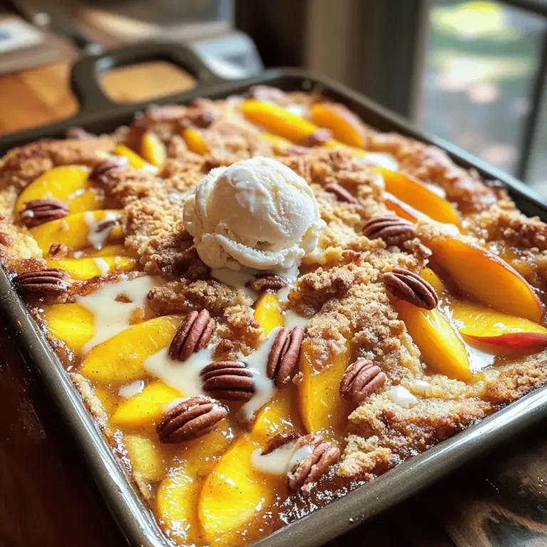 Um einen leckeren Pfirsichtraum-Dump Cake zu machen, brauchen Sie einige einfache Hauptzutaten: - 4 Tassen frische Pfirsiche, in Scheiben geschnitten (oder 2 Dosen Pfirsichscheiben, abgetropft) - 1 Tasse Kristallzucker - 1 Teelöffel Vanilleextrakt - 1 Teelöffel gemahlener Zimt - 1 Packung Gelbe Kuchenteigmischung (ca. 430 g) - 1/2 Tasse ungesalzene Butter, geschmolzen - 1 Tasse gehackte Pekannüsse (optional) - 1 Tasse Pfirsichnektar oder -saft Diese Zutaten sorgen für einen süßen und fruchtigen Geschmack. Die Mischung aus frischen Pfirsichen und Zucker gibt dem Kuchen eine tolle Textur und Süße. Wenn Sie den Dump Cake aufpeppen möchten, können Sie einige zusätzliche Zutaten hinzufügen. Hier sind einige Ideen: - Eine Tasse frische Blaubeeren oder Himbeeren für eine fruchtige Mischung. - Eine Prise Muskatnuss für einen warmen Geschmack. - Eine Handvoll Kokosraspeln für einen tropischen Twist. Diese Variationen geben dem Kuchen mehr Geschmack und machen ihn einzigartig. Die Wahl der richtigen Pfirsiche ist wichtig für diesen Kuchen. Hier sind einige Tipps: - Wählen Sie reife, süße Pfirsiche für den besten Geschmack. - Achten Sie auf die Farbe. Gelbe Pfirsiche sind oft süßer. - Vermeiden Sie Pfirsiche mit Druckstellen oder Flecken. Frische Pfirsiche bringen den besten Geschmack. Wenn Sie Dosenpfirsiche verwenden, wählen Sie die in Saft, nicht in Sirup. So bleibt der Kuchen nicht zu süß. Für das vollständige Rezept schauen Sie sich die Full Recipe an. Zuerst müssen wir alle Zutaten bereitstellen. Hier ist, was du brauchst: - 4 Tassen frische Pfirsiche, in Scheiben geschnitten (oder 2 Dosen Pfirsichscheiben, abgetropft) - 1 Tasse Kristallzucker - 1 Teelöffel Vanilleextrakt - 1 Teelöffel gemahlener Zimt - 1 Packung Gelbe Kuchenteigmischung (ca. 430 g) - 1/2 Tasse ungesalzene Butter, geschmolzen - 1 Tasse gehackte Pekannüsse (optional) - 1 Tasse Pfirsichnektar oder -saft Heize zunächst den Ofen auf 175°C vor. Fette eine große Backform ein. Du kannst 23x33 cm verwenden. Schneide die Pfirsiche in Scheiben. Wenn du Dosenpfirsiche verwendest, achte darauf, sie gut abtropfen zu lassen. Jetzt kommt der Spaß! In einer großen Schüssel vermische die geschnittenen Pfirsiche mit Zucker, Vanille und Zimt. Rühre alles gut um, damit die Pfirsiche gleichmäßig bedeckt sind. Gieße die Mischung in die Backform. Streue die Kuchenteigmischung gleichmäßig über die Pfirsiche. Rühre nicht um! Träufle die geschmolzene Butter darüber. Achte darauf, so viel Fläche wie möglich zu bedecken. Wenn du Pekannüsse magst, streue sie jetzt darüber. Gieße den Pfirsichnektar gleichmäßig über die Oberseite. Backe das Ganze 40 bis 45 Minuten. Der Kuchen ist fertig, wenn die Oberseite goldbraun und sprudelnd ist. Lass ihn nach dem Backen etwa 10 bis 15 Minuten abkühlen. Der Dump Cake sieht toll aus, wenn du ihn servierst! Ich empfehle, ihn warm zu genießen. Eine Kugel Vanilleeis obendrauf macht alles besser. Streue etwas Zimt darüber oder füge ein paar Pfirsichscheiben als Garnitur hinzu. Das sieht nicht nur schön aus, sondern schmeckt auch fantastisch! Ein häufiger Fehler ist, die Zutaten nicht gut zu vermischen. Achten Sie darauf, die Pfirsiche gleichmäßig mit Zucker und Gewürzen zu vermengen. Wenn Sie die Kuchenteigmischung einrühren, wird der Kuchen nicht luftig. Streuen Sie die Mischung einfach gleichmäßig auf die Pfirsiche. Übermäßiges Rühren macht den Dump Cake schwer. Um den perfekten Dump Cake zu erzielen, verwenden Sie frische Pfirsiche. Wenn Sie Dosen verwenden, achten Sie darauf, dass sie gut abgetropft sind. Die Butter sollte gleichmäßig verteilt werden. So sorgt sie für eine goldene Kruste. Überprüfen Sie den Kuchen nach dem Backen. Die Oberseite sollte sprudelnd und goldbraun sein. Wenn er zu lange backt, wird er trocken. Servieren Sie den Dump Cake warm. Er schmeckt am besten, wenn er frisch aus dem Ofen kommt. Eine Kugel Vanilleeis obendrauf macht ihn besonders lecker. Ein Hauch von Zimt oder frische Pfirsichscheiben sorgt für einen tollen Blickfang. Genießen Sie diesen Kuchen zu besonderen Anlässen oder einfach so! {{image_4}} Du kannst viele Früchte für deinen Dump Cake verwenden. Äpfel, Kirschen oder Beeren sind tolle Alternativen. Wenn du Äpfel wählst, schneide sie in dünne Scheiben. Für Kirschen verwende entsteinte Früchte. Beeren wie Himbeeren oder Blaubeeren sind frisch und lecker. Mische verschiedene Früchte, um neue Geschmäcker zu entdecken. So bleibt der Kuchen spannend und lecker. Du brauchst keine Angst zu haben, wenn du glutenfrei leben möchtest. Viele glutenfreie Kuchenteigmischungen sind im Handel erhältlich. Achte darauf, dass sie gut schmecken und die richtige Konsistenz haben. Du kannst auch Mandelmehl oder Kokosmehl verwenden. Diese Mehle bieten einen anderen Geschmack und eine tolle Textur. Probiere sie aus und finde deine Lieblingsversion! Wenn du vegan kochen möchtest, gibt es einfache Wege, den Kuchen anzupassen. Ersetze die Butter durch Pflanzenöl oder vegane Margarine. Auch Apfelmus oder zerdrückte Bananen sind gute Alternativen. Für die Eier kannst du Leinsamen oder Chia-Samen verwenden. Mische einen Esslöffel Samen mit drei Esslöffeln Wasser. Lass es kurz stehen, bis es dick wird. So bleibt dein Dump Cake vegan und lecker. Für das vollständige Rezept schau dir die Zutaten und Schritte an. Wenn Sie Reste Ihres Pfirsichtraum-Dump Cakes haben, lagern Sie ihn einfach im Kühlschrank. Decken Sie die Backform mit Frischhaltefolie oder Aluminiumfolie ab. So bleibt der Kuchen frisch. Er hält sich bis zu fünf Tage im Kühlschrank. Achten Sie darauf, ihn gut abgedeckt zu halten, damit er nicht austrocknet. Einfrieren ist eine tolle Option, um die Haltbarkeit zu verlängern. Lassen Sie den Dump Cake zuerst ganz abkühlen. Schneiden Sie ihn dann in Portionen. Wickeln Sie jede Portion fest in Frischhaltefolie und geben Sie sie in einen Gefrierbeutel. So hält er sich bis zu drei Monate im Gefrierfach. Beschriften Sie den Beutel mit dem Datum, damit Sie wissen, wann Sie ihn gemacht haben. Um den gefrorenen Dump Cake aufzutauen, lassen Sie ihn über Nacht im Kühlschrank. Sie können ihn auch direkt im Ofen aufwärmen. Heizen Sie den Ofen auf 175°C vor. Legen Sie den Kuchen in eine ofenfeste Form und decken Sie ihn mit Aluminiumfolie ab. Erwärmen Sie ihn etwa 20 Minuten. So bleibt er saftig und lecker. Wenn Sie die Reste im Kühlschrank aufbewahrt haben, erwärmen Sie sie einfach in der Mikrowelle für ein paar Minuten. Das ist schnell und einfach! Ja, gefrorene Pfirsiche sind eine gute Option. Sie sparen Zeit bei der Vorbereitung. Verwende sie direkt aus dem Gefrierschrank. Du musst sie nicht auftauen. Die Backzeit bleibt gleich. Das Ergebnis ist trotzdem lecker und saftig. Der Dump Cake bleibt frisch für etwa 3-4 Tage im Kühlschrank. Stelle ihn in einen luftdichten Behälter. So bleibt der Kuchen weich und feucht. Nach ein paar Tagen kann er an Geschmack verlieren. Du kannst ihn auch einfrieren, um ihn länger zu bewahren. Ja, das Rezept ist flexibel. Du kannst andere Kuchenteigmischungen wie Schokolade oder Vanille verwenden. Diese Variationen bringen neue Aromen. Experimentiere mit verschiedenen Geschmäckern. Das macht dein Dessert noch spannender! Für das vollständige Rezept besuche den Abschnitt über die Zutaten. Zusammenfassend haben wir den Pfirsichtraum-Dump Cake besprochen. Wir haben die Hauptzutaten und Tipps für die Zubereitung behandelt. Variationen wie vegane Optionen und glutenfreie Alternativen bieten Flexibilität. Wichtig ist die richtige Lagerung und wie man den Kuchen aufwärmt. Dieser Genuss ist einfach zuzubereiten und schmeckt toll. Probiere es aus, und du wirst begeistert sein!