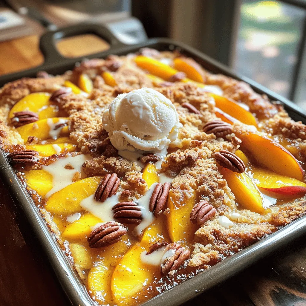 Um einen leckeren Pfirsichtraum-Dump Cake zu machen, brauchen Sie einige einfache Hauptzutaten: - 4 Tassen frische Pfirsiche, in Scheiben geschnitten (oder 2 Dosen Pfirsichscheiben, abgetropft) - 1 Tasse Kristallzucker - 1 Teelöffel Vanilleextrakt - 1 Teelöffel gemahlener Zimt - 1 Packung Gelbe Kuchenteigmischung (ca. 430 g) - 1/2 Tasse ungesalzene Butter, geschmolzen - 1 Tasse gehackte Pekannüsse (optional) - 1 Tasse Pfirsichnektar oder -saft Diese Zutaten sorgen für einen süßen und fruchtigen Geschmack. Die Mischung aus frischen Pfirsichen und Zucker gibt dem Kuchen eine tolle Textur und Süße. Wenn Sie den Dump Cake aufpeppen möchten, können Sie einige zusätzliche Zutaten hinzufügen. Hier sind einige Ideen: - Eine Tasse frische Blaubeeren oder Himbeeren für eine fruchtige Mischung. - Eine Prise Muskatnuss für einen warmen Geschmack. - Eine Handvoll Kokosraspeln für einen tropischen Twist. Diese Variationen geben dem Kuchen mehr Geschmack und machen ihn einzigartig. Die Wahl der richtigen Pfirsiche ist wichtig für diesen Kuchen. Hier sind einige Tipps: - Wählen Sie reife, süße Pfirsiche für den besten Geschmack. - Achten Sie auf die Farbe. Gelbe Pfirsiche sind oft süßer. - Vermeiden Sie Pfirsiche mit Druckstellen oder Flecken. Frische Pfirsiche bringen den besten Geschmack. Wenn Sie Dosenpfirsiche verwenden, wählen Sie die in Saft, nicht in Sirup. So bleibt der Kuchen nicht zu süß. Für das vollständige Rezept schauen Sie sich die Full Recipe an. Zuerst müssen wir alle Zutaten bereitstellen. Hier ist, was du brauchst: - 4 Tassen frische Pfirsiche, in Scheiben geschnitten (oder 2 Dosen Pfirsichscheiben, abgetropft) - 1 Tasse Kristallzucker - 1 Teelöffel Vanilleextrakt - 1 Teelöffel gemahlener Zimt - 1 Packung Gelbe Kuchenteigmischung (ca. 430 g) - 1/2 Tasse ungesalzene Butter, geschmolzen - 1 Tasse gehackte Pekannüsse (optional) - 1 Tasse Pfirsichnektar oder -saft Heize zunächst den Ofen auf 175°C vor. Fette eine große Backform ein. Du kannst 23x33 cm verwenden. Schneide die Pfirsiche in Scheiben. Wenn du Dosenpfirsiche verwendest, achte darauf, sie gut abtropfen zu lassen. Jetzt kommt der Spaß! In einer großen Schüssel vermische die geschnittenen Pfirsiche mit Zucker, Vanille und Zimt. Rühre alles gut um, damit die Pfirsiche gleichmäßig bedeckt sind. Gieße die Mischung in die Backform. Streue die Kuchenteigmischung gleichmäßig über die Pfirsiche. Rühre nicht um! Träufle die geschmolzene Butter darüber. Achte darauf, so viel Fläche wie möglich zu bedecken. Wenn du Pekannüsse magst, streue sie jetzt darüber. Gieße den Pfirsichnektar gleichmäßig über die Oberseite. Backe das Ganze 40 bis 45 Minuten. Der Kuchen ist fertig, wenn die Oberseite goldbraun und sprudelnd ist. Lass ihn nach dem Backen etwa 10 bis 15 Minuten abkühlen. Der Dump Cake sieht toll aus, wenn du ihn servierst! Ich empfehle, ihn warm zu genießen. Eine Kugel Vanilleeis obendrauf macht alles besser. Streue etwas Zimt darüber oder füge ein paar Pfirsichscheiben als Garnitur hinzu. Das sieht nicht nur schön aus, sondern schmeckt auch fantastisch! Ein häufiger Fehler ist, die Zutaten nicht gut zu vermischen. Achten Sie darauf, die Pfirsiche gleichmäßig mit Zucker und Gewürzen zu vermengen. Wenn Sie die Kuchenteigmischung einrühren, wird der Kuchen nicht luftig. Streuen Sie die Mischung einfach gleichmäßig auf die Pfirsiche. Übermäßiges Rühren macht den Dump Cake schwer. Um den perfekten Dump Cake zu erzielen, verwenden Sie frische Pfirsiche. Wenn Sie Dosen verwenden, achten Sie darauf, dass sie gut abgetropft sind. Die Butter sollte gleichmäßig verteilt werden. So sorgt sie für eine goldene Kruste. Überprüfen Sie den Kuchen nach dem Backen. Die Oberseite sollte sprudelnd und goldbraun sein. Wenn er zu lange backt, wird er trocken. Servieren Sie den Dump Cake warm. Er schmeckt am besten, wenn er frisch aus dem Ofen kommt. Eine Kugel Vanilleeis obendrauf macht ihn besonders lecker. Ein Hauch von Zimt oder frische Pfirsichscheiben sorgt für einen tollen Blickfang. Genießen Sie diesen Kuchen zu besonderen Anlässen oder einfach so! {{image_4}} Du kannst viele Früchte für deinen Dump Cake verwenden. Äpfel, Kirschen oder Beeren sind tolle Alternativen. Wenn du Äpfel wählst, schneide sie in dünne Scheiben. Für Kirschen verwende entsteinte Früchte. Beeren wie Himbeeren oder Blaubeeren sind frisch und lecker. Mische verschiedene Früchte, um neue Geschmäcker zu entdecken. So bleibt der Kuchen spannend und lecker. Du brauchst keine Angst zu haben, wenn du glutenfrei leben möchtest. Viele glutenfreie Kuchenteigmischungen sind im Handel erhältlich. Achte darauf, dass sie gut schmecken und die richtige Konsistenz haben. Du kannst auch Mandelmehl oder Kokosmehl verwenden. Diese Mehle bieten einen anderen Geschmack und eine tolle Textur. Probiere sie aus und finde deine Lieblingsversion! Wenn du vegan kochen möchtest, gibt es einfache Wege, den Kuchen anzupassen. Ersetze die Butter durch Pflanzenöl oder vegane Margarine. Auch Apfelmus oder zerdrückte Bananen sind gute Alternativen. Für die Eier kannst du Leinsamen oder Chia-Samen verwenden. Mische einen Esslöffel Samen mit drei Esslöffeln Wasser. Lass es kurz stehen, bis es dick wird. So bleibt dein Dump Cake vegan und lecker. Für das vollständige Rezept schau dir die Zutaten und Schritte an. Wenn Sie Reste Ihres Pfirsichtraum-Dump Cakes haben, lagern Sie ihn einfach im Kühlschrank. Decken Sie die Backform mit Frischhaltefolie oder Aluminiumfolie ab. So bleibt der Kuchen frisch. Er hält sich bis zu fünf Tage im Kühlschrank. Achten Sie darauf, ihn gut abgedeckt zu halten, damit er nicht austrocknet. Einfrieren ist eine tolle Option, um die Haltbarkeit zu verlängern. Lassen Sie den Dump Cake zuerst ganz abkühlen. Schneiden Sie ihn dann in Portionen. Wickeln Sie jede Portion fest in Frischhaltefolie und geben Sie sie in einen Gefrierbeutel. So hält er sich bis zu drei Monate im Gefrierfach. Beschriften Sie den Beutel mit dem Datum, damit Sie wissen, wann Sie ihn gemacht haben. Um den gefrorenen Dump Cake aufzutauen, lassen Sie ihn über Nacht im Kühlschrank. Sie können ihn auch direkt im Ofen aufwärmen. Heizen Sie den Ofen auf 175°C vor. Legen Sie den Kuchen in eine ofenfeste Form und decken Sie ihn mit Aluminiumfolie ab. Erwärmen Sie ihn etwa 20 Minuten. So bleibt er saftig und lecker. Wenn Sie die Reste im Kühlschrank aufbewahrt haben, erwärmen Sie sie einfach in der Mikrowelle für ein paar Minuten. Das ist schnell und einfach! Ja, gefrorene Pfirsiche sind eine gute Option. Sie sparen Zeit bei der Vorbereitung. Verwende sie direkt aus dem Gefrierschrank. Du musst sie nicht auftauen. Die Backzeit bleibt gleich. Das Ergebnis ist trotzdem lecker und saftig. Der Dump Cake bleibt frisch für etwa 3-4 Tage im Kühlschrank. Stelle ihn in einen luftdichten Behälter. So bleibt der Kuchen weich und feucht. Nach ein paar Tagen kann er an Geschmack verlieren. Du kannst ihn auch einfrieren, um ihn länger zu bewahren. Ja, das Rezept ist flexibel. Du kannst andere Kuchenteigmischungen wie Schokolade oder Vanille verwenden. Diese Variationen bringen neue Aromen. Experimentiere mit verschiedenen Geschmäckern. Das macht dein Dessert noch spannender! Für das vollständige Rezept besuche den Abschnitt über die Zutaten. Zusammenfassend haben wir den Pfirsichtraum-Dump Cake besprochen. Wir haben die Hauptzutaten und Tipps für die Zubereitung behandelt. Variationen wie vegane Optionen und glutenfreie Alternativen bieten Flexibilität. Wichtig ist die richtige Lagerung und wie man den Kuchen aufwärmt. Dieser Genuss ist einfach zuzubereiten und schmeckt toll. Probiere es aus, und du wirst begeistert sein!