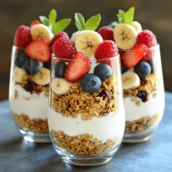 - 2 Tassen griechischer Joghurt, natur - 1 Esslöffel Honig oder Ahornsirup - 1 Teelöffel Vanilleextrakt Griechischer Joghurt bildet die Basis für dieses Rezept. Er hat eine cremige Textur und viel Protein. Honig oder Ahornsirup süßen den Joghurt und verbessern den Geschmack. Vanilleextrakt bringt ein schönes Aroma in die Mischung. - 1 Tasse Granola - 1 Tasse gemischte Beeren (Erdbeeren, Blaubeeren, Himbeeren) - 1 Banane, in Scheiben geschnitten Granola sorgt für einen knusprigen Biss und zusätzliche Energie. Die gemischten Beeren bringen Frische und Farbe. Bananen fügen Süße und eine weiche Textur hinzu, die gut mit dem Joghurt harmoniert. - Frische Minzblätter Frische Minzblätter sind optional, bieten aber ein tolles Aroma. Sie sehen auch schön aus und machen das Gericht ansprechend. Garnieren Sie die Parfaits kurz vor dem Servieren für den besten Effekt. Für das vollständige Rezept, schauen Sie sich [Full Recipe] an. Um die Joghurtmischung zuzubereiten, nehmen Sie eine mittelgroße Schüssel. Fügen Sie 2 Tassen griechischen Joghurt hinzu. Geben Sie 1 Esslöffel Honig und 1 Teelöffel Vanilleextrakt dazu. Mischen Sie alles gut, bis die Masse glatt ist. Diese Mischung ist die Basis für Ihr köstliches Parfait. Wählen Sie jetzt geeignete Serviergläser oder Schalen. Beginnen Sie mit der ersten Schicht, indem Sie einige Esslöffel der Joghurtmischung gleichmäßig auf den Boden der Gläser geben. Fügen Sie dann eine Schicht Granola hinzu. Dies gibt dem Parfait einen schönen Crunch. Drücken Sie das Granola leicht an, damit die Schichten gut zusammenhalten. Jetzt schichten Sie die Beeren und die Bananen. Beginnen Sie mit einer Schicht gemischter Beeren. Dann fügen Sie die Bananenscheiben hinzu. Wiederholen Sie diese Schichtung nach Belieben, bis die Gläser voll sind. Beenden Sie mit einer bunten Schicht aus Beeren. Um das Parfait schön zu machen, garnieren Sie es mit frischen Minzblättern. Dies bringt Farbe und Geschmack. Sie können die Parfaits sofort servieren. Wenn Sie möchten, kühlen Sie sie bis zu 2 Stunden im Kühlschrank. So schmecken sie frisch und lecker. Für das vollständige Rezept schauen Sie sich die [Full Recipe] an. Um das Beste aus Ihrem Joghurt-Parfait herauszuholen, messen Sie den Joghurt genau ab. Verwenden Sie eine Tasse oder eine Küchenwaage. Das sorgt für die richtige Konsistenz und Geschmack. Frische Zutaten machen einen großen Unterschied. Verwenden Sie reife, saftige Beeren und knackiges Granola. Diese Zutaten sorgen für einen tollen Geschmack und eine schöne Textur. Die Schichten sind wichtig für das Aussehen und den Geschmack. Verteilen Sie die Schichten gleichmäßig. Beginnen Sie mit Joghurt, dann Granola und schließlich die Früchte. So bleibt alles stabil und sieht gut aus. Wenn Sie etwas Neues ausprobieren möchten, verwenden Sie statt Granola Nüsse oder Haferflocken. Diese Alternativen geben einen anderen Geschmack und eine andere Textur. Für eine vegane Variante können Sie Ahornsirup statt Honig verwenden. Der Joghurt kann durch pflanzliche Alternativen ersetzt werden. So bleibt das Parfait lecker und vegan. Passen Sie das Rezept an die Saison an. Nutzen Sie frische Früchte wie Pfirsiche im Sommer oder Äpfel im Herbst. Diese Anpassungen halten Ihr Parfait spannend und frisch. Für das vollständige Rezept schauen Sie sich die vollständige Anleitung an. {{image_4}} Griechischer Joghurt ist dick und cremig. Er gibt den Parfaits eine tolle Textur. Wenn du eine pflanzliche Option suchst, probiere Kokos- oder Sojajoghurt. Beide haben einen eigenen Geschmack. Achte darauf, dass sie ungesüßt sind, wenn du die Süße kontrollieren willst. Du kannst viele leckere Toppings verwenden. Nüsse wie Mandeln oder Walnüsse fügen einen knusprigen Biss hinzu. Samen wie Chiasamen sind auch eine gute Wahl. Für die Süße kannst du Honig oder Agavendicksaft verwenden. Sie sind perfekt, um den Geschmack zu verfeinern. Mach deine Parfaits festlich für Feiern. Verwende saisonale Früchte oder bunte Schichten. Für Kinder kannst du lustige Varianten machen. Füge Schokoladenstückchen oder bunte Streusel hinzu. So werden die Parfaits ein Hit auf jedem Tisch. Um die Parfaits frisch zu halten, lege sie in den Kühlschrank. Das kühle Klima bewahrt den Geschmack und die Textur. Achte darauf, dass die Gläser gut abgedeckt sind. So bleibt der Joghurt cremig und die Früchte frisch. Die maximale Kühlzeit für die Parfaits beträgt zwei Stunden. Nach dieser Zeit können die Schichten matschig werden. Du kannst sie also direkt nach der Zubereitung servieren oder bis zu zwei Stunden im Kühlschrank aufbewahren. Kann ich die Parfaits im Voraus machen? Ja, das ist möglich! Du kannst die Joghurtmischung am Vortag zubereiten. Lagere sie in einem luftdichten Behälter. So sparst du Zeit, wenn Gäste kommen oder du ein schnelles Frühstück brauchst. Für die Lagerung der Schichten ist es am besten, die Früchte und das Granola separat aufzubewahren. Füge sie erst beim Servieren hinzu. Dadurch bleibt alles frisch und knackig. Die Haltbarkeit der Zutaten ist wichtig. Griechischer Joghurt hält sich im Kühlschrank etwa eine Woche. Frische Beeren sind nur ein paar Tage haltbar. Achte auf ihre Farbe und Textur, um sicherzustellen, dass sie noch gut sind. Wenn du die Parfaits nicht mehr essen kannst, entsorge sie sicher. Schimmelige oder unangenehm riechende Zutaten sollten sofort weg. Frische und Qualität sind das Wichtigste beim Kochen. Die Zubereitung der griechischen Joghurt-Parfaits dauert nur 15 Minuten. Diese Zeit umfasst alle Schritte, vom Mischen bis zum Schichten. Es ist einfach und schnell. Sie können dieses Rezept auch mit Freunden oder der Familie machen. Die Gesamtzeit bleibt also bei 15 Minuten. So haben Sie schnell eine leckere und gesunde Option. Ja, Sie können andere Früchte verwenden. Wenn Ihnen gemischte Beeren nicht gefallen, probieren Sie Äpfel oder Pfirsiche. Diese Früchte passen gut zu Joghurt. Sie bringen auch eine süße Note. Sie können sogar gefrorene Früchte nutzen, wenn frische nicht verfügbar sind. Achten Sie darauf, die Früchte klein zu schneiden. So können sie besser schichten. Ja, dieses Rezept kann an Allergiker angepasst werden. Griechischer Joghurt ist oft glutenfrei. Für laktosefreie Optionen können Sie laktosefreien Joghurt wählen. Honig kann durch Agavendicksaft ersetzt werden. So bleibt das Rezept lecker und sicher. Prüfen Sie immer die Etiketten der Zutaten. So stellen Sie sicher, dass alles für die Allergiker geeignet ist. Zusammenfassend hast du gelernt, wie man köstliche griechische Joghurt-Parfaits zubereitet. Wir haben die Hauptzutaten, wie Joghurt und Honig, sowie die besten Toppings besprochen. Ich habe dir Schritt für Schritt gezeigt, wie du die Schichten zubereitest und anrichtest. Erinnerst du dich an die vielen Variationen, die du ausprobieren kannst? Diese Parfaits sind perfekt für jeden Anlass. Mit frischen Zutaten und der richtigen Lagerung bleiben sie lecker. Ich hoffe, du probierst dieses Rezept bald aus und erfreust dich daran!