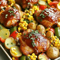 Um ein schmackhaftes Blechpfanne BBQ Hühnchen zu machen, brauchen wir einige Hauptzutaten. - 4 Hähnchenschenkel mit Knochen und Haut - 1 Tasse hausgemachte oder gekaufte BBQ-Sauce - 2 Tassen Baby-Kartoffeln, halbiert - 1 Tasse frische Maiskörner (oder 1 Dose Mais, abgetropft) - 1 rote Paprika, in Streifen geschnitten - 1 grüne Paprika, in Streifen geschnitten Diese Zutaten sorgen für einen tollen Geschmack und eine schöne Präsentation. Die Hähnchenschenkel sind saftig und werden perfekt mit der BBQ-Sauce. Die Gewürze und Öle machen das Gericht lebendig. Hier ist, was Sie brauchen: - 2 Esslöffel Olivenöl - 1 Teelöffel Knoblauchpulver - 1 Teelöffel Zwiebelpulver - Salz und Pfeffer nach Geschmack Olivenöl hilft, das Gemüse zu rösten und gibt einen schönen Geschmack. Knoblauch- und Zwiebelpulver fügen Tiefe hinzu. Das Gemüse macht das Gericht bunt und gesund. Ich empfehle, Baby-Kartoffeln, Mais und Paprika zu verwenden. - Baby-Kartoffeln sind klein und zart. Sie garen schnell. - Mais bringt Süße und eine schöne Textur. - Paprika fügt Farbe und Knackigkeit hinzu. Die Kombination dieser Gemüse macht Ihr Gericht nicht nur lecker, sondern auch sehr ansprechend. Wenn Sie mehr Abwechslung möchten, können Sie auch Zucchini oder Karotten hinzufügen. Für das vollständige Rezept schauen Sie sich die [Full Recipe] an. Heizen Sie Ihren Ofen auf 220°C (425°F) vor. Das ist wichtig, damit das Hühnchen gut bräunt. Ein heißer Ofen sorgt dafür, dass die Haut knusprig wird. Nehmen Sie die Hähnchenschenkel und tupfen Sie sie mit Küchenpapier trocken. Jetzt können Sie das Hähnchen würzen. Streuen Sie Salz, Pfeffer, Knoblauchpulver und Zwiebelpulver gleichmäßig auf beide Seiten. Dies gibt dem Hühnchen viel Geschmack. In einer großen Schüssel vermengen Sie die halbierten Baby-Kartoffeln, den frischen Mais und die geschnittene Paprika. Geben Sie zwei Esslöffel Olivenöl dazu. Streuen Sie Salz und Pfeffer über das Gemüse. Mischen Sie alles gut, sodass das Gemüse gleichmäßig gewürzt ist. Nehmen Sie ein großes Backblech und legen Sie die gewürzten Hähnchenschenkel in die Mitte. Verteilen Sie das gewürzte Gemüse gleichmäßig um das Hühnchen. Dies hilft, die Aromen beim Kochen zu vermischen. Schieben Sie das Backblech in den Ofen und backen Sie das Hühnchen etwa 25-30 Minuten. Achten Sie darauf, dass die Innentemperatur des Hähnchens 74°C (165°F) erreicht. In den letzten fünf Minuten der Garzeit können Sie die restliche BBQ-Sauce über das Hühnchen pinseln. Das sorgt für zusätzlichen Glanz und Geschmack. Lassen Sie das Gericht nach dem Backen einige Minuten ruhen und garnieren Sie es mit frisch gehackter Petersilie. Die Garzeit ist wichtig für saftiges Hähnchen. Backe die Hähnchenschenkel bei 220°C für 25 bis 30 Minuten. Die Innentemperatur sollte 74°C erreichen. Ein Fleischthermometer hilft dir, die Temperatur genau zu messen. Wenn du das Hähnchen zu lange backst, wird es trocken. Wähle eine BBQ-Sauce, die du magst. Du kannst auch verschiedene Saucen mischen. Füge Honig oder Ahornsirup hinzu, um mehr Süße zu bekommen. Für eine scharfe Note, mische etwas Chili oder Cayennepfeffer ein. Denke daran, die Sauce in den letzten 5 Minuten der Garzeit aufzutragen. So bleibt sie glatt und glänzend. Für knusprige Haut ist es wichtig, die Hähnchenschenkel trocken zu tupfen. Benutze Küchenpapier, um überschüssige Feuchtigkeit zu entfernen. Ein wenig Öl hilft, die Haut knusprig zu machen. Du kannst auch die Haut leicht anritzen, damit das Fett besser herauskommt. So wird das Hähnchen schön knusprig und lecker. {{image_4}} Für eine leckere vegetarische Version können Sie Tofu oder Tempeh verwenden. Schneiden Sie den Tofu in Würfel und marinieren Sie ihn in BBQ-Sauce. Das gibt ihm einen tollen Geschmack. Sie können auch Blumenkohl verwenden. Er wird knusprig im Ofen und nimmt die Aromen der Sauce gut auf. So haben Sie eine schmackhafte Option, die alle glücklich macht. Die Wahl des Gemüses kann Ihr Gericht stark verändern. Sie können Zucchini, Karotten oder Brokkoli hinzufügen. Diese Gemüsesorten sind perfekt zum Rösten. Sie werden weich und haben einen tollen Geschmack. Experimentieren Sie mit verschiedenen Farben und Texturen. Das macht Ihre Blechpfanne nicht nur lecker, sondern auch bunt und ansprechend. Die Gewürze sind wichtig für den Geschmack. Probieren Sie verschiedene Kombinationen aus. Paprika, Kreuzkümmel oder Chili können einen Kick geben. Für eine süßere Note können Sie Honig oder Ahornsirup in die Marinade geben. So passen Sie den Geschmack leicht an Ihre Vorlieben an. Wechseln Sie die Marinade, um neue Aromen zu entdecken und die Neugier zu wecken. Wenn du Reste von deinem Blechpfanne BBQ Hühnchen hast, lagere sie in einem luftdichten Behälter. Das hilft, die Frische zu bewahren. Achte darauf, das Hühnchen vollständig abkühlen zu lassen, bevor du es in den Kühlschrank stellst. So vermeidest du Kondenswasser und matschige Haut. Um das BBQ Hühnchen aufzuwärmen, lege es auf ein Backblech. Heize den Ofen auf 180°C (350°F) vor. Das Hühnchen braucht etwa 15 bis 20 Minuten, bis es durchgewärmt ist. Du kannst auch die Mikrowelle nutzen, aber die Haut wird nicht knusprig. Um die Haut knusprig zu halten, ist der Ofen die beste Wahl. Im Kühlschrank bleibt dein BBQ Hühnchen bis zu drei Tage frisch. Wenn du es länger aufbewahren möchtest, friere es ein. Im Gefrierfach hält es bis zu drei Monate. Stelle sicher, dass du es gut verpackst, um Gefrierbrand zu vermeiden. Zum Auftauen lege das Hühnchen einfach über Nacht in den Kühlschrank. So bleibt es zart und saftig. Für das beste Ergebnis backen Sie das Blechpfanne BBQ Hühnchen etwa 25 bis 30 Minuten. Achten Sie darauf, dass die Innentemperatur 74°C (165°F) erreicht. So bleibt das Hühnchen saftig und die Haut knusprig. Verwenden Sie ein Küchenthermometer, um sicherzugehen. Ja, Sie können BBQ-Sauce leicht selbst machen. Mischen Sie Ketchup, Honig, Apfelessig, Senf und Gewürze. Passen Sie die Süße oder Schärfe nach Ihrem Geschmack an. Eine selbstgemachte BBQ-Sauce gibt Ihrem Gericht eine persönliche Note. Zu Blechpfanne BBQ Hühnchen passen viele Beilagen. Hier sind einige Ideen: - Gegrilltes Gemüse - Kartoffelpüree - Coleslaw - Reis - Ein frischer Salat Diese Beilagen ergänzen die Aromen des Hühnchens perfekt und machen das Essen bunter. Um die Marinierzeit zu verkürzen, verwenden Sie eine schnelle Methode. Bestreichen Sie das Hühnchen einfach mit BBQ-Sauce und lassen Sie es nicht lange marinieren. Sie können auch eine Gabel benutzen, um kleine Löcher ins Fleisch zu stechen. So dringt die Sauce schneller ein. In diesem Artikel haben wir die Hauptzutaten für Blechpfanne BBQ Hühnchen besprochen. Ich habe dir gezeigt, wie du die Hähnchen- und Gemüsevorbereitung angehst. Die Tipps für Garzeiten und BBQ-Saucen haben deinen Geschmack verbessert. Variationen bieten viele Optionen für jeden. Denke an die Lagerung und Aufwärmmethoden, um Reste gut zu nutzen. Blechpfanne BBQ Hühnchen ist einfach und lecker. Probiere es aus und entdecke deine Lieblingskombinationen!