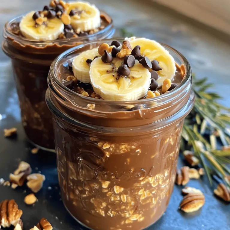 Für die perfekte Schokoladen-Erdnussbutter Übernacht-Haferflocken brauchst du einige einfache Zutaten: - 1 Tasse Haferflocken (gepufft) - 2 Esslöffel Kakaopulver - 2 Esslöffel Erdnussbutter (cremig oder crunchy) - 2 Esslöffel Ahornsirup (oder Honig) - 1 ½ Tassen Mandelmilch (oder andere Milch deiner Wahl) - ½ Teelöffel Vanilleextrakt - Eine Prise Salz Diese Zutaten bilden die Basis für dein leckeres Frühstück. Die Kombination aus Erdnussbutter und Schokolade macht es unwiderstehlich. Um deine Haferflocken noch besser zu machen, kannst du verschiedene Toppings verwenden. Hier sind einige Ideen: - Geschnittene Bananen - Gehackte Nüsse - Mini-Schokoladenstückchen - Geraspelter Kokos Diese Toppings bringen zusätzlichen Geschmack und Textur. Du kannst sie nach Belieben anpassen. Wenn du nach Alternativen suchst, gibt es viele Möglichkeiten. Zum Beispiel: - Verwende Hafermilch statt Mandelmilch für einen anderen Geschmack. - Probiere verschiedene Nussbutter wie Mandel- oder Cashewbutter aus. - Ersetze Ahornsirup durch Agavendicksaft für eine andere Süße. Diese Optionen helfen dir, dein Rezept zu variieren und neue Geschmäcker zu entdecken. Du kannst die Schokoladen-Erdnussbutter Übernacht-Haferflocken ganz nach deinem Geschmack anpassen. Wenn du mehr wissen möchtest, schau dir das [Full Recipe] an. Für dieses Rezept benötigst du ein paar einfache Dinge. Du brauchst: - Eine mittelgroße Schüssel - Eine separate Schüssel - Einen Schneebesen oder Löffel - Zwei Gläser oder Behälter mit Deckel Die Vorbereitungszeit beträgt nur 10 Minuten. Du kannst alles schnell zusammenmixen und in den Kühlschrank stellen. 1. Nimm die mittelgroße Schüssel. Gib die Haferflocken, das Kakaopulver und eine Prise Salz hinein. 2. Rühre die trockenen Zutaten gut um. Achte darauf, dass alles gleichmäßig verteilt ist. 3. In der separaten Schüssel vermischst du die Erdnussbutter, den Ahornsirup, die Mandelmilch und den Vanilleextrakt. 4. Rühre kräftig, bis die Mischung glatt ist. 5. Gieße die Erdnussbutter-Mischung über die trockenen Zutaten. 6. Rühre alles vorsichtig um. Stelle sicher, dass die Haferflocken gut mit der Flüssigkeit bedeckt sind. 7. Teile die Mischung gleichmäßig auf die Gläser auf. 8. Verschließe die Gläser und stelle sie über Nacht in den Kühlschrank. 9. Am Morgen rührst du die Haferflocken gut um. 10. Wenn die Konsistenz zu dick ist, füge einen Schluck Milch hinzu. 11. Garniere die Haferflocken nach Belieben mit Bananen, Nüssen oder Schokoladenstückchen. Um eine gleichmäßige Mischung zu erreichen, achte darauf, die trockenen Zutaten gut zu vermengen. Wenn du die Flüssigkeit hinzufügst, mache das langsam. Rühre danach gründlich, um Klumpen zu vermeiden. Wenn du die Mischung aufteilst, stelle sicher, dass du sie gleichmäßig in die Gläser gibst. So hast du am Morgen die perfekte Portion. Einer der häufigsten Fehler ist, die Haferflocken nicht gut zu mischen. Die trockenen Zutaten müssen gleichmäßig verteilt sein. Wenn du das Kakaopulver und Salz nicht gut vermengst, schmecken die Haferflocken nicht gleichmäßig. Achte darauf, alles gut zu vermischen. Ein weiterer Fehler ist, die Mischung nicht lange genug ziehen zu lassen. Die Haferflocken brauchen Zeit, um die Flüssigkeit aufzunehmen. Mindestens vier Stunden im Kühlschrank sind wichtig. Wenn du sie über Nacht lässt, wird der Geschmack noch besser. Die ideale Konsistenz für Übernacht-Haferflocken ist cremig, aber nicht zu dick. Wenn deine Mischung zu dick ist, füge einfach einen Schuss mehr Milch hinzu. Rühre gut um, bis du die gewünschte Konsistenz erreichst. Ein guter Trick ist, die Mischung am Morgen nochmal gut durchzurühren. Wenn du die Haferflocken für Kinder zubereitest, kannst du sie auch etwas flüssiger machen. Kinder mögen eine weichere Textur. Achte darauf, die Mischung in einem Glas oder Behälter zu servieren, der einfach zu essen ist. Die Süße kannst du leicht anpassen. Wenn du es süßer magst, füge etwas mehr Ahornsirup oder Honig hinzu. Du kannst auch andere Süßungsmittel wie Stevia oder Agavendicksaft verwenden. Um den Geschmack zu variieren, denke an verschiedene Toppings. Geschnittene Bananen, Nüsse oder Schokoladenstückchen bringen zusätzliche Aromen. Du kannst auch Gewürze wie Zimt oder Muskatnuss hinzufügen. Diese kleinen Änderungen machen deine Übernacht-Haferflocken besonders lecker. Wenn du mehr über das Rezept erfahren möchtest, schau dir die [Full Recipe] an. {{image_4}} Um deine Schokoladen-Erdnussbutter Übernacht-Haferflocken vegan zu machen, ersetze die Milch. Nutze pflanzliche Milch wie Soja- oder Hafermilch. Du kannst auch den Honig durch Agavendicksaft ersetzen. Diese Änderungen machen das Rezept tierfreundlich und lecker. Wenn du mehr Protein möchtest, füge einen Löffel pflanzliches Proteinpulver hinzu. Du kannst auch Chiasamen oder Leinsamen einrühren. Diese Zutaten machen deine Übernacht-Haferflocken nährstoffreicher. Sie sorgen auch für eine bessere Sättigung. Nutze frische, saisonale Früchte für dein Rezept. Im Frühling sind Erdbeeren perfekt. Im Herbst kannst du Äpfel oder Birnen verwenden. Diese Zutaten bringen neue Geschmäcker und Farben in deine Schüssel. Sie machen die Schokoladen-Erdnussbutter Übernacht-Haferflocken noch spannender. Die Schokoladen-Erdnussbutter Übernacht-Haferflocken bleiben im Kühlschrank bis zu fünf Tage frisch. Ich empfehle, sie in einem luftdichten Behälter aufzubewahren. So bleiben sie lecker und aromatisch. Achte darauf, die Haferflocken nicht länger als fünf Tage zu lagern, um die beste Qualität zu genießen. Die besten Aufbewahrungsmethoden sind simpel. Verwende saubere, trockene Gläser oder Behälter, die gut verschlossen werden können. So verhinderst du, dass Luft und Feuchtigkeit eindringen. Du kannst auch Portionen für das Frühstück vorbereiten. Das macht das Essen am Morgen schnell und einfach. Wenn du die Übernacht-Haferflocken warm genießen möchtest, gibt es einfache Wege. Du kannst sie in der Mikrowelle erhitzen. Stelle sicher, dass du sie in einem mikrowellengeeigneten Behälter hast. Erhitze sie in kurzen Intervallen, etwa 30 Sekunden. Rühre gut um, damit sie gleichmäßig warm werden. Füge bei Bedarf einen Schuss Milch hinzu, um die Konsistenz zu verbessern. So schmecken sie gleich wieder frisch! Ja, du kannst die Haferflocken warm genießen. Um sie warm zu servieren, erhitze einfach die Mischung in einem Topf. Rühre dabei gut um und füge nach Bedarf mehr Milch hinzu. So bekommst du eine cremige und warme Mahlzeit. Viele lieben die Kombination aus warmen Haferflocken und kalten Toppings wie geschnittenen Bananen oder Schokoladenstückchen. Ja, du kannst die Erdnussbutter ersetzen. Probiere Mandelbutter oder Cashewbutter aus. Diese Alternativen geben ebenfalls einen tollen Geschmack. Du kannst auch Sonnenblumenbutter verwenden, wenn du eine Nussallergie hast. Die Konsistenz bleibt ähnlich. Diese Optionen bringen neue Aromen in deine Übernacht-Haferflocken. Eine Portion hat etwa 350 bis 400 Kalorien. Dies hängt von den genauen Zutaten ab, die du wählst. Wenn du weniger Süßes verwendest oder auf fettärmere Milch umsteigst, kann die Kalorienzahl sinken. Du kannst die Zutaten auch anpassen, um den Nährwert zu erhöhen, z. B. durch den Einsatz von Proteinpulver. In diesem Blogbeitrag haben wir die besten Zutaten für Übernacht-Haferflocken besprochen. Wir haben uns die Hauptzutaten und Toppings angesehen, um leckere Optionen zu erstellen. Außerdem gab es eine Schritt-für-Schritt-Anleitung, die alle Vorbereitungen und Zubereitungsschritte erklärt. Wir haben Tipps gegeben, um häufige Fehler zu vermeiden, und verschiedene Variationen vorgestellt. Denken Sie daran, die richtigen Aufbewahrungsmethoden zu nutzen, damit Ihre Haferflocken frisch bleiben. Experimentieren Sie und passen Sie die Rezepte an Ihren Geschmack an. Genießen Sie Ihre gesunden, kreativen Frühstücksideen!