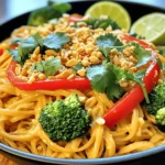 - 225 g Reisnudeln - 1 Tasse Brokkoliröschen - 1 rote Paprika, in Scheiben geschnitten - 1 Tasse geriebene Karotten - 120 ml cremige Erdnussbutter Die Hauptzutaten sind einfach zu finden. Reisnudeln sind die Basis. Sie sind leicht und köstlich. Brokkoli, Paprika und Karotten bringen Farbe und Nährstoffe. Diese Zutaten machen das Gericht frisch und gesund. Erdnussbutter gibt der Sauce einen reichen, cremigen Geschmack. - 3 Esslöffel Sojasauce - 2 Esslöffel Limettensaft - 1 Esslöffel Honig oder Ahornsirup Die Würzmittel verleihen dem Gericht Tiefe. Sojasauce sorgt für einen herzhaften Umami-Geschmack. Limettensaft bringt Frische und Säure. Honig oder Ahornsirup fügt eine süße Note hinzu. Diese Aromen ergänzen sich perfekt und machen die Sauce unwiderstehlich. - 1/4 Tasse frischer Koriander, gehackt - Zerstoßene Erdnüsse - Limettenschnitze Die Garnierungen runden das Gericht ab. Frischer Koriander bringt einen tollen Geschmack. Zerstoßene Erdnüsse fügen einen knusprigen Biss hinzu. Limettenschnitze sind ideal für einen zusätzlichen Frischekick. Diese kleinen Details machen die Erdnudeln besonders lecker. Für das vollständige Rezept, schaue dir die Leckere Thai Erdnudeln an. Um die Reisnudeln perfekt zuzubereiten, koche sie einfach nach der Anleitung auf der Verpackung. Normalerweise dauert das etwa 8 bis 10 Minuten. Achte darauf, sie nicht zu lange zu kochen, sonst werden sie matschig. Nach dem Kochen, seihe die Nudeln ab und spüle sie unter kaltem Wasser. Das verhindert, dass sie zusammenkleben. Wenn du etwas Öl hinzufügst, bleibt die Textur locker. Für das Gemüse benutze eine große Pfanne oder einen Wok. Erhitze das Sesamöl bei mittlerer Hitze. Füge dann die Brokkoliröschen und die roten Paprikascheiben hinzu. Brate sie etwa 3 bis 4 Minuten an. Das Gemüse sollte leicht zart, aber noch knackig sein. Danach kommen die geriebenen Karotten dazu. Brate alles für weitere 2 Minuten. So bleibt das Gemüse frisch und hat guten Biss. Die Erdnusssauce ist einfach. Mische die cremige Erdnussbutter, Sojasauce, Limettensaft, Honig (oder Ahornsirup), geriebenen Ingwer und gehackten Knoblauch in einer Schüssel. Rühre die Mischung gut um, bis sie glatt ist. Die Konsistenz sollte cremig, aber flüssig genug sein, um gut über die Nudeln zu fließen. Falls sie zu dick ist, füge etwas Wasser hinzu. Jetzt ist es Zeit, alles zusammenzuführen. Gieße die Erdnusssauce über das angebratene Gemüse in der Pfanne. Rühre gut um, damit alles gleichmäßig bedeckt ist. Füge dann die gekochten Reisnudeln hinzu und werfe alles kräftig durch. Lass die Mischung 1 bis 2 Minuten weiterkochen, bis sie gut durchgewärmt ist. Zum Schluss rühre den gehackten Koriander unter. Serviere die Erdnudeln in Schüsseln und garniere sie mit zerstoßenen Erdnüssen und Limettenschnitzen. Das bringt den extra Frischekick! Um den besten Geschmack zu erzielen, passe die Süße und Säure an. Du kannst mehr Limettensaft hinzufügen, wenn du es sauer magst. Wenn du es süßer magst, füge mehr Honig oder Ahornsirup hinzu. Experimentiere mit diesen Zutaten, um deine perfekte Balance zu finden. Frische Kräuter bringen viel Aroma. Ich empfehle, frischen Koriander zu nutzen. Er fügt einen tollen Geschmack hinzu. Du kannst auch Minze oder Basilikum verwenden, wenn du magst. Wenn du Reste hast, lagere sie in einem luftdichten Behälter. So bleiben die Erdnudeln frisch. Stelle sicher, dass die Nudeln abgekühlt sind, bevor du sie einpackst. So vermeidest du, dass sie kleben. Um die Reste zu erwärmen, benutze eine Pfanne. Erhitze sie bei niedriger Hitze und füge etwas Wasser hinzu. Das hilft, die Nudeln wieder weich zu machen. Achte darauf, sie nicht zu lange zu kochen, damit sie nicht matschig werden. Du brauchst ein paar nützliche Dinge für dieses Rezept. Eine große Pfanne ist wichtig, um das Gemüse zu braten. Ein Holzlöffel hilft, alles gut zu vermischen. Um die Reinigung einfach zu machen, benutze eine antihaftbeschichtete Pfanne. Diese verhindern, dass die Nudeln und die Sauce ankleben. So sparst du Zeit beim Abwasch. {{image_4}} Für eine sättigende Mahlzeit können Sie Hähnchen, Tofu oder Garnelen hinzufügen. - Hähnchen: Nehmen Sie Hähnchenbrust und schneiden Sie sie in kleine Stücke. Braten Sie sie in der Pfanne, bis sie goldbraun sind. Fügen Sie das Hähnchen vor dem Gemüse hinzu, damit es gut durchgart. - Tofu: Verwenden Sie festen Tofu. Schneiden Sie ihn in Würfel und braten Sie ihn in der Pfanne, bis er knusprig ist. Fügen Sie den Tofu am Ende der Zubereitung hinzu, um die Textur zu bewahren. - Garnelen: Nehmen Sie rohe Garnelen und braten Sie sie, bis sie rosa und gar sind. Diese sollten ebenfalls vor dem Gemüse in die Pfanne. Brokkoli und Paprika sind toll, aber Sie können auch andere Gemüsesorten benutzen. - Alternativen: Zucchini, Karotten oder Pak Choi sind gute Optionen. Diese Gemüsesorten können Sie nach Belieben anpassen. - Saisonales Gemüse: Nutzen Sie Gemüse der Saison. Im Frühling sind Spargel und Erbsen frisch, während im Herbst Kürbis und Rosenkohl großartig sind. Nicht jeder kann Erdnüsse essen. Es gibt viele Alternativen zur Erdnussbutter. - Alternativen: Sonnenblumenbutter oder Sojabutter sind tolle Optionen. Diese geben einen ähnlichen Geschmack ohne Nüsse. - Empfohlene Nussalternativen: Cashewbutter oder Mandelbutter sind weitere Möglichkeiten. Diese bieten einen nussigen Geschmack und eine cremige Konsistenz. Für die vollständige Anleitung besuchen Sie bitte die [Full Recipe]. Einfache Thai Erdnudeln sind nicht nur lecker, sondern auch nahrhaft. Eine Portion hat etwa 400 Kalorien. Diese Nahrungsaufnahme enthält wichtige Nährstoffe. Die Reisnudeln liefern Kohlenhydrate für Energie. Gemüse wie Brokkoli und Paprika bringt Vitamine mit. Erdnussbutter fügt gesunde Fette und Proteine hinzu. Diese Mischung macht das Gericht nahrhaft und sättigend. Bevor Sie die Erdnudeln genießen, sollten Sie Allergene im Rezept beachten. Hier sind die Hauptallergene: - Erdnüsse - Soja (in Sojasauce) - Gluten (wenn nicht glutenfreie Sojasauce verwendet wird) Prüfen Sie die Etiketten, wenn Sie Allergien haben. So können Sie sicher essen. Um die Thai Erdnudeln in eine gesunde Ernährung zu integrieren, beachten Sie folgende Tipps: - Fügen Sie mehr Gemüse hinzu, um die Ballaststoffe zu erhöhen. - Nutzen Sie mageres Protein wie Hähnchen oder Tofu für mehr Nährstoffe. - Reduzieren Sie die Erdnussbutter, wenn Sie Kalorien sparen möchten. - Servieren Sie die Nudeln mit einem frischen Salat für mehr Vitamine. Diese Tipps helfen Ihnen, das Gericht gesund zu genießen und dabei den Geschmack beizubehalten. Erdnudeln halten sich gut im Kühlschrank. Sie bleiben frisch für etwa 3 Tage. Achte darauf, sie in einem gut verschlossenen Behälter aufzubewahren. So trocknen sie nicht aus. Zum Aufwärmen kannst du die Nudeln in der Mikrowelle oder in einer Pfanne leicht anbraten. Füge einen Spritzer Wasser hinzu, um sie feucht zu halten. Ja, du kannst die Erdnudeln vegan machen! Verwende einfach einen pflanzlichen Honigersatz, wie Agavendicksaft oder Ahornsirup. Achte auch darauf, Sojasauce ohne Fischsauce zu verwenden. Du kannst die Erdnussbutter auch durch Mandel- oder Cashewbutter ersetzen, wenn du es magst. Zu Thai Erdnudeln passen viele Beilagen. Ein frischer Gurkensalat mit Limette ist eine tolle Wahl. Auch gebratene Frühlingsrollen sind lecker dazu. Du kannst auch gegrilltes Gemüse anrichten, um mehr Farbe und Geschmack auf den Teller zu bringen. Die Erdnussbuttersauce ist einfach zu ändern. Möchtest du mehr Süße? Füge mehr Honig oder Ahornsirup hinzu. Ein Spritzer Sojasauce gibt einen salzigen Kick. Für ein wenig Schärfe kannst du etwas Sriracha oder Chiliflocken hinzufügen. Experimentiere mit den Mengen, bis es dir schmeckt. Für das vollständige Rezept schau dir die Leckere Thai Erdnudeln 🥢🥜 an. In diesem Blogbeitrag haben wir die besten Zutaten für Thai Erdnudeln erkundet. Sie haben gelernt, wie man Reisnudeln kocht, Gemüse anbrät und die Erdnusssauce erstellt. Wir haben hilfreiche Tipps zur Geschmackverbesserung gegeben und Varianten für verschiedene Vorlieben vorgestellt. Denken Sie daran, Ihre Erdnudeln gut zu lagern und die Nährwerte im Blick zu behalten. Mit diesen Informationen können Sie ein köstliches Gericht zaubern. Viel Spaß beim Kochen und Experimentieren!