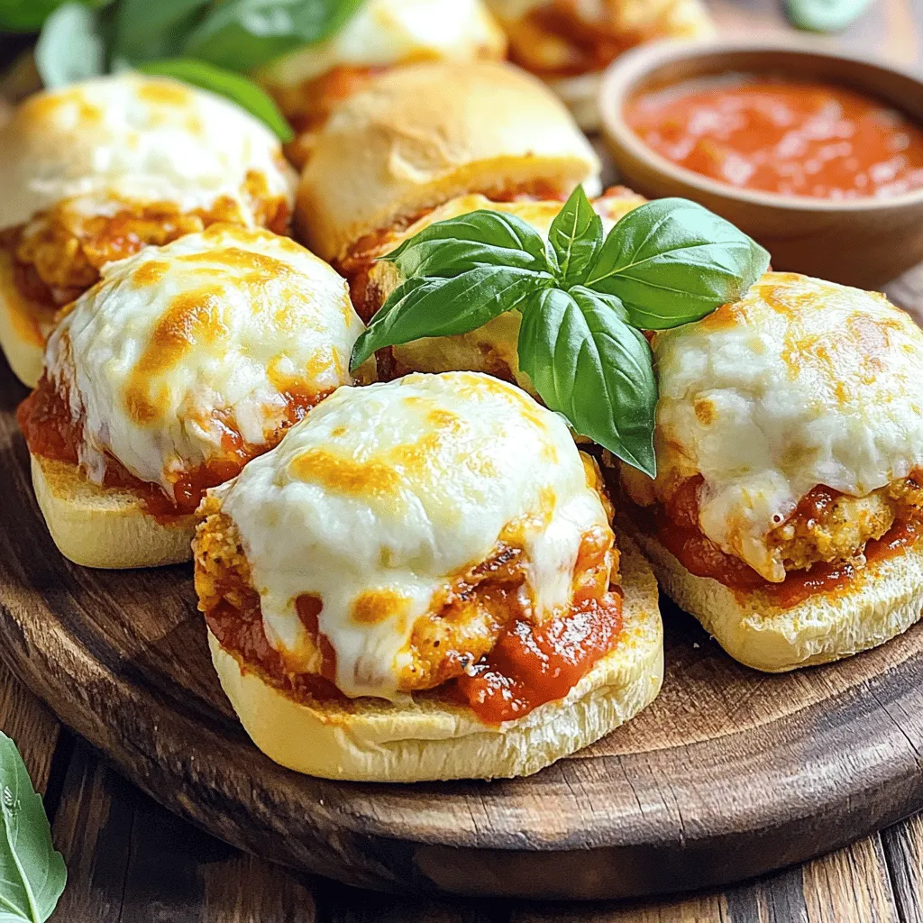 Für die Hähnchen-Parmesan-Slider benötigst du einige Hauptzutaten. Hier ist die Liste: - 450 g gemahlenes Hähnchen - 120 g Paniermehl - 30 g frisch geriebener Parmesan - 4 Slider-Brötchen - 240 ml Marinara-Sauce - 100 g geriebener Mozzarella Diese Zutaten bilden die Basis für die Slider. Das gemahlene Hähnchen sorgt für einen zarten Biss, während der Parmesan für einen tollen Geschmack sorgt. Die richtigen Gewürze machen den Unterschied. Hier sind die wichtigen Gewürze: - 1/2 Teelöffel Knoblauchpulver - 1/2 Teelöffel italienische Gewürzmischung - Salz und Pfeffer nach Geschmack Diese Gewürze verleihen den Patties ein tolles Aroma. Knoblauchpulver bringt einen feinen Geschmack. Die italienische Gewürzmischung ergänzt die Aromen perfekt. Um das Beste aus deinen Slidern herauszuholen, empfehle ich einige Ergänzungen: - Frische Basilikumblätter zur Garnitur - Olivenöl zum Braten Die frischen Basilikumblätter sind nicht nur schön, sie bringen auch Frische. Das Olivenöl hilft, die Patties goldbraun zu braten. Wenn du magst, serviere die Slider mit etwas zusätzlicher Marinara-Sauce zum Dippen. Für die gesamte Anleitung kannst du die Full Recipe verwenden. Um die Hähnchen-Patties herzustellen, nehmen Sie eine große Schüssel. Geben Sie das gemahlene Hähnchen hinein. Fügen Sie das Paniermehl, den Parmesan, das Knoblauchpulver, die italienische Gewürzmischung sowie eine Prise Salz und Pfeffer hinzu. Mischen Sie alles gut mit Ihren Händen oder einem Löffel. Achten Sie darauf, dass die Zutaten gleichmäßig verteilt sind. Formen Sie dann 4 bis 6 Patties. Die Größe sollte gut zu den Slider-Brötchen passen. Jetzt wird es Zeit zu braten. Erhitzen Sie eine Pfanne auf mittlerer Hitze. Geben Sie einen Schuss Olivenöl hinein. Warten Sie, bis das Öl heiß ist. Legen Sie dann vorsichtig die Patties in die Pfanne. Braten Sie sie etwa 5 bis 6 Minuten pro Seite. Die Patties sollten goldbraun und durchgegart sein. Überprüfen Sie das Innere, um sicherzustellen, dass das Hähnchen nicht mehr rosa ist. Sobald die Patties fertig sind, legen Sie sie auf die Slider-Brötchen. Nehmen Sie die Marinara-Sauce und geben Sie eine großzügige Menge auf jedes Patty. Streuen Sie dann eine Handvoll geriebenen Mozzarella darüber. Legen Sie die Slider auf ein Backblech und schieben Sie sie in den Ofen. Stellen Sie den Grill (Broiler) ein und überbacken Sie die Slider für 2 bis 3 Minuten. Achten Sie darauf, dass der Käse nicht verbrennt. Nach dem Überbacken nehmen Sie sie heraus und garnieren sie mit frischen Basilikumblättern. Für eine vollständige Anleitung schauen Sie sich das Rezept unter Full Recipe an. Um perfekte Patties zu formen, nehmen Sie eine Handvoll der Hähnchenmischung. Formen Sie die Patties gleichmäßig, etwa 1,5 cm dick. Drücken Sie die Mitte leicht hinein, damit sie beim Garen gleichmäßig bleiben. Verwenden Sie nasse Hände, um ein Verkleben zu verhindern. Um die Patties gleichmäßig zu garen, stellen Sie die Pfanne auf mittlere Hitze. Achten Sie darauf, dass das Öl heiß ist, bevor Sie die Patties hineingeben. Braten Sie jede Seite 5-6 Minuten. Verwenden Sie ein Fleischthermometer, um sicherzustellen, dass die Innentemperatur 75 °C erreicht. Um den Käse perfekt zu schmelzen, stellen Sie den Ofen auf Grillfunktion. Legen Sie die Slider auf ein Backblech und geben Sie den Käse darauf. Lassen Sie die Slider 2-3 Minuten im Ofen. Achten Sie darauf, den Käse im Auge zu behalten. So vermeiden Sie ein Anbrennen. Für mehr Details, schauen Sie sich das Full Recipe an. {{image_4}} Sie können diese Chicken Parmesan Slider leicht vegetarisch machen. Ersetzen Sie das Hähnchen durch gebratene Auberginen oder Zucchini. Diese Optionen sind lecker und gesund. Panieren Sie die Scheiben wie das Hähnchen. Braten Sie sie knusprig und verwenden Sie die gleiche Marinara-Sauce. So bleibt der Geschmack ähnlich, und jeder kann genießen. Käse macht alles besser! Probieren Sie verschiedene Käsesorten für Ihre Slider. Statt Mozzarella können Sie Provolone oder Gouda verwenden. Diese Käsesorten schmelzen gut und bringen einen neuen Geschmack. Wenn Sie es würziger mögen, fügen Sie etwas Feta oder Blauschimmelkäse hinzu. Spielen Sie mit den Käsesorten, um Ihre perfekte Mischung zu finden. Verleihen Sie Ihren Slidern das gewisse Extra. Fügen Sie frischen Spinat oder Rucola hinzu. Das bringt Farbe und Geschmack. Sie können auch karamellisierte Zwiebeln oder gegrillte Paprika verwenden. Diese Zutaten sorgen für mehr Textur und Genuss. Servieren Sie die Slider mit einer Seite von knusprigen Pommes oder einem frischen Salat für ein komplettes Essen. So wird jede Mahlzeit zu einem Erlebnis. Wenn Sie Hähnchen-Parmesan-Slider übrig haben, bewahren Sie diese in einem luftdichten Behälter auf. Kühlen Sie die Slider schnell ab, um Bakterien zu vermeiden. Zum Aufwärmen, verwenden Sie den Ofen oder die Mikrowelle. Im Ofen bei 175 Grad Celsius aufwärmen, bis sie heiß sind. In der Mikrowelle dauert es nur 30 bis 60 Sekunden. Die Lagerung im Kühlschrank hält die Slider 3 bis 4 Tage frisch. Wenn Sie mehr Zeit benötigen, frieren Sie die Slider ein. Sie bleiben im Gefrierschrank etwa 2 bis 3 Monate gut. Wickeln Sie jede Portion in Frischhaltefolie und dann in Aluminiumfolie, um Gefrierbrand zu vermeiden. Sie können die Reste vielseitig verwenden. Zerkleinern Sie die Slider für eine leckere Hähnchen-Pasta. Fügen Sie sie zu Salaten hinzu, um einen herzhaften Biss zu bekommen. Oder kombinieren Sie die Reste mit Eiern für ein schnelles Frühstück. Wenn Sie kreativ sind, wird aus den Resten ein neues Gericht! Um die Hähnchen-Parmesan-Slider schärfer zu machen, füge einfach etwas Cayennepfeffer hinzu. Eine Prise reicht oft aus. Du kannst auch scharfe Paprika oder frische Jalapeños verwenden. Mixe die Schärfe in die Hähnchenmischung. Experimentiere mit der Menge, bis es dir gefällt. Scharfe Soßen wie Sriracha sind auch eine tolle Option. Du kannst sie direkt auf die Patties geben oder ins Brötchen träufeln. Für eine gute Kombination bieten sich Salate oder Pommes an. Ein einfacher grüner Salat sorgt für frische. Knusprige Süßkartoffelpommes sind eine leckere Ergänzung. Auch ein klassischer Coleslaw schmeckt gut. Wenn du mehr Gemüse möchtest, probiere gegrilltes Gemüse oder eine Gemüsesuppe. Die Beilagen sollten leicht sein, um den Slider nicht zu überladen. Ja, du kannst die Sliders im Voraus zubereiten. Die Patties lassen sich gut vorbereiten und im Kühlschrank lagern. Du kannst sie auch einfrieren, wenn du sie länger aufbewahren möchtest. Bereite die Patties und forme sie, bevor du sie brätst. Koche sie dann frisch, wenn du bereit bist zu servieren. Das gibt dir mehr Freiheit, wenn Gäste kommen. Du kannst auch die fertigen Sliders im Ofen warmhalten, während du alles anrichtest. Die Hähnchen-Parmesan-Slider sind einfach zu machen. Du hast die Hauptzutaten und Gewürze kennengelernt. Die Schritt-für-Schritt-Anleitung zeigt, wie du perfekte Patties machst und sie brätst. Tipps zur Formung und dem Schmelzen des Käses helfen, das Gericht zu verbessern. Variationen wie vegetarische Optionen und verschiedene Käsesorten sind spannend. Schließlich gibt es einfache Lagerungshinweise für Reste. Diese Slider bringen Freude auf den Tisch. Probiere es aus und entdecke neue Geschmackserlebnisse!