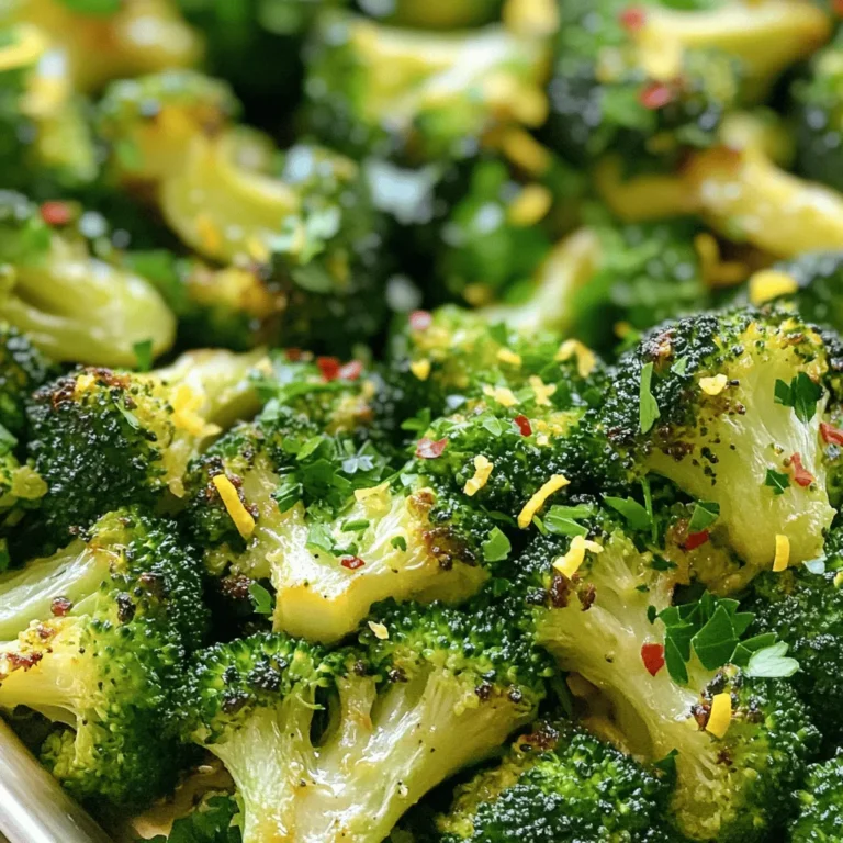 - Broccoli - Knoblauch - Zitrone Broccoli ist die Hauptzutat. Wähle einen großen Kopf Broccoli, frisch und grün. Der Knoblauch bringt viel Aroma. Verwende vier Zehen, fein gehackt. Die Zitrone gibt einen tollen Geschmack. Nutze die Schale und den Saft einer Zitrone. - Olivenöl - Rote Pfefferflocken - Salz und Pfeffer Olivenöl ist wichtig für das Rösten. Du brauchst drei Esslöffel. Für etwas Schärfe füge rote Pfefferflocken hinzu. Ein Teelöffel reicht aus. Salz und Pfeffer sind für den Geschmack nötig. Würze nach Belieben. - Parmesan - Frische Petersilie Parmesan gibt einen leckeren, käsigen Geschmack. Verwende zwei Esslöffel geriebenen Parmesan, wenn du magst. Frische Petersilie sieht nicht nur gut aus, sondern schmeckt auch toll. Hacke sie für die Garnitur. Für das vollständige Rezept schaue dir [Full Recipe] an. Heize deinen Ofen auf 220°C (425°F) vor. Diese hohe Temperatur sorgt für knusprige Ränder am Brokkoli. Nimm einen großen Kopf Broccoli. Schneide ihn in kleine Röschen. Diese Röschen sollten gleichmäßig groß sein, damit sie gleichmäßig garen. Hacke dann vier Knoblauchzehen fein. Der Knoblauch gibt dem Gericht seinen tollen Geschmack. In einer großen Schüssel vermischst du die Broccoliröschen mit dem gehackten Knoblauch. Träufle drei Esslöffel Olivenöl darüber. Füge die Schale und den Saft einer Zitrone hinzu. Möchtest du etwas Schärfe? Dann streue einen Teelöffel rote Pfefferflocken hinein. Vergiss nicht, mit Salz und schwarzem Pfeffer abzuschmecken. Mische alles gut, bis die Röschen gleichmäßig beschichtet sind. Bereite ein Backblech vor, indem du es leicht einfettest oder mit Backpapier belegst. Verteile die Broccolimischung gleichmäßig auf dem Blech. Röste den Brokkoli im vorgeheizten Ofen für 20-25 Minuten. Die Röschen sind fertig, wenn sie zart sind und die Ränder leicht knusprig werden. Für eine käsige Note kannst du in den letzten 5 Minuten geriebenen Parmesan darüber streuen. Nimm das Blech dann aus dem Ofen. Garniere den Brokkoli mit frischer Petersilie, bevor du ihn servierst. Für die vollständige Zubereitung sieh dir das [Full Recipe] an. Um die beste Textur für Ihren Brokkoli zu erreichen, rösten Sie ihn bei 220°C. Die richtige Röstzeit liegt bei 20 bis 25 Minuten. Überprüfen Sie den Brokkoli nach 15 Minuten. Wenn die Ränder leicht knusprig sind, ist er fast fertig. Achten Sie darauf, dass die Röschen zart sind, aber nicht matschig. Variieren Sie die Gewürze nach Ihrem Geschmack. Sie können zusätzlich Paprika oder Kreuzkümmel verwenden. Mögen Sie es schärfer? Fügen Sie mehr rote Pfefferflocken hinzu! Für eine mildere Version lassen Sie die Schärfe weg. Experimentieren Sie mit Kräutern wie Thymian oder Oregano, um neue Aromen zu entdecken. Das Anrichten macht Spaß! Legen Sie die Röschen auf einen schönen Teller. Streuen Sie frische Petersilie darüber, um Farbe und Frische hinzuzufügen. Wenn Sie Parmesan verwenden, streuen Sie ihn gleich nach dem Rösten darüber. Servieren Sie Ihren Brokkoli frisch und warm für die beste Wirkung. Diese einfachen Tipps machen Ihr Gericht noch ansprechender. {{image_4}} Du kannst dein Rezept für Lemon Garlic Roasted Broccoli leicht anpassen. Karotten und Blumenkohl sind tolle Ergänzungen. Diese Gemüsesorten röstest du einfach zusammen mit dem Brokkoli. Schneide sie in gleich große Stücke. So garen sie gleichmäßig. Die Aromen von Knoblauch und Zitrone passen gut zu diesen Gemüsen. Du erhältst ein buntes und gesundes Gericht. Wenn du eine vegane Diät befolgst, gibt es viele Optionen. Statt Parmesan kannst du Hefeflocken verwenden. Sie verleihen einen käsigen Geschmack ohne Milchprodukte. Du kannst auch mehr Gemüse wie Zucchini oder Paprika hinzufügen. Diese Zutaten sorgen für mehr Vielfalt auf deinem Teller. Achte darauf, dass alle Zutaten frisch sind, um den besten Geschmack zu erzielen. Nüsse machen alles besser! Mandeln oder Pinienkerne sind perfekte Ergänzungen. Röste sie kurz in einer Pfanne, bevor du sie über das Gemüse streust. Diese Nüsse geben deinem Gericht einen knackigen Biss. Außerdem sorgen sie für gesunde Fette und mehr Nährstoffe. Das macht dein Lemon Garlic Roasted Broccoli noch leckerer und nahrhafter. Um übrig gebliebenen Brokkoli aufzubewahren, lasse ihn zunächst abkühlen. Danach lege ihn in einen luftdichten Behälter. Stelle sicher, dass der Behälter gut verschlossen ist. So bleibt der Brokkoli frisch. Er hält sich im Kühlschrank etwa drei bis fünf Tage. Achte darauf, ihn nicht zu lange stehen zu lassen, um den besten Geschmack zu genießen. Um den Brokkoli wieder aufzuwärmen, benutze den Ofen oder die Mikrowelle. Im Ofen kannst du ihn bei 180°C (350°F) für etwa 10 Minuten aufwärmen. Das gibt ihm wieder etwas Knusprigkeit. In der Mikrowelle reicht eine Minute bei hoher Leistung. Überprüfe, ob er gleichmäßig warm ist. Rühre ihn zwischendurch um, damit er nicht austrocknet. Wenn du den Brokkoli länger aufbewahren möchtest, friere ihn ein. Blanchiere die Röschen zuerst für zwei bis drei Minuten in kochendem Wasser. Danach lege sie in ein Eisbad, um den Kochprozess zu stoppen. Trockne sie gut ab und lege sie in eine Gefriertüte. So bleibt der Brokkoli bis zu drei Monate frisch. Wenn du ihn später verwendest, kannst du ihn direkt gefroren rösten oder in einem Gericht verwenden. Die ideale Röstzeit für Brokkoli liegt bei 20 bis 25 Minuten. Bei 220°C (425°F) wird der Brokkoli schön zart und die Ränder knusprig. Achte darauf, die Röschen regelmäßig zu wenden. So garen sie gleichmäßig und bekommen eine tolle Farbe. Ja, du kannst frischen Knoblauch durch Knoblauchpulver ersetzen. Verwende etwa einen Teelöffel Knoblauchpulver. Es gibt dem Brokkoli trotzdem einen guten Geschmack. Frischer Knoblauch hat jedoch ein intensiveres Aroma. Probiere beide Versionen aus, um deinen Favoriten zu finden. Röstbrokkoli passt gut zu vielen Gerichten. Hier sind einige tolle Ideen: - Quinoa oder Reis: Beide sind leicht und passen gut zu den Aromen. - Fisch oder Hähnchen: Diese Proteine ergänzen den Brokkoli perfekt. - Pasta: Eine Pasta mit leichter Sauce harmoniert gut mit dem Gemüse. - Salate: Du kannst Röstbrokkoli in Salate mischen, um mehr Textur zu bekommen. Für das gesamte Rezept, siehe [Full Recipe]. Röstbrokkoli ist einfach zuzubereiten. Die Hauptzutaten sind Brokkoli, Knoblauch und Zitrone. Gewürze wie Olivenöl und Pfeffer sind wichtig, um das Gericht abzurunden. Mit unseren Tipps gelingt dir perfektes Rösten jeder Zeit. Du kannst sogar andere Gemüsesorten ausprobieren oder vegane Alternativen nutzen. Wenn du Reste hast, bewahre sie richtig auf. Dieses Rezept bietet dir viele Variationsmöglichkeiten, um es spannend zu halten. Probiere die verschiedenen Optionen aus und genieße gesundes Essen!