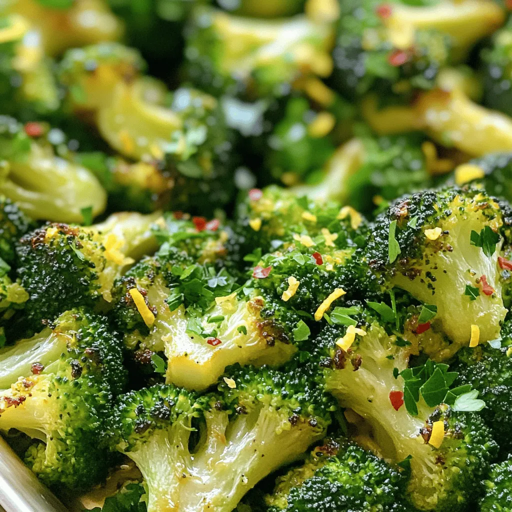 - Broccoli - Knoblauch - Zitrone Broccoli ist die Hauptzutat. Wähle einen großen Kopf Broccoli, frisch und grün. Der Knoblauch bringt viel Aroma. Verwende vier Zehen, fein gehackt. Die Zitrone gibt einen tollen Geschmack. Nutze die Schale und den Saft einer Zitrone. - Olivenöl - Rote Pfefferflocken - Salz und Pfeffer Olivenöl ist wichtig für das Rösten. Du brauchst drei Esslöffel. Für etwas Schärfe füge rote Pfefferflocken hinzu. Ein Teelöffel reicht aus. Salz und Pfeffer sind für den Geschmack nötig. Würze nach Belieben. - Parmesan - Frische Petersilie Parmesan gibt einen leckeren, käsigen Geschmack. Verwende zwei Esslöffel geriebenen Parmesan, wenn du magst. Frische Petersilie sieht nicht nur gut aus, sondern schmeckt auch toll. Hacke sie für die Garnitur. Für das vollständige Rezept schaue dir [Full Recipe] an. Heize deinen Ofen auf 220°C (425°F) vor. Diese hohe Temperatur sorgt für knusprige Ränder am Brokkoli. Nimm einen großen Kopf Broccoli. Schneide ihn in kleine Röschen. Diese Röschen sollten gleichmäßig groß sein, damit sie gleichmäßig garen. Hacke dann vier Knoblauchzehen fein. Der Knoblauch gibt dem Gericht seinen tollen Geschmack. In einer großen Schüssel vermischst du die Broccoliröschen mit dem gehackten Knoblauch. Träufle drei Esslöffel Olivenöl darüber. Füge die Schale und den Saft einer Zitrone hinzu. Möchtest du etwas Schärfe? Dann streue einen Teelöffel rote Pfefferflocken hinein. Vergiss nicht, mit Salz und schwarzem Pfeffer abzuschmecken. Mische alles gut, bis die Röschen gleichmäßig beschichtet sind. Bereite ein Backblech vor, indem du es leicht einfettest oder mit Backpapier belegst. Verteile die Broccolimischung gleichmäßig auf dem Blech. Röste den Brokkoli im vorgeheizten Ofen für 20-25 Minuten. Die Röschen sind fertig, wenn sie zart sind und die Ränder leicht knusprig werden. Für eine käsige Note kannst du in den letzten 5 Minuten geriebenen Parmesan darüber streuen. Nimm das Blech dann aus dem Ofen. Garniere den Brokkoli mit frischer Petersilie, bevor du ihn servierst. Für die vollständige Zubereitung sieh dir das [Full Recipe] an. Um die beste Textur für Ihren Brokkoli zu erreichen, rösten Sie ihn bei 220°C. Die richtige Röstzeit liegt bei 20 bis 25 Minuten. Überprüfen Sie den Brokkoli nach 15 Minuten. Wenn die Ränder leicht knusprig sind, ist er fast fertig. Achten Sie darauf, dass die Röschen zart sind, aber nicht matschig. Variieren Sie die Gewürze nach Ihrem Geschmack. Sie können zusätzlich Paprika oder Kreuzkümmel verwenden. Mögen Sie es schärfer? Fügen Sie mehr rote Pfefferflocken hinzu! Für eine mildere Version lassen Sie die Schärfe weg. Experimentieren Sie mit Kräutern wie Thymian oder Oregano, um neue Aromen zu entdecken. Das Anrichten macht Spaß! Legen Sie die Röschen auf einen schönen Teller. Streuen Sie frische Petersilie darüber, um Farbe und Frische hinzuzufügen. Wenn Sie Parmesan verwenden, streuen Sie ihn gleich nach dem Rösten darüber. Servieren Sie Ihren Brokkoli frisch und warm für die beste Wirkung. Diese einfachen Tipps machen Ihr Gericht noch ansprechender. {{image_4}} Du kannst dein Rezept für Lemon Garlic Roasted Broccoli leicht anpassen. Karotten und Blumenkohl sind tolle Ergänzungen. Diese Gemüsesorten röstest du einfach zusammen mit dem Brokkoli. Schneide sie in gleich große Stücke. So garen sie gleichmäßig. Die Aromen von Knoblauch und Zitrone passen gut zu diesen Gemüsen. Du erhältst ein buntes und gesundes Gericht. Wenn du eine vegane Diät befolgst, gibt es viele Optionen. Statt Parmesan kannst du Hefeflocken verwenden. Sie verleihen einen käsigen Geschmack ohne Milchprodukte. Du kannst auch mehr Gemüse wie Zucchini oder Paprika hinzufügen. Diese Zutaten sorgen für mehr Vielfalt auf deinem Teller. Achte darauf, dass alle Zutaten frisch sind, um den besten Geschmack zu erzielen. Nüsse machen alles besser! Mandeln oder Pinienkerne sind perfekte Ergänzungen. Röste sie kurz in einer Pfanne, bevor du sie über das Gemüse streust. Diese Nüsse geben deinem Gericht einen knackigen Biss. Außerdem sorgen sie für gesunde Fette und mehr Nährstoffe. Das macht dein Lemon Garlic Roasted Broccoli noch leckerer und nahrhafter. Um übrig gebliebenen Brokkoli aufzubewahren, lasse ihn zunächst abkühlen. Danach lege ihn in einen luftdichten Behälter. Stelle sicher, dass der Behälter gut verschlossen ist. So bleibt der Brokkoli frisch. Er hält sich im Kühlschrank etwa drei bis fünf Tage. Achte darauf, ihn nicht zu lange stehen zu lassen, um den besten Geschmack zu genießen. Um den Brokkoli wieder aufzuwärmen, benutze den Ofen oder die Mikrowelle. Im Ofen kannst du ihn bei 180°C (350°F) für etwa 10 Minuten aufwärmen. Das gibt ihm wieder etwas Knusprigkeit. In der Mikrowelle reicht eine Minute bei hoher Leistung. Überprüfe, ob er gleichmäßig warm ist. Rühre ihn zwischendurch um, damit er nicht austrocknet. Wenn du den Brokkoli länger aufbewahren möchtest, friere ihn ein. Blanchiere die Röschen zuerst für zwei bis drei Minuten in kochendem Wasser. Danach lege sie in ein Eisbad, um den Kochprozess zu stoppen. Trockne sie gut ab und lege sie in eine Gefriertüte. So bleibt der Brokkoli bis zu drei Monate frisch. Wenn du ihn später verwendest, kannst du ihn direkt gefroren rösten oder in einem Gericht verwenden. Die ideale Röstzeit für Brokkoli liegt bei 20 bis 25 Minuten. Bei 220°C (425°F) wird der Brokkoli schön zart und die Ränder knusprig. Achte darauf, die Röschen regelmäßig zu wenden. So garen sie gleichmäßig und bekommen eine tolle Farbe. Ja, du kannst frischen Knoblauch durch Knoblauchpulver ersetzen. Verwende etwa einen Teelöffel Knoblauchpulver. Es gibt dem Brokkoli trotzdem einen guten Geschmack. Frischer Knoblauch hat jedoch ein intensiveres Aroma. Probiere beide Versionen aus, um deinen Favoriten zu finden. Röstbrokkoli passt gut zu vielen Gerichten. Hier sind einige tolle Ideen: - Quinoa oder Reis: Beide sind leicht und passen gut zu den Aromen. - Fisch oder Hähnchen: Diese Proteine ergänzen den Brokkoli perfekt. - Pasta: Eine Pasta mit leichter Sauce harmoniert gut mit dem Gemüse. - Salate: Du kannst Röstbrokkoli in Salate mischen, um mehr Textur zu bekommen. Für das gesamte Rezept, siehe [Full Recipe]. Röstbrokkoli ist einfach zuzubereiten. Die Hauptzutaten sind Brokkoli, Knoblauch und Zitrone. Gewürze wie Olivenöl und Pfeffer sind wichtig, um das Gericht abzurunden. Mit unseren Tipps gelingt dir perfektes Rösten jeder Zeit. Du kannst sogar andere Gemüsesorten ausprobieren oder vegane Alternativen nutzen. Wenn du Reste hast, bewahre sie richtig auf. Dieses Rezept bietet dir viele Variationsmöglichkeiten, um es spannend zu halten. Probiere die verschiedenen Optionen aus und genieße gesundes Essen!