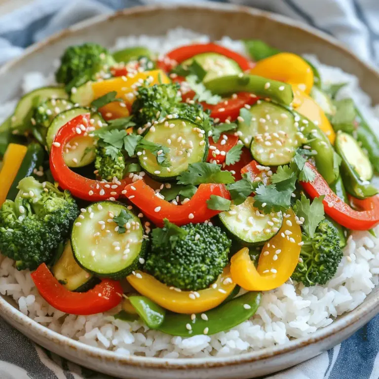 Für diesen Sommer Veggie Stir-Fry benötigen Sie: - 1 Tasse Jasminreis - 2 Esslöffel Olivenöl - 1 rote Paprika, in Scheiben geschnitten - 1 gelbe Paprika, in Scheiben geschnitten - 1 Zucchini, in Halbmondscheiben geschnitten - 1 Tasse Brokkoliröschen - 1 Tasse Zuckerschoten - 2 Knoblauchzehen, gehackt - 1 Esslöffel frischer Ingwer, gerieben - 3 Frühlingszwiebeln, fein gehackt - 2 Esslöffel Sojasauce - 1 Esslöffel Sesamöl - 1 Esslöffel Chilipaste (optional, für Schärfe) Jasminreis ist leicht und passt gut zu jedem Gemüse. Wählen Sie frisches Gemüse, das Ihnen gefällt. Paprika bringt Farbe und Geschmack. Zucchini ist knackig und nahrhaft. Brokkoli und Zuckerschoten sorgen für eine schöne Textur. Knoblauch und Ingwer geben einen tollen Duft. Um das Gericht zu verfeinern, können Sie Folgendes hinzufügen: - Frischer Koriander - Sesamsamen Koriander gibt frische Noten. Sesamsamen fügen einen nussigen Crunch hinzu. Diese Toppings machen Ihre Schalen noch leckerer. Wenn Sie mehr Geschmack wollen, probieren Sie die Chilipaste. Sie bringt eine angenehme Schärfe. Ich hoffe, Sie sind bereit für die Zubereitung! Für die vollständige Anleitung schauen Sie sich das [Full Recipe] an. Zuerst koche ich den Jasminreis. Ich folge den Anweisungen auf der Verpackung. Nach dem Kochen lasse ich den Reis etwas abkühlen. Dann lockere ich den Reis mit einer Gabel auf. So wird er schön fluffig. Ich erhitze das Olivenöl in einer großen Pfanne. Die Hitze sollte mittel bis hoch sein. Danach gebe ich den gehackten Knoblauch und den geriebenen Ingwer in die Pfanne. Ich brate sie etwa 30 Sekunden an. Das Aroma ist einfach toll. Jetzt füge ich das geschnittene Gemüse hinzu. Ich benutze rote und gelbe Paprika, Zucchini, Brokkoli und Zuckerschoten. Ich brate alles für 5 bis 7 Minuten an, bis das Gemüse leuchtend und zart ist. Ich füge die Sojasauce und das Sesamöl hinzu. Wenn ich etwas Schärfe möchte, kommt auch die Chilipaste dazu. Ich rühre alles gut um, sodass das Gemüse gleichmäßig überzogen ist. Nach 2 bis 3 Minuten nehme ich die Pfanne vom Herd. Ich rühre die Frühlingszwiebeln unter. Jetzt richte ich die Wokschalen an. In jede Schale kommt eine Portion Jasminreis. Dann toppe ich den Reis mit dem bunten Gemüse. Zum Schluss garniere ich jede Schale mit frischem Koriander und Sesamsamen. Dieses Gericht ist einfach und lecker. Für das vollständige Rezept schaue einfach nach dem Full Recipe. Die Garzeit ist wichtig für unser Gemüse. Die Größe der Stücke beeinflusst die Kochzeit. Kleinere Stücke garen schneller, während größere länger brauchen. Schneide das Gemüse gleichmäßig, damit alles gleichmäßig gart. Um die Textur und Farbe zu bewahren, brate das Gemüse nur kurz an. Zu langes Kochen macht es weich und blass. Halte die Hitze hoch, um das Gemüse knackig zu halten. So bleibt es frisch und bunt auf deinem Teller. Du kannst das Rezept leicht anpassen. Verwende andere saisonale Gemüse, die du magst. Kürbis, grüne Bohnen oder Auberginen sind tolle Alternativen. Das gibt deinem Gericht neue Geschmäcker und Farben. Wenn du es schärfer magst, füge mehr Chilipaste hinzu. Du kannst auch frische Chilis oder Pfeffer verwenden. So kannst du die Schärfe nach deinem Geschmack einstellen. Experimentiere und finde deine perfekte Mischung! Für die volle Anleitung schau dir das [Full Recipe] an. {{image_4}} Für eine vollere Mahlzeit können Sie Hähnchenbrust oder Tofu hinzufügen. - Hähnchenbrust: Schneiden Sie die Hähnchenbrust in kleine Stücke. Braten Sie sie zuerst in der Pfanne an, bis sie goldbraun ist. Dann fügen Sie das Gemüse hinzu und folgen Sie der Anleitung. - Tofu: Nehmen Sie festen Tofu, schneiden Sie ihn in Würfel und braten Sie ihn bis er knusprig ist. Mischen Sie ihn zum Schluss unter das Gemüse. Eine Garnelenoption ist auch möglich. Einfach frische oder gefrorene Garnelen verwenden. Braten Sie sie ebenfalls zuerst an, bevor Sie das Gemüse hinzufügen. Es gibt viele leckere Variationen der Sojasauce, die Sie ausprobieren können. - Glutenfreie Sojasauce: Verwenden Sie Tamari. Es hat den gleichen Geschmack und ist ideal für glutenfreie Diäten. - Teriyaki-Variation: Fügen Sie etwas Honig oder braunen Zucker zur Sojasauce hinzu, um einen süßeren Geschmack zu erzielen. Diese Mischung passt gut zu den frischen Gemüsen. Diese Variationen geben Ihrem Sommer Veggie Stir-Fry Bowl einen neuen Twist. Probieren Sie die verschiedenen Optionen aus, um Ihre perfekte Kombination zu finden. Um die Reste Ihrer Sommer Veggie Stir-Fry Bowls frisch zu halten, lagern Sie sie in einem luftdichten Behälter. Stellen Sie sicher, dass der Behälter gut verschlossen ist. Im Kühlschrank bleiben die Reste für 3 bis 4 Tage essbar. Wenn Sie sie aufwärmen möchten, tun Sie dies am besten in einer Pfanne oder in der Mikrowelle. Achten Sie darauf, das Gemüse nicht zu lange zu erhitzen, da es sonst matschig wird. Ein Spritzer Wasser kann helfen, das Gemüse saftig zu halten. Wenn Sie planen, die Wokschalen im Voraus zuzubereiten, gibt es einige einfache Tipps. Schneiden Sie das Gemüse am Vorabend und lagern Sie es im Kühlschrank. So sparen Sie Zeit beim Kochen. Für das Meal Prepping können Sie die Wokschalen auch in Portionen aufteilen. Das macht das Mittagessen einfach und schnell. Wenn Sie die Wokschalen länger aufbewahren möchten, können Sie sie auch im Gefrierschrank lagern. Stellen Sie sicher, dass das Gemüse und der Reis gut abgekühlt sind, bevor Sie alles in einem gefrierfesten Behälter verpacken. Auf diese Weise bleiben die Aromen und die Textur erhalten. Die gefrorenen Wokschalen halten sich bis zu 3 Monate. Zum Aufwärmen einfach über Nacht im Kühlschrank auftauen lassen und dann wie gewohnt erhitzen. Entdecken Sie die vielen Möglichkeiten, Ihre Sommer Veggie Stir-Fry Bowls frisch und schmackhaft zu halten! Für einen Sommer Veggie Stir-Fry empfehle ich saisonales Gemüse. Im Sommer sind frische Produkte am besten. Verwende bunte Paprika, Zucchini und Brokkoli. Diese Gemüsesorten sind knackig und schmackhaft. Außerdem sind Zuckerschoten eine tolle Wahl. Sie bringen Süße und Farbe in die Schüssel. Auch Karotten oder Auberginen passen gut. Du kannst nach Belieben mixen und matchen. Das macht den Wok bunt und gesund. Ja, du kannst das Rezept leicht vegetarisch machen. Lass einfach Fleisch oder Fisch weg. Stattdessen füge mehr Gemüse hinzu. Tofu ist eine gute proteinreiche Option. Er nimmt den Geschmack der Gewürze gut auf. Du kannst auch Tempeh oder Seitan verwenden. Diese Optionen machen dein Gericht noch nahrhafter. Achte darauf, dass die Sojasauce, die du verwendest, auch vegetarisch ist. Die Gesamtzeit für dieses Rezept ist einfach. Du brauchst etwa 15 Minuten für die Vorbereitung. Das Kochen dauert ungefähr 15 Minuten. In nur 30 Minuten hast du ein leckeres Gericht. Das ist schnell und einfach. So bleibt mehr Zeit, um es zu genießen. Wenn du den [Full Recipe] befolgst, hast du alles, was du brauchst. Im Artikel haben wir die Hauptzutaten wie Jasminreis, frisches Gemüse und Gewürze besprochen. Du hast erfahren, wie man den Reis kocht und das Gemüse anbrät. Tipps für die perfekte Garzeit und Möglichkeiten zur Anpassung haben wir ebenfalls behandelt. Denke daran, die Reste richtig zu lagern und auch das Rezept an deine Vorlieben anzupassen. Experimentiere mit verschiedenen Proteinen und Soßen. Mit diesen Informationen kannst du eine schmackhafte Wok-Mahlzeit zubereiten. Viel Spaß beim Kochen!