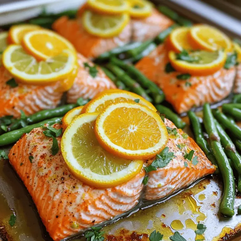 - 4 Lachsfilets (je 170 g) - 2 Orangen, dünn aufgeschnitten - 1 Zitrone, dünn aufgeschnitten - 1 Limette, dünn aufgeschnitten - 2 Esslöffel Olivenöl - 3 Knoblauchzehen, fein gehackt - 1 Teelöffel geräuchertes Paprikapulver - 1 Teelöffel Honig - Salz und Pfeffer nach Geschmack - Frische Petersilie, gehackt, zum Garnieren Die Hauptzutaten sind frisch und voller Geschmack. Die Lachsfilets sind eine tolle Proteinquelle. Die Zitrusfrüchte bringen eine spritzige Frische. Die Marinade aus Olivenöl, Knoblauch, Paprikapulver und Honig verleiht dem Gericht das besondere Etwas. Diese Zutaten machen das Rezept einfach und lecker. - Spargel - Grüne Bohnen Das Gemüse ist eine wunderbare Ergänzung. Spargel und grüne Bohnen bringen Farbe und Textur. Du kannst sie leicht mit Olivenöl würzen. Sie rösten schön im Ofen und werden zart, aber knackig. Diese Wahl macht dein Gericht noch gesünder und bunter. Wenn du magst, kannst du auch anderes Gemüse verwenden. Probiere verschiedene Kombinationen aus! Heize den Ofen auf 200 °C vor. Nimm ein großes Backblech und lege es mit Backpapier aus. Das Backpapier hilft, das Anhaften zu vermeiden und erleichtert die Reinigung. In einer kleinen Schüssel vermenge folgende Zutaten: - 2 Esslöffel Olivenöl - 3 Knoblauchzehen, fein gehackt - 1 Teelöffel geräuchertes Paprikapulver - 1 Teelöffel Honig - Salz und Pfeffer nach Geschmack Rühre die Zutaten gut durch, bis die Mischung gleichmäßig ist. Diese Marinade gibt dem Lachs tollen Geschmack und Aroma. Lege die Lachsfilets auf das vorbereitete Backblech. Bestreiche sie großzügig mit der Marinade. Arrangiere die Orangenscheiben, Zitronenscheiben und Limettenscheiben auf den Lachsfilets und rund um sie. Wenn du Spargel oder grüne Bohnen verwendest, lege sie ebenfalls auf das Blech. Beträufle das Gemüse mit etwas Olivenöl und würze es mit Salz und Pfeffer. Backe alles im vorgeheizten Ofen für 15-18 Minuten. Der Lachs sollte durchgegart sein und leicht mit einer Gabel zerteilen. Die Gemüse sollten zart, aber knackig bleiben. Lass das Blech nach dem Backen einige Minuten ruhen. Vor dem Servieren garniere den Lachs mit frisch gehackter Petersilie. Wenn du mehr Details benötigst, schau dir das [Full Recipe] an. Die perfekte Garzeit für Lachs liegt bei 15-18 Minuten. Um den Lachs richtig zu prüfen, schaue auf die Farbe. Der Lachs sollte eine blassrosa Farbe haben. Wenn er leicht flockt, ist er fertig. Du kannst auch eine Gabel verwenden. Steche vorsichtig in das Filet. Wenn es sich leicht trennt, ist es gar. Du kannst die Aromen ganz einfach variieren. Probiere verschiedene Gewürze aus. Zum Beispiel, füge Dill oder Thymian hinzu. Auch Honig kann durch Ahornsirup ersetzt werden. Wenn du etwas Schärfe magst, probiere Chili-Flocken. Für mehr Frische füge frischen Ingwer hinzu. Präsentiere den Lachs direkt auf dem Blech. Das sieht rustikal und einladend aus. Du kannst ihn auch auf einem großen Teller anrichten. Ein Spritzer frischer Limettensaft macht das Gericht noch besser. Serviere dazu einen frischen Salat oder Reis. So hast du eine perfekte Kombination. {{image_4}} Eine mediterrane Version bringt frische Aromen auf deinen Tisch. Füge einige schwarze Oliven hinzu. Sie geben dem Gericht einen tollen Geschmack. Auch Feta-Käse passt gut. Zerbröckele ihn über den Lachs, bevor du ihn backst. Die Kombination aus Zitrusfrüchten und Feta macht das Gericht besonders lecker. Für eine asiatische Note kannst du Sojasauce verwenden. Mische sie mit Ingwer und etwas Sesamöl. Diese Mischung gibt dem Lachs einen neuen Twist. Träufle die Sauce über den Lachs und lasse ihn darin marinieren. Die Zitrusfrüchte passen gut zu diesen Aromen und bringen Frische. Grillen ist eine tolle Alternative zum Backen. Du kannst den Lachs einfach auf den Grill legen. Achte darauf, die Temperatur niedrig zu halten. So bleibt der Lachs saftig. Lege die Zitrusfrüchte direkt auf den Grill. So bekommst du einen rauchigen Geschmack. Das Ergebnis ist ein ganz neues Erlebnis für deine Sinne. Für das genaue Rezept kannst du [Full Recipe] hier ansehen. Um Reste von deinem Sheet Pan Citrus Salmon zu lagern, lege sie in einen luftdichten Behälter. Kühle die Reste in deinem Kühlschrank. Sie bleiben frisch für etwa 2 bis 3 Tage. Achte darauf, dass der Behälter gut schließt. So bleibt der Lachs saftig und lecker. Wenn du das Gericht für später aufbewahren möchtest, lagere das Gemüse getrennt. Das hilft, die Knackigkeit zu bewahren. Möchtest du Lachs einfrieren? Hier ist eine einfache Schritt-für-Schritt-Anleitung: 1. Lass den Lachs zuerst abkühlen. Das verhindert Kondensation im Behälter. 2. Teile die Reststücke in Portionen. So kannst du nur das auftauen, was du brauchst. 3. Wickel jede Portion in Frischhaltefolie. Achte darauf, die Luft gut herauszudrücken. 4. Lege die eingewickelten Portionen in einen Gefrierbeutel. Beschrifte den Beutel mit Datum und Inhalt. 5. Friere den Lachs für bis zu 3 Monate ein. So bleibt der Geschmack frisch, wenn du ihn wieder verwenden möchtest. Um die Reste von deinem Lachs wieder zu erwärmen, gibt es einige gute Methoden: - Mikrowelle: Lege den Lachs auf einen Teller und decke ihn ab. Erhitze ihn bei mittlerer Hitze für 1 bis 2 Minuten. Prüfe, ob er warm ist. - Ofen: Heize den Ofen auf 150 °C vor. Lege den Lachs auf ein Backblech und decke ihn mit Alufolie ab. Erwärme ihn für etwa 10 bis 15 Minuten. - Pfanne: Erhitze eine Pfanne bei mittlerer Hitze. Lege den Lachs hinein und erwärme ihn für 3 bis 4 Minuten auf jeder Seite. Jede Methode hilft, den Lachs saftig zu halten. So schmeckt er fast wie frisch zubereitet! Der Lachs sollte 15 bis 18 Minuten im Ofen bleiben. Die genaue Zeit kann variieren. Für beste Ergebnisse ist es wichtig, den Lachs regelmäßig zu überprüfen. Der Lachs ist fertig, wenn er sich leicht mit einer Gabel zerteilen lässt. Achte darauf, dass er nicht zu lange backt, um ein Austrocknen zu vermeiden. Ja, du kannst andere Fische verwenden. Forelle, Kabeljau oder Tilapia sind gute Alternativen. Diese Fische haben ähnliche Garzeiten und Texturen. Du kannst auch Lachs mit anderen fettreichen Fischen ersetzen. Achte darauf, die Marinade an den Fisch anzupassen, um den besten Geschmack zu erzielen. Zu diesem Gericht passen viele Beilagen gut. Hier sind einige Ideen: - Quinoa-Salat - Grüner Salat mit Vinaigrette - Reis oder Couscous - Geröstetes Gemüse, wie Brokkoli oder Karotten - Kartoffelpüree für eine cremige Note Ja, das Rezept ist glutenfrei. Alle Zutaten, die du verwendest, sind natürlich glutenfrei. Achte jedoch darauf, dass du glutenfreies Olivenöl und Gewürze verwendest. Überprüfe immer die Etiketten, um sicherzustellen, dass keine versteckten Glutenquellen vorhanden sind. Zusammenfassend haben wir die Hauptzutaten für einen köstlichen Lachs mit Zitrusfrüchten vorgestellt. Die Schritt-für-Schritt-Anleitung hilft dir, den Lachs perfekt zu garen. Tipps und Variationen geben dir kreative Ideen für dein Gericht. Du kannst den Lachs auch aufbewahren und aufwärmen. Mit diesen Informationen bist du bereit, ein leckeres Gericht zuzubereiten. Probiere verschiedene Aromen aus und finde deine perfekte Kombination! Das Kochen kann Spaß machen und einfach sein. Guten Appetit!