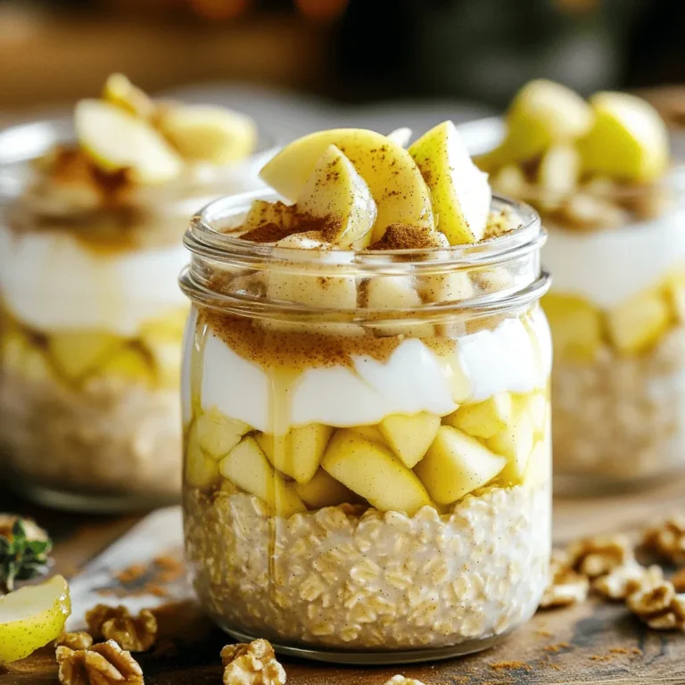 Für die Apfelkuchen Overnight Oats brauchst du einige einfache Zutaten: - 1 Tasse Haferflocken - 1 Tasse ungesüßte Mandelmilch (oder Milch nach Wahl) - 1 große Äpfel, gewürfelt (Granny Smith oder Honeycrisp) - 1 Esslöffel Ahornsirup (oder Honig) - 1/2 Teelöffel gemahlener Zimt - 1/4 Teelöffel Muskatnuss - 1 Esslöffel Chiasamen (optional) - 1/4 Tasse griechischer Joghurt (oder pflanzlicher Joghurt) - 1/4 Tasse Walnüsse oder Pekannüsse, gehackt - Eine Prise Salz Diese Zutaten geben deinem Gericht die perfekte Mischung aus Geschmack und Textur. Die Haferflocken sind gesund und sättigend. Die Äpfel bringen Frische und süße Noten. Zimt und Muskatnuss sorgen für das typische Apfelkuchengefühl. Du kannst dieses Rezept leicht anpassen. Hier sind einige Ideen: - Füge eine Handvoll Rosinen oder Trockenfrüchte hinzu. - Ersetze die Nüsse durch Sonnenblumenkerne oder Kürbiskerne für einen anderen Crunch. - Verwende einen anderen Süßstoff, wie Agavendicksaft oder Kokosblütenzucker. - Probiere verschiedene Joghurtarten, wie Kokos- oder Sojajoghurt. Mit diesen Anpassungen kannst du die Overnight Oats ganz nach deinem Geschmack gestalten. Es macht Spaß, zu experimentieren und neue Kombinationen zu finden. Die Nährwerte für die Hauptzutaten sind wichtig, wenn du auf deine Ernährung achtest. Hier sind einige Informationen: - Haferflocken sind reich an Ballaststoffen und sorgen für ein langanhaltendes Sättigungsgefühl. - Äpfel liefern Vitamine und Antioxidantien, die gut für die Gesundheit sind. - Joghurt enthält Protein und Probiotika, die gut für die Verdauung sind. - Nüsse bieten gesunde Fette, die wichtig für das Herz sind. Insgesamt sind diese Overnight Oats eine gesunde Wahl für ein schnelles Frühstück. Du kannst mehr über die Nährwerte im [Full Recipe] nachlesen. Um die Basismischung für die Apfelkuchen Overnight Oats zu machen, brauchst du eine mittelgroße Schüssel. Füge die Haferflocken, die Mandelmilch und die Chiasamen hinzu. Rühre alles gut um, bis es gleichmäßig ist. Dann füge den Ahornsirup, den gemahlenen Zimt, die Muskatnuss und eine Prise Salz hinzu. Mische alles erneut. Das sorgt für einen leckeren Geschmack. Jetzt kommt der Spaß! Nimm ein Glas oder einen kleinen Behälter. Gib zuerst etwas von der Hafermischung hinein. Dann füge eine Schicht griechischen Joghurt hinzu. Wiederhole diesen Schritt, bis du alle Zutaten aufgebraucht hast. Das Schichten macht die Oats nicht nur hübsch, sondern gibt auch verschiedene Texturen. Sobald du die Schichten gemacht hast, decke die Gläser ab. Stelle sie über Nacht in den Kühlschrank. So werden die Haferflocken weich und die Aromen vermischen sich gut. Am Morgen rühre die Overnight Oats gut durch. Wenn du magst, füge etwas mehr Mandelmilch hinzu, um die Konsistenz zu verbessern. Serviere die Oats kalt und garniere sie nach Wunsch mit einer Prise Zimt oder frischen Apfelscheiben. Das macht das Frühstück noch leckerer. Für das komplette Rezept, schau dir den Full Recipe an. Um die perfekte Konsistenz für deine Apfelkuchen Overnight Oats zu erreichen, achte auf die Haferflocken. Ich empfehle die Verwendung von großen Haferflocken oder alten Haferflocken. Diese nehmen die Flüssigkeit gut auf, ohne matschig zu werden. Du kannst auch die Menge der Mandelmilch anpassen. Wenn du eine cremigere Mischung möchtest, füge etwas mehr Mandelmilch hinzu. Für mehr Textur kannst du Chiasamen verwenden; sie quellen und geben einen tollen Crunch. Ein häufiger Fehler ist, die Haferflocken nicht lange genug einweichen zu lassen. Die Oats sollten mindestens vier Stunden im Kühlschrank bleiben, damit sie weich werden. Achte darauf, dass du die Äpfel nicht zu früh hinzufügst, da sie sonst matschig werden. Mische sie erst kurz vor dem Servieren unter, um die Frische zu bewahren. Auch das Überladen mit Zimt kann den Geschmack überdecken. Beginne mit der empfohlenen Menge und taste dich dann nach Bedarf heran. Die Lagerung deiner Overnight Oats ist wichtig für die Frische. Verwende luftdichte Behälter, um die Oats im Kühlschrank aufzubewahren. So bleiben sie frisch und lecker. Du kannst die Oats bis zu drei Tage im Kühlschrank lagern. Wenn du mehr Portionen machst, teile sie in einzelne Gläser auf. Das macht das Frühstück einfach und schnell. Vermeide es, die Äpfel vor dem Lagern zu schneiden, da sie braun werden können. Füge sie immer frisch hinzu, kurz bevor du servierst. {{image_4}} Wenn Sie eine vegane Version der Apfelkuchen Overnight Oats möchten, ist das einfach. Verwenden Sie pflanzliche Milch, wie Mandelmilch oder Hafermilch. Statt griechischem Joghurt nutzen Sie veganen Joghurt aus Kokos oder Soja. Diese Alternativen geben der Mischung eine cremige Note. Ahornsirup ist eine tolle Süßungsoption. Es gibt viele leckere vegane Produkte, die Sie ausprobieren können. Um die Aromen zu variieren, können Sie verschiedene Zutaten hinzufügen. Probieren Sie Rosinen oder getrocknete Cranberries für eine süße Note. Mandeln oder Haselnüsse bieten einen anderen crunchy Effekt. Fügen Sie einen Löffel Erdnussbutter hinzu, um es reichhaltiger zu machen. Auch Vanilleextrakt bringt einen besonderen Geschmack. Seien Sie kreativ und testen Sie Ihre Lieblingskombinationen. Falls Sie mehr Protein möchten, fügen Sie einfach einen Löffel Proteinpulver hinzu. Das passt gut zu den Haferflocken. Alternativ können Sie auch mehr griechischen Joghurt verwenden. Chiasamen sind eine hervorragende Quelle für Protein und Ballaststoffe. Sie machen die Overnight Oats auch noch gesünder. Diese Anpassungen helfen Ihnen, länger satt zu bleiben und geben Ihnen Energie für den Tag. Für das vollständige Rezept, schauen Sie sich bitte die [Full Recipe] an. Die Apfelkuchen Overnight Oats halten sich gut im Kühlschrank. Du kannst sie bis zu fünf Tage lagern. Stelle sicher, dass du die Gläser gut verschließt. So bleiben sie frisch und lecker. Wenn du sie länger aufbewahren möchtest, ist das Einfrieren eine gute Option. Wenn du die Overnight Oats für eine längere Zeit aufbewahren möchtest, kannst du sie einfrieren. Verwende gefrierfreundliche Behälter oder Beutel. So bleibt der Geschmack erhalten. Die Oats können bis zu drei Monate im Gefrierschrank bleiben. Achte darauf, sie gut zu beschriften. So weißt du, was drin ist. Für die Lagerung empfehle ich Glasbehälter mit Deckeln. Diese sind umweltfreundlich und halten die Oats frisch. Du kannst auch Plastikbehälter verwenden, aber achte darauf, dass sie BPA-frei sind. Die Behälter sollten luftdicht sein, damit die Aromen nicht entweichen. Ja, du kannst viele verschiedene Früchte verwenden. Probiere Bananen, Beeren oder Pfirsiche. Jede Frucht bringt ihren eigenen Geschmack. Das macht die Overnight Oats spannend und lecker. Du kannst auch eine Mischung aus Früchten verwenden. So erhältst du noch mehr Abwechslung. Die Overnight Oats halten sich gut im Kühlschrank. Du kannst sie bis zu fünf Tage aufbewahren. Achte darauf, sie in einem luftdichten Behälter zu lagern. So bleiben sie frisch und lecker. Wenn du sie länger lagern möchtest, dann friere sie ein. Das ist eine gute Option für später. Ja, dieses Rezept ist sehr kinderfreundlich. Kinder lieben den süßen Geschmack von Äpfeln und Zimt. Du kannst die Süße nach Belieben anpassen. Wenn dein Kind es süßer mag, füge mehr Honig oder Ahornsirup hinzu. Es ist ein gesundes Frühstück, das Kinder gerne essen. Du kannst sogar gemeinsam mit den Kindern die Zutaten schichten. Das macht Spaß und ist eine tolle Aktivität! Apfelkuchen Overnight Oats sind lecker und einfach zuzubereiten. Wir haben die besten Zutaten, die Zubereitung in Schritten und hilfreiche Tipps behandelt. Variationen wie vegane Alternativen oder proteinreiche Optionen bieten viele Möglichkeiten. Denke auch an die optimale Lagerung, um die Frische zu bewahren. Nutze diese Informationen, um dein Frühstück zu verbessern und Genuss zu erleben. Probiere es selber aus und finde deine Lieblingsversion!