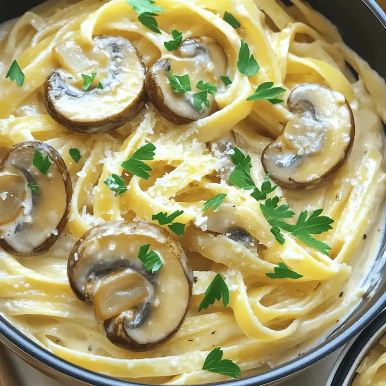 - 340 g Fettuccine oder Pasta nach Wahl - 225 g Cremini-Pilze, in Scheiben geschnitten - 240 ml Gemüsebrühe - 1 Teelöffel getrockneter Thymian - 1 Teelöffel italienische Gewürzmischung - 100 g frisch geriebener Parmesan-Käse - 2 Esslöffel Olivenöl - 1 mittlere Zwiebel, fein gehackt - 3 Knoblauchzehen, gehackt Ich liebe es, mit frischen Zutaten zu kochen. Die Auswahl der richtigen Zutaten ist wichtig für den Geschmack. Fettuccine passt gut zu dieser Sauce. Cremini-Pilze geben der Pasta eine schöne Textur. Sie sind aromatisch und schmecken köstlich. Gemüsebrühe bringt den Umami-Geschmack in das Gericht. Gewürze sind der Schlüssel. Getrockneter Thymian und italienische Gewürzmischung verleihen der Pasta Tiefe. Parmesan-Käse gibt das cremige Finish. Es ist wichtig, frischen Käse zu verwenden. So schmeckt die Pasta noch besser. Die Basis sind Olivenöl, Zwiebel und Knoblauch. Das Öl sorgt für einen guten Geschmack. Die Zwiebel macht die Sauce süßlich und aromatisch. Knoblauch bringt den klassischen italienischen Flair. All diese Zutaten zusammen schaffen ein wunderbares Gericht. Für weitere Details, schau dir das Full Recipe an. Zuerst hacken Sie die Zwiebel und den Knoblauch. Verwenden Sie eine scharfe Klinge für beste Ergebnisse. Schneiden Sie die Zwiebel in kleine Stücke. Der Knoblauch wird fein gehackt, um den Geschmack zu verstärken. Als nächstes schneiden Sie die Pilze. Ich empfehle, Cremini-Pilze zu verwenden, da sie einen reichen Geschmack haben. Schneiden Sie die Pilze in dünne Scheiben, damit sie gleichmäßig garen. Erhitzen Sie das Olivenöl in einem großen Topf bei mittlerer Hitze. Geben Sie die gehackte Zwiebel in den Topf und braten Sie sie etwa 3-4 Minuten an. Die Zwiebel sollte weich und durchsichtig sein. Fügen Sie dann den gehackten Knoblauch und die geschnittenen Pilze hinzu. Kochen Sie alles zusammen für 5-7 Minuten. Die Pilze sollten weich und goldbraun werden. Dieser Schritt bringt den vollen Geschmack der Zutaten heraus. Jetzt ist es Zeit für die Gemüsebrühe. Geben Sie die Brühe in den Topf und bringen Sie sie zum Köcheln. Dann fügen Sie die Fettuccine hinzu. Achten Sie darauf, dass die Pasta in der Brühe schwimmt. Kochen Sie die Pasta nach den Anweisungen auf der Verpackung, normalerweise etwa 10-12 Minuten. Rühren Sie gelegentlich um, damit nichts am Boden kleben bleibt. Wenn die Pasta gar ist, senken Sie die Hitze auf die niedrigste Stufe. Geben Sie die Schlagsahne, den Thymian, die italienische Gewürzmischung, Salz und Pfeffer hinzu. Mischen Sie alles gut. Fügen Sie den frisch geriebenen Parmesan-Käse hinzu und vermengen Sie ihn, bis die Sauce cremig ist. Erhitzen Sie die Pasta noch 2-3 Minuten, um alles durchzuwärmen. Servieren Sie die Pasta sofort. Garnieren Sie sie mit frischer Petersilie für einen schönen Farbkontrast. Für das vollständige Rezept, schauen Sie sich die Full Recipe an. Um die perfekte Konsistenz zu erreichen, ist das Verhältnis von Flüssigkeit und Pasta entscheidend. Verwende für 340 g Fettuccine etwa 480 ml Flüssigkeit. So wird die Sauce nicht zu dick oder dünn. Achte darauf, die Pasta gut zu umrühren, um ein Ankleben zu verhindern. Ein weiterer Tipp ist, die Hitze nicht zu hoch zu stellen. So verhinderst du das Überkochen der Sauce. Wenn die Pasta fast gar ist, nimm sie vom Herd und lass sie kurz stehen. Frische Kräuter können den Geschmack deiner Pasta stark verbessern. Petersilie oder Thymian passen perfekt zu diesem Gericht. Du kannst auch andere Gemüsesorten wie Spinat oder Erbsen hinzufügen. Diese bringen Farbe und zusätzlichen Geschmack. Das Hinzufügen von Knoblauch zum Anbraten der Zwiebeln verstärkt den Geschmack weiter. Für besondere Anlässe kannst du die Pasta in tiefen Schalen anrichten. Beträufle sie mit etwas Olivenöl und streue mehr Parmesan darüber. Das sieht nicht nur gut aus, sondern schmeckt auch toll. Dazu passen frisches Brot oder ein einfacher Salat. Ein Glas Weißwein rundet das Essen perfekt ab. Probiere auch, die Reste in einem luftdichten Behälter aufzubewahren. So bleibt die Pasta frisch für das nächste Essen. {{image_4}} Für eine vegetarische Version der One Pot Creamy Mushroom Pasta gibt es einige einfache Anpassungen. Du kannst die traditionelle Pasta durch Zucchini-Nudeln ersetzen. Zucchini-Nudeln sind leicht und gesund. Sie fügen eine frische Note hinzu und sind glutenfrei. Außerdem kannst du andere Gemüsesorten verwenden. Paprika, Spinat oder Brokkoli passen gut. Diese Gemüsesorten bringen Farbe und Nährstoffe. Du kannst sie einfach in die Pfanne geben, wenn die Zwiebeln gar sind. So schmeckt die Pasta noch besser. Wenn du mehr Protein möchtest, füge Hähnchen oder Garnelen hinzu. Diese Zutaten machen die Mahlzeit herzhaft. Hähnchenbrust kannst du klein schneiden und anbraten. Garnelen sind schnell und einfach zu kochen. Sie brauchen nur ein paar Minuten in der Pfanne. Für vegane Alternativen kannst du Tofu oder Kichererbsen verwenden. Tofu ist fleischig und nimmt Aromen gut auf. Kichererbsen sind nahrhaft und fügen eine tolle Textur hinzu. So bleibt die Pasta lecker und gesund. Experimentiere mit verschiedenen Kräutern und Gewürzen. Du kannst frischen Basilikum, Oregano oder Rosmarin verwenden. Diese Kräuter bringen neue Aromen in die Pasta. Ein Spritzer Zitronensaft kann die Geschmäcker aufhellen. Du kannst auch Chili-Flocken für eine scharfe Note probieren. Diese kleinen Änderungen machen das Gericht spannend und einzigartig. Um deine One Pot Creamy Mushroom Pasta frisch zu halten, lagere sie im Kühlschrank. Gib die Pasta in einen luftdichten Behälter. Achte darauf, dass der Deckel fest sitzt, um Luft und Feuchtigkeit fernzuhalten. Du kannst die Pasta auch einfrieren. Verwende dazu ebenfalls einen luftdichten Behälter oder einen Gefrierbeutel. Entferne so viel Luft wie möglich. Die Pasta bleibt im Kühlschrank etwa 3 bis 5 Tage frisch. Überprüfe die Frische, indem du auf Geruch und Aussehen achtest. Wenn die Pasta seltsam riecht oder sich die Farbe ändert, wirf sie weg. Du kannst die Pasta auch im Voraus zubereiten. Koche sie, lasse sie abkühlen und lagere sie dann in einem Behälter. Zum Wiedererwärmen der Pasta solltest du die Mikrowelle oder den Herd verwenden. Wenn du die Mikrowelle nutzt, stelle die Pasta in eine Schüssel und decke sie ab. Erhitze sie in Intervallen von 30 Sekunden. So wird sie gleichmäßig warm. Wenn du den Herd benutzt, gib die Pasta in eine Pfanne und füge etwas Wasser oder Brühe hinzu. Das hilft, die Cremigkeit zu bewahren. Rühre die Pasta gut um und erhitze sie bei niedriger Hitze. Die Zubereitung der One Pot Creamy Mushroom Pasta dauert insgesamt 30 Minuten. Die Vorbereitungszeit beträgt etwa 10 Minuten. In dieser Zeit hacken Sie die Zwiebeln und den Knoblauch und schneiden die Pilze. Danach kochen Sie die Pasta in einem großen Topf. Diese einfache Methode spart Zeit und Geschirr. Ja, Sie können die Pasta im Voraus zubereiten. Lassen Sie sie nach dem Kochen abkühlen. Füllen Sie die Pasta in einen luftdichten Behälter. Im Kühlschrank hält sie sich bis zu drei Tage. Zum Wiedererwärmen geben Sie etwas Wasser oder Brühe hinzu, um die Cremigkeit zu erhalten. Erhitzen Sie die Pasta in einem Topf bei mittlerer Hitze. Es gibt einige Zutaten, die Sie ersetzen können. Verwenden Sie zum Beispiel Spaghetti statt Fettuccine. Auch die Cremini-Pilze können Sie durch Champignons oder Shiitake ersetzen. Für die Brühe können Sie Gemüse- oder Hühnerbrühe nutzen. Diese Alternativen beeinflussen den Geschmack, sind aber lecker. Die One Pot Creamy Mushroom Pasta enthält gesunde Zutaten. Sie bietet Ballaststoffe aus den Pilzen und gesunde Fette aus dem Olivenöl. Um die Pasta gesünder zu machen, können Sie die Sahne durch pflanzliche Milch ersetzen. Fügen Sie auch mehr Gemüse wie Spinat oder Brokkoli hinzu. So erhöhen Sie den Nährwert dieser köstlichen Mahlzeit. In diesem Blogbeitrag haben wir alles über die One Pot Creamy Mushroom Pasta besprochen. Wir haben die Hauptzutaten wie Fettuccine, Cremini-Pilze und Gewürze betrachtet. Die Schritt-für-Schritt-Anleitung hilft dir, die perfekte Sauce zuzubereiten. Mit Tipps zur Konsistenz und Serviervorschlägen wirst du jedes Gericht verfeinern können. Vergiss nicht, die verschiedenen Variationen auszuprobieren und die Pasta richtig aufzubewahren. Diese Pasta ist einfach, lecker und vielseitig. Du hast alle Werkzeuge, um ein tolles Gericht zu kreieren. Viel Spaß beim Kochen!