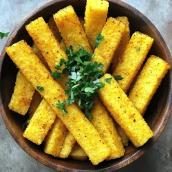Für kross gebackene Polenta-Pommes brauchst du folgende Zutaten: - 1 Tasse Polenta (Maismehl) - 4 Tassen Gemüsebrühe - 1 Teelöffel Knoblauchpulver - 1 Teelöffel Zwiebelpulver - 1 Teelöffel geräuchertes Paprikapulver - 1 Esslöffel Olivenöl - Salz und Pfeffer nach Geschmack - Frische Petersilie, gehackt (zur Garnitur) Die Wahl der Zutaten ist wichtig für den Geschmack. Ich empfehle, frische Gemüsebrühe zu verwenden. Sie gibt den Pommes viel mehr Geschmack. Achte darauf, dass deine Polenta fein ist. Eine gute Qualität macht den Unterschied. Das geräucherte Paprikapulver bringt eine interessante Note. Wähle eine Marke, die du kennst und magst. Falls du keine Gemüsebrühe hast, kannst du auch Wasser verwenden. Es wird nicht so kräftig, aber es funktioniert. Anstelle von Knoblauch- und Zwiebelpulver, kannst du frische Zwiebeln und Knoblauch nehmen. Sie geben einen tollen Geschmack. Für eine schärfere Variante kannst du Chili-Pulver hinzufügen. So variierst du den Geschmack ganz einfach. Um köstliche Polenta-Pommes zu machen, beginne mit der Polenta. Koche 4 Tassen Gemüsebrühe in einem mittelgroßen Topf. Das Wasser sollte sprudelnd kochen. Füge dann 1 Tasse Polenta hinzu, während du ständig rührst. Dies verhindert Klumpen. Nach 5 Minuten wird die Polenta dick. Jetzt kommt der Geschmack! Füge 1 Teelöffel Knoblauchpulver, 1 Teelöffel Zwiebelpulver und 1 Teelöffel geräuchertes Paprikapulver hinzu. Mische alles gut. Vergiss nicht, Salz und Pfeffer nach Geschmack hinzuzufügen. Gieße die Polenta in eine gefettete rechteckige Form. Sie sollte etwa 2,5 cm dick sein. Glätte die Oberfläche mit einem Spatel. Lass die Polenta für mindestens 30 Minuten bei Raumtemperatur abkühlen. Du kannst sie auch für 1-2 Stunden in den Kühlschrank stellen. Dadurch wird sie fester. Sobald die Polenta fest ist, schneide sie in Streifen. Diese sollten wie Pommes aussehen. Lege die Streifen auf ein mit Backpapier ausgelegtes Backblech. Beträufle sie mit 1 Esslöffel Olivenöl. Wende die Pommes leicht, damit sie gleichmäßig benetzt sind. Heize den Ofen auf 220°C vor. Backe die Pommes für 25-30 Minuten. Wende sie nach der Hälfte der Zeit, damit sie goldbraun und knusprig werden. Wenn die Pommes fertig sind, nimm sie aus dem Ofen. Lass sie kurz abkühlen. Garniere die Pommes mit frischer, gehackter Petersilie. Für eine ansprechende Präsentation serviere sie in einer kleinen Holzkiste oder auf einem rustikalen Holzbrett. Du kannst auch einen leckeren Dip in der Mitte platzieren. So wird dein Gericht noch besser! Für das vollständige Rezept, schau dir die [Full Recipe] an. Um knusprige Polenta-Pommes zu machen, beachte einige wichtige Punkte. Zuerst ist die Dicke der Polenta entscheidend. Schneide die Pommes in gleichmäßige Streifen. Dünnere Streifen werden schneller knusprig. Zweitens, achte darauf, die Polenta gut abkühlen zu lassen. Dies hilft, die Struktur zu festigen. Wenn du die Pommes vor dem Backen mit Olivenöl beträufelst, wird die Außenseite schön knusprig. Wende die Pommes beim Backen einmal, um eine gleichmäßige Bräunung zu erreichen. Einer der häufigsten Fehler ist, die Polenta zu dick zu machen. Wenn sie zu dick ist, wird sie nicht richtig knusprig. Ein weiterer Fehler ist, die Pommes nicht genug Platz auf dem Backblech zu geben. Überfüllte Pommes dämpfen sich gegenseitig. Achte darauf, dass sie genug Platz haben. Nutze immer Backpapier, um ein Ankleben zu verhindern. Zuletzt, stelle sicher, dass dein Ofen gut vorgeheizt ist. Ein heißer Ofen sorgt für die beste Kruste. Die richtigen Dips machen die Polenta-Pommes noch besser. Hier sind einige Vorschläge: - Kräuter-Joghurt-Dip: Frischer Joghurt mit Kräutern und Knoblauch. - Tomatensalsa: Würzige Salsa aus frischen Tomaten und Zwiebeln. - Käse-Dip: Schmelzkäse mit etwas Paprika und Pfeffer. - Avocado-Dip: Zerdrückte Avocado mit Limettensaft und Salz. Jeder Dip ergänzt den Geschmack der Pommes und bringt mehr Spaß beim Essen. Probiere sie aus und finde deinen Favoriten! {{image_4}} Du kannst die Polenta-Pommes leicht verändern. Füge verschiedene Gewürze hinzu, um neue Aromen zu kreieren. Zum Beispiel: - Italienische Mischung: Verwende italienische Kräuter wie Oregano und Basilikum. - Mexikanische Note: Probiere Kreuzkümmel und Chili-Pulver für einen würzigen Kick. - Asiatische Inspiration: Gebe Sesamöl und Ingwer für einen frischen Geschmack dazu. Jede dieser Kombinationen bringt deine Polenta-Pommes auf ein neues Level. Polenta ist von Natur aus vegan und glutenfrei. Das macht sie zu einer tollen Wahl für viele Diäten. Du kannst sie mit: - Gemüsebrühe: Benutze Gemüsebrühe, um den Geschmack zu intensivieren. - Pflanzlichen Ölen: Nutze Kokos- oder Avocadoöl für eine gesunde Fette. Diese Alternativen machen das Gericht zugänglich für alle. Die Form deiner Pommes kann den Genuss steigern. Du kannst kreativ werden: - Dünne Sticks: Schneide sie dünner für mehr Knusprigkeit. - Würfel: Mache kleine Würfel für einen anderen Biss. - Runde Scheiben: Schneide sie in Scheiben für eine neue Textur. Jede Form bietet ein einzigartiges Esserlebnis. Sei mutig und probiere verschiedene Varianten aus! Wenn du Polenta-Pommes übrig hast, lagere sie in einem luftdichten Behälter. Lasse sie zuerst auf Raumtemperatur abkühlen. So bleiben sie knusprig. Du kannst sie bis zu drei Tage im Kühlschrank aufbewahren. Achte darauf, die Pommes nicht übereinander zu stapeln. Das verhindert, dass sie matschig werden. Um die Pommes wieder knusprig zu machen, heize deinen Ofen auf 200°C (390°F) vor. Lege die Pommes auf ein Backblech und backe sie für etwa 10 bis 15 Minuten. Du kannst auch etwas Olivenöl darüber träufeln. So werden sie noch leckerer. Alternativ kannst du die Pommes in einer Pfanne mit etwas Öl auf dem Herd aufwärmen. Das sorgt für eine schöne Kruste. Für die beste Haltbarkeit friere die Polenta-Pommes ein. Lege sie in einen Gefrierbeutel und drücke die Luft heraus. So halten sie bis zu drei Monate. Um sie später zu verwenden, lasse sie im Kühlschrank auftauen und wärme sie wieder im Ofen auf. So bleiben Geschmack und Textur erhalten. Du kannst die Polenta-Pommes in einem luftdichten Behälter bis zu drei Tage aufbewahren. Achte darauf, sie gut abkühlen zu lassen, bevor du sie lagerst. Wenn du sie länger aufbewahren möchtest, friere sie ein. So bleiben sie bis zu drei Monate frisch. Ja, du kannst die Polenta-Pommes auch im Airfryer machen. Heize den Airfryer auf 200°C vor. Lege die Pommes in den Korb und backe sie etwa 15-20 Minuten, bis sie knusprig sind. Vergiss nicht, sie einmal während des Garens zu wenden, damit sie gleichmäßig bräunen. Polenta-Pommes passen gut zu vielen Dips und Beilagen. Probiere sie mit einem frischen Kräuter-Joghurt, einer würzigen Salsa oder klassischem Ketchup. Auch ein frischer Salat oder gegrilltes Gemüse ergänzt die Pommes perfekt. Für das vollständige Rezept, schau dir den [Full Recipe] an. In diesem Blogbeitrag haben wir die besten Zutaten für Polenta-Pommes besprochen. Ich habe dir Schritt-für-Schritt gezeigt, wie du sie zubereitest und mit verschiedenen Dips servierst. Außerdem hast du nützliche Tipps erhalten, um knusprige Pommes zu machen und häufige Fehler zu vermeiden. Wir schauten auch auf Variationen und die richtige Lagerung der übrig gebliebenen Pommes. Denk daran, dass Kochen Spaß macht. Du kannst immer kreativ sein. Probiere neue Geschmäcker und Formen aus, um dein Gericht einzigartig zu machen.