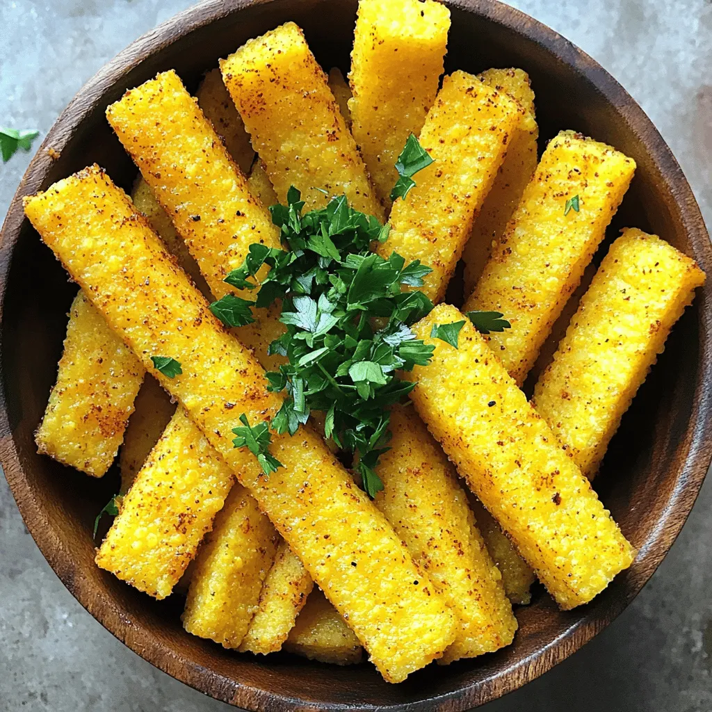 Für kross gebackene Polenta-Pommes brauchst du folgende Zutaten: - 1 Tasse Polenta (Maismehl) - 4 Tassen Gemüsebrühe - 1 Teelöffel Knoblauchpulver - 1 Teelöffel Zwiebelpulver - 1 Teelöffel geräuchertes Paprikapulver - 1 Esslöffel Olivenöl - Salz und Pfeffer nach Geschmack - Frische Petersilie, gehackt (zur Garnitur) Die Wahl der Zutaten ist wichtig für den Geschmack. Ich empfehle, frische Gemüsebrühe zu verwenden. Sie gibt den Pommes viel mehr Geschmack. Achte darauf, dass deine Polenta fein ist. Eine gute Qualität macht den Unterschied. Das geräucherte Paprikapulver bringt eine interessante Note. Wähle eine Marke, die du kennst und magst. Falls du keine Gemüsebrühe hast, kannst du auch Wasser verwenden. Es wird nicht so kräftig, aber es funktioniert. Anstelle von Knoblauch- und Zwiebelpulver, kannst du frische Zwiebeln und Knoblauch nehmen. Sie geben einen tollen Geschmack. Für eine schärfere Variante kannst du Chili-Pulver hinzufügen. So variierst du den Geschmack ganz einfach. Um köstliche Polenta-Pommes zu machen, beginne mit der Polenta. Koche 4 Tassen Gemüsebrühe in einem mittelgroßen Topf. Das Wasser sollte sprudelnd kochen. Füge dann 1 Tasse Polenta hinzu, während du ständig rührst. Dies verhindert Klumpen. Nach 5 Minuten wird die Polenta dick. Jetzt kommt der Geschmack! Füge 1 Teelöffel Knoblauchpulver, 1 Teelöffel Zwiebelpulver und 1 Teelöffel geräuchertes Paprikapulver hinzu. Mische alles gut. Vergiss nicht, Salz und Pfeffer nach Geschmack hinzuzufügen. Gieße die Polenta in eine gefettete rechteckige Form. Sie sollte etwa 2,5 cm dick sein. Glätte die Oberfläche mit einem Spatel. Lass die Polenta für mindestens 30 Minuten bei Raumtemperatur abkühlen. Du kannst sie auch für 1-2 Stunden in den Kühlschrank stellen. Dadurch wird sie fester. Sobald die Polenta fest ist, schneide sie in Streifen. Diese sollten wie Pommes aussehen. Lege die Streifen auf ein mit Backpapier ausgelegtes Backblech. Beträufle sie mit 1 Esslöffel Olivenöl. Wende die Pommes leicht, damit sie gleichmäßig benetzt sind. Heize den Ofen auf 220°C vor. Backe die Pommes für 25-30 Minuten. Wende sie nach der Hälfte der Zeit, damit sie goldbraun und knusprig werden. Wenn die Pommes fertig sind, nimm sie aus dem Ofen. Lass sie kurz abkühlen. Garniere die Pommes mit frischer, gehackter Petersilie. Für eine ansprechende Präsentation serviere sie in einer kleinen Holzkiste oder auf einem rustikalen Holzbrett. Du kannst auch einen leckeren Dip in der Mitte platzieren. So wird dein Gericht noch besser! Für das vollständige Rezept, schau dir die [Full Recipe] an. Um knusprige Polenta-Pommes zu machen, beachte einige wichtige Punkte. Zuerst ist die Dicke der Polenta entscheidend. Schneide die Pommes in gleichmäßige Streifen. Dünnere Streifen werden schneller knusprig. Zweitens, achte darauf, die Polenta gut abkühlen zu lassen. Dies hilft, die Struktur zu festigen. Wenn du die Pommes vor dem Backen mit Olivenöl beträufelst, wird die Außenseite schön knusprig. Wende die Pommes beim Backen einmal, um eine gleichmäßige Bräunung zu erreichen. Einer der häufigsten Fehler ist, die Polenta zu dick zu machen. Wenn sie zu dick ist, wird sie nicht richtig knusprig. Ein weiterer Fehler ist, die Pommes nicht genug Platz auf dem Backblech zu geben. Überfüllte Pommes dämpfen sich gegenseitig. Achte darauf, dass sie genug Platz haben. Nutze immer Backpapier, um ein Ankleben zu verhindern. Zuletzt, stelle sicher, dass dein Ofen gut vorgeheizt ist. Ein heißer Ofen sorgt für die beste Kruste. Die richtigen Dips machen die Polenta-Pommes noch besser. Hier sind einige Vorschläge: - Kräuter-Joghurt-Dip: Frischer Joghurt mit Kräutern und Knoblauch. - Tomatensalsa: Würzige Salsa aus frischen Tomaten und Zwiebeln. - Käse-Dip: Schmelzkäse mit etwas Paprika und Pfeffer. - Avocado-Dip: Zerdrückte Avocado mit Limettensaft und Salz. Jeder Dip ergänzt den Geschmack der Pommes und bringt mehr Spaß beim Essen. Probiere sie aus und finde deinen Favoriten! {{image_4}} Du kannst die Polenta-Pommes leicht verändern. Füge verschiedene Gewürze hinzu, um neue Aromen zu kreieren. Zum Beispiel: - Italienische Mischung: Verwende italienische Kräuter wie Oregano und Basilikum. - Mexikanische Note: Probiere Kreuzkümmel und Chili-Pulver für einen würzigen Kick. - Asiatische Inspiration: Gebe Sesamöl und Ingwer für einen frischen Geschmack dazu. Jede dieser Kombinationen bringt deine Polenta-Pommes auf ein neues Level. Polenta ist von Natur aus vegan und glutenfrei. Das macht sie zu einer tollen Wahl für viele Diäten. Du kannst sie mit: - Gemüsebrühe: Benutze Gemüsebrühe, um den Geschmack zu intensivieren. - Pflanzlichen Ölen: Nutze Kokos- oder Avocadoöl für eine gesunde Fette. Diese Alternativen machen das Gericht zugänglich für alle. Die Form deiner Pommes kann den Genuss steigern. Du kannst kreativ werden: - Dünne Sticks: Schneide sie dünner für mehr Knusprigkeit. - Würfel: Mache kleine Würfel für einen anderen Biss. - Runde Scheiben: Schneide sie in Scheiben für eine neue Textur. Jede Form bietet ein einzigartiges Esserlebnis. Sei mutig und probiere verschiedene Varianten aus! Wenn du Polenta-Pommes übrig hast, lagere sie in einem luftdichten Behälter. Lasse sie zuerst auf Raumtemperatur abkühlen. So bleiben sie knusprig. Du kannst sie bis zu drei Tage im Kühlschrank aufbewahren. Achte darauf, die Pommes nicht übereinander zu stapeln. Das verhindert, dass sie matschig werden. Um die Pommes wieder knusprig zu machen, heize deinen Ofen auf 200°C (390°F) vor. Lege die Pommes auf ein Backblech und backe sie für etwa 10 bis 15 Minuten. Du kannst auch etwas Olivenöl darüber träufeln. So werden sie noch leckerer. Alternativ kannst du die Pommes in einer Pfanne mit etwas Öl auf dem Herd aufwärmen. Das sorgt für eine schöne Kruste. Für die beste Haltbarkeit friere die Polenta-Pommes ein. Lege sie in einen Gefrierbeutel und drücke die Luft heraus. So halten sie bis zu drei Monate. Um sie später zu verwenden, lasse sie im Kühlschrank auftauen und wärme sie wieder im Ofen auf. So bleiben Geschmack und Textur erhalten. Du kannst die Polenta-Pommes in einem luftdichten Behälter bis zu drei Tage aufbewahren. Achte darauf, sie gut abkühlen zu lassen, bevor du sie lagerst. Wenn du sie länger aufbewahren möchtest, friere sie ein. So bleiben sie bis zu drei Monate frisch. Ja, du kannst die Polenta-Pommes auch im Airfryer machen. Heize den Airfryer auf 200°C vor. Lege die Pommes in den Korb und backe sie etwa 15-20 Minuten, bis sie knusprig sind. Vergiss nicht, sie einmal während des Garens zu wenden, damit sie gleichmäßig bräunen. Polenta-Pommes passen gut zu vielen Dips und Beilagen. Probiere sie mit einem frischen Kräuter-Joghurt, einer würzigen Salsa oder klassischem Ketchup. Auch ein frischer Salat oder gegrilltes Gemüse ergänzt die Pommes perfekt. Für das vollständige Rezept, schau dir den [Full Recipe] an. In diesem Blogbeitrag haben wir die besten Zutaten für Polenta-Pommes besprochen. Ich habe dir Schritt-für-Schritt gezeigt, wie du sie zubereitest und mit verschiedenen Dips servierst. Außerdem hast du nützliche Tipps erhalten, um knusprige Pommes zu machen und häufige Fehler zu vermeiden. Wir schauten auch auf Variationen und die richtige Lagerung der übrig gebliebenen Pommes. Denk daran, dass Kochen Spaß macht. Du kannst immer kreativ sein. Probiere neue Geschmäcker und Formen aus, um dein Gericht einzigartig zu machen.