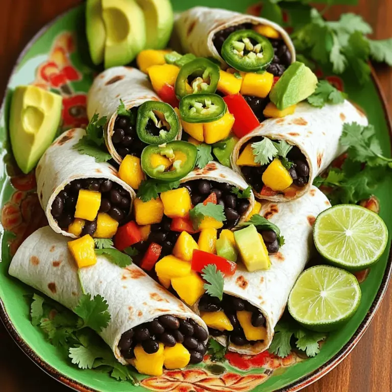 - 1 reife Mango, gewürfelt - 1 Dose schwarze Bohnen, abgespült und abgetropft - 1 rote Paprika, gewürfelt - 1 Avocado, in Scheiben geschnitten - 1 kleine rote Zwiebel, fein gehackt - 1 Jalapeño-Pfeffer, gewürfelt (Kerne entfernt für weniger Schärfe) - 2 Esslöffel Limettensaft - 1 Esslöffel Olivenöl - 1 Teelöffel Kreuzkümmel - 1/2 Teelöffel geräuchertes Paprika-Pulver - Salz und Pfeffer nach Geschmack - 4 große Vollkorn-Tortillas - Frische Korianderblätter zur Garnitur Frische Zutaten sind der Schlüssel zu leckeren Wraps. Achte darauf, dass die Mango reif und süß ist. Die Paprika sollte knackig sein und leuchtende Farben haben. Die Avocado muss weich, aber nicht matschig sein. Ein guter Jalapeño hat eine feste Textur und einen frischen Geruch. Wenn du frische Kräuter wie Koriander verwendest, wähle die grünsten Blätter. Wenn du keine schwarze Bohnen magst, nimm Kidneybohnen oder Kichererbsen. Für weniger Schärfe kannst du die Jalapeño weglassen oder durch eine milde Paprika ersetzen. Anstatt Limettensaft kann auch Zitronensaft verwendet werden. Wenn du keinen Kreuzkümmel hast, probiere getrockneten Oregano. So kannst du die Wraps nach deinem Geschmack anpassen. Für das vollständige Rezept besuche die Seite [Full Recipe]. Um die Füllung für die Wraps zu machen, nimm eine große Schüssel. Füge die gewürfelte Mango, die schwarzen Bohnen und die gewürfelte rote Paprika hinzu. Die Mango bringt Süße, während die schwarzen Bohnen Protein liefern. Dann gib die geschnittene Avocado und die gewürfelte Jalapeño dazu. Diese Mischung sorgt für einen tollen Geschmack. In einer kleinen Schüssel vermische den Limettensaft, das Olivenöl, den Kreuzkümmel, das geräucherte Paprika-Pulver, Salz und Pfeffer. Gieße die Mischung über die anderen Zutaten und mische alles gut. So bleiben die Bohnen und die Mango schön knackig. Lege die großen Vollkorn-Tortillas flach auf eine saubere Fläche. Nimm eine großzügige Portion der Mango-Schwarze-Bohnen-Mischung und gib sie in die Mitte der Tortilla. Achte darauf, nicht zu viel zu nehmen, damit du die Wraps gut rollen kannst. Klappe die Seiten der Tortilla ein und rolle sie dann von unten nach oben straff auf. So bleibt die Füllung schön drin. Wiederhole diesen Schritt mit allen Tortillas. Wenn du fertig bist, schneide jeden Wrap diagonal in zwei Hälften. Das macht das Essen einfacher und sieht gut aus. Jetzt wird es Zeit, die Wraps hübsch zu präsentieren. Lege die Wraps auf ein buntes Tablett. Garniere sie mit frischen Korianderblättern für einen Farbtupfer und mehr Geschmack. Du kannst auch einige Limettenviertel auf die Seite legen. So hat jeder die Möglichkeit, etwas frischen Limettensaft hinzuzufügen. Diese Wraps sind nicht nur lecker, sondern sehen auch toll aus! Wenn du mehr über die Zubereitung erfahren möchtest, schaue dir das Full Recipe an. Um die besten Frucht zu bekommen, achte auf die Farbe und die Festigkeit. Eine reife Mango hat eine schöne, tiefgelbe oder rote Farbe. Sie sollte leicht nachgeben, wenn du sanft drückst. Bei der Avocado ist es ähnlich. Sie sollte weich, aber nicht matschig sein. Vermeide grüne oder harte Früchte. Diese sind noch nicht reif und schmecken nicht gut in deinem Wrap. Lagere die Wraps in einem luftdichten Behälter. So bleiben sie frisch und lecker. Wenn du sie nicht sofort isst, lege ein Stück Papier zwischen die Wraps. Das verhindert, dass sie aneinander kleben. Du kannst die Wraps auch in Frischhaltefolie einwickeln. So bleiben sie weich und feucht. Stelle sicher, dass sie im Kühlschrank sind, um die Haltbarkeit zu verlängern. Wenn du viele Wraps machen möchtest, bereite die Füllung in einer großen Schüssel vor. Das spart Zeit. Du kannst auch die Zutaten für die Füllung im Voraus schneiden. Bewahre sie in separaten Behältern auf. So hast du alles bereit, wenn du die Wraps machen willst. Wenn du der Füllung etwas mehr Geschmack geben möchtest, füge mehr Gewürze hinzu. So wird jeder Biss lecker. Für das volle Rezept, schau dir die [Full Recipe] an. {{image_4}} Die Wraps sind schon fast vegan. Um sie rein pflanzlich zu machen, lassen Sie die Avocado weg oder ersetzen Sie sie durch Hummus. Hummus macht die Wraps cremig. Sie können auch pflanzlichen Joghurt verwenden. Dieser gibt einen frischen Geschmack. Um die Wraps proteinreicher zu machen, fügen Sie Tofu oder Tempeh hinzu. Braten Sie den Tofu in etwas Olivenöl an, bevor Sie ihn in die Wraps geben. Tempeh kann auch gewürzt und angebraten werden. Diese Zutaten machen die Wraps sättigender. Die Wraps schmecken gut mit verschiedenen Beilagen. Ein frischer Salat passt perfekt dazu. Sie können auch Chips und Salsa servieren. Dips wie Guacamole oder veganer Joghurt ergänzen die Wraps. Diese Kombination macht das Essen noch interessanter. Für die vollständige Anleitung und das Rezept schauen Sie sich das [Full Recipe] an. Um die Wraps frisch zu halten, lege sie in einen luftdichten Behälter. Dies verhindert, dass sie trocken werden. Du kannst die Wraps bis zu drei Tage im Kühlschrank aufbewahren. Stelle sicher, dass die Füllung gut abgekühlt ist, bevor du sie lagerst. Das schützt die Tortillas vor dem Durchweichen. Wenn du die Wraps länger lagern möchtest, friere sie ein. Wickel jeden Wrap in Frischhaltefolie ein. Lege die eingewickelten Wraps in einen gefrierfesten Beutel. So bleiben sie bis zu drei Monate frisch. Um sie zu genießen, taue die Wraps einfach im Kühlschrank auf. Danach kannst du sie in einer Pfanne oder Mikrowelle leicht aufwärmen. Prüfe die Wraps vor dem Verzehr. Achte auf Veränderungen in der Farbe oder Textur. Wenn die Tortillas brüchig oder die Füllung unangenehm riecht, wirf sie weg. Frische Zutaten sind wichtig für den Geschmack und die Gesundheit. Wenn du unsicher bist, ist es besser, auf Nummer sicher zu gehen. Die Wraps halten sich im Kühlschrank bis zu drei Tage. Lagern Sie sie in einem luftdichten Behälter. Achten Sie darauf, die Tortillas nicht zu lange mit der Füllung zu kombinieren. So bleibt die Textur der Tortilla weich und frisch. Wenn Sie die Wraps länger aufbewahren möchten, wickeln Sie sie in Frischhaltefolie. Ja, Sie können die Wraps leicht erwärmen. Wickeln Sie sie in Alufolie und legen Sie sie in den Ofen bei 180 Grad für etwa 10 Minuten. So schmelzen die Aromen besser zusammen. Achten Sie darauf, die Füllung nicht zu überhitzen, damit die frischen Zutaten nicht weich werden. Diese Wraps schmecken toll mit einem frischen Salat oder einem cremigen Joghurt-Dip. Sie können auch Tortillachips und Salsa servieren, um mehr Crunch zu bieten. Ein spritziger Limettensaft über die Wraps gibt einen zusätzlichen Kick. Für einen gesunden Twist probieren Sie dazu Quinoa oder braunen Reis. Für das vollständige Rezept schauen Sie sich bitte den Abschnitt "Vollständiges Rezept" an. Die Würzigen Mango-Schwarze-Bohnen-Wraps sind einfach und lecker. Wir haben die Zutaten aufgelistet und Tipps gegeben, um frische Produkte auszuwählen. Die Schritt-für-Schritt-Anleitung hilft dir, die Füllung vorzubereiten und die Wraps zu rollen. Zudem bieten wir Variationen für jede Vorliebe an. Du kannst die Wraps auch richtig lagern, um ihre Frische zu bewahren. Diese Wraps sind nicht nur nahrhaft, sondern auch vielseitig. Entdecke ihre vielen Möglichkeiten in deiner Küche.