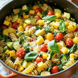 Für dieses einfache Rezept brauchst du frische und gesunde Zutaten. Hier ist die Liste: - 340 g Vollkorn- oder glutenfreie Pasta - 2 Esslöffel Olivenöl - 1 mittelgroße Zucchini, gewürfelt - 1 mittelgroße gelbe Zucchini, gewürfelt - 1 rote Paprika, gewürfelt - 240 g Kirschtomaten, halbiert - 240 g frischer Spinat - 4 Knoblauchzehen, gehackt - 950 ml Gemüsebrühe - 1 Teelöffel getrocknete italienische Kräuter (Oregano, Basilikum, Thymian) - 1/2 Teelöffel rote Paprikaflocken (optional) - Salz und Pfeffer nach Geschmack - Frische Basilikumblätter zur Garnitur - Geriebener Parmesan (optional als Beilage) Diese Zutaten machen dein Gericht bunt und lecker. Die frischen Kräuter geben viel Aroma. Um diese Ein-Topf Pasta zu kochen, benötigst du einige Küchenutensilien: - Ein großer Topf - Ein Holzlöffel zum Rühren - Ein scharfes Messer zum Schneiden - Ein Schneidebrett für die Vorbereitung Diese Werkzeuge helfen dir, alles schnell und einfach zuzubereiten. Die Ein-Topf Sommer Gemüse Pasta ist gesund und nahrhaft. Hier sind einige wichtige Punkte: - Vollkornpasta bietet Ballaststoffe. - Frisches Gemüse liefert Vitamine und Mineralien. - Das Gericht ist oft fettarm, wenn du auf Öl achtest. Diese Pasta ist ideal für einen leichten Sommerabend. Sie versorgt dich mit Energie und ist dabei leicht verdaulich. Beginne mit der Vorbereitung der Zutaten. Das macht das Kochen leichter. Du brauchst: - 340 g Vollkorn- oder glutenfreie Pasta - 2 Esslöffel Olivenöl - 1 mittelgroße Zucchini, gewürfelt - 1 mittelgroße gelbe Zucchini, gewürfelt - 1 rote Paprika, gewürfelt - 240 g Kirschtomaten, halbiert - 240 g frischer Spinat - 4 Knoblauchzehen, gehackt - 950 ml Gemüsebrühe - 1 Teelöffel getrocknete italienische Kräuter (Oregano, Basilikum, Thymian) - 1/2 Teelöffel rote Paprikaflocken (optional) - Salz und Pfeffer nach Geschmack - Frische Basilikumblätter zur Garnitur - Geriebener Parmesan (optional als Beilage) Wasche und schneide das Gemüse. Das sorgt für gleichmäßiges Kochen. Halbiere die Kirschtomaten und hacke den Knoblauch. Erhitze in einem großen Topf das Olivenöl bei mittlerer Temperatur. Füge den gehackten Knoblauch hinzu und brate ihn für 1-2 Minuten an. Er sollte duften, aber nicht braun werden. Gib die gewürfelte Zucchini, die gelbe Zucchini und die rote Paprika in den Topf. Brate das Gemüse für 3-4 Minuten an, bis es weich wird. Rühre die halbierten Kirschtomaten, die getrockneten Kräuter und die roten Paprikaflocken ein. Mische alles gut durch. Gieße die Gemüsebrühe hinein und bringe die Mischung zum Kochen. Füge die Pasta hinzu und rühre um. Decke den Topf ab. Koche die Pasta für 10-12 Minuten. Rühre gelegentlich um, bis die Pasta al dente ist. Füge den frischen Spinat hinzu. Rühre ihn ein, bis er verwelkt ist, was etwa 1-2 Minuten dauert. Justiere die Gewürze nach deinem Geschmack. Nimm den Topf vom Herd. Lasse ihn einige Minuten zugedeckt ruhen, damit die Aromen sich verbinden. Serviere das Gericht warm. Garniere es mit frischen Basilikumblättern. Füge nach Belieben geriebenen Parmesan hinzu. Das Gericht sieht toll aus und schmeckt frisch. Du wirst die Aromen lieben! Du kannst die vollständige Rezeptanleitung für weitere Details nachlesen. Um die perfekte al dente Pasta zu kochen, achte darauf, die Zeit genau einzuhalten. Koche die Pasta nur 10-12 Minuten in der Brühe. Rühre sie dabei häufig um. Probiere sie kurz vor Ende der Kochzeit. Sie sollte weich, aber noch bissfest sein. Wenn du sie zu lange kochst, wird sie matschig. Die Aromen sind der Schlüssel zu diesem Gericht. Verwende frische Kräuter und Gewürze, um den Geschmack zu heben. Das Olivenöl bringt die Aromen der Zutaten hervor. Füge Knoblauch früh hinzu, für einen kräftigen Geschmack. Italienische Kräuter wie Oregano und Basilikum passen perfekt. Rote Paprikaflocken geben einen leichten Kick. Taste das Gericht ab, um die Gewürze nach deinem Wunsch anzupassen. Ein häufiges Problem ist die Überkochen der Pasta. Halte die Kochzeit im Auge. Wenn die Pasta zu trocken wird, füge etwas mehr Brühe hinzu. Wenn das Gemüse zu weich wird, reduziere die Kochzeit in der ersten Phase. Achte darauf, dass dein Topf groß genug ist, damit alles gut kochen kann. Wenn du Reste hast, lagere sie im Kühlschrank. Erwärme sie sanft in der Mikrowelle oder in einer Pfanne. {{image_4}} Wenn du ein einfaches Rezept suchst, ist diese Pasta perfekt. Du kannst sie leicht anpassen. Für eine vegetarische Version lass den Parmesan einfach weg. Möchtest du es vegan machen? Nutze pflanzliche Brühe und lasse den Käse weg. Du kannst viele verschiedene Gemüsesorten hinzufügen. Brokkoli, Karotten oder Auberginen passen gut dazu. Diese Gemüsesorten bringen Farbe und Geschmack ins Gericht. Experimentiere mit dem, was du magst oder was gerade Saison hat. Achte auf Allergien oder Unverträglichkeiten. Wenn du glutenfrei bist, wähle glutenfreie Pasta. Manche Menschen vertragen kein Nachtschatten-Gemüse wie Paprika oder Tomaten. In diesem Fall verwende Zucchini und Spinat als Basis. So bleibt das Rezept lecker und sicher für alle. Nach dem Kochen kannst du deine Ein-Topf Sommer Gemüse Pasta ganz einfach im Kühlschrank aufbewahren. Lass das Gericht zuerst abkühlen. Fülle es dann in einen luftdichten Behälter. So bleibt die Pasta frisch. Sie hält sich etwa 3 bis 4 Tage. Wenn du eine größere Menge gekocht hast, kannst du sie auch einfrieren. Teile die Pasta in Portionen auf. Nutze gefrierfeste Behälter oder Beutel. Achte darauf, so viel Luft wie möglich zu entfernen. Zum Auftauen legst du die gefrorene Pasta einfach über Nacht in den Kühlschrank. Du kannst sie auch direkt in der Mikrowelle oder in einem Topf aufwärmen. Die Haltbarkeit der Pasta ist wichtig. Nach dem Einfrieren bleibt sie etwa 2 bis 3 Monate gut. Du kannst Reste auch kreativ nutzen. Füge sie zu einem Salat hinzu oder mache eine neue Sauce. Das gibt dir viele Möglichkeiten, um Abwechslung in deine Mahlzeiten zu bringen. Die Zubereitung dauert insgesamt etwa 30 Minuten. Davon entfallen 10 Minuten auf die Vorbereitung. Das Kochen selbst nimmt etwa 20 Minuten in Anspruch. Diese Zeit ist ideal, um ein schnelles und leckeres Gericht zu genießen. Perfekt für warme Tage, wenn Sie nicht lange in der Küche stehen wollen. Ja, Sie können andere Pasta-Sorten verwenden. Vollkorn- oder glutenfreie Pasta sind gute Optionen. Auch frische Pasta kann gut funktionieren. Achten Sie darauf, die Kochzeit entsprechend anzupassen. Frische Pasta benötigt weniger Zeit als getrocknete. Experimentieren Sie ruhig mit verschiedenen Formen, wie Penne oder Fussili, um Abwechslung auf den Teller zu bringen. Zu dieser Pasta passen viele Beilagen. Ein frischer grüner Salat ist eine tolle Wahl. Auch ein knuspriges Baguette ergänzt das Gericht gut. Für mehr Protein können Sie gegrilltes Hähnchen oder Garnelen hinzufügen. Diese Beilagen machen Ihr Essen noch schmackhafter und vollständiger. Die Ein-Topf Sommer Gemüse Pasta bleibt jedoch der Star des Tisches, besonders wenn Sie das [Full Recipe] befolgen! Die Ein-Topf Sommer Gemüse Pasta ist einfach und lecker. Ich habe die Hauptzutaten und die Schritte zur Zubereitung erklärt. Tipps für perfekte Pasta und Variationen, um sie anzupassen, helfen dir, kreativ zu sein. Du kannst sie leicht lagern und aufbewahren. Mit diesen Informationen bist du bereit, das Gericht selbst zu kochen. Viel Spaß beim Ausprobieren!