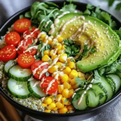 Für die Sommer Veggie Bowl brauchst du einige frische Zutaten. Hier ist, was du benötigst: - 1 Tasse Quinoa, gründlich gewaschen - 2 Tassen Wasser - 1 Tasse Kirschtomaten, halbiert - 1 Gurke, gewürfelt - 1 Paprika (nach Wahl), gewürfelt - 1 Tasse Mais (frisch oder gefroren) - 1 Avocado, in Scheiben geschnitten - 1 Tasse gemischte Salatblätter (Spinat, Rucola) Diese Zutaten sorgen für einen bunten Teller voller Geschmack und Nährstoffe. Quinoa bietet dir eine gute Basis. Die frischen Gemüse und die Avocado bringen Textur und gesunde Fette in die Bowl. Das Dressing ist der Star dieser Bowl. Du brauchst: - 3 Esslöffel Tahini - 2 Esslöffel Zitronensaft - 1 Esslöffel Ahornsirup oder Honig (für die Süße) - 1-2 Esslöffel Wasser (zum Verdünnen) - Salz nach Geschmack Das Dressing hat einen tollen, nussigen Geschmack durch das Tahini. Der Zitronensaft fügt Frische hinzu, und der Ahornsirup bringt eine süße Note. Frische Zutaten machen einen großen Unterschied. Hier sind einige Tipps: - Wähle saisonale Gemüseoptionen. Diese sind oft frischer und schmackhafter. - Achte auf biologische Produkte, wenn möglich. Sie sind frei von Pestiziden und oft gesünder. Wenn du frische und gute Zutaten wählst, wird deine Sommer Veggie Bowl noch besser schmecken. Für die vollständige Zubereitung schaue dir das [Full Recipe] an. Um die Quinoa perfekt zuzubereiten, bringe zuerst 2 Tassen Wasser zum Kochen. Sobald das Wasser sprudelt, füge die gewaschene Quinoa hinzu. Reduziere die Hitze und decke den Topf ab. Lass die Quinoa etwa 15 Minuten köcheln. Sie sollte am Ende fluffig sein und das Wasser gut aufnehmen. Während die Quinoa kocht, schneide die Kirschtomaten, Gurke und Paprika in kleine Stücke. Nimm die Avocado und schäle sie vorsichtig. Schneide sie dann in schöne Scheiben. Wenn du gefrorenen Mais benutzt, tau ihn in warmem Wasser auf oder erwärme ihn für eine Minute in der Mikrowelle. Für das Dressing mische 3 Esslöffel Tahini mit 2 Esslöffeln Zitronensaft in einer kleinen Schüssel. Füge 1 Esslöffel Ahornsirup oder Honig hinzu, um etwas Süße zu bekommen. Gib eine Prise Salz dazu. Mische alles gut und füge nach Bedarf 1-2 Esslöffel Wasser hinzu, bis die Konsistenz gut ist. Nimm eine große Schüssel. Schichte die abgekühlte Quinoa, die gemischten Salatblätter, Kirschtomaten, Gurke, Paprika, Mais und Avocado schön übereinander. Achte darauf, alles gleichmäßig zu verteilen. Jetzt kommt der beste Teil! Träufle das Zitronen-Tahini-Dressing großzügig über die gesamte Bowl. Vermenge alles vorsichtig, sodass das Dressing alle Zutaten gleichmäßig umhüllt. Du wirst sehen, wie schön bunt und appetitlich das Gericht aussieht! Für die vollständige Anleitung schaue dir das Full Recipe an. Um Quinoa richtig zu kochen, wasche sie zuerst gründlich. Dies entfernt Bitterstoffe. Bringe dann zwei Tassen Wasser zum Kochen. Gib die gewaschene Quinoa ins kochende Wasser. Reduziere die Hitze und decke den Topf ab. Lass die Quinoa etwa 15 Minuten köcheln. Wenn das Wasser verdampft ist, nimm den Topf vom Herd. Lass die Quinoa einige Minuten ruhen. So wird sie schön fluffig und locker. Das Zitronen-Tahini-Dressing kann nach deinem Geschmack angepasst werden. Du kannst mehr Ahornsirup für die Süße hinzufügen. Für mehr Säure, gib einfach etwas mehr Zitronensaft dazu. Wenn das Dressing zu dick ist, füge einen Esslöffel Wasser hinzu. Rühre gut um, bis die gewünschte Konsistenz erreicht ist. So passt das Dressing perfekt zu deinem Gemüse. Die Präsentation macht viel aus. Achte auf die Farben der Zutaten. Verwende bunte Gemüsesorten wie rote Paprika und gelben Mais. Diese Farben machen die Bowl attraktiv. Du kannst die Zutaten schichtweise anrichten. So sieht jeder Bissen gut aus. Garniere die Bowl mit frischen Kräutern oder Sesamsamen für den letzten Schliff. Eine ansprechende Bowl macht das Essen noch mehr Spaß. Für die vollständige Zubereitung besuche das [Full Recipe]. {{image_4}} Sie können die Sommer Veggie Bowl leicht anpassen. Fügen Sie alternative Proteine hinzu, um mehr Nährstoffe zu erhalten. Für Vegetarier sind Kichererbsen oder schwarze Bohnen ideal. Diese Hülsenfrüchte sind nahrhaft und geben einen tollen Geschmack. Veganer können auch Tofu oder Tempeh nutzen. Braten Sie den Tofu in etwas Olivenöl an, damit er knusprig wird. Tempeh ist eine gute Wahl für zusätzlichen Eiweißgehalt. Beide Optionen passen gut zu unserem Zitronen-Tahini-Dressing. Wenn Sie glutenfrei essen, ist diese Bowl perfekt für Sie. Alle Zutaten sind von Natur aus glutenfrei. Achten Sie darauf, auch glutenfreie Quinoa zu wählen. Quinoa ist von Natur aus glutenfrei und eine großartige Basis für diese Bowl. Vermeiden Sie auch Dressings mit Gluten, indem Sie sicherstellen, dass alle Zutaten sicher sind. So bleibt Ihr Gericht lecker und gesund. Passen Sie die Gemüse-Bowl je nach Saison an. Im Sommer sind frische Tomaten und Gurken perfekt. Im Herbst können Sie Kürbis oder Süßkartoffeln verwenden. Diese Gemüsesorten bringen eine süße Note. Wintergemüse wie Rosenkohl oder Karotten geben einen tollen Crunch. Wählen Sie saisonale Produkte aus Ihrem lokalen Markt. So unterstützen Sie die Umwelt und genießen den besten Geschmack. Um die Reste deiner Sommer Veggie Bowl mit Zitronen-Tahini-Dressing frisch zu halten, lagere alles im Kühlschrank. Packe die Zutaten in luftdichte Behälter. Trenne das Dressing von den anderen Zutaten. So bleibt der Geschmack besser erhalten. Du kannst das Gemüse und die Quinoa bis zu drei Tage aufbewahren. Die Frische der Zutaten ist wichtig. Achte darauf, dass du reife und knackige Produkte wählst. Die Kirschtomaten sollten fest sein, und die Avocado sollte leicht drücken, aber nicht zu weich sein. Salatblätter bleiben frisch, wenn du sie ungeschnitten lagerst. So halten sie länger. Verbrauche die Bowl innerhalb von drei Tagen, um die beste Qualität zu genießen. Du kannst Reste einfach aufpeppen. Ein schnelles Omelett mit dem Gemüse ist lecker. Oder mache einen bunten Wrap mit Tortillas. Vermische die Reste mit Pasta für einen schnellen Salat. Auch als Füllung für gefüllte Paprika sind sie perfekt. Sei kreativ und nutze, was du hast! So vermeidest du Lebensmittelverschwendung und hast neue Gerichte. Für das vollständige Rezept schau dir das Rezept an. Die Sommerliche Gemüse-Bowl bleibt im Kühlschrank etwa drei Tage frisch. Lagern Sie sie in einem luftdichten Behälter. Achten Sie darauf, das Dressing separat aufzubewahren. So bleiben die Zutaten knackig und frisch. Ja, das Dressing kann Sie bis zu einer Woche im Kühlschrank aufbewahren. Stellen Sie sicher, dass Sie es in einem gut verschlossenen Glas aufbewahren. Vor dem Servieren einfach gut schütteln, um die Konsistenz zu verbessern. Wenn Sie keine Quinoa mögen, probieren Sie braunen Reis oder Couscous. Diese Alternativen sind einfach zuzubereiten und passen gut zu den anderen Zutaten der Bowl. Sie können auch Linsen verwenden für zusätzlichen Geschmack und Nährstoffe. Ja, die Bowl ist sehr nahrhaft. Sie enthält viele Vitamine, Mineralien und Ballaststoffe. Quinoa liefert pflanzliches Protein. Gemüse wie Paprika und Tomaten sind reich an Antioxidantien. Avocado bringt gesunde Fette mit. Ja, das Rezept lässt sich leicht verdoppeln oder verdreifachen. Verdoppeln Sie einfach alle Zutaten. Achten Sie darauf, die Kochzeiten leicht anzupassen, falls nötig. So können Sie eine große Menge für Familie oder Freunde zubereiten. Die Gemüse-Bowl bietet frische und gesunde Zutaten wie Quinoa, Gemüse und ein leckeres Dressing. Du kannst sie leicht zubereiten und anpassen. Denke daran, frische, saisonale Produkte zu wählen, um den besten Geschmack zu genießen. Experimentiere mit Variationen und bewahre die Reste clever auf. Mit diesen Tipps und Tricks machst du die perfekte Bowl für dich und deine Familie. Probiere es aus und genieße die Vorteile eines gesunden Essens!