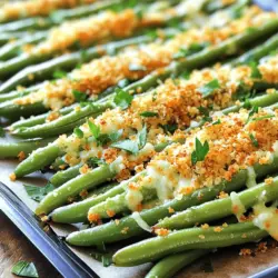 Für die Baked Parmesan Green Beans brauche ich die folgenden Zutaten: - 450 g frische grüne Bohnen, geputzt - 100 g geriebener Parmesan-Käse - 50 g Semmelbrösel (bevorzugt Vollkorn) - 3 Esslöffel Olivenöl - 2 Knoblauchzehen, fein gehackt - 1 Teelöffel Paprika - 1/2 Teelöffel Salz - 1/2 Teelöffel schwarzer Pfeffer - 1 Esslöffel Zitronenschale - Frische Petersilie zur Garnierung (optional) Um die grünen Bohnen perfekt zuzubereiten, benötige ich einige wichtige Utensilien: - Ein großes Backblech - Backpapier - Eine große Schüssel - Eine kleine Schüssel - Ein Schneidebrett und ein scharfes Messer - Ein Esslöffel und ein Teelöffel für das Messen - Ein Ofen, vorgeheizt auf 200°C Achte beim Kauf der grünen Bohnen auf Folgendes: - Wähle Bohnen mit einer leuchtend grünen Farbe. - Sie sollten fest und knackig sein, nicht schlaff oder welk. - Die Enden sollten frisch aussehen, ohne braune Stellen. - Wenn möglich, kaufe lokale Bohnen. Diese schmecken oft besser und sind frischer. Mit diesen Zutaten und Tipps gelingen die Baked Parmesan Green Beans ganz sicher. Sie sind einfach zu machen und schmecken einfach köstlich. Wenn du mehr Details zur Zubereitung willst, schau dir die Full Recipe an. Zuerst wasche die frischen grünen Bohnen gründlich. Du willst sicherstellen, dass sie sauber sind. Schneide die Enden der Bohnen ab. So wird der Geschmack besser. Nimm eine große Schüssel und gib die Bohnen hinein. Füge den fein gehackten Knoblauch und das Olivenöl hinzu. Mische alles gut. Die Bohnen sollten gleichmäßig mit Öl bedeckt sein. Jetzt ist es Zeit für die Gewürze. Streue Salz, Pfeffer und Paprika über die Bohnen. Vermenge alles erneut, damit die Aromen sich verbinden. In einer zweiten Schüssel kombinierst du den geriebenen Parmesan-Käse mit Semmelbröseln. Das gibt der Mischung einen tollen Crunch. Füge die Zitronenschale hinzu. Sie gibt eine frische Note. Mische alles gut durch, bis es gleichmäßig aussieht. Die Käse-Beschichtung ist wichtig für den Geschmack. Sie wird knusprig, wenn du die Bohnen backst. Heize deinen Ofen auf 200°C vor. Nimm ein Backblech und lege es mit Backpapier aus. Verteile die marinierten Bohnen gleichmäßig darauf. Es ist wichtig, dass sie nicht übereinander liegen. Streue die Käse-Mischung gleichmäßig über die Bohnen. Achte darauf, dass jede Bohne gut bedeckt ist. Schiebe das Blech in den vorgeheizten Ofen. Backe die Bohnen für 15 bis 20 Minuten. Achte darauf, dass der Käse goldbraun wird. Die Bohnen sollten zart, aber knackig sein. Wenn sie fertig sind, nimm sie aus dem Ofen und lass sie kurz abkühlen. Garniere sie mit frischer Petersilie, wenn du möchtest. Für das vollständige Rezept kannst du [Full Recipe] besuchen. Wähle immer frischen Parmesan. Er hat mehr Geschmack als verpackter. Achte auf die Farbe. Echter Parmesan ist goldgelb. Der Geruch sollte nussig sein. Du kannst auch am Stück kaufen und selbst reiben. So bleibt er länger frisch und aromatisch. Heize deinen Ofen auf 200°C vor. Die richtige Temperatur sorgt für knusprige Bohnen. Backe sie 15 bis 20 Minuten. Prüfe die Bohnen nach 15 Minuten. Sie sollten zart und goldbraun sein. Lasse sie nicht zu lange im Ofen, sonst werden sie weich. Ein häufiger Fehler ist, die Bohnen nicht gut zu würzen. Mische die Zutaten gründlich, damit alle Bohnen gleichmäßig gewürzt sind. Ein weiterer Fehler ist, die Bohnen zu überladen. Achte darauf, dass sie gleichmäßig auf dem Blech verteilt sind. So werden sie schön knusprig. Vermeide auch, die Käsemischung zu sparsam zu verwenden. Eine großzügige Menge sorgt für den besten Geschmack. Für die genaue Zubereitung kannst du die vollständige Anleitung in der [Full Recipe] nachlesen. {{image_4}} Du kannst die grünen Bohnen aufpeppen. Füge zum Beispiel ein wenig Kreuzkümmel hinzu. Das gibt einen warmen, erdigen Geschmack. Auch eine Prise Chili für Schärfe ist lecker. Probiere frische Kräuter wie Thymian oder Rosmarin. Sie bringen eine frische Note. Denke daran, die Gewürze vorsichtig zu dosieren, damit der Parmesan-Geschmack bleibt. Parmesan ist großartig, aber du kannst auch andere Käsesorten verwenden. Pecorino Romano hat einen salzigen und kräftigen Geschmack. Feta kann eine tolle, cremige Note geben. Wenn du es milder magst, probiere Mozzarella. Er schmilzt schön und macht die Bohnen zart. Achte darauf, die Menge anzupassen, je nach Käse. Möchtest du die Bohnen vegan machen? Lass einfach den Parmesan weg. Ersetze ihn durch Hefeflocken für einen käsigen Geschmack. Du kannst auch Cashew-Creme verwenden. Sie macht die Bohnen cremig und lecker. Für Vegetarier bleibt die Parmesan-Option. So passt dieses Rezept zu vielen Ernährungsweisen. Ich empfehle, kreativ zu sein und verschiedene Varianten auszuprobieren. Jeder Biss wird ein neuer Genuss! Wenn du mehr über die Zubereitung erfahren möchtest, schau dir das Full Recipe an. Ich liebe es, meine gebackenen Parmesan-Grünen Bohnen frisch zu genießen. Aber manchmal bleiben Reste übrig. Um die Bohnen aufzubewahren, lasse sie zuerst abkühlen. Lege sie dann in einen luftdichten Behälter. So bleiben sie frisch und lecker. Du kannst sie bis zu drei Tage im Kühlschrank aufbewahren. Wenn du die Bohnen wieder aufwärmen möchtest, gibt es einige einfache Schritte. Heize den Ofen auf 180 °C (350 °F) vor. Lege die Bohnen auf ein Backblech. Backe sie etwa 10 Minuten lang, bis sie heiß sind. Du kannst auch eine Mikrowelle nutzen. Stelle sie einfach für 1-2 Minuten ein. So bleiben sie knusprig und schmackhaft. Die Haltbarkeit der gebackenen grünen Bohnen variiert. Im Kühlschrank halten sie etwa drei Tage. Wenn du sie länger aufbewahren möchtest, friere sie ein. In einem gefrierfesten Behälter bleiben sie bis zu drei Monate frisch. Achte darauf, die Bohnen gut zu verpacken, damit sie nicht trocken werden. So hast du immer eine gesunde Beilage bereit. Gebackene Parmesan-Grüne Bohnen halten gut im Kühlschrank. Du kannst sie bis zu drei Tage lagern. Achte darauf, sie in einem luftdichten Behälter zu verstauen. So bleiben sie frisch und schmackhaft. Wenn du sie aufwärmst, erwärme sie im Ofen oder in der Mikrowelle. So bleiben sie knusprig. Ja, du kannst die Bohnen auch in einer Pfanne zubereiten. Brate sie in etwas Olivenöl an, bis sie zart sind. Füge die Käsemischung hinzu und lasse sie einige Minuten schmelzen. So erhältst du eine schnelle und leckere Variante, die fast genauso gut schmeckt. Baked Parmesan Green Beans sind sehr vielseitig. Sie passen gut zu Fleischgerichten wie Hühnchen oder Steak. Du kannst sie auch mit Reis oder Quinoa servieren. Sie sind eine tolle Beilage für jedes Essen. Viele lieben sie auch zu Pasta. Probiere sie mit einem frischen Salat für eine leichte Mahlzeit. In diesem Artikel haben wir die Zubereitung von gebackenen grünen Bohnen behandelt. Wir haben die Zutaten, die notwendigen Utensilien und Tipps zur Auswahl frischer Bohnen besprochen. Weiterhin erläuterten wir die Schritte von der Vorbereitung bis zum perfekten Backen. Außerdem gab es Ratschläge zu häufigen Fehlern und Variationen für verschiedene Geschmäcker. Denken Sie daran, kreativ zu sein und neues auszuprobieren. So gelingt Ihnen das Gericht stets gut. Ihre Gäste werden sich freuen!
