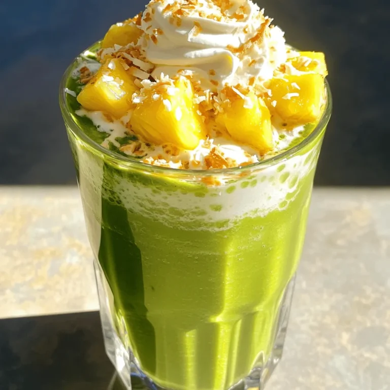 - 1 Tasse frische Ananasstücke - 1 Tasse Kokosmilch oder Mandelmilch - 1 Esslöffel Matcha-Pulver Die frischen Ananasstücke geben deinem Frappe einen süßen und fruchtigen Geschmack. Kokosmilch sorgt für eine cremige Textur und einen tropischen Flair. Matcha-Pulver bringt nicht nur Farbe, sondern auch einen kräftigen, grünen Tee-Geschmack in dein Getränk. - 1-2 Esslöffel Honig oder Agavensirup (nach Geschmack) - Schlagsahne (optional, zum Garnieren) - Geröstete Kokosnussflocken (zur Dekoration) Ein wenig Honig oder Agavensirup hilft, die Aromen zu verstärken. Wenn du magst, kannst du das Frappe mit Schlagsahne toppen. Die gerösteten Kokosnussflocken fügen einen tollen Crunch hinzu und verstärken den tropischen Geschmack. - Tassen und Esslöffel - Ersatzprodukte für Milch Für das Rezept verwende ich Tassen und Esslöffel. Wenn du keine Kokosmilch hast, ist Mandelmilch eine gute Alternative. Du kannst auch andere pflanzliche Milchsorten nutzen, die dir schmecken. Für die vollständige Anleitung und weitere Details schau dir das Full Recipe an. Zuerst schneide ich die frischen Ananasstücke. Ich benutze eine scharfe Klinge und achte darauf, die Schale gut zu entfernen. Dann messe ich die Kokosmilch und das Matcha-Pulver ab. Für die Süße wähle ich Honig oder Agavensirup und stelle sicher, dass alles bereit ist. Ich gebe die Ananasstücke und die Kokosmilch in den Mixer. Dann mixe ich die Zutaten, bis die Mischung ganz smooth ist. Danach füge ich das Matcha-Pulver, den Honig oder Agavensirup sowie die Eiswürfel hinzu. Ich mixe alles erneut, bis die Mischung schaumig ist. Wenn ich mag, probiere ich das Frappe und passe die Süße an. Ich gieße das Frappe in Gläser. Dann kann ich es mit Schlagsahne garnieren, wenn ich will. Für den letzten Schliff streue ich geröstete Kokosnussflocken darüber. So sieht das Getränk nicht nur gut aus, sondern schmeckt auch toll. Ich serviere das Frappe sofort mit einem Strohhalm oder Löffel. Für die genaue Zubereitung schau dir das Full Recipe an. Um die beste Konsistenz für dein Ananas Matcha Frappe zu erreichen, achte auf die Eiswürfel. Verwende frisches, festes Eis, um die Mischung cremig zu halten. Zerkleinertes Eis kann das Frappe wässrig machen. Die Flüssigkeitsmenge spielt auch eine große Rolle. Wenn du einen dickeren Frappe möchtest, füge weniger Kokosmilch hinzu. Probiere es aus und finde deine perfekte Mischung. Um den Geschmack deines Frappe zu verbessern, denke an zusätzliche Gewürze. Eine Prise Zimt oder eine Messerspitze Ingwer kann dem Getränk einen neuen Kick geben. Experimentiere ruhig, um deinen Favoriten zu finden. Die Wahl des Süßungsmittels ist ebenfalls wichtig. Honig bringt einen milden Geschmack, während Agavensirup süßer ist. Überlege, was dir besser gefällt und passe es nach deinem Geschmack an. Nicht alle Mixer sind gleich. Für Smoothies und Frappe empfehle ich einen Hochleistungsmixer. Diese Mixer zerkleinern die Zutaten gut und sorgen für eine cremige Textur. Ein Standmixer ist oft besser als ein Handmixer. Mit einem Standmixer kannst du größere Mengen zubereiten. Das macht das Mixen einfacher und schneller. Für die besten Ergebnisse, wähle die richtigen Werkzeuge und achte auf die Details. Tipps wie diese machen dein Ananas Matcha Frappe noch besser! Du findest das vollständige Rezept unter [Full Recipe]. {{image_4}} Um dein Frappe noch tropischer zu machen, füge frische Mango oder Papaya hinzu. Diese Früchte passen perfekt zur Ananas. Du kannst sie einfach mit der Ananas mixen. Wenn du mehr Ananasgeschmack möchtest, verwende Ananassaft anstelle von Kokosmilch. Das gibt deinem Frappe eine süße und fruchtige Note. Wenn du Matcha nicht magst, ersetze ihn durch andere Tees. Grüner Tee oder sogar Rooibos können tolle Alternativen sein. Diese Tees haben ihre eigenen Aromen und bringen neuen Schwung. Du kannst auch dein Frappe mit Ahornsirup süßen. Das gibt einen tiefen, reichen Geschmack und passt gut zu Ananas. Für eine vegane Version kannst du pflanzliche Milch verwenden. Mandel-, Soja- oder Hafermilch sind gute Optionen. Diese Milchsorten machen dein Frappe ebenso cremig. Du kannst auch die Schlagsahne weglassen oder mit einer veganen Alternative ersetzen. So bleibt dein Rezept ganz pflanzlich und lecker. Für das vollständige Rezept, schau dir die [Full Recipe] an. Um dein Ananas Matcha Frappe frisch zu halten, nutze einen luftdichten Behälter. Ein Glasbehälter oder eine Edelstahlflasche sind ideal. Diese Behälter schützen vor Luft und Licht. So bleibt dein Frappe länger lecker. Du kannst dein Frappe im Kühlschrank oder Gefrierschrank lagern. Der Kühlschrank ist perfekt für kurze Zeit. Der Gefrierschrank hält dein Frappe mehrere Wochen frisch. Denke daran, das Frappe vor dem Servieren aufzutauen. Im Kühlschrank bleibt dein Frappe bis zu zwei Tage frisch. Achte darauf, dass der Behälter gut verschlossen ist. Wenn das Frappe trüb aussieht oder einen seltsamen Geruch hat, ist es besser, es wegzuwerfen. Eine gute Regel ist es, das Frappe vor dem Trinken zu riechen und zu sehen. Das hilft dir, die Frische zu prüfen. Um Zeit zu sparen, bereite die Zutaten im Voraus vor. Schneide die Ananas und messe die Flüssigkeiten ab. Du kannst auch eine Mischung aus Ananas und Matcha im Gefrierfach aufbewahren. Fülle die Mischung in Eiswürfelformen. So hast du immer eine Portion bereit. Wenn du ein schnelles Frappe möchtest, mixe einfach die gefrorenen Würfel mit Kokosmilch. So hast du schnell dein leckeres Getränk. Für das vollständige Rezept schaue dir die [Full Recipe] an. Ein Ananas Matcha Frappe ist ein leckeres Getränk, das Ananas und Matcha kombiniert. Es ist frisch und kühl. Die Mischung aus frischer Ananas und dem grünen Tee Matcha sorgt für einen tollen Geschmack. Ursprünglich kommt Matcha aus Japan. Es wird aus gemahlenen Teeblättern gemacht. In diesem Frappe macht es das Getränk besonders gesund und energisch. Die Zutaten in einem Ananas Matcha Frappe sind sehr gesund. Frische Ananas hat viel Vitamin C. Dieses Vitamin stärkt das Immunsystem. Matcha ist reich an Antioxidantien. Diese helfen, den Körper zu schützen. Kokosmilch liefert gesunde Fette. Honig oder Agavensirup sind natürliche Süßungsmittel. Sie haben weniger Zucker als normale Süßstoffe. Insgesamt ist dieses Getränk eine nahrhafte Wahl. Viele Cafés und Restaurants bieten Ananas Matcha Frappe an. Suchen Sie nach Cafés, die auf Smoothies und Frappe spezialisiert sind. Beliebte Ketten bieten oft diesen Frappe an. Fragen Sie auch in kleinen, lokalen Cafés. Dort finden Sie oft kreative Varianten. Es lohnt sich, verschiedene Orte auszuprobieren. Ja, Sie können das Frappe ohne Matcha zubereiten. Ersetzen Sie das Matcha-Pulver durch andere Zutaten. Zum Beispiel können Sie Vanilleextrakt oder andere Tees verwenden. Dies gibt dem Frappe einen neuen Geschmack. Sie können auch mehr frische Früchte hinzufügen. Mango oder Papaya passen gut zur Ananas. Experimentieren Sie mit verschiedenen Aromen, um Ihr Lieblingsrezept zu finden. Im Blogbeitrag haben wir die Zutaten, die Zubereitung, Tipps und Variationen für einen Ananas Matcha Frappe behandelt. Sie wissen jetzt, welche frischen Zutaten notwendig sind und wie Sie die perfekte Konsistenz erzielen. Denken Sie auch an die Lagerung, um die Frische zu bewahren. Egal, ob Sie eine tropische Komponente hinzufügen oder eine vegane Version herstellen wollen, die Möglichkeiten sind endlos. Ein Ananas Matcha Frappe ist nicht nur lecker, sondern auch gesund. Genießen Sie es, kreativ zu sein und diesen erfrischenden Leckerbissen zu entdecken!