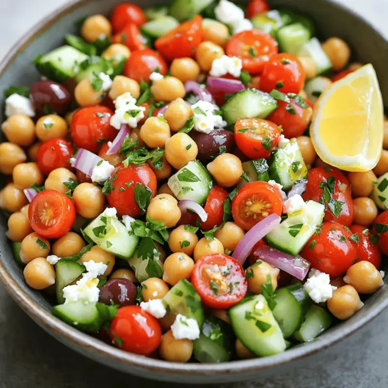 Für meinen schnellen griechischen Kichererbsensalat benötigst du einige einfache Zutaten. Diese sind: - 1 Dose (425 g) Kichererbsen, abgetropft und abgespült - 1 Tasse Kirschtomaten, halbiert - 1 kleine Salatgurke, gewürfelt - 1/2 rote Zwiebel, fein gehackt - 1/2 Tasse Kalamata-Oliven, entsteint und halbiert - 1/4 Tasse Feta-Käse, zerbröselt Diese Zutaten bringen frische Farben und Aromen in deinen Salat. Kichererbsen sind nahrhaft und geben dem Gericht Substanz. Kirschtomaten und Gurken fügen Knackigkeit hinzu. Die Zwiebel bringt eine milde Schärfe, und die Oliven geben einen salzigen Biss. Für das Dressing sind nur wenige Zutaten nötig. Diese sind: - 2 Esslöffel natives Olivenöl extra - 1 Esslöffel Rotweinessig - 1 Teelöffel getrockneter Oregano - Salz und Pfeffer nach Geschmack Das Dressing ist einfach, aber voller Geschmack. Olivenöl und Essig kombinieren sich zu einer leckeren Basis. Oregano bringt die griechische Note ins Spiel. Du kannst das Dressing nach deinem Geschmack anpassen. Um deinen Salat noch ansprechender zu machen, kannst du folgende Toppings verwenden: - Frische Petersilie zum Garnieren Ein wenig frische Petersilie verleiht dem Salat Farbe und Frische. Du kannst auch extra Feta-Käse oder Zitronenscheiben als Garnierung hinzufügen. Diese kleinen Extras machen den Salat noch schöner und leckerer. Für die vollständige Anleitung und Zubereitung, schau dir das [Full Recipe] an. Zuerst nehmen wir die Kichererbsen. Ich benutze eine Dose mit 425 g. Diese abtropfen und abspülen. Dann halbiere ich die Kirschtomaten. Eine Tasse ist genau richtig. Jetzt würfle ich eine kleine Salatgurke. Auch eine halbe rote Zwiebel wird fein gehackt. Das bringt einen tollen Geschmack. Die Kalamata-Oliven kommen als Nächstes. Ich nehme eine halbe Tasse, entsteine sie und halbiere sie. Zum Schluss zerbrösele ich 1/4 Tasse Feta-Käse. Alle diese Zutaten sind wichtig für den Salat. Für das Dressing nehme ich eine kleine Schüssel. Ich gebe 2 Esslöffel natives Olivenöl extra hinein. Dann füge ich 1 Esslöffel Rotweinessig hinzu. Das gibt dem Dressing einen schönen Kick. Ich streue 1 Teelöffel getrockneten Oregano dazu. Mit Salz und Pfeffer würze ich nach Geschmack. Jetzt rühre ich alles gut um. Es sollte gut vermischt sein. Ich nehme eine große Schüssel. Dort gebe ich die Kichererbsen, Tomaten, Gurke, Zwiebel, Oliven und Feta-Käse hinein. Jetzt kommt das Dressing. Ich träufle es gleichmäßig über die Zutaten. Dann vermenge ich alles vorsichtig. Es ist wichtig, dass das Dressing alle Zutaten erreicht. Ich schmecke ab und füge nach Bedarf mehr Salz oder Pfeffer hinzu. Vor dem Servieren garniere ich den Salat mit frischer Petersilie. So sieht der Salat frisch und einladend aus. Das macht Lust auf mehr! Für die vollständige Zubereitung schaue dir das [Full Recipe] an. Frische Zutaten sind der Schlüssel zu einem großartigen Kichererbsensalat. Wählen Sie reife Kirschtomaten. Sie geben viel Geschmack. Achten Sie auf knackige Gurken. Diese sorgen für Textur und Frische. Kalamata-Oliven sollten glänzend und fest sein. Bei Feta-Käse wählen Sie die Sorte, die Ihnen am besten gefällt. Frische Petersilie bringt Farbe und Aroma. Kaufen Sie sie am besten kurz vor der Zubereitung. Würzen ist wichtig, aber nehmen Sie sich Zeit. Mischen Sie die Gewürze gut durch. Lassen Sie den Salat nach dem Mischen für einige Minuten stehen. So können sich die Aromen entfalten. Probieren Sie den Salat vor dem Servieren. Fügen Sie mehr Salz oder Pfeffer hinzu, wenn nötig. Das Dressing kann auch etwas Olivenöl vertragen. Die Präsentation zählt! Servieren Sie den Salat in einer großen Schüssel. Das sieht einladend aus. Für einen tollen Look bestreuen Sie ihn mit mehr Feta. Fügen Sie einige Petersilienblätter hinzu. Eine Zitronenscheibe auf der Seite macht den Salat frisch und spritzig. Diese kleinen Details machen einen großen Unterschied. {{image_4}} Du kannst den Kichererbsensalat nach deinem Geschmack anpassen. Füge mehr Gemüse hinzu. Ich empfehle Paprika, Karotten oder sogar Avocado. Diese geben Farbe und Textur. Sie sind auch gesund und nährstoffreich. Wenn du mehr Protein willst, füge Hähnchen oder Thunfisch hinzu. Diese ergänzen den Salat gut. Veganer können Tofu oder Tempeh nutzen. Diese Optionen machen den Salat sättigender. Um den Salat vegan zu machen, lasse den Feta-Käse weg oder ersetze ihn durch einen pflanzlichen Käse. Du kannst auch Nüsse oder Samen hinzufügen. So bekommst du einen tollen Crunch und gesunde Fette. Für die vollständige Zubereitung und weitere Details schaue dir das [Full Recipe] an. Um den Kichererbsensalat frisch zu halten, bewahre ihn in einem luftdichten Behälter auf. Achte darauf, dass der Behälter sauber ist, um Bakterien zu vermeiden. Stelle ihn im Kühlschrank, wo die Temperatur zwischen 2 und 4 Grad Celsius liegt. So bleibt der Salat knackig und lecker. Der Kichererbsensalat hält sich im Kühlschrank etwa drei Tage. Nach dieser Zeit können die Zutaten weich werden. Überprüfe den Salat täglich, um sicherzustellen, dass er frisch bleibt. Wenn du einen unangenehmen Geruch bemerkst oder die Zutaten matschig aussehen, ist es besser, ihn wegzuwerfen. Du hast Reste vom Kichererbsensalat? Kein Problem! Du kannst ihn in ein Sandwich oder Wrap füllen. Du kannst auch eine Omelette damit füllen oder ihn auf einem Bett aus frischem Spinat servieren. So schaffst du neue, leckere Gerichte mit dem, was übrig bleibt. Der Kichererbsensalat bleibt im Kühlschrank frisch für etwa drei Tage. Die Zutaten bleiben knackig, aber der Salat schmeckt am besten frisch. Achte darauf, ihn in einem luftdichten Behälter zu lagern. So bleibt er länger gut. Ja, du kannst den Salat im Voraus machen. Bereite ihn bis zu einem Tag vorher zu. Mische das Dressing jedoch erst kurz vor dem Servieren. So bleiben die Zutaten frisch und knackig. Wenn du keinen Feta magst, gibt es viele Alternativen. Du kannst Ziegenkäse oder eine vegane Käsealternative verwenden. Auch Hummus kann eine tolle cremige Option sein. Diese Käse sorgen für einen ähnlichen Geschmack und Textur im Salat. Für einen würzigeren Kick kannst du auch geriebenen Parmesan verwenden. Für die genaue Zubereitung, schau dir das [Full Recipe] an. Der Kichererbsensalat bietet viele Variationen und eine einfache Zubereitung. Frische Zutaten sind entscheidend für den Geschmack. Geduld beim Würzen macht einen großen Unterschied. Verwende die Tipps für eine ansprechende Präsentation. Denke daran, dass du Reste gut aufbewahren kannst. Frisch oder als Meal Prep, dieser Salat ist vielseitig. Probiere neue Varianten für zusätzlichen Genuss. So bleibt dein Essen spannend und lecker.